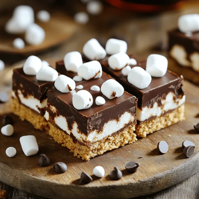 Um diese köstlichen Riegel zu machen, benötigen Sie einige einfache Zutaten: - 1 ½ Tassen Graham-Cracker-Brösel - ½ Tasse ungesüßtes Kakaopulver - 1 Tasse gesüßte Kondensmilch - 1 Tasse Mini-Marshmallows - 1 Tasse halbsüße Schokoladenstückchen - ½ Tasse Mini-Schokoladenstückchen (für das Topping) - ¼ Tasse ungesüßte Kokosraspeln (optional, für zusätzliche Textur) - Eine Prise Salz Diese Zutaten sind wichtig für den Geschmack und die Konsistenz der Riegel. Graham-Cracker-Brösel geben eine knusprige Basis. Das Kakaopulver bringt Schokoladengeschmack. Die gesüßte Kondensmilch bindet alles zusammen. Um die Riegel noch besser zu machen, können Sie zusätzliche Zutaten verwenden. Einige Ideen sind: - Nüsse wie Walnüsse oder Mandeln - Zusätzliche Schokoladensorten, wie weiße oder Zartbitterschokolade - Ein Hauch von Zimt für extra Wärme Diese Optionen erlauben es Ihnen, die Riegel nach Ihrem Geschmack anzupassen. Experimentieren Sie mit verschiedenen Zutaten und finden Sie Ihre Lieblingskombination. Achten Sie bei der Auswahl der Zutaten auf die Qualität. Verwenden Sie frische Graham-Cracker und hochwertige Schokolade. Die gesüßte Kondensmilch sollte dick und cremig sein. So gelingen die Riegel perfekt. Die Kokosraspeln sind optional, aber sie fügen eine interessante Textur hinzu. Wenn Sie die Riegel für Kinder machen, können Sie die Mini-Marshmallows in der Mischung gut verteilen, um mehr Spaß zu bieten. Ich empfehle, alle Zutaten gut vorzubereiten, bevor Sie anfangen. So bleibt der Prozess einfach und schnell. Diese No-Bake S’mores Fudge Bars sind ein wahrer Genuss. Das ganze Rezept finden Sie in der Vollversion. Um die Basis für die Riegel zu machen, brauchst du einen großen Behälter. Mixe zuerst die Graham-Cracker-Brösel, das Kakaopulver und eine Prise Salz. Rühre gut um, bis alles gut vermischt ist. Dann füge die gesüßte Kondensmilch hinzu. Mische alles gründlich, bis die Mischung feucht und klebrig ist. Diese Mischung bildet die solide Grundlage deiner Riegel. Jetzt ist es Zeit, die Schokolade zu schmelzen. Nimm eine mikrowellengeeignete Schüssel. Gib die halbsüßen Schokoladenstückchen hinein und schmelze sie in 30-Sekunden-Intervallen. Rühre nach jeder Runde gut um, bis die Schokolade glatt ist. Gieße die geschmolzene Schokolade über die Graham-Cracker-Basis in der Backform. Verteile sie gleichmäßig mit einem Spatel. Jetzt verteile die Mini-Marshmallows auf der Schokolade und füge die restliche Graham-Cracker-Mischung hinzu. Drücke diese Schicht leicht nach unten, damit sie gut haftet. Die Riegel müssen jetzt chillen. Stelle die Backform für mindestens 4 Stunden in den Kühlschrank, bis die Mischung fest ist. Nach dem Kühlen kannst du die Riegel leicht aus der Form heben, indem du am überstehenden Backpapier ziehst. Schneide die Riegel in kleine Quadrate. Diese süßen Leckerbissen sind jetzt bereit zum Genießen. Du kannst sie schön auf einer Platte anrichten und nach Belieben dekorieren. Für das perfekte Finish, träufle etwas geschmolzene Schokolade über die Riegel. Um die perfekte Konsistenz für deine No-Bake S’mores Fudge Bars zu erreichen, achte auf die Mischung. Die Graham-Cracker-Brösel, das Kakaopulver und die gesüßte Kondensmilch müssen gut verbunden sein. Wenn die Mischung zu trocken ist, füge etwas mehr Kondensmilch hinzu. Ist sie zu feucht, kannst du mehr Graham-Cracker-Brösel einrühren. Ziel ist eine feuchte, klebrige Masse, die sich gut formen lässt. Um deine Riegel frisch zu halten, lagere sie in einem luftdichten Behälter. Du kannst sie auch mit Frischhaltefolie umwickeln. So bleiben sie bis zu einer Woche lecker. Wenn du sie länger aufbewahren möchtest, friere die Riegel ein. Teile sie in Portionen und lege sie in einen Gefrierbeutel. Vor dem Verzehr einfach im Kühlschrank auftauen lassen. Um deinen S’mores Fudge Bars einen besonderen Kick zu geben, experimentiere mit anderen Zutaten. Füge Nüsse oder getrocknete Früchte hinzu, um mehr Textur zu erhalten. Du kannst auch verschiedene Schokoladensorten verwenden, wie weiße oder dunkle Schokolade. Ein Hauch von Zimt oder Vanille kann den Geschmack ebenfalls verbessern. Sei kreativ und finde die Kombis, die dir am besten gefallen! {{image_4}} Wenn du eine glutenfreie Variante machen möchtest, nutze glutenfreie Kekse. Diese Kekse sind eine tolle Wahl. Sie ersetzen die normalen Graham-Cracker gut. Du kannst auch Haferflocken verwenden, die glutenfrei sind. Achte darauf, dass das Produkt als glutenfrei gekennzeichnet ist. So genießt jeder die Riegel ohne Sorgen. Für Schokoladenliebhaber gibt es viele Wege, das Rezept zu ändern. Du kannst mehr Schokoladenstückchen hinzufügen. Probiere verschiedene Schokoladensorten, wie weiße oder dunkle Schokolade. Eine Schicht Nutella macht die Riegel noch schokoladiger. Jeder Bissen wird so zu einem Schokoladentraum. Die Toppings kannst du nach deinem Geschmack wählen. Neben Mini-Marshmallows passen Nüsse sehr gut. Auch getrocknete Früchte wie Cranberries sind lecker. Wenn du etwas Knuspriges magst, füge Karamellstückchen hinzu. So wird jede Portion einzigartig und spannend. Für die vollständige Zubereitung schaue dir das [Full Recipe] an. Um deine No-Bake S’mores Fudge Bars frisch zu halten, lege sie in einen luftdichten Behälter. Du kannst sie auch mit Frischhaltefolie umwickeln. Das schützt sie vor Feuchtigkeit und Gerüchen. Stelle den Behälter in den Kühlschrank. So bleiben die Riegel fest und lecker. Wenn du die Riegel richtig lagerst, bleiben sie bis zu zwei Wochen frisch. Sie sollten jedoch nicht zu lange draußen bleiben. Bei Raumtemperatur verlieren sie schnell ihre Konsistenz. Kühl und trocken gelagert, sind sie am besten. Wenn du die Riegel länger aufbewahren möchtest, kannst du sie einfrieren. Schneide die Riegel in Stücke und lege sie in einen gefrierfesten Behälter. Trenne die Schichten mit Backpapier, damit sie nicht zusammenkleben. Im Gefrierschrank bleiben sie bis zu drei Monate gut. Wenn du sie essen möchtest, lasse sie einfach im Kühlschrank auftauen. So bleiben sie lecker und frisch. Für das vollständige Rezept schau dir die [Full Recipe] an. Die Zubereitung dauert nur 15 Minuten. Die Riegel müssen danach für mindestens 4 Stunden kühlen. Somit beträgt die Gesamtzeit etwa 4 Stunden und 15 Minuten. Das Warten lohnt sich! Sie erhalten einen leckeren Snack, der einfach zu machen ist. Ja, Sie können die Riegel ohne Schokolade zubereiten. Verwenden Sie stattdessen mehr Graham-Cracker-Brösel oder etwas Erdnussbutter. Dies verändert den Geschmack, aber sie bleiben lecker. Experimentieren Sie mit verschiedenen Zutaten, um Ihre eigene Version zu kreieren. Ja, diese Riegel sind perfekt für Kinder. Sie enthalten keine schädlichen Zutaten. Achten Sie jedoch darauf, dass die kleinen Marshmallows nicht zu heiß werden, wenn Sie sie im Ofen oder in der Mikrowelle schmelzen. Diese Riegel sind eine süße und einfache Leckerei für die ganze Familie. Diese No-Bake S’mores Fudge Bars sind einfach und lecker. Wir haben die wichtigsten Zutaten, eine Schritt-für-Schritt-Anleitung und nützliche Tipps behandelt. Du kannst sie anpassen und mit verschiedenen Toppings experimentieren. Auch die Lagerung ist einfach, so bleiben sie lange frisch. Verpasse nicht, kreativ zu sein! Probiere neue Ideen aus und genieße die süßen Riegel mit Freunden und Familie. Dein nächster Snack wird garantiert ein Hit!