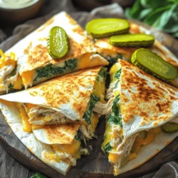 - 2 Tassen gekochtes, zerkleinertes Hühnchen - 1 Tasse Dill-Gurken, gehackt - 1 Tasse Ranch-Dressing - 2 Tassen frischer Spinat, grob gehackt - 2 Tassen geriebener Cheddar-Käse - 4 große Weizentortillas - 2 Esslöffel Olivenöl - Salz und Pfeffer nach Geschmack Ich liebe es, mit einfachen Zutaten zu arbeiten. Diese Quesadillas sind nicht nur lecker, sie sind auch schnell gemacht. Das gekochte Hühnchen bringt Protein, und die Dill-Gurken geben einen frischen Geschmack. Das Ranch-Dressing macht alles schön cremig. Frischer Spinat sorgt für Farbe und Nährstoffe. Der geriebene Cheddar-Käse schmilzt perfekt und macht die Quesadillas herzhaft. Weizentortillas sind ideal, weil sie flexibel sind und gut halten. Das Olivenöl wird beim Braten wichtig. Es hilft, eine goldene Kruste zu erreichen. Vergessen Sie nicht, Salz und Pfeffer hinzuzufügen. Sie verleihen jedem Bissen den richtigen Kick. Diese Zutaten sind leicht zu finden. Sie können sie in fast jedem Supermarkt kaufen. Schauen Sie sich auch den Full Recipe für die genaue Zubereitung an. Beginnen Sie mit der Vorbereitung der Zutaten. Sie benötigen: - 2 Tassen gekochtes, zerkleinertes Hühnchen - 1 Tasse Dill-Gurken, gehackt - 1 Tasse Ranch-Dressing - 2 Tassen frischer Spinat, grob gehackt - 2 Tassen geriebener Cheddar-Käse - 4 große Weizentortillas - 2 Esslöffel Olivenöl - Salz und Pfeffer nach Geschmack Stellen Sie auch Ihre Küchengeräte bereit. Sie brauchen eine große Rührschüssel, einen Löffel und eine beschichtete Pfanne. So sind Sie gut vorbereitet. Jetzt machen wir die Füllung. In einer großen Rührschüssel vermengen Sie das zerkleinerte Hühnchen, die gehackten Gurken, das Ranch-Dressing und den Spinat. Rühren Sie alles gut um. Achten Sie darauf, dass die Mischung gleichmäßig ist. Fügen Sie etwas Salz und Pfeffer hinzu, um den Geschmack zu verfeinern. Diese Mischung macht die Füllung frisch und lecker. Legen Sie die Weizentortillas auf eine saubere Fläche. Bestreuen Sie eine Hälfte jeder Tortilla mit geriebenem Cheddar-Käse. Dann geben Sie eine gute Menge der Hühnchen-Gurken-Mischung darauf. Toppen Sie das Ganze mit etwas mehr Käse. Falten Sie die Tortillas vorsichtig, bis sie die Form eines Halbmondes haben. Erhitzen Sie eine beschichtete Pfanne bei mittlerer Hitze und fügen Sie 1 Esslöffel Olivenöl hinzu. Wenn das Öl heiß ist, legen Sie die Quesadillas in die Pfanne. Braten Sie sie etwa 3-4 Minuten auf einer Seite. Sie sollten goldbraun sein und der Käse muss schmelzen. Wenden Sie die Quesadillas vorsichtig und braten Sie sie weitere 3-4 Minuten. Wiederholen Sie diesen Schritt mit den restlichen Quesadillas. Lassen Sie sie nach dem Garen eine Minute abkühlen, bevor Sie sie in Dreiecke schneiden. Sie können das vollständige Rezept für weitere Details und Tipps aufrufen. Um die perfekte Quesadilla zu machen, achte auf die Hitze. Brate sie bei mittlerer Hitze. So wird die Kruste goldbraun und knusprig. Ein Deckel hilft, den Käse gleichmäßig zu schmelzen. Dadurch bleibt die Füllung warm und lecker. Falls du vegetarisch essen möchtest, ersetze das Hühnchen durch schwarze Bohnen oder Tofu. Diese Optionen geben dir Protein und Geschmack. Für mehr Geschmack kannst du Gewürze hinzufügen. Paprika, Kreuzkümmel oder Chili-Pulver passen gut dazu. Serviere deine Quesadillas mit Beilagen. Salsa, Guacamole oder saure Sahne sind tolle Dips. Du kannst auch einen frischen Salat oder gebratene Gemüse dazugeben. Diese Kombination macht deine Mahlzeit noch bunter und schmackhafter. Probiere die Full Recipe für eine detaillierte Anleitung! {{image_4}} Um deine Pickle Ranch Chicken und Spinach Quesadillas noch besser zu machen, kannst du einige zusätzliche Füllungen hinzufügen. Hier sind einige Vorschläge: - Avocado: Die cremige Textur passt gut zu den anderen Zutaten. - Paprika: Frische, knackige Paprika sorgt für eine schöne Farbe und zusätzlichen Geschmack. - Zwiebeln: Gegrillte Zwiebeln bringen eine süße Note, die super harmoniert. - Jalapeños: Für einen scharfen Kick kannst du einige gehackte Jalapeños hinzufügen. - Frischkäse: Ein wenig Frischkäse macht die Füllung besonders cremig. Experimentiere mit diesen Zutaten und finde deine perfekte Mischung! Ranch-Dressing ist großartig, aber du kannst auch andere Dressings ausprobieren. Hier sind einige Alternativen: - Sauerrahm: Ein einfacher und leckerer Ersatz für Ranch. - BBQ-Sauce: Gibt den Quesadillas einen rauchigen Geschmack. - Vinaigrette: Eine leichte Option für frische Aromen. Beachte jedoch, dass nicht jedes Dressing gleich gut funktioniert. Zum Beispiel kann ein flüssigeres Dressing die Quesadillas matschig machen. Achte darauf, die Textur deiner Füllung im Blick zu behalten. Um Reste der Pickle Ranch Chicken und Spinach Quesadillas richtig aufzubewahren, folge diesen Schritten: - Lass die Quesadillas zuerst abkühlen. - Wickel sie in Frischhaltefolie oder lege sie in einen luftdichten Behälter. - Im Kühlschrank halten sie sich bis zu drei Tage. - Für eine längere Lagerung kannst du sie einfrieren. - Lege die Quesadillas in einen gefrierfesten Beutel und drücke die Luft heraus. - Im Gefrierschrank bleiben sie bis zu drei Monate frisch. Um die Quesadillas perfekt wieder zu erwärmen, beachte diese Tipps: - Nutze eine Pfanne für die beste Textur. - Erhitze die Pfanne bei mittlerer Hitze und füge etwas Öl hinzu. - Lege die gefrorenen oder gekühlten Quesadillas in die Pfanne. - Brate sie für etwa 3-4 Minuten pro Seite. - Achte darauf, dass der Käse wieder schmilzt und die Tortilla knusprig wird. Wenn du die Quesadillas im Ofen erwärmen möchtest, lege sie auf ein Backblech. Backe sie bei 180 Grad Celsius für 10-15 Minuten. So bleiben sie warm und knusprig. Quesadillas bleiben im Kühlschrank etwa 3 bis 4 Tage frisch. Sie sollten in einem luftdichten Behälter aufbewahrt werden. Im Gefrierschrank halten sie bis zu 2 Monate. Wickeln Sie sie gut in Frischhaltefolie. So bleiben sie schmackhaft und frisch. Ja, Sie können die Quesadillas im Ofen backen. Heizen Sie den Ofen auf 200 °C vor. Legen Sie die gefüllten Tortillas auf ein Backblech. Backen Sie sie für etwa 10 bis 15 Minuten. Wenden Sie sie nach der Hälfte der Zeit, um beide Seiten knusprig zu machen. Sie können die Füllung im Voraus zubereiten. Lagern Sie sie in einem Behälter im Kühlschrank. Füllen Sie die Tortillas kurz vor dem Kochen. So bleibt die Quesadilla frisch und lecker. Sie können auch die gefüllten Quesadillas bis zu einem Tag im Voraus vorbereiten. Köstliche Beilagen sind Salsa, Guacamole und saure Sahne. Diese Dips ergänzen die Quesadillas perfekt. Für einen frischen Touch können Sie auch einen Salat oder frisches Gemüse servieren. Diese Beilagen machen Ihr Gericht noch besser. Diese Quesadillas sind einfach zuzubereiten und köstlich. Wir haben die Zutaten aufgelistet, die du brauchst: Hühnchen, Gurken, Spinat und Käse. Die Schritt-für-Schritt-Anleitung macht es leicht, die Füllung zu mixen und die Tortillas knusprig zu braten. Denke an die Tipps für die perfekte Kruste und die vielen Variationen, die du ausprobieren kannst. Lass deine Kreativität spielen, wenn es um Füllungen und Dips geht! Mit diesen einfachen Schritten bereitest du ein Gericht zu, das alle lieben werden.