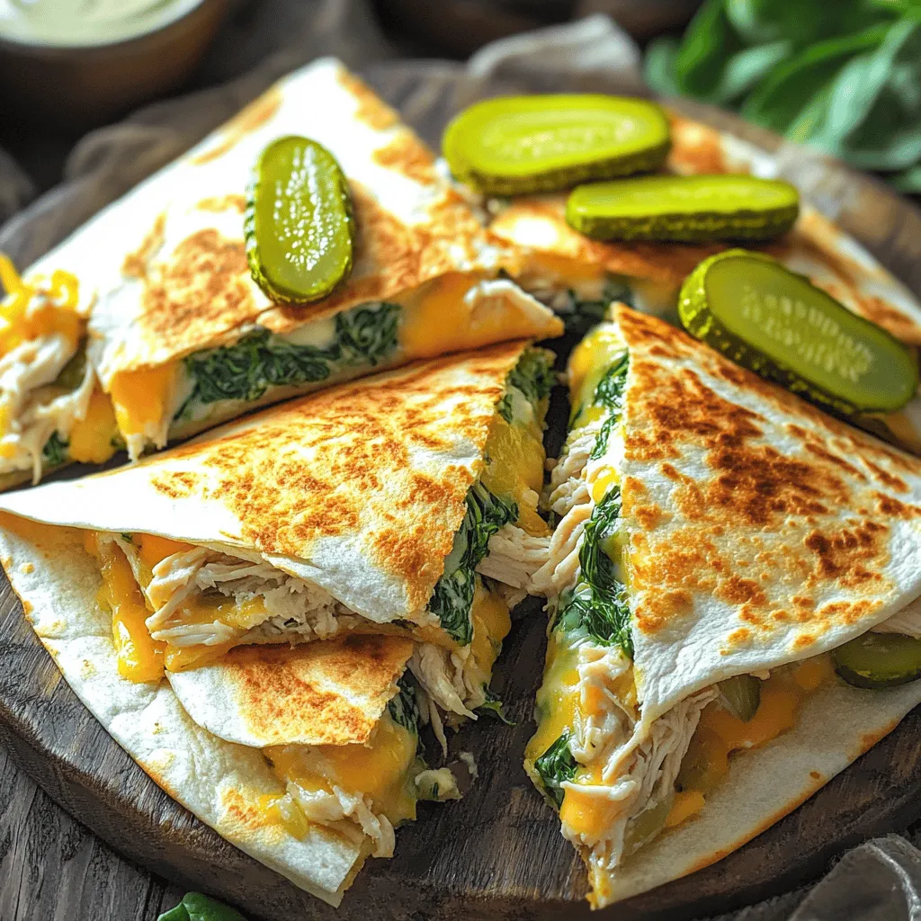 - 2 Tassen gekochtes, zerkleinertes Hühnchen - 1 Tasse Dill-Gurken, gehackt - 1 Tasse Ranch-Dressing - 2 Tassen frischer Spinat, grob gehackt - 2 Tassen geriebener Cheddar-Käse - 4 große Weizentortillas - 2 Esslöffel Olivenöl - Salz und Pfeffer nach Geschmack Ich liebe es, mit einfachen Zutaten zu arbeiten. Diese Quesadillas sind nicht nur lecker, sie sind auch schnell gemacht. Das gekochte Hühnchen bringt Protein, und die Dill-Gurken geben einen frischen Geschmack. Das Ranch-Dressing macht alles schön cremig. Frischer Spinat sorgt für Farbe und Nährstoffe. Der geriebene Cheddar-Käse schmilzt perfekt und macht die Quesadillas herzhaft. Weizentortillas sind ideal, weil sie flexibel sind und gut halten. Das Olivenöl wird beim Braten wichtig. Es hilft, eine goldene Kruste zu erreichen. Vergessen Sie nicht, Salz und Pfeffer hinzuzufügen. Sie verleihen jedem Bissen den richtigen Kick. Diese Zutaten sind leicht zu finden. Sie können sie in fast jedem Supermarkt kaufen. Schauen Sie sich auch den Full Recipe für die genaue Zubereitung an. Beginnen Sie mit der Vorbereitung der Zutaten. Sie benötigen: - 2 Tassen gekochtes, zerkleinertes Hühnchen - 1 Tasse Dill-Gurken, gehackt - 1 Tasse Ranch-Dressing - 2 Tassen frischer Spinat, grob gehackt - 2 Tassen geriebener Cheddar-Käse - 4 große Weizentortillas - 2 Esslöffel Olivenöl - Salz und Pfeffer nach Geschmack Stellen Sie auch Ihre Küchengeräte bereit. Sie brauchen eine große Rührschüssel, einen Löffel und eine beschichtete Pfanne. So sind Sie gut vorbereitet. Jetzt machen wir die Füllung. In einer großen Rührschüssel vermengen Sie das zerkleinerte Hühnchen, die gehackten Gurken, das Ranch-Dressing und den Spinat. Rühren Sie alles gut um. Achten Sie darauf, dass die Mischung gleichmäßig ist. Fügen Sie etwas Salz und Pfeffer hinzu, um den Geschmack zu verfeinern. Diese Mischung macht die Füllung frisch und lecker. Legen Sie die Weizentortillas auf eine saubere Fläche. Bestreuen Sie eine Hälfte jeder Tortilla mit geriebenem Cheddar-Käse. Dann geben Sie eine gute Menge der Hühnchen-Gurken-Mischung darauf. Toppen Sie das Ganze mit etwas mehr Käse. Falten Sie die Tortillas vorsichtig, bis sie die Form eines Halbmondes haben. Erhitzen Sie eine beschichtete Pfanne bei mittlerer Hitze und fügen Sie 1 Esslöffel Olivenöl hinzu. Wenn das Öl heiß ist, legen Sie die Quesadillas in die Pfanne. Braten Sie sie etwa 3-4 Minuten auf einer Seite. Sie sollten goldbraun sein und der Käse muss schmelzen. Wenden Sie die Quesadillas vorsichtig und braten Sie sie weitere 3-4 Minuten. Wiederholen Sie diesen Schritt mit den restlichen Quesadillas. Lassen Sie sie nach dem Garen eine Minute abkühlen, bevor Sie sie in Dreiecke schneiden. Sie können das vollständige Rezept für weitere Details und Tipps aufrufen. Um die perfekte Quesadilla zu machen, achte auf die Hitze. Brate sie bei mittlerer Hitze. So wird die Kruste goldbraun und knusprig. Ein Deckel hilft, den Käse gleichmäßig zu schmelzen. Dadurch bleibt die Füllung warm und lecker. Falls du vegetarisch essen möchtest, ersetze das Hühnchen durch schwarze Bohnen oder Tofu. Diese Optionen geben dir Protein und Geschmack. Für mehr Geschmack kannst du Gewürze hinzufügen. Paprika, Kreuzkümmel oder Chili-Pulver passen gut dazu. Serviere deine Quesadillas mit Beilagen. Salsa, Guacamole oder saure Sahne sind tolle Dips. Du kannst auch einen frischen Salat oder gebratene Gemüse dazugeben. Diese Kombination macht deine Mahlzeit noch bunter und schmackhafter. Probiere die Full Recipe für eine detaillierte Anleitung! {{image_4}} Um deine Pickle Ranch Chicken und Spinach Quesadillas noch besser zu machen, kannst du einige zusätzliche Füllungen hinzufügen. Hier sind einige Vorschläge: - Avocado: Die cremige Textur passt gut zu den anderen Zutaten. - Paprika: Frische, knackige Paprika sorgt für eine schöne Farbe und zusätzlichen Geschmack. - Zwiebeln: Gegrillte Zwiebeln bringen eine süße Note, die super harmoniert. - Jalapeños: Für einen scharfen Kick kannst du einige gehackte Jalapeños hinzufügen. - Frischkäse: Ein wenig Frischkäse macht die Füllung besonders cremig. Experimentiere mit diesen Zutaten und finde deine perfekte Mischung! Ranch-Dressing ist großartig, aber du kannst auch andere Dressings ausprobieren. Hier sind einige Alternativen: - Sauerrahm: Ein einfacher und leckerer Ersatz für Ranch. - BBQ-Sauce: Gibt den Quesadillas einen rauchigen Geschmack. - Vinaigrette: Eine leichte Option für frische Aromen. Beachte jedoch, dass nicht jedes Dressing gleich gut funktioniert. Zum Beispiel kann ein flüssigeres Dressing die Quesadillas matschig machen. Achte darauf, die Textur deiner Füllung im Blick zu behalten. Um Reste der Pickle Ranch Chicken und Spinach Quesadillas richtig aufzubewahren, folge diesen Schritten: - Lass die Quesadillas zuerst abkühlen. - Wickel sie in Frischhaltefolie oder lege sie in einen luftdichten Behälter. - Im Kühlschrank halten sie sich bis zu drei Tage. - Für eine längere Lagerung kannst du sie einfrieren. - Lege die Quesadillas in einen gefrierfesten Beutel und drücke die Luft heraus. - Im Gefrierschrank bleiben sie bis zu drei Monate frisch. Um die Quesadillas perfekt wieder zu erwärmen, beachte diese Tipps: - Nutze eine Pfanne für die beste Textur. - Erhitze die Pfanne bei mittlerer Hitze und füge etwas Öl hinzu. - Lege die gefrorenen oder gekühlten Quesadillas in die Pfanne. - Brate sie für etwa 3-4 Minuten pro Seite. - Achte darauf, dass der Käse wieder schmilzt und die Tortilla knusprig wird. Wenn du die Quesadillas im Ofen erwärmen möchtest, lege sie auf ein Backblech. Backe sie bei 180 Grad Celsius für 10-15 Minuten. So bleiben sie warm und knusprig. Quesadillas bleiben im Kühlschrank etwa 3 bis 4 Tage frisch. Sie sollten in einem luftdichten Behälter aufbewahrt werden. Im Gefrierschrank halten sie bis zu 2 Monate. Wickeln Sie sie gut in Frischhaltefolie. So bleiben sie schmackhaft und frisch. Ja, Sie können die Quesadillas im Ofen backen. Heizen Sie den Ofen auf 200 °C vor. Legen Sie die gefüllten Tortillas auf ein Backblech. Backen Sie sie für etwa 10 bis 15 Minuten. Wenden Sie sie nach der Hälfte der Zeit, um beide Seiten knusprig zu machen. Sie können die Füllung im Voraus zubereiten. Lagern Sie sie in einem Behälter im Kühlschrank. Füllen Sie die Tortillas kurz vor dem Kochen. So bleibt die Quesadilla frisch und lecker. Sie können auch die gefüllten Quesadillas bis zu einem Tag im Voraus vorbereiten. Köstliche Beilagen sind Salsa, Guacamole und saure Sahne. Diese Dips ergänzen die Quesadillas perfekt. Für einen frischen Touch können Sie auch einen Salat oder frisches Gemüse servieren. Diese Beilagen machen Ihr Gericht noch besser. Diese Quesadillas sind einfach zuzubereiten und köstlich. Wir haben die Zutaten aufgelistet, die du brauchst: Hühnchen, Gurken, Spinat und Käse. Die Schritt-für-Schritt-Anleitung macht es leicht, die Füllung zu mixen und die Tortillas knusprig zu braten. Denke an die Tipps für die perfekte Kruste und die vielen Variationen, die du ausprobieren kannst. Lass deine Kreativität spielen, wenn es um Füllungen und Dips geht! Mit diesen einfachen Schritten bereitest du ein Gericht zu, das alle lieben werden.