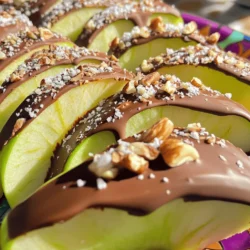 Um die perfekten schokoladengetauchten Apfelscheiben zu machen, brauchen wir: - 2 große Äpfel (jede Sorte nach Wahl, bevorzugt knackig) - 1 Tasse halbsüße Schokoladenstückchen - 2 Esslöffel Kokosöl - 1/4 Teelöffel Meersalz Diese Zutaten bilden die Basis für unser Rezept. Äpfel sind frisch und knackig. Sie geben den besten Geschmack. Um deinem Snack einen besonderen Touch zu geben, kannst du noch mehr Zutaten hinzufügen: - 1/4 Tasse gehackte Nüsse (z. B. Mandeln oder Pistazien) - 1/4 Tasse ungesüßte Kokosraspeln - Optional: 1 Teelöffel Zimt zum Bestreuen Diese Extras bringen mehr Geschmack und Textur. Nüsse und Kokosraspeln machen die Apfelscheiben noch besser. Ein schnelles Topping macht deine Apfelscheiben noch leckerer: - Schmelze etwas Schokolade und träufle sie über die fertigen Apfelscheiben. - Füge eine Prise Meersalz hinzu, um den süßen Geschmack auszugleichen. Das einfache Topping sorgt für einen zusätzlichen Kick. Du kannst auch andere Toppings ausprobieren, um Abwechslung zu schaffen. Für das komplette Rezept, schau dir die [Full Recipe] an. Zuerst waschen Sie die Äpfel gut. Trocknen Sie sie mit einem Handtuch. Schneiden Sie jeden Apfel in dicke Scheiben, etwa 0,6 cm dick. Entfernen Sie das Kerngehäuse, da es nicht gut schmeckt. Wenn Sie möchten, legen Sie die Apfelscheiben in Wasser mit Zitronensaft. Dies hilft, dass sie nicht braun werden. Lassen Sie die Scheiben für 5 Minuten einweichen und tupfen Sie sie danach vorsichtig trocken. Jetzt kommt der spaßige Teil! Nehmen Sie eine mikrowellengeeignete Schüssel. Geben Sie die halbsüßen Schokoladenstückchen und das Kokosöl hinein. Stellen Sie die Schüssel in die Mikrowelle. Erhitzen Sie die Mischung in 30-Sekunden-Intervallen. Vergessen Sie nicht, nach jeder Runde umzurühren. So wird die Schokolade schön glatt und gleichmäßig. Achten Sie darauf, dass die Schokolade nicht zu heiß wird, sonst wird sie klumpig. Nehmen Sie eine Apfelscheibe und halten Sie sie am Rand. Tauchen Sie sie in die geschmolzene Schokolade. Lassen Sie die überschüssige Schokolade abtropfen. Legen Sie die getauchte Apfelscheibe auf ein Backblech mit Backpapier. Wiederholen Sie dies mit allen Scheiben. Jetzt kommt der letzte Schliff! Während die Schokolade noch feucht ist, streuen Sie die gehackten Nüsse und die Kokosraspeln darüber. Vergessen Sie nicht, eine Prise Meersalz hinzuzufügen. Wenn Sie mögen, streuen Sie etwas Zimt für extra Geschmack. Stellen Sie das Blech in den Kühlschrank. Lassen Sie die Schokolade für etwa 30 Minuten fest werden, bis sie hart ist. Die Wahl der Schokolade ist sehr wichtig. Ich empfehle, halbsüße Schokoladenstückchen zu verwenden. Sie bieten eine gute Balance zwischen Süße und bitterem Geschmack. Dunkle Schokolade bringt einen intensiven Geschmack. Wenn Sie es süßer mögen, wählen Sie Milchschokolade. Achten Sie darauf, dass die Schokolade von guter Qualität ist. So schmecken Ihre Apfelscheiben noch besser. Braune Apfelscheiben sehen nicht appetitlich aus. Um dies zu verhindern, legen Sie die geschnittenen Äpfel in eine Mischung aus Wasser und Zitronensaft. Lassen Sie sie für fünf Minuten einweichen. Danach tupfen Sie die Äpfel trocken. Diese Methode hilft, die frische Farbe der Äpfel zu bewahren. So bleiben sie lange schön. Eine ansprechende Präsentation macht Ihre Schokoladengetauchten Apfelscheiben besonders. Verwenden Sie eine große, weiße Platte für einen schönen Kontrast. Arrangieren Sie die Scheiben in einem Kreis oder in Reihen. Fügen Sie frische Minze oder essbare Blumen hinzu. Das macht die Präsentation lebendig. Sie können auch verschiedene Toppings verwenden. So sehen die Apfelscheiben noch verlockender aus. {{image_4}} Du kannst verschiedene Schokoladensorten für deine Apfelscheiben verwenden. Halbsüße Schokolade passt gut, aber auch dunkle oder weiße Schokolade sind lecker. Dunkle Schokolade hat einen intensiven Geschmack und weniger Zucker. Weiße Schokolade ist süßer und cremiger. Probiere, die Schokolade nach deinem Geschmack zu mischen. Eine Mischung aus dunkler und weißer Schokolade sieht auch toll aus! Toppings machen deine Schokoladengetauchten Apfelscheiben spannend. Neben Nüssen kannst du auch Trockenfrüchte verwenden. Getrocknete Cranberries oder Aprikosen bringen eine fruchtige Note. Für einen knusprigen Biss sind gehackte Mandeln oder Haselnüsse ideal. Du kannst auch etwas Zimt oder Kakaopulver darüberstreuen. Es gibt viele Möglichkeiten, um deine Apfelscheiben zu verfeinern. Für Allergiker gibt es viele Alternativen. Verwende dunkle Schokolade ohne Milch, um laktosefrei zu bleiben. Statt Nüssen kannst du Sonnenblumenkerne nutzen. Diese sind nussfrei und trotzdem knusprig. Wenn du eine glutenfreie Variante suchst, sind die Apfelscheiben perfekt. Sie sind von Natur aus glutenfrei. Diese Anpassungen machen das Rezept für alle zugänglich. Schau dir das [Full Recipe] an, um zu sehen, wie einfach die Zubereitung ist! Schokoladengetauchte Apfelscheiben halten sich gut. Sie bleiben frisch für etwa 3 bis 5 Tage. Lagern Sie sie im Kühlschrank. Achten Sie darauf, sie in einem luftdichten Behälter aufzubewahren. So bleibt die Schokolade knusprig und die Äpfel saftig. Die besten Bedingungen für die Lagerung sind kühl und trocken. Warme Temperaturen können die Schokolade schmelzen. Vermeiden Sie es, die Scheiben in der Nähe von Obst oder Gemüse zu lagern. Diese können Feuchtigkeit abgeben und die Apfel-Scheiben weich machen. Ein Kühlschrank ist ideal. Wenn Sie für eine Party vorbereiten, machen Sie die Apfelscheiben einen Tag vorher. So haben Sie mehr Zeit, um sich um andere Dinge zu kümmern. Stellen Sie sicher, dass Sie genug Platz im Kühlschrank haben. Richten Sie die Schokoladengetauchten Apfelscheiben auf einer schönen Platte an. Das macht einen tollen Eindruck. Sie können auch verschiedene Toppings verwenden, um die Vielfalt zu zeigen. Probieren Sie Nüsse oder Kokosraspeln für mehr Geschmack. So wird jede Scheibe ein Hit! Um schokoladengetauchte Apfelscheiben zu machen, brauchst du frische Äpfel. Wasche und schneide die Äpfel in Scheiben. Schmelze dann halbsüße Schokoladenstückchen mit etwas Kokosöl. Tauche jede Apfelscheibe in die geschmolzene Schokolade. Lass die überschüssige Schokolade abtropfen und lege die Scheiben auf Backpapier. Du kannst sie nach Belieben mit Nüssen oder Kokosraspeln bestreuen. Die Schokolade muss dann im Kühlschrank fest werden. Ja, die Äpfel können im Voraus vorbereitet werden. Du kannst sie bis zu einem Tag vorher schneiden. Um das Braunwerden zu verhindern, lege sie in Wasser mit etwas Zitronensaft. Trockne sie gut ab, bevor du sie in Schokolade tauchst. So bleiben die Äpfel frisch und lecker. Für schokoladengetauchte Apfelscheiben sind knackige Äpfel die beste Wahl. Sorten wie Granny Smith oder Jonagold funktionieren gut. Sie bieten einen tollen Geschmack und eine schöne Textur. Du kannst auch andere Sorten ausprobieren, je nach deinem Geschmack. Experimentiere, um deine Lieblingskombination zu finden. Schokoladengetauchte Apfelscheiben sind einfach und lecker. Wir haben die wichtigsten Zutaten, Schritte und Tipps besprochen. Wähle deine Schokolade gut, um braune Äpfel zu vermeiden. Das Topping macht deinen Snack besonders. Die Lagerung ist wichtig, um die Frische zu bewahren. Egal, ob für eine Party oder einen Snack, diese Apfelscheiben sind ein Hit. Zeige deine Kreativität mit Variationen. Jetzt bist du bereit, deine eigenen köstlichen Apfelscheiben zu machen!