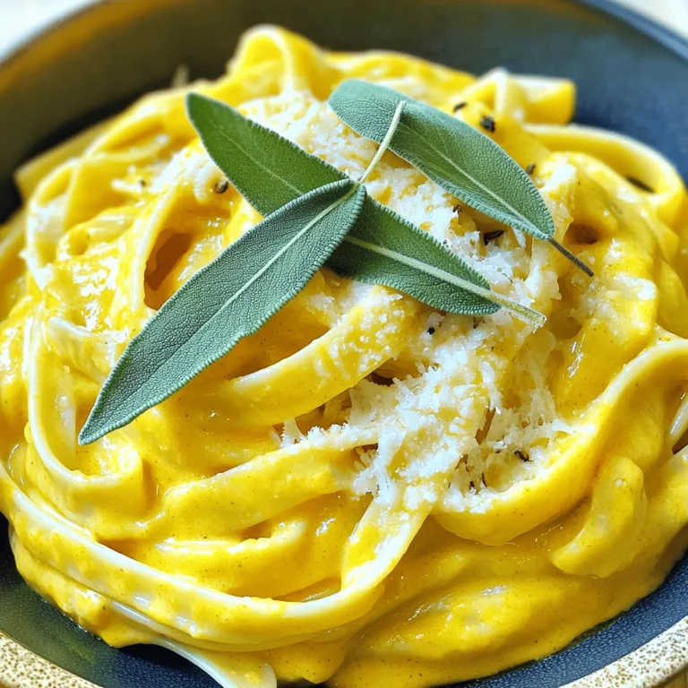 - 340 g Fettuccine-Nudeln - 240 ml Kürbispüree - 240 ml Sahne - 50 g frisch geriebener Parmesan - 30 g Butter - 2 Knoblauchzehen - 1/2 Teelöffel Muskatnuss - Salz und Pfeffer - Frische Salbeiblätter (optional) Um ein köstliches Creamy Pumpkin Alfredo zu machen, brauchst du einige einfache Zutaten. Die Fettuccine-Nudeln bilden die Basis des Gerichts. Du kannst frisches Kürbispüree aus der Saison oder das aus der Dose verwenden. Die Sahne sorgt für die cremige Textur. Parmesan bringt einen herzhaften Geschmack. Die Butter und der Knoblauch verleihen dem Gericht mehr Tiefe. Muskatnuss bringt einen warmen, würzigen Ton. Vergiss nicht, Salz und Pfeffer für den perfekten Geschmack hinzuzufügen. Frische Salbeiblätter sind eine großartige Option für die Garnitur und verleihen dem Gericht Farbe und Aroma. Du kannst die Zutaten leicht anpassen, je nach dem, was du magst oder zur Hand hast. Wenn du die Zutaten bereit hast, bist du bereit für den nächsten Schritt. Um das volle Rezept zu sehen, schau dir [Full Recipe] an. Um die Fettuccine perfekt zu kochen, bringe zuerst einen großen Topf mit Wasser zum Kochen. Füge viel Salz hinzu, damit die Nudeln gut gewürzt sind. Gib die Fettuccine hinein und koche sie gemäß der Packungsanweisung al dente. Das bedeutet, sie sollten weich, aber noch bissfest sein. Nach dem Kochen, gieße die Nudeln ab, aber bewahre eine Tasse des Nudelwassers auf. Das Wasser hilft später, die Sauce zu binden. Für die Sauce kannst du frisches Kürbispüree oder das aus der Dose verwenden. Beide sind lecker. In einer großen Pfanne erhitzt du die Butter bei mittlerer Hitze. Füge den fein gehackten Knoblauch hinzu und brate ihn etwa eine Minute, bis er duftet. Achte darauf, dass er nicht verbrennt. Dann rühre das Kürbispüree und die Sahne ein. Mische alles gut, bis es glatt ist. Reduziere die Hitze auf niedrig, bevor du den frisch geriebenen Parmesan, die Muskatnuss, Salz und Pfeffer hinzufügst. Rühre weiter, bis der Käse schmilzt und die Sauce schön cremig wird. Falls die Sauce zu dick ist, füge etwas vom aufbewahrten Nudelwasser hinzu. Jetzt kommt der spaßige Teil! Gib die gekochten Fettuccine in die Kürbis-Alfredo-Sauce. Vermenge alles gut, sodass die Nudeln gleichmäßig mit der Sauce bedeckt sind. Lass das Gericht für 2-3 Minuten erhitzen. Serviere die Fettuccine sofort. Du kannst sie mit extra Parmesan und frischen Salbeiblättern garnieren. So sieht dein Gericht nicht nur gut aus, sondern schmeckt auch großartig! Um die perfekte Konsistenz der Sauce zu erreichen, ist Nudelwasser dein bester Freund. Wenn die Sauce zu dick ist, kannst du einfach ein wenig von dem aufbewahrten Nudelwasser hinzufügen. Das Wasser hat Stärke, die hilft, die Sauce cremiger zu machen. Dies ist ein einfacher Trick, um die richtige Textur zu finden. Du kannst die Sauce nach deinem Geschmack anpassen. Ein Spritzer Zitronensaft bringt Frische. Wenn du es würziger magst, füge eine Prise Chili oder Pfeffer hinzu. Auch frisch gehackte Kräuter wie Thymian oder Oregano sind tolle Optionen. Experimentiere mit verschiedenen Gewürzen, um deine perfekte Kombination zu finden. Beim Servieren der Creamy Pumpkin Alfredo ist die Präsentation wichtig. Verwende große Teller oder Schalen. Verteile die Pasta gleichmäßig und sorge dafür, dass die Sauce schön sichtbar ist. Garnieren kannst du mit zusätzlichem Parmesan und frischen Salbeiblättern. Dies sieht nicht nur gut aus, sondern gibt auch einen tollen Geschmack. Du findest das vollständige Rezept [hier](#). {{image_4}} Wenn du eine vegane Version machen möchtest, gibt es tolle Alternativen. Statt Sahne kannst du Kokosmilch oder Cashewcreme verwenden. Diese Optionen geben eine cremige Textur. Für den Parmesan gibt es viele pflanzliche Käsesorten. Sie sind lecker und passen perfekt zu diesem Gericht. Du kannst das Rezept nach deinem Geschmack anpassen. Füge etwas Spinat oder Brokkoli hinzu, um Gemüse einzubringen. Auch gebratene Pilze sind eine gute Wahl. Wenn du mehr Protein möchtest, probiere gebratene Kichererbsen oder Tofu. Das macht das Gericht nahrhafter und bunter. Wenn du es schärfer magst, gibt es einfache Tipps. Füge rote Pfefferflocken in die Sauce. Ein paar Tropfen scharfe Soße bringen mehr Kick. Auch frischer Ingwer kann eine tolle Note geben. Sei mutig und passe die Schärfe nach deinem Geschmack an. Um die Reste von Creamy Pumpkin Alfredo richtig zu lagern, stelle sicher, dass sie abgekühlt sind. Verwende einen luftdichten Behälter. So bleiben die Aromen frisch. Stelle den Behälter in den Kühlschrank. Diese Methode hilft, die Sauce und die Nudeln zu schützen. Wenn du die Reste aufwärmen möchtest, nutze eine Pfanne. Erhitze sie bei mittlerer Hitze. Füge einen Spritzer Wasser oder etwas Sahne hinzu. Das hilft, die Sauce cremig zu halten. Rühre oft, damit nichts anbrennt. Du kannst auch die Mikrowelle nutzen. Erwärme die Reste in kurzen Intervallen. Die Reste sind bis zu drei Tage im Kühlschrank genießbar. Achte darauf, sie gut zu lagern. Nach drei Tagen könnte der Geschmack leiden. Wenn du unsicher bist, rieche daran. Bei unangenehmem Geruch, verwende das Gericht nicht mehr. Die Zubereitungszeit für Creamy Pumpkin Alfredo beträgt 10 Minuten. Die Gesamtzeit, inklusive Kochen der Nudeln, ist etwa 30 Minuten. Das ist schnell und einfach. So bleibt mehr Zeit zum Genießen! Ja, du kannst das Rezept im Voraus zubereiten. Koche die Fettuccine und die Sauce getrennt. Bewahre die Sauce im Kühlschrank auf. Du kannst sie dann aufwärmen, wenn du bereit bist zu essen. Achte darauf, die Nudeln frisch zu kochen. Das gibt den besten Geschmack! Zu Creamy Pumpkin Alfredo passen viele Beilagen. Ein frischer grüner Salat ist eine gute Wahl. Auch knuspriges Brot passt gut dazu. Als Getränk empfehle ich einen leichten Weißwein oder spritziges Wasser. Das ergänzt das Gericht perfekt. Dieses Rezept für cremige Kürbis-Alfredo bietet einfache Zutaten und klare Schritte. Wir haben gelernt, wie man die Pasta kocht und eine reichhaltige Sauce zubereitet. Tipps zur Konsistenz und Geschmack machen das Gericht besonders. Mit Variationen und Aufbewahrungshinweisen bleibt die Freude am Kochen erhalten. Experimentiere mit deinem zusätzlichen Gemüse oder probiere die vegane Option. So gelingt dir ein köstliches Essen, das immer wieder begeistert.