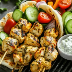 Um ein köstliches Hähnchen Souvlaki zu machen, benötigst du ein paar wichtige Zutaten. Hier sind die Hauptzutaten: - 450g Hähnchenbrustfilet, in 2,5 cm große Würfel geschnitten - 3 Esslöffel Olivenöl - 2 Esslöffel Zitronensaft - 2 Teelöffel getrockneter Oregano - 2 Knoblauchzehen, fein gehackt - Salz und Pfeffer nach Geschmack - 4 Spieße (aus Holz oder Metall) Diese Zutaten bilden die Basis für deinen leckeren Grillgenuss. Die Hähnchenbrust ist zart und perfekt für das Grillen. Die Marinade ist der Schlüssel zum Geschmack. Hier sind die Zutaten für die Marinade: - 3 Esslöffel Olivenöl - 2 Esslöffel Zitronensaft - 2 Teelöffel getrockneter Oregano - 2 Knoblauchzehen, fein gehackt - Salz und Pfeffer nach Geschmack Diese Mischung verleiht dem Hähnchen ein tolles Aroma. Das Olivenöl macht das Fleisch saftig, und der Zitronensaft sorgt für Frische. Beim Servieren des Souvlaki gibt es viele tolle Möglichkeiten. Ich empfehle: - Pita-Brot zum Servieren - Frisches Gemüse (Gurken, Tomaten, rote Zwiebel) zur Garnitur - Tzatziki-Soße zum Dippen Das Pita-Brot wirkt wie eine essbare Tasche für das Hähnchen. Das frische Gemüse gibt einen schönen Crunch. Tzatziki rundet das Ganze ab und sorgt für einen kühlen, cremigen Geschmack. Du kannst die ganze Kombination auch auf einem großen Teller anrichten. So wird das Essen noch ansprechender. Für das vollständige Rezept schau dir die Anleitung an. Um die besten Aromen zu erhalten, marinieren wir das Hähnchen. Zuerst mische ich in einer Schüssel 3 Esslöffel Olivenöl, 2 Esslöffel Zitronensaft, 2 Teelöffel Oregano, 2 fein gehackte Knoblauchzehen, Salz und Pfeffer. Diese Mischung verleiht dem Hähnchen viel Geschmack. Die 450g Hähnchenbrustfilet schneiden wir in 2,5 cm große Würfel. Ich gebe die Hähnchenstücke in die Marinade und vermenge alles gut. Decken Sie die Schüssel ab und lassen Sie sie mindestens 30 Minuten im Kühlschrank stehen. Für einen intensiveren Geschmack ist es besser, die Marinade über Nacht einziehen zu lassen. Bevor wir grillen, heize ich den Grill oder eine Grillpfanne auf mittelhohe Temperatur vor. Falls Sie Holzspieße verwenden, legen Sie diese 30 Minuten in Wasser. So verhindern Sie, dass sie beim Grillen verbrennen. Während der Grill vorheizt, bereite ich die Spieße vor. Ich stecke die marinierten Hähnchenstücke auf die Spieße. Dabei lasse ich etwas Platz zwischen den Stücken. Dies sorgt dafür, dass sie gleichmäßig garen. Jetzt ist es Zeit zu grillen! Ich lege die Hähnchenspiesschen auf den Grill und grille sie für etwa 10-12 Minuten. Ich wende sie gelegentlich, damit sie gleichmäßig garen. Das Hähnchen ist fertig, wenn es eine Innentemperatur von 75 °C erreicht. Die schönen Grillmarkierungen sorgen für das perfekte Aussehen. Servieren Sie die Hähnchen Souvlaki heiß, eingewickelt in warmes Pita-Brot. Garnieren Sie das Gericht mit frischem Gemüse. Vergessen Sie nicht, eine Schale Tzatziki-Soße zum Dippen bereitzustellen. Für die vollständige Zubereitung, schauen Sie sich das Full Recipe an. Die Marinierzeit ist wichtig für den Geschmack. Ich empfehle, das Hähnchen mindestens 30 Minuten marinieren zu lassen. Noch besser ist es, wenn Sie es über Nacht im Kühlschrank ruhen lassen. So zieht die Marinade tief in das Fleisch ein. Dies sorgt für zartes und aromatisches Hähnchen. Beim Grillen ist die Temperatur entscheidend. Heizen Sie den Grill auf mittelhohe Temperatur vor. Wenn Sie Holzspieße verwenden, weichen Sie diese 30 Minuten in Wasser ein. Das verhindert, dass sie verbrennen. Grillen Sie die Hähnchenspießchen für 10 bis 12 Minuten. Wenden Sie sie regelmäßig. Achten Sie darauf, dass die Innentemperatur 75 °C erreicht. So bleibt das Fleisch saftig. Kräuter sind der Schlüssel zu köstlichem Souvlaki. Verwenden Sie frischen Oregano oder Thymian für mehr Aroma. Fügen Sie für einen zusätzlichen Kick etwas Paprika oder Cayennepfeffer hinzu. Diese Gewürze geben dem Gericht eine schöne Tiefe. Frisches Gemüse wie Tomaten und Gurken passen perfekt dazu. Servieren Sie alles mit einer leckeren Tzatziki-Soße für einen erfrischenden Geschmack. {{image_4}} Vegetarische Souvlaki sind eine tolle Wahl. Du kannst Tofu oder Halloumi verwenden. Diese Käsearten nehmen die Aromen gut auf. Schneide sie in Würfel und mariniere sie wie das Hähnchen. Gemüse wie Paprika, Zucchini und Champignons sind ebenfalls super. Diese Gemüsestücke machen dein Souvlaki bunt und lecker. Du kannst auch andere Fleischsorten nutzen. Lamm ist eine beliebte Wahl in der griechischen Küche. Es hat einen tollen Geschmack und passt gut zur Marinade. Rindfleisch ist eine weitere Option. Stelle sicher, dass du die Stücke gleichmäßig schneidest, damit sie gleichmäßig garen. Egal welches Fleisch du wählst, die Marinade bleibt der Schlüssel. Die Marinade ist sehr anpassbar. Du kannst Joghurt hinzufügen, um sie cremiger zu machen. Füge frische Kräuter wie Petersilie oder Minze hinzu, um den Geschmack zu verändern. Auch ein Spritzer Honig kann die Süße erhöhen. Experimentiere, um deine perfekte Mischung zu finden. Diese Abwandlungen machen das Rezept einzigartig und spannend. Für das vollständige Rezept schaue dir die vollständige Anleitung an. Wenn du Hähnchen Souvlaki übrig hast, bewahre es richtig auf. Lass die Spieße zuerst auf Raumtemperatur abkühlen. Danach lege die Reste in einen luftdichten Behälter. Du kannst den Behälter in den Kühlschrank stellen. So bleibt das Hähnchen frisch für bis zu drei Tage. Vergiss nicht, das Souvlaki vor dem Servieren gut zu überprüfen. Es sollte gut riechen und gut aussehen. Das Einfrieren ist eine tolle Option, wenn du mehr Hähnchen Souvlaki hast. Du solltest die Spieße zuerst abkühlen lassen. Dann wickel sie in Frischhaltefolie. Lege sie danach in einen gefrierfesten Beutel. So hält sich das Souvlaki bis zu drei Monate im Gefrierfach. Wenn du es essen willst, nimm es einfach heraus und lasse es über Nacht im Kühlschrank auftauen. Um das Hähnchen Souvlaki wieder aufzuwärmen, gibt es ein paar gute Methoden. Die beste Methode ist das Grillen. Heize den Grill auf mittlere Hitze vor. Lege die Spieße auf den Grill und wende sie regelmäßig. So bleiben sie saftig und bekommen wieder schöne Grillmarkierungen. Du kannst auch eine Pfanne verwenden. Erhitze etwas Öl in der Pfanne und brate die Spieße kurz an. Vermeide die Mikrowelle, da das Hähnchen dadurch trocken wird. Für das vollständige Rezept, schau dir das [Full Recipe] an. Ich empfehle, das Hähnchen mindestens 30 Minuten zu marinieren. Wenn du mehr Geschmack willst, lasse es über Nacht im Kühlschrank. Die Marinade zieht tiefer ein und macht das Hähnchen zarter. Das ist der Schlüssel für köstliches Souvlaki. Wenn du kein Pita-Brot hast, gibt es viele Alternativen. Du kannst Fladenbrot oder Tortillas verwenden. Auch Salatblätter sind eine gute Wahl für eine kalorienarme Option. So kannst du kreativ sein und das Gericht nach deinem Geschmack anpassen. Um Souvlaki im Ofen zu machen, heize ihn auf 200 °C vor. Lege die Spieße auf ein Backblech und grille sie etwa 15-20 Minuten. Drehe sie nach der Hälfte der Zeit um, damit sie gleichmäßig garen. Überprüfe die Innentemperatur. Sie sollte 75 °C erreichen. So hast du leckeres Souvlaki, auch ohne Grill. Hähnchen Souvlaki ist einfach und lecker. Wir haben die Hauptzutaten besprochen. Marinade und Beilagen machen das Essen besser. Ich zeigte dir den Grillprozess Schritt für Schritt. Tipps helfen dir, das Beste herauszuholen. Variationen bieten Spaß für jeden Geschmack. Die Lagerung von Resten ist wichtig, um die Frische zu bewahren. Ich hoffe, du fühlst dich bereit, Souvlaki zuzubereiten. Viel Spaß beim Kochen!