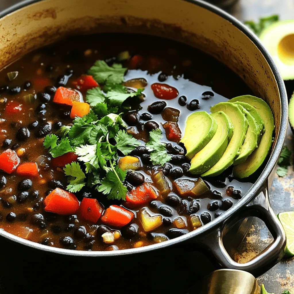 Für diese einfache schwarze Bohnensuppe benötigst du: - 2 Dosen schwarze Bohnen - 1 mittlere Zwiebel - 3 Knoblauchzehen Diese Zutaten sind die Basis für das Gericht. Die Bohnen geben der Suppe eine gute Textur und einen tollen Geschmack. Die Zwiebel und der Knoblauch sorgen für das aromatische Fundament. Hier sind die Gewürze und Flüssigkeiten, die du brauchst: - 2 Teelöffel gemahlener Kreuzkümmel - 1 Liter Gemüsebrühe - 1 Teelöffel geräucherter Paprika Kreuzkümmel bringt ein warmes, erdiges Aroma. Die Gemüsebrühe gibt der Suppe Tiefe. Geräucherter Paprika fügt einen Hauch von Smoky hinzu, was die Suppe besonders macht. Für die Garnierung empfehle ich: - Frischer Koriander - Avocadoscheiben Frischer Koriander bringt Frische. Die Avocadoscheiben fügen eine cremige Note hinzu. Diese einfachen Garnierungen machen das Gericht noch leckerer. Du kannst sie nach Belieben hinzufügen. Für das vollständige Rezept, schau dir die Anleitung "Herzhafter Schwarze-Bohnen-Genuss 🥣" an. Zuerst würfelst du die Zwiebel und die Paprika. Halbiere die Zwiebel. Schneide sie in kleine Stücke. Mach dasselbe mit der Paprika. Du kannst jede Farbe nehmen: rot oder grün. Danach hackst du den Knoblauch fein. Diese Zutaten geben der Suppe viel Geschmack. Jetzt erhitze das Olivenöl in einem großen Topf. Wähle mittlere Hitze. Gib die Zwiebel und die Paprika in den Topf. Sautiere sie für etwa fünf Minuten. Sie sollten weich sein, aber nicht braun. Danach kommt der fein gehackte Knoblauch dazu. Füge auch den gemahlenen Kreuzkümmel und den geräucherten Paprika hinzu. Röstet alles für ein bis zwei Minuten, bis es gut riecht. Jetzt ist es Zeit, die Bohnen und die Brühe einzugeben. Gib die abgespülten schwarzen Bohnen in den Topf. Füge die gewürfelten Tomaten mit der Flüssigkeit hinzu. Gieße auch die Gemüsebrühe hinein. Rühre alles gut um, damit sich die Zutaten verbinden. Lass die Mischung aufkochen. Dann simmert sie unbedeckt für 15 bis 20 Minuten. So können sich die Aromen entfalten. Wenn du magst, püriere einen Teil der Suppe für eine cremigere Konsistenz. Du kannst einen Pürierstab benutzen oder einen Mixer. Für das vollständige Rezept schaue dir "Herzhafter Schwarze-Bohnen-Genuss 🥣" an. - Hinzufügen von Gemüse oder Fleisch: Du kannst die Suppe leicht anpassen. Füge Karotten, Sellerie oder Zucchini hinzu. Wenn du Fleisch magst, probiere Hähnchen oder Speck. Diese Zutaten geben der Suppe mehr Geschmack und Textur. - Verwendung von frischen Kräutern: Frische Kräuter wie Koriander oder Petersilie bringen Frische in die Suppe. Streue sie kurz vor dem Servieren darüber. Sie machen das Gericht bunter und schmackhafter. - Pürieren für Cremigkeit: Wenn du eine cremige Suppe magst, püriere einen Teil der Mischung. Das macht die Suppe dick und reichhaltig. Du kannst einen Pürierstab verwenden oder die Suppe in einen Mixer geben. - Anpassen der Flüssigkeitsmenge: Je nach Vorliebe kannst du die Brühe anpassen. Für eine dickere Suppe nimm weniger Brühe. Wenn du es flüssiger magst, füge mehr hinzu. So passt du die Konsistenz nach deinem Geschmack an. - Mit Zitronensaft oder Essig verfeinern: Ein Spritzer Zitronensaft oder Essig hebt den Geschmack an. Es bringt eine frische Note und macht die Suppe lebendiger. Probiere es aus und finde die perfekte Balance. - Experimentieren mit Gewürzen: Fühl dich frei, neue Gewürze hinzuzufügen. Paprika, Kreuzkümmel oder Chili bringen verschiedene Aromen. Dies gibt deiner Suppe einen einzigartigen Charakter, der dir und deinen Gästen gefallen wird. {{image_4}} Um diese Suppe vegan und glutenfrei zu machen, benutze ich glutenfreie Brühe. Das sorgt für einen tollen Geschmack und hält alle zufrieden. Du kannst auch die Zutaten anpassen. Statt der Brühe kannst du einfach mehr Wasser verwenden. Für mehr Geschmack füge etwas frische Zitrone hinzu. Das gibt der Suppe einen frischen Kick. Wenn du es würziger magst, füge Chili oder scharfe Sauce hinzu. Dies bringt wirklich viel Geschmack. Experimentiere auch mit verschiedenen Bohnenarten. Verwende zum Beispiel Kidneybohnen oder Pintobohnen. Das macht die Suppe bunter und interessanter. Ich serviere die Suppe gerne mit frischem Brot oder knusprigen Tortillas. Das macht das Essen besonders. Du kannst die Suppe auch als Teil eines Buffets oder beim Grillabend anbieten. Sie ist eine tolle Option für große Gruppen. Die Gäste werden sie lieben! Lagern Sie die Suppe im Kühlschrank. Nutzen Sie einen luftdichten Behälter. So bleibt die Suppe frisch. Für kürzere Haltbarkeit ist ein Glasbehälter gut. Für längere Haltbarkeit nehmen Sie einen Kunststoffbehälter. Achten Sie darauf, die Suppe abzukühlen, bevor Sie sie lagern. Sie können die Suppe im Topf oder in der Mikrowelle aufwärmen. Wenn Sie sie im Topf aufwärmen, benutzen Sie niedrige Hitze. Rühren Sie oft um, damit sie nicht anbrennt. In der Mikrowelle erhitzen Sie die Suppe in Intervallen. Überprüfen Sie die Konsistenz, nachdem Sie die Suppe aufgewärmt haben. Fügen Sie bei Bedarf mehr Brühe hinzu, um sie cremiger zu machen. Portionieren Sie die Suppe vor dem Einfrieren. Nutzen Sie kleine Behälter oder Gefrierbeutel. Lassen Sie etwas Platz, da die Suppe beim Gefrieren expandiert. Die Haltbarkeit im Gefrierfach beträgt etwa drei Monate. Wenn Sie die Suppe brauchen, tauen Sie sie über Nacht im Kühlschrank auf. So bleibt der Geschmack erhalten und die Suppe bleibt lecker. Schwarze Bohnensuppe bleibt im Kühlschrank etwa fünf Tage frisch. Lagern Sie sie in einem luftdichten Behälter. Dies hilft, die Aromen zu bewahren. Vor dem Servieren aufwärmen, bis sie dampfend heiß ist. Achten Sie darauf, die Suppe gut zu rühren, um eine gleichmäßige Erwärmung zu erreichen. Ja, Sie können frische Bohnen verwenden! Beginnen Sie mit etwa einer Tasse getrockneter schwarzer Bohnen. Weichen Sie sie über Nacht in Wasser ein. Am nächsten Tag kochen Sie die Bohnen in frischem Wasser für etwa eine Stunde, bis sie weich sind. Fügen Sie sie dann in das Rezept hinzu. Frische Bohnen haben einen tollen Geschmack und geben der Suppe eine besondere Note. Zu schwarzer Bohnensuppe passen viele Beilagen. Hier sind einige Ideen: - Frisches Brot oder Tortillas - Avocadoscheiben - Ein einfacher grüner Salat - Käse oder saure Sahne als Topping Diese Beilagen ergänzen die Suppe perfekt und machen die Mahlzeit noch leckerer. Das Rezept für die einfache schwarze Bohnensuppe hat Wurzeln in der mexikanischen Küche. Es ist eine beliebte und nahrhafte Speise. Die Zutaten sind einfach und leicht zu finden. Ich ließ mich von traditionellen Rezepten inspirieren, aber ich habe es angepasst, um es einfacher und schneller zu machen. Für das vollständige Rezept klicken Sie hier: [Herzhafter Schwarze-Bohnen-Genuss 🥣](#). Diese schwarze Bohnensuppe bietet viele einfache Schritte und leckere Zutaten. Du hast gelernt, wie du die Hauptzutaten vorbereitest und kochst. Mit nützlichen Tipps und Variationen kannst du deine Suppe anpassen. Ob vegan oder herzhaft, die Möglichkeiten sind grenzenlos. Lagere sie richtig für lange Haltbarkeit. Ich hoffe, du bist inspiriert, diese Suppe selbst zu machen und ihr voller Geschmack zu genießen. Guten Appetit!