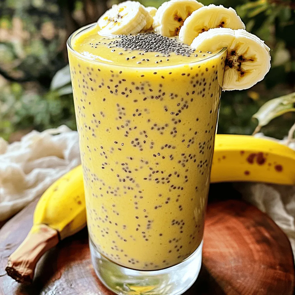 Um einen leckeren Banana Chia Seed Smoothie zu machen, brauchst du folgende Zutaten: - 2 reife Bananen - 2 Esslöffel Chia-Samen - 1 Tasse Mandeldrink oder eine Milch deiner Wahl - 1 Esslöffel Honig oder Ahornsirup (optional) - 1/2 Teelöffel Vanilleextrakt - 1/4 Teelöffel Zimt - Eine Handvoll Eiswürfel - Frische Bananenscheiben und Chia-Samen zur Garnierung (optional) Diese Zutaten sind einfach zu finden. Die Bananen geben dem Smoothie eine süße Note. Chia-Samen sind nährstoffreich und fügen eine tolle Textur hinzu. Du kannst die Milch ganz nach deinem Geschmack wählen. Der Honig oder Ahornsirup ist optional, aber er kann die Süße verstärken. Vanille und Zimt verleihen einen besonderen Geschmack. Die Eiswürfel machen den Smoothie frisch und kühl. Garnierungen mit Bananenscheiben und Chia-Samen sehen nicht nur gut aus, sie sind auch lecker. Für das vollständige Rezept, sieh dir die [Full Recipe] an. 1. Gib die reifen Bananen, Chia-Samen, Mandeldrink, Honig oder Ahornsirup, Vanilleextrakt und Zimt in einen leistungsstarken Mixer. Diese Zutaten machen unseren Smoothie gesund und lecker. 2. Füge dann eine Handvoll Eiswürfel hinzu. Die Eiswürfel kühlen den Smoothie und machen ihn erfrischend. 3. Mixe alles auf hoher Stufe, bis die Mischung cremig und glatt ist. Stelle sicher, dass die Chia-Samen gut eingearbeitet sind. So schmeckt der Smoothie besser. 1. Mach einen Geschmackstest. Probiere den Smoothie, um zu sehen, ob er dir gefällt. 2. Süße nach Belieben. Wenn du mehr Süße magst, füge mehr Honig oder Ahornsirup hinzu. 3. Gieße den Smoothie in ein hohes Glas. Garniere ihn nach Wunsch mit frischen Bananenscheiben und einer Prise Chia-Samen obenauf. Das sieht toll aus und macht Lust auf mehr. Das ist die einfache Zubereitung für einen köstlichen Bananen-Chia-Samen-Smoothie. Du findest das vollständige Rezept in der Rezeptbeschreibung. Um Klumpen im Smoothie zu vermeiden, sollten Sie die Banane gut pürieren. Fügen Sie die Chia-Samen erst nach dem Mixen hinzu. Diese Samen quellen und können Klumpen bilden. Wenn Sie gefrorene Bananen verwenden, wird der Smoothie kühler und cremiger. Sie sind eine tolle Option, wenn Sie einen erfrischenden Drink möchten. Wenn Sie keine Lust auf Honig oder Ahornsirup haben, gibt es Alternativen. Stevia ist eine gute Wahl, die wenig Kalorien hat. Sie können auch andere Süßungsmittel wie Agavendicksaft verwenden. Diese Optionen helfen Ihnen, die Süße nach Ihrem Geschmack anzupassen. So wird Ihr Smoothie genau richtig für Sie! {{image_4}} Eine großartige Möglichkeit, deinen Bananen-Chia-Samen-Smoothie aufzupeppen, sind fruchtige Ergänzungen. - Spinatsmoothie mit Banane und Chia-Samen: Wenn du gerne etwas Grün in deinem Smoothie hast, füge eine Handvoll frischen Spinat hinzu. Spinat gibt dem Smoothie eine schöne Farbe und viele Nährstoffe. Er bleibt dabei mild im Geschmack und passt gut zu Banane und Chia-Samen. - Beeren-Bananen-Chia-Smoothie: Beeren sind eine tolle Ergänzung. Himbeeren, Erdbeeren oder Blaubeeren bringen eine fruchtige Note. Sie sorgen für einen schönen Farbton und eine zusätzliche Süße. Die Kombination aus Banane, Chia-Samen und Beeren ergibt einen leckeren und nahrhaften Smoothie. Um deinem Smoothie mehr Nährstoffe zu geben, kannst du weitere Zutaten hinzufügen. - Proteinpulver hinzufügen: Wenn du mehr Eiweiß brauchst, füge einen Esslöffel Proteinpulver hinzu. Es gibt viele Geschmäcker, wie Vanille oder Schokolade. Das macht deinen Smoothie sättigender und ideal für nach dem Training. - Superfoods wie Spirulina integrieren: Spirulina ist ein tolles Superfood. Es ist voller Vitamine und Mineralien. Ein Teelöffel reicht aus, um deinem Smoothie einen Nährstoffschub zu geben. Der Geschmack ist leicht, also brauchst du dir keine Sorgen machen, dass er die anderen Aromen überdeckt. Mit diesen Variationen wird dein Bananen-Chia-Samen-Smoothie nie langweilig. Du kannst kreativ sein und immer neue Kombinationen ausprobieren! Wenn du einen Bananen-Chia-Samen-Smoothie machst, bleibt oft etwas übrig. Du kannst ihn ganz einfach im Kühlschrank aufbewahren. Stelle sicher, dass du einen luftdichten Behälter hast. So bleibt der Smoothie frisch und lecker. - Im Kühlschrank aufbewahren: Lagere den Smoothie bis zu zwei Tage. Je frischer, desto besser der Geschmack. - Verwendung von luftdichten Behältern: Diese Behälter verhindern, dass Luft eindringt. So bleibt die Konsistenz cremig und die Aromen intensiv. Manchmal hast du nicht genug Zeit für einen frischen Smoothie. Dann ist das Einfrieren eine tolle Option. Du kannst Portionen einfrieren und später nutzen. - Portionieren und einfrieren: Gieße den Smoothie in Eiswürfelschalen oder kleine Behälter. So kannst du die Menge nach Bedarf nutzen. - Vorbereitungen für zukünftige Smoothies: Wenn du Lust auf einen Smoothie hast, nimm einfach eine Portion aus dem Gefrierfach. Lass ihn über Nacht im Kühlschrank auftauen. Voilà, ein frischer Smoothie ist bereit! Für das vollständige Rezept schaue dir die Full Recipe an. Bananen sind eine großartige Quelle für Kalium und Vitamin C. Sie helfen, den Blutdruck zu senken und die Verdauung zu fördern. Chia-Samen sind reich an Ballaststoffen und Omega-3-Fettsäuren. Sie unterstützen die Herzgesundheit und helfen, den Blutzuckerspiegel stabil zu halten. Beide Zutaten machen deinen Smoothie nahrhaft und gesund. Ja, du kannst andere Flüssigkeiten verwenden. Statt Mandeldrink kannst du auch Sojamilch, Hafermilch oder normale Milch nehmen. Jedes dieser Produkte bringt seinen eigenen Geschmack mit. Experimentiere mit verschiedenen Optionen, um deinen perfekten Smoothie zu finden. Ein Smoothie bleibt im Kühlschrank etwa 1 bis 2 Tage frisch. Achte darauf, ihn in einem luftdichten Behälter aufzubewahren. So bleibt der Geschmack besser erhalten. Vor dem Trinken schüttele ihn gut, da sich die Zutaten setzen können. Ja, Chia-Samen sind sehr gut für die Verdauung. Sie enthalten viele Ballaststoffe, die den Darm unterstützen. Diese Ballaststoffe helfen, die Verdauung zu regulieren und können auch das Sättigungsgefühl erhöhen. Füge sie in deinen Smoothie ein und profitiere von ihren Vorteilen. Für das vollständige Rezept und eine detaillierte Anleitung besuche den Abschnitt "Full Recipe". Zusammenfassend haben wir einen leckeren Bananen-Chia-Smoothie erstellt. Wir haben die Zutaten zusammengesucht und jeden Schritt erklärt. Tipps zur perfekten Konsistenz und speziellen Variationen helfen dir, kreativ zu sein. Denke daran, frische Zutaten zu verwenden und genieße die Vorteile von Bananen und Chia-Samen. Mit diesen einfachen Anleitungen hast du bald einen gesunden Snack parat. Fertige deine nächsten Smoothies vor und spare Zeit!