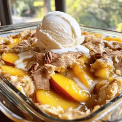 Für einen köstlichen klassischen Pfirsich Dump Cake brauchst du: - 1 Dose (29 Unzen) geschnittene Pfirsiche in Sirup, abgetropft - 1 Packung Gelber Kuchenmix (15.25 Unzen) - 1 Stange (1/2 Tasse) ungesalzene Butter, geschmolzen - 1 Teelöffel gemahlener Zimt - 1 Teelöffel Vanilleextrakt - 1/2 Tasse gehackte Pekannüsse oder Walnüsse (optional) - Vanilleeis oder Schlagsahne zum Servieren Diese Zutaten sind einfach zu finden und machen deinen Kuchen besonders lecker. Wenn du frische Pfirsiche verwenden möchtest, wähle reife und saftige Früchte. Sie sollten leicht weich sein, wenn du sie drückst. Achte darauf, dass die Haut keine dunklen Flecken hat. Du kannst auch gefrorene Pfirsiche nehmen. Lass sie einfach vorher auftauen und abtropfen. So erhältst du einen fruchtigen Geschmack. Ein paar Extras können deinen Dump Cake aufpeppen. Füge gehackte Pekannüsse oder Walnüsse hinzu, um einen knackigen Biss zu bekommen. Das gibt dem Kuchen eine tolle Textur. Wenn du den Kuchen servierst, probiere ihn mit Vanilleeis oder einem Klecks Schlagsahne. Diese cremigen Toppings machen das Dessert noch besser. Mit diesen Zutaten bist du bereit, einen leckeren klassischen Pfirsich Dump Cake zu backen. Für das gesamte Rezept schaue dir bitte die [Full Recipe] an. Zuerst heize ich den Ofen auf 175°C vor. Dann nehme ich eine Backform von 23x33 cm. Diese Form fetten wir gut ein, damit der Kuchen nicht kleben bleibt. Ich lege die abgetropften Pfirsiche gleichmäßig auf den Boden. So stellen wir sicher, dass jede Portion Pfirsich hat. Jetzt kommt der Spaß! Ich streue den gelben Kuchenmix gleichmäßig über die Pfirsiche. Es ist wichtig, hier nicht zu rühren. Das sieht gut aus, und es funktioniert besser. Dann nehme ich eine kleine Schüssel. Ich vermenge die geschmolzene Butter mit Zimt und Vanilleextrakt. Diese Mischung träufle ich über den Kuchenmix. Ich versuche, so viel wie möglich zu treffen. Wenn ich mag, füge ich die gehackten Nüsse hinzu. Sie geben einen tollen Crunch! Ich backe den Kuchen im vorgeheizten Ofen für 35 bis 40 Minuten. Der Kuchen ist fertig, wenn die Oberseite goldbraun ist und die Ränder blubbern. Nach dem Backen lasse ich ihn etwa 10 Minuten abkühlen. Dann serviere ich ihn warm. Ein Klecks Vanilleeis oder Schlagsahne macht ihn perfekt. Es ist ein einfaches Rezept, das viel Freude bringt. Schau dir das Full Recipe an, um alles zu sehen! Um die perfekte Konsistenz für deinen Pfirsich Dump Cake zu erreichen, achte darauf, die Pfirsiche gut abzutropfen. Zu viel Flüssigkeit macht den Kuchen matschig. Verwende auch den richtigen Kuchenmix; ein gelber Mix ist ideal. Die geschmolzene Butter sollte gleichmäßig verteilt sein, sodass jeder Bissen reichhaltig schmeckt. Backe den Kuchen bis zur goldenen Farbe, um die beste Textur zu erhalten. Ein häufiger Fehler ist, die Zutaten zu vermischen. Lass den Kuchenmix einfach über die Pfirsiche fallen. Rühre nicht um! Dies bewahrt die Schichten und sorgt für eine schöne Textur. Ein weiterer Fehler ist, die Backzeit zu unterschätzen. Achte darauf, dass die Oberseite goldbraun ist und der Rand blubbert. Wenn du die Temperatur nicht richtig einstellst, kann der Kuchen ungleichmäßig backen. Um die Aromen zu verbessern, füge Zimt und Vanilleextrakt hinzu. Diese Zutaten machen einen großen Unterschied. Du kannst auch Nüsse, wie Pekannüsse oder Walnüsse, für einen knackigen Biss hinzufügen. Eine weitere tolle Idee ist, etwas frischen Ingwer oder Muskatnuss hineinzugeben. Diese Zutaten bringen zusätzliche Tiefe in den Geschmack. Wenn du magst, serviere den Kuchen mit Vanilleeis. So wird jede Portion noch leckerer! {{image_4}} Ich liebe es, mit verschiedenen Früchten zu experimentieren. Anstelle von Pfirsichen kannst du auch Äpfel oder Kirschen verwenden. Diese Früchte bringen einen eigenen Geschmack, der den Kuchen spannend macht. Wenn du frische Früchte verwendest, achte darauf, sie gut zu schneiden. Das sorgt für eine gleichmäßige Verteilung im Kuchen. Zum Beispiel, für einen Apfel-Dump-Cake benutze einfach geschnittene Äpfel und etwas Zimt. Das Ergebnis wird köstlich sein! Für glutenfreie Optionen kannst du einen glutenfreien Kuchenmix verwenden. Viele Marken bieten leckere Alternativen an. Du kannst auch die Butter durch Kokosöl ersetzen. So wird der Kuchen vegan. Achte darauf, dass der Kuchenmix keine tierischen Produkte enthält. Diese kleinen Änderungen machen deinen Dump Cake für alle geeignet. Das ist toll, wenn du Gäste hast, die spezielle Diäten einhalten. Der obere Belag ist wichtig für das Aussehen und den Geschmack. Du kannst die Pekannüsse oder Walnüsse weglassen, wenn du Nüsse nicht magst. Stattdessen kannst du Haferflocken darüber streuen. Das gibt dem Kuchen eine knusprige Textur. Wenn du Lust hast, etwas Süßes hinzuzufügen, probiere Schokoladenstückchen. Sie schmelzen beim Backen und geben dem Kuchen einen schokoladigen Geschmack. Es gibt so viele Wege, deinen Dump Cake einzigartig zu machen! Lagern Sie Ihren Pfirsich Dump Cake im Kühlschrank. Decken Sie die Form mit Frischhaltefolie oder Aluminiumfolie ab. So bleibt der Kuchen frisch. Um ihn aufzuwärmen, nehmen Sie ein Stück und legen es in die Mikrowelle. Wärmen Sie es für 30 Sekunden auf. Prüfen Sie die Temperatur und wiederholen Sie es bei Bedarf. Der Pfirsich Dump Cake hält sich gut im Kühlschrank. Er bleibt für etwa 3 bis 5 Tage frisch. Achten Sie darauf, dass er gut abgedeckt ist. So trocknet er nicht aus. Wenn Sie ihn länger aufbewahren möchten, sollten Sie ihn einfrieren. Um den Kuchen einzufrieren, lassen Sie ihn zuerst vollständig abkühlen. Schneiden Sie ihn in Stücke und legen Sie diese in einen luftdichten Behälter. Sie können auch Frischhaltefolie verwenden. Der Kuchen bleibt bis zu 3 Monate im Gefrierfach. Zum Auftauen können Sie ihn über Nacht im Kühlschrank lassen oder ihn bei Raumtemperatur aufwärmen. So schmeckt er fast wie frisch gebacken! Die Zubereitung eines klassischen Pfirsich Dump Cakes dauert ungefähr 10 Minuten. Das Backen nimmt dann etwa 35 bis 40 Minuten in Anspruch. Insgesamt sind Sie in weniger als einer Stunde fertig. Es ist ein schnelles und einfaches Rezept, das perfekt für einen spontanen Dessertbedarf ist. Ja, Sie können frische Pfirsiche verwenden. Achten Sie darauf, sie gut zu schälen und zu schneiden. Sie brauchen etwa 4 bis 5 frische Pfirsiche für das Rezept. Frische Pfirsiche geben dem Kuchen einen tollen Geschmack und eine bessere Textur. Sehen Sie, dass die Pfirsiche reif sind, aber nicht zu weich. Das sorgt für ein besseres Ergebnis. Wenn Sie keinen Kuchenmix haben, können Sie Mehl, Zucker, Backpulver und Salz mischen, um einen eigenen Mix zu machen. Eine einfache Mischung könnte sein: 1 Tasse Mehl, 1 Tasse Zucker und 1 Teelöffel Backpulver. Mischen Sie dies gut und verwenden Sie es wie den Kuchenmix. So bleibt Ihr Dump Cake lecker und trotzdem einfach zu machen. Für das Rezept, schauen Sie sich auch die vollständigen Anweisungen in der Full Recipe an. In diesem Blogbeitrag haben wir die besten Zutaten für einen Pfirsich Dump Cake besprochen. Wir haben die Auswahl der perfekten Pfirsiche und optionale Zutaten betrachtet. Die Schritt-für-Schritt-Anleitung zeigt, wie man den Kuchen zubereitet. Tipps helfen dir, häufige Fehler zu vermeiden und die Aromen zu verbessern. Variationen mit anderen Früchten, glutenfreien und veganen Optionen bieten mehr Auswahl. Schließlich geben wir Tipps zur Aufbewahrung. Mit diesen Informationen kannst du einen leckeren Kuchen zaubern. Mach dich bereit, ihn auszuprobieren und zu genießen!