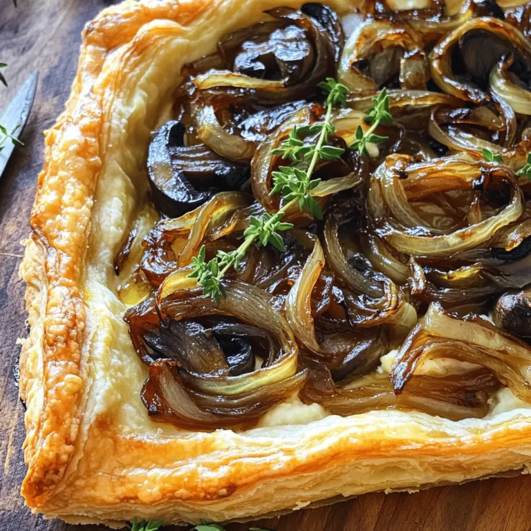 Für die köstliche Karamellisierte Zwiebel & Pilz Tart benötigst du: - 1 Blatt Blätterteig, aufgetaut - 2 große Zwiebeln, dünn geschnitten - 2 Tassen Cremini-Pilze, in Scheiben geschnitten - 2 Esslöffel Olivenöl - 1 Esslöffel Balsamico-Essig - 2 Teelöffel frische Thymianblätter - 1 Teelöffel Knoblauchpulver - 1 Tasse Ricotta-Käse - 1/2 Tasse geriebener Parmesan-Käse - Salz und Pfeffer nach Geschmack - 1 Ei, geschlagen (für die Eistrich) Eine Portion enthält etwa: - Kalorien: 280 - Fett: 18 g - Kohlenhydrate: 24 g - Eiweiß: 8 g Diese Angaben können je nach Zutaten leicht variieren. Es ist immer gut, auf die spezifischen Marken zu achten, die du verwendest. Du hast keine Zwiebeln? Nutze Lauch oder Schalotten. Für die Pilze kannst du auch Champignons verwenden. Hast du keinen Ricotta? Verwende Frischkäse oder Hüttenkäse. Parmesan nicht zur Hand? Probiere Pecorino oder Grana Padano. Diese Austauschmöglichkeiten helfen dir, dein Gericht einfach anzupassen. Zuerst heizen Sie den Ofen auf 200°C vor. Nehmen Sie ein Blatt Blätterteig und legen Sie es in eine Tarteform. Schneiden Sie den überschüssigen Teig ab. Stechen Sie mit einer Gabel Löcher in den Boden des Teigs. Das hilft, Blasen zu vermeiden. Stellen Sie die Form beiseite, während Sie die Füllung vorbereiten. Erhitzen Sie in einer großen Pfanne 2 Esslöffel Olivenöl bei mittlerer Hitze. Fügen Sie die 2 großen, dünn geschnittenen Zwiebeln hinzu. Kochen Sie die Zwiebeln 15 bis 20 Minuten lang. Rühren Sie häufig um, damit sie gleichmäßig karamellisieren. Wenn die Zwiebeln bräunen, reduzieren Sie die Hitze. Nach den Zwiebeln geben Sie die 2 Tassen geschnittene Cremini-Pilze in die Pfanne. Kochen Sie die Pilze 10 Minuten lang, bis sie zart sind. Fügen Sie 1 Esslöffel Balsamico-Essig, 2 Teelöffel frische Thymianblätter, 1 Teelöffel Knoblauchpulver, Salz und Pfeffer hinzu. Garniert mit diesen Zutaten wird der Geschmack intensiv. Kochen Sie alles noch 2-3 Minuten und nehmen Sie die Pfanne vom Herd. In einer kleinen Schüssel vermischen Sie 1 Tasse Ricotta-Käse mit 1/2 Tasse geriebenem Parmesan. Schmecken Sie die Mischung mit Salz und Pfeffer ab. Verteilen Sie die Ricotta-Mischung gleichmäßig auf dem Blätterteig. Lassen Sie einen kleinen Rand frei. Geben Sie dann die karamellisierte Zwiebel- und Pilzmischung gleichmäßig darüber. Falten Sie die Ränder des Blätterteigs nach innen, um die Füllung zu umschließen. Bestreichen Sie die Ränder mit einem geschlagenen Ei. Backen Sie die Tarte 20 bis 25 Minuten lang, bis der Teig goldbraun ist. Lassen Sie die Tarte kurz abkühlen, bevor Sie sie in Stücke schneiden. Für mehr Details schauen Sie sich das [Full Recipe] an. Um Zwiebeln perfekt zu karamellisieren, starte mit mittlerer Hitze. Verwende eine große Pfanne und füge Olivenöl hinzu. Gib die dünn geschnittenen Zwiebeln in die Pfanne. Rühre sie oft um, damit sie gleichmäßig garen. Die Zwiebeln brauchen etwa 15 bis 20 Minuten. Sie sollten weich und goldbraun sein. Wenn sie zu schnell bräunen, reduziere die Hitze. Geduld ist der Schlüssel zum besten Geschmack. Die Textur der Tarte hängt von zwei Dingen ab: dem Blätterteig und der Füllung. Achte darauf, den Blätterteig gut auszuwalzen. Du willst ihn dünn, aber stabil. Die Ricotta-Mischung sorgt für Cremigkeit. Wenn du die karamellisierten Zwiebeln und Pilze hinzufügst, achte darauf, dass sie nicht zu nass sind. Lass überschüssige Flüssigkeit abtropfen. So bleibt die Tarte knusprig und lecker. Ein häufiger Fehler ist, die Zwiebeln zu schnell zu kochen. Dies führt zu ungleichmäßiger Farbe und Geschmack. Ein weiterer Fehler ist, die Tarte zu lange im Ofen zu lassen. Überprüfe sie nach 20 Minuten. Der Teig sollte goldbraun sein. Wenn du die Tarte zu früh anschneidest, kann sie zerfallen. Lass sie etwas abkühlen, bevor du die Stücke servierst. Diese Tipps helfen dir, die beste Tarte zu machen. Für das vollständige Rezept schau dir die [Full Recipe] an. {{image_4}} Wenn Sie eine vegetarische Variante der karamellisierten Zwiebel und Pilz Tart wünschen, lassen Sie das Ei weg. Verwenden Sie stattdessen Pflanzenmilch oder eine vegane Sahne. Diese Optionen geben der Tarte dennoch eine schöne Textur. Sie können auch andere Gemüse verwenden, wie Spinat oder Zucchini, um mehr Vielfalt zu bieten. Um Ihrer Tarte mehr Geschmack zu verleihen, fügen Sie geräucherten Paprika oder Kreuzkümmel hinzu. Diese Gewürze geben der Füllung eine warme Note. Auch Feta oder Blauschimmelkäse bringen einen intensiveren Geschmack. Sie können auch Nüsse wie Walnüsse oder Pinienkerne für mehr Crunch einstreuen. Nutzen Sie saisonale Zutaten, um die Tarte frisch und lecker zu halten. Im Frühling könnten Sie Spargel oder frische Erbsen hinzufügen. Im Herbst passen Kürbis oder Süßkartoffeln gut in die Füllung. Diese saisonalen Zutaten machen das Rezept nicht nur lecker, sondern auch abwechslungsreich. Um das gesamte Rezept zu sehen, schauen Sie sich die [Full Recipe] an. Um die Reste der Tarte frisch zu halten, lassen Sie sie zuerst abkühlen. Wickeln Sie die Tarte in Frischhaltefolie oder legen Sie sie in einen luftdichten Behälter. So bleibt der Geschmack erhalten. Lagern Sie die Reste im Kühlschrank. Sie sind bis zu drei Tage haltbar. Wenn Sie die Tarte länger aufbewahren möchten, können Sie sie einfrieren. Lassen Sie die Tarte vollständig abkühlen, bevor Sie sie in Folie einwickeln. Legen Sie sie dann in einen Gefrierbeutel. So bleibt sie bis zu drei Monate frisch. Denken Sie daran, die Tarte vor dem Einfrieren in Stücke zu schneiden. So können Sie später einfach nur die benötigte Menge auftauen. Um die Tarte wieder aufzuwärmen, heizen Sie den Ofen auf 180°C vor. Legen Sie die Tarte auf ein Backblech und backen Sie sie für etwa 10 bis 15 Minuten. So wird sie schön knusprig. Sie können die Tarte auch in der Mikrowelle aufwärmen, aber der Teig könnte weich werden. Für das beste Ergebnis empfehle ich den Ofen. Für das komplette Rezept schauen Sie sich die vollständige Anleitung an. Sie können die Tarte bis zu zwei Tage im Voraus machen. Bereiten Sie die Füllung und den Blätterteig vor. Lagern Sie die Tarte im Kühlschrank. Backen Sie sie erst kurz vor dem Servieren. So bleibt der Geschmack frisch und der Teig knusprig. Ja, Sie können verschiedene Käsesorten ausprobieren. Feta oder Gouda sind tolle Alternativen. Diese Käse bringen unterschiedliche Aromen. Mischen Sie auch gerne verschiedene Käsesorten. So erhalten Sie eine reichhaltige und interessante Füllung. Diese Tarte passt gut zu einem frischen Salat. Ein grüner Salat mit einem leichten Dressing ergänzt den herzhaften Geschmack. Auch ein Glas Weißwein ist eine gute Wahl. Probieren Sie dazu einen trockenen Riesling oder Sauvignon Blanc. Diese Anleitung zeigt dir, wie du eine köstliche Tarte zubereitest. Wir haben die Zutaten, die Zubereitung und nützliche Tipps besprochen. Denk daran, die richtigen Zutaten und Methoden zu wählen, um die beste Tarte zu erzielen. Variiere das Rezept nach deinem Geschmack und saisonalen Kräutern. Achte auch auf die Aufbewahrung, damit du die Reste genießen kannst. Mit diesen Tricks wird deine Tarte immer ein Hit sein. Mach es einfach und hab Freude am Kochen!