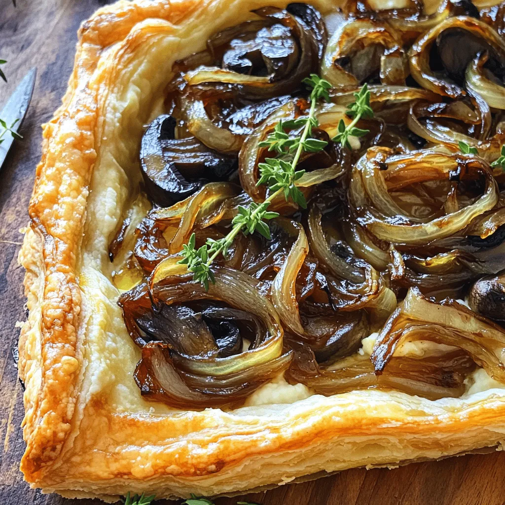 Für die köstliche Karamellisierte Zwiebel & Pilz Tart benötigst du: - 1 Blatt Blätterteig, aufgetaut - 2 große Zwiebeln, dünn geschnitten - 2 Tassen Cremini-Pilze, in Scheiben geschnitten - 2 Esslöffel Olivenöl - 1 Esslöffel Balsamico-Essig - 2 Teelöffel frische Thymianblätter - 1 Teelöffel Knoblauchpulver - 1 Tasse Ricotta-Käse - 1/2 Tasse geriebener Parmesan-Käse - Salz und Pfeffer nach Geschmack - 1 Ei, geschlagen (für die Eistrich) Eine Portion enthält etwa: - Kalorien: 280 - Fett: 18 g - Kohlenhydrate: 24 g - Eiweiß: 8 g Diese Angaben können je nach Zutaten leicht variieren. Es ist immer gut, auf die spezifischen Marken zu achten, die du verwendest. Du hast keine Zwiebeln? Nutze Lauch oder Schalotten. Für die Pilze kannst du auch Champignons verwenden. Hast du keinen Ricotta? Verwende Frischkäse oder Hüttenkäse. Parmesan nicht zur Hand? Probiere Pecorino oder Grana Padano. Diese Austauschmöglichkeiten helfen dir, dein Gericht einfach anzupassen. Zuerst heizen Sie den Ofen auf 200°C vor. Nehmen Sie ein Blatt Blätterteig und legen Sie es in eine Tarteform. Schneiden Sie den überschüssigen Teig ab. Stechen Sie mit einer Gabel Löcher in den Boden des Teigs. Das hilft, Blasen zu vermeiden. Stellen Sie die Form beiseite, während Sie die Füllung vorbereiten. Erhitzen Sie in einer großen Pfanne 2 Esslöffel Olivenöl bei mittlerer Hitze. Fügen Sie die 2 großen, dünn geschnittenen Zwiebeln hinzu. Kochen Sie die Zwiebeln 15 bis 20 Minuten lang. Rühren Sie häufig um, damit sie gleichmäßig karamellisieren. Wenn die Zwiebeln bräunen, reduzieren Sie die Hitze. Nach den Zwiebeln geben Sie die 2 Tassen geschnittene Cremini-Pilze in die Pfanne. Kochen Sie die Pilze 10 Minuten lang, bis sie zart sind. Fügen Sie 1 Esslöffel Balsamico-Essig, 2 Teelöffel frische Thymianblätter, 1 Teelöffel Knoblauchpulver, Salz und Pfeffer hinzu. Garniert mit diesen Zutaten wird der Geschmack intensiv. Kochen Sie alles noch 2-3 Minuten und nehmen Sie die Pfanne vom Herd. In einer kleinen Schüssel vermischen Sie 1 Tasse Ricotta-Käse mit 1/2 Tasse geriebenem Parmesan. Schmecken Sie die Mischung mit Salz und Pfeffer ab. Verteilen Sie die Ricotta-Mischung gleichmäßig auf dem Blätterteig. Lassen Sie einen kleinen Rand frei. Geben Sie dann die karamellisierte Zwiebel- und Pilzmischung gleichmäßig darüber. Falten Sie die Ränder des Blätterteigs nach innen, um die Füllung zu umschließen. Bestreichen Sie die Ränder mit einem geschlagenen Ei. Backen Sie die Tarte 20 bis 25 Minuten lang, bis der Teig goldbraun ist. Lassen Sie die Tarte kurz abkühlen, bevor Sie sie in Stücke schneiden. Für mehr Details schauen Sie sich das [Full Recipe] an. Um Zwiebeln perfekt zu karamellisieren, starte mit mittlerer Hitze. Verwende eine große Pfanne und füge Olivenöl hinzu. Gib die dünn geschnittenen Zwiebeln in die Pfanne. Rühre sie oft um, damit sie gleichmäßig garen. Die Zwiebeln brauchen etwa 15 bis 20 Minuten. Sie sollten weich und goldbraun sein. Wenn sie zu schnell bräunen, reduziere die Hitze. Geduld ist der Schlüssel zum besten Geschmack. Die Textur der Tarte hängt von zwei Dingen ab: dem Blätterteig und der Füllung. Achte darauf, den Blätterteig gut auszuwalzen. Du willst ihn dünn, aber stabil. Die Ricotta-Mischung sorgt für Cremigkeit. Wenn du die karamellisierten Zwiebeln und Pilze hinzufügst, achte darauf, dass sie nicht zu nass sind. Lass überschüssige Flüssigkeit abtropfen. So bleibt die Tarte knusprig und lecker. Ein häufiger Fehler ist, die Zwiebeln zu schnell zu kochen. Dies führt zu ungleichmäßiger Farbe und Geschmack. Ein weiterer Fehler ist, die Tarte zu lange im Ofen zu lassen. Überprüfe sie nach 20 Minuten. Der Teig sollte goldbraun sein. Wenn du die Tarte zu früh anschneidest, kann sie zerfallen. Lass sie etwas abkühlen, bevor du die Stücke servierst. Diese Tipps helfen dir, die beste Tarte zu machen. Für das vollständige Rezept schau dir die [Full Recipe] an. {{image_4}} Wenn Sie eine vegetarische Variante der karamellisierten Zwiebel und Pilz Tart wünschen, lassen Sie das Ei weg. Verwenden Sie stattdessen Pflanzenmilch oder eine vegane Sahne. Diese Optionen geben der Tarte dennoch eine schöne Textur. Sie können auch andere Gemüse verwenden, wie Spinat oder Zucchini, um mehr Vielfalt zu bieten. Um Ihrer Tarte mehr Geschmack zu verleihen, fügen Sie geräucherten Paprika oder Kreuzkümmel hinzu. Diese Gewürze geben der Füllung eine warme Note. Auch Feta oder Blauschimmelkäse bringen einen intensiveren Geschmack. Sie können auch Nüsse wie Walnüsse oder Pinienkerne für mehr Crunch einstreuen. Nutzen Sie saisonale Zutaten, um die Tarte frisch und lecker zu halten. Im Frühling könnten Sie Spargel oder frische Erbsen hinzufügen. Im Herbst passen Kürbis oder Süßkartoffeln gut in die Füllung. Diese saisonalen Zutaten machen das Rezept nicht nur lecker, sondern auch abwechslungsreich. Um das gesamte Rezept zu sehen, schauen Sie sich die [Full Recipe] an. Um die Reste der Tarte frisch zu halten, lassen Sie sie zuerst abkühlen. Wickeln Sie die Tarte in Frischhaltefolie oder legen Sie sie in einen luftdichten Behälter. So bleibt der Geschmack erhalten. Lagern Sie die Reste im Kühlschrank. Sie sind bis zu drei Tage haltbar. Wenn Sie die Tarte länger aufbewahren möchten, können Sie sie einfrieren. Lassen Sie die Tarte vollständig abkühlen, bevor Sie sie in Folie einwickeln. Legen Sie sie dann in einen Gefrierbeutel. So bleibt sie bis zu drei Monate frisch. Denken Sie daran, die Tarte vor dem Einfrieren in Stücke zu schneiden. So können Sie später einfach nur die benötigte Menge auftauen. Um die Tarte wieder aufzuwärmen, heizen Sie den Ofen auf 180°C vor. Legen Sie die Tarte auf ein Backblech und backen Sie sie für etwa 10 bis 15 Minuten. So wird sie schön knusprig. Sie können die Tarte auch in der Mikrowelle aufwärmen, aber der Teig könnte weich werden. Für das beste Ergebnis empfehle ich den Ofen. Für das komplette Rezept schauen Sie sich die vollständige Anleitung an. Sie können die Tarte bis zu zwei Tage im Voraus machen. Bereiten Sie die Füllung und den Blätterteig vor. Lagern Sie die Tarte im Kühlschrank. Backen Sie sie erst kurz vor dem Servieren. So bleibt der Geschmack frisch und der Teig knusprig. Ja, Sie können verschiedene Käsesorten ausprobieren. Feta oder Gouda sind tolle Alternativen. Diese Käse bringen unterschiedliche Aromen. Mischen Sie auch gerne verschiedene Käsesorten. So erhalten Sie eine reichhaltige und interessante Füllung. Diese Tarte passt gut zu einem frischen Salat. Ein grüner Salat mit einem leichten Dressing ergänzt den herzhaften Geschmack. Auch ein Glas Weißwein ist eine gute Wahl. Probieren Sie dazu einen trockenen Riesling oder Sauvignon Blanc. Diese Anleitung zeigt dir, wie du eine köstliche Tarte zubereitest. Wir haben die Zutaten, die Zubereitung und nützliche Tipps besprochen. Denk daran, die richtigen Zutaten und Methoden zu wählen, um die beste Tarte zu erzielen. Variiere das Rezept nach deinem Geschmack und saisonalen Kräutern. Achte auch auf die Aufbewahrung, damit du die Reste genießen kannst. Mit diesen Tricks wird deine Tarte immer ein Hit sein. Mach es einfach und hab Freude am Kochen!
