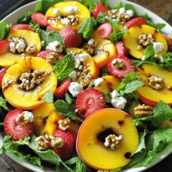 - 2 reife Pfirsiche, in Scheiben geschnitten - 1 Tasse Erdbeeren, entkelcht und halbiert - 1 Tasse gemischtes Grün (Rucola, Spinat, Baby-Blattkohl) Die Hauptzutaten sind frisch und lecker. Reife Pfirsiche bringen Süße und Saftigkeit. Erdbeeren fügen eine schöne rote Farbe hinzu und sind süß. Das gemischte Grün sorgt für einen knackigen Biss. Diese Kombination macht den Salat frisch und einladend. - 3 Esslöffel Balsamico-Glasur - 2 Esslöffel Olivenöl - ¼ Tasse zerbröckelter Feta-Käse - ¼ Tasse Walnüsse, grob gehackt Das Dressing ist einfach, aber voller Geschmack. Balsamico-Glasur gibt eine süß-saure Note. Olivenöl macht den Salat geschmeidig. Feta-Käse bringt eine salzige Tiefe. Walnüsse fügen einen tollen Crunch hinzu. Diese Garnierungen verbessern die Textur und den Geschmack. Für die vollständige Rezeptanleitung, schau dir das [Full Recipe] an. Zuerst musst du die Obstzutaten vorbereiten. Nimm die reifen Pfirsiche und schneide sie in dünne Scheiben. Halbiere dann die Erdbeeren, nachdem du das Grün entfernt hast. Diese Schritte sind einfach, aber wichtig für den Geschmack. Jetzt ist es Zeit, das Grünzeug zu waschen. Nimm die Mischung aus Rucola, Spinat und Baby-Blattkohl. Wasche die Blätter gründlich unter kaltem Wasser. Tupfe sie danach vorsichtig mit einem Küchentuch trocken. So bleibt der Salat frisch und knusprig. Jetzt kommt der spaßige Teil! Nimm eine große Schüssel und gebe die geschnittenen Pfirsiche sowie die Erdbeeren hinein. Füge dann das gewaschene Grünzeug hinzu. Vermenge alles sanft, damit die Früchte und Blätter gut verteilt sind. Für das Dressing brauchst du Olivenöl und Balsamico-Glasur. Träufle beides gleichmäßig über den Salat. Würze ihn mit Salz und Pfeffer nach deinem Geschmack. Mische alles vorsichtig, damit jedes Stück gut überzogen ist. Der Salat sieht jetzt lecker aus! Richte ihn schön auf einem großen, flachen Teller an. Streue den zerbröckelten Feta-Käse und die gehackten Walnüsse darüber. Das gibt dem Salat einen tollen Crunch. Um die Präsentation zu verfeinern, füge frische Minzblätter hinzu. Sie sorgen für ein frisches Aroma und eine schöne Optik. Du kannst auch kurz vor dem Servieren einen zusätzlichen Schluck Balsamico-Glasur darüber geben. So wird er noch ansprechender und geschmackvoller. Für das vollständige Rezept schaue dir den [Full Recipe] an! Um die besten Pfirsiche und Erdbeeren zu finden, achte auf die Farbe und die Textur. Reife Pfirsiche haben eine goldene Farbe und geben leicht nach, wenn du sie drückst. Erdbeeren sollten tiefrot und fest sein. Vermeide Früchte mit dunklen Flecken oder Druckstellen. Kaufe die Früchte in der Saison. Im Sommer sind Pfirsiche und Erdbeeren am frischesten und süßesten. Das macht deinen Salat noch leckerer. Um den Salat noch gesünder zu machen, füge weitere Zutaten hinzu. Du kannst Avocado für gesunde Fette verwenden oder Kichererbsen für mehr Protein. Diese Zutaten machen den Salat nahrhaft und sättigend. Für ein tolles Dressing nutze frische Zitrone oder Joghurt. Diese Optionen bringen frische Aromen und sind leicht. Sie sind eine gesunde Wahl im Vergleich zu schweren Dressings. Die Art, wie du den Salat anrichtest, macht viel aus. Serviere ihn in einer großen, flachen Schüssel. So kommen die bunten Farben der Früchte gut zur Geltung. Für eine schöne Dekoration streue frische Minzblätter über den Salat. Das sieht nicht nur gut aus, sondern gibt auch einen frischen Geschmack. Du kannst auch die Balsamico-Glasur kurz vor dem Servieren darüber träufeln. So glänzt der Salat und hat mehr Geschmack. {{image_4}} Wenn Sie Abwechslung möchten, probieren Sie andere Früchte. Im Sommer können Sie Melonen oder Ananas verwenden. Im Herbst eignen sich Äpfel oder Birnen gut. Diese Früchte bringen neue Geschmäcker in den Salat. Sie können auch verschiedene Nüsse oder Käse hinzufügen. Mandeln oder Pekannüsse geben einen tollen Crunch. Anstelle von Feta-Käse können Sie Ziegenkäse verwenden. Dies verändert den Geschmack, bleibt aber lecker. Für eine vegane Variante können Sie Feta-Käse durch Tofu ersetzen. Tofu hat eine ähnliche Textur und nimmt Aromen gut auf. Eine weitere gute Idee ist, Kichererbsen hinzuzufügen. Sie sind proteinreich und machen den Salat sättigender. Diese Optionen machen den Salat vielseitig und anpassbar. Für mehr Rezepte, schauen Sie sich das Pfirsich- und Erdbeer-Genuss-Salat Rezept an! Um den Pfirsich und Erdbeer Salat frisch zu halten, lagere ihn im Kühlschrank. Verwende einen luftdichten Behälter. So bleibt der Salat knackig und die Aromen erhalten. Die Haltbarkeit der Zutaten variiert. Reife Pfirsiche und Erdbeeren bleiben etwa 2-3 Tage frisch. Gemischtes Grün hält sich bis zu 5 Tage. Achte darauf, die Zutaten nicht zusammenzulagern, um die Frische zu wahren. Einige Vorbereitungen kannst du im Voraus treffen. Wasche das Grünzeug und schneide die Früchte. Lagere sie getrennt, damit sie frisch bleiben. Du kannst auch einige Zutaten einfrieren. Walnüsse und Feta-Käse lassen sich gut einfrieren. So hast du immer frische Zutaten zur Hand. Wenn du den Salat später zubereitest, tauen sie schnell auf. Für die vollständige Rezeptur, schau dir bitte das [Full Recipe] an. Der Pfirsich und Erdbeer Salat bleibt frisch, wenn du ihn richtig lagerst. Bewahre den Salat im Kühlschrank auf. Er hält sich dort etwa 1 bis 2 Tage. Die Früchte verlieren schnell ihre Frische. Wenn du den Salat mit Dressing vermischt hast, esse ihn am besten sofort. Das Dressing macht die Blätter weich. Wenn du ihn ohne Dressing lagerst, bleibt er länger knusprig. Ja, du kannst viele Dressings verwenden. Ein Honig-Senf-Dressing passt gut dazu. Ein Joghurt-Dressing gibt dem Salat einen cremigen Geschmack. Auch ein einfaches Zitronen-Olivenöl-Dressing ist lecker. Experimentiere mit verschiedenen Aromen, um deinen Salat anzupassen. Du kannst sogar frische Kräuter hinzufügen, um den Geschmack zu intensivieren. Dieser Salat ist leicht und frisch. Er passt gut zu gegrilltem Hähnchen oder Fisch. Du kannst auch frisches Brot oder Brötchen servieren. Für ein volleres Essen sind Quinoa oder Couscous eine gute Wahl. Diese Beilagen ergänzen die süßen Früchte und geben dir eine nahrhafte Mahlzeit. Mische verschiedene Optionen, um dein Essen zu bereichern. Probiere die Kombinationen aus und finde deinen Favoriten! Dieser Blog-Post hat gezeigt, wie man einen leckeren Salat mit reifen Pfirsichen und Erdbeeren zubereitet. Wir haben die Hauptzutaten, das Dressing und die besten Garnierungen besprochen. Die Schritt-für-Schritt-Anleitung hilft dir, alles richtig zu machen. Außerdem haben wir Tipps für die Auswahl von Früchten und die Präsentation gegeben. Denke daran, dass du mit Variationen und verschiedenen Saisonfrüchten neue Geschmäcker entdecken kannst. Mit den richtigen Lagerungshinweisen bleibt dein Salat frisch. Probiere die Ideen aus, um deinen perfekten Salat zu finden!