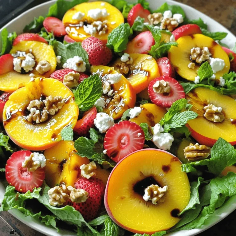 - 2 reife Pfirsiche, in Scheiben geschnitten - 1 Tasse Erdbeeren, entkelcht und halbiert - 1 Tasse gemischtes Grün (Rucola, Spinat, Baby-Blattkohl) Die Hauptzutaten sind frisch und lecker. Reife Pfirsiche bringen Süße und Saftigkeit. Erdbeeren fügen eine schöne rote Farbe hinzu und sind süß. Das gemischte Grün sorgt für einen knackigen Biss. Diese Kombination macht den Salat frisch und einladend. - 3 Esslöffel Balsamico-Glasur - 2 Esslöffel Olivenöl - ¼ Tasse zerbröckelter Feta-Käse - ¼ Tasse Walnüsse, grob gehackt Das Dressing ist einfach, aber voller Geschmack. Balsamico-Glasur gibt eine süß-saure Note. Olivenöl macht den Salat geschmeidig. Feta-Käse bringt eine salzige Tiefe. Walnüsse fügen einen tollen Crunch hinzu. Diese Garnierungen verbessern die Textur und den Geschmack. Für die vollständige Rezeptanleitung, schau dir das [Full Recipe] an. Zuerst musst du die Obstzutaten vorbereiten. Nimm die reifen Pfirsiche und schneide sie in dünne Scheiben. Halbiere dann die Erdbeeren, nachdem du das Grün entfernt hast. Diese Schritte sind einfach, aber wichtig für den Geschmack. Jetzt ist es Zeit, das Grünzeug zu waschen. Nimm die Mischung aus Rucola, Spinat und Baby-Blattkohl. Wasche die Blätter gründlich unter kaltem Wasser. Tupfe sie danach vorsichtig mit einem Küchentuch trocken. So bleibt der Salat frisch und knusprig. Jetzt kommt der spaßige Teil! Nimm eine große Schüssel und gebe die geschnittenen Pfirsiche sowie die Erdbeeren hinein. Füge dann das gewaschene Grünzeug hinzu. Vermenge alles sanft, damit die Früchte und Blätter gut verteilt sind. Für das Dressing brauchst du Olivenöl und Balsamico-Glasur. Träufle beides gleichmäßig über den Salat. Würze ihn mit Salz und Pfeffer nach deinem Geschmack. Mische alles vorsichtig, damit jedes Stück gut überzogen ist. Der Salat sieht jetzt lecker aus! Richte ihn schön auf einem großen, flachen Teller an. Streue den zerbröckelten Feta-Käse und die gehackten Walnüsse darüber. Das gibt dem Salat einen tollen Crunch. Um die Präsentation zu verfeinern, füge frische Minzblätter hinzu. Sie sorgen für ein frisches Aroma und eine schöne Optik. Du kannst auch kurz vor dem Servieren einen zusätzlichen Schluck Balsamico-Glasur darüber geben. So wird er noch ansprechender und geschmackvoller. Für das vollständige Rezept schaue dir den [Full Recipe] an! Um die besten Pfirsiche und Erdbeeren zu finden, achte auf die Farbe und die Textur. Reife Pfirsiche haben eine goldene Farbe und geben leicht nach, wenn du sie drückst. Erdbeeren sollten tiefrot und fest sein. Vermeide Früchte mit dunklen Flecken oder Druckstellen. Kaufe die Früchte in der Saison. Im Sommer sind Pfirsiche und Erdbeeren am frischesten und süßesten. Das macht deinen Salat noch leckerer. Um den Salat noch gesünder zu machen, füge weitere Zutaten hinzu. Du kannst Avocado für gesunde Fette verwenden oder Kichererbsen für mehr Protein. Diese Zutaten machen den Salat nahrhaft und sättigend. Für ein tolles Dressing nutze frische Zitrone oder Joghurt. Diese Optionen bringen frische Aromen und sind leicht. Sie sind eine gesunde Wahl im Vergleich zu schweren Dressings. Die Art, wie du den Salat anrichtest, macht viel aus. Serviere ihn in einer großen, flachen Schüssel. So kommen die bunten Farben der Früchte gut zur Geltung. Für eine schöne Dekoration streue frische Minzblätter über den Salat. Das sieht nicht nur gut aus, sondern gibt auch einen frischen Geschmack. Du kannst auch die Balsamico-Glasur kurz vor dem Servieren darüber träufeln. So glänzt der Salat und hat mehr Geschmack. {{image_4}} Wenn Sie Abwechslung möchten, probieren Sie andere Früchte. Im Sommer können Sie Melonen oder Ananas verwenden. Im Herbst eignen sich Äpfel oder Birnen gut. Diese Früchte bringen neue Geschmäcker in den Salat. Sie können auch verschiedene Nüsse oder Käse hinzufügen. Mandeln oder Pekannüsse geben einen tollen Crunch. Anstelle von Feta-Käse können Sie Ziegenkäse verwenden. Dies verändert den Geschmack, bleibt aber lecker. Für eine vegane Variante können Sie Feta-Käse durch Tofu ersetzen. Tofu hat eine ähnliche Textur und nimmt Aromen gut auf. Eine weitere gute Idee ist, Kichererbsen hinzuzufügen. Sie sind proteinreich und machen den Salat sättigender. Diese Optionen machen den Salat vielseitig und anpassbar. Für mehr Rezepte, schauen Sie sich das Pfirsich- und Erdbeer-Genuss-Salat Rezept an! Um den Pfirsich und Erdbeer Salat frisch zu halten, lagere ihn im Kühlschrank. Verwende einen luftdichten Behälter. So bleibt der Salat knackig und die Aromen erhalten. Die Haltbarkeit der Zutaten variiert. Reife Pfirsiche und Erdbeeren bleiben etwa 2-3 Tage frisch. Gemischtes Grün hält sich bis zu 5 Tage. Achte darauf, die Zutaten nicht zusammenzulagern, um die Frische zu wahren. Einige Vorbereitungen kannst du im Voraus treffen. Wasche das Grünzeug und schneide die Früchte. Lagere sie getrennt, damit sie frisch bleiben. Du kannst auch einige Zutaten einfrieren. Walnüsse und Feta-Käse lassen sich gut einfrieren. So hast du immer frische Zutaten zur Hand. Wenn du den Salat später zubereitest, tauen sie schnell auf. Für die vollständige Rezeptur, schau dir bitte das [Full Recipe] an. Der Pfirsich und Erdbeer Salat bleibt frisch, wenn du ihn richtig lagerst. Bewahre den Salat im Kühlschrank auf. Er hält sich dort etwa 1 bis 2 Tage. Die Früchte verlieren schnell ihre Frische. Wenn du den Salat mit Dressing vermischt hast, esse ihn am besten sofort. Das Dressing macht die Blätter weich. Wenn du ihn ohne Dressing lagerst, bleibt er länger knusprig. Ja, du kannst viele Dressings verwenden. Ein Honig-Senf-Dressing passt gut dazu. Ein Joghurt-Dressing gibt dem Salat einen cremigen Geschmack. Auch ein einfaches Zitronen-Olivenöl-Dressing ist lecker. Experimentiere mit verschiedenen Aromen, um deinen Salat anzupassen. Du kannst sogar frische Kräuter hinzufügen, um den Geschmack zu intensivieren. Dieser Salat ist leicht und frisch. Er passt gut zu gegrilltem Hähnchen oder Fisch. Du kannst auch frisches Brot oder Brötchen servieren. Für ein volleres Essen sind Quinoa oder Couscous eine gute Wahl. Diese Beilagen ergänzen die süßen Früchte und geben dir eine nahrhafte Mahlzeit. Mische verschiedene Optionen, um dein Essen zu bereichern. Probiere die Kombinationen aus und finde deinen Favoriten! Dieser Blog-Post hat gezeigt, wie man einen leckeren Salat mit reifen Pfirsichen und Erdbeeren zubereitet. Wir haben die Hauptzutaten, das Dressing und die besten Garnierungen besprochen. Die Schritt-für-Schritt-Anleitung hilft dir, alles richtig zu machen. Außerdem haben wir Tipps für die Auswahl von Früchten und die Präsentation gegeben. Denke daran, dass du mit Variationen und verschiedenen Saisonfrüchten neue Geschmäcker entdecken kannst. Mit den richtigen Lagerungshinweisen bleibt dein Salat frisch. Probiere die Ideen aus, um deinen perfekten Salat zu finden!