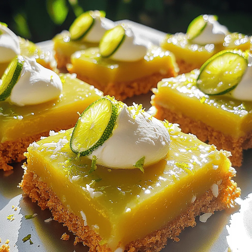 - 1 ½ Tassen Graham-Cracker-Brösel - ½ Tasse ungesüßte Kokosraspeln - ⅓ Tasse Kristallzucker - ½ Tasse ungesalzene Butter, geschmolzen Ich liebe die Basis dieser Riegel. Die Graham-Cracker-Brösel geben einen tollen Crunch. Die Kokosraspeln fügen einen leichten, süßen Geschmack hinzu. Kristallzucker sorgt für die perfekte Süße. Die ungesalzene Butter bindet alles zusammen und macht die Kruste lecker. - 4 große Eigelb - 1 Dose (400 g) gesüßte Kondensmilch - ½ Tasse frischer Key-Limonensaft (oder normaler Limettensaft) - Schale von 2 Key-Limonen Die Füllung ist das Herzstück. Die Eigelbe sorgen für eine cremige Textur. Gesüßte Kondensmilch gibt die nötige Süße und macht die Füllung reichhaltig. Der frische Key-Limonensaft bringt den spritzigen Geschmack. Die Limettenschale verstärkt das Aroma. - Frisch geschlagene Sahne - Limettenscheiben - Zusätzliche Limettenschale Die Dekoration macht alles besonders. Frisch geschlagene Sahne bringt eine luftige Note. Limettenscheiben sehen frisch und einladend aus. Zusätzliche Limettenschale kann man darüber streuen für einen zusätzlichen Kick. Diese Riegel sind nicht nur lecker, sie sehen auch toll aus! Wenn du mehr über die Zubereitung erfahren möchtest, schau dir die [Full Recipe] an. Heize deinen Ofen auf 175 °C vor. Bereite eine 20x20 cm Backform mit Backpapier vor. Lass das Papier an den Seiten überstehen. So kannst du die Riegel später leicht herausheben. Miss alle Zutaten ab und stelle sie bereit. Mische in einer Schüssel die Graham-Cracker-Brösel, Kokosraspeln und den Kristallzucker. Gieße die geschmolzene Butter dazu. Vermenge alles gut, bis die Mischung die Konsistenz von feuchtem Sand hat. Drücke die Mischung fest auf den Boden der Backform. In einer separaten Schüssel verquirle die Eigelbe mit der gesüßten Kondensmilch. Rühre, bis alles gut vermischt ist. Füge den frischen Key-Limonensaft und die Limettenschale hinzu. Vermenge alles gut. Backe die Kruste für 10 Minuten, bis sie leicht goldbraun ist. Lass die Kruste kurz abkühlen. Gieße die Limettenfüllung gleichmäßig über die Kruste. Backe die Riegel für weitere 15-20 Minuten. Die Ränder sollten fest sein, die Mitte darf wackeln. Lass die Riegel 30 Minuten bei Raumtemperatur abkühlen. Stelle sie dann für mindestens 2 Stunden in den Kühlschrank, damit sie fest werden. Hebe die Riegel mit dem Backpapier aus der Form. Schneide sie dann in Quadrate. Serviere sie mit frisch geschlagener Sahne und Limettenscheiben. Für das vollständige Rezept, schau dir das Full Recipe an. Um die perfekte Konsistenz der Riegel zu erreichen, lassen Sie sie nach dem Backen abkühlen. Die Riegel brauchen etwa 30 Minuten bei Raumtemperatur. Danach sollten Sie sie mindestens 2 Stunden im Kühlschrank kühlen. Das hilft, die Füllung fest werden zu lassen. Achten Sie auch auf die Backzeit. Backen Sie die Füllung 15 bis 20 Minuten lang. Die Ränder sollten fest, die Mitte aber noch leicht wackeln. So bleiben sie schön cremig. Wenn Sie glutenfrei backen möchten, nutzen Sie glutenfreie Graham-Cracker. Diese sind in vielen Läden erhältlich. Für vegane Alternativen ersetzen Sie die Eier mit etwas Apfelmus oder Leinsamen. Verwenden Sie auch eine pflanzliche Kondensmilch. Damit bleibt der Geschmack toll und alle können genießen. Sie können auch andere Süßungsmittel ausprobieren. Honig oder Agavendicksaft sind leckere Optionen. Diese geben den Riegeln eine andere Note. Außerdem können Sie andere Zitrussorten testen. Limetten oder Zitronen sind tolle Alternativen. Sie bringen frische Aromen in die Riegel und machen sie spannend. Wenn Sie kreativ sind, können Sie mit den Zutaten viel experimentieren. {{image_4}} Ich liebe es, mit verschiedenen Geschmäckern zu spielen. Eine tolle Variante sind Himbeer- oder Erdbeer-Limonen. Die Beeren geben den Riegeln eine frische, fruchtige Note. Du kannst die Beeren einfach pürieren und zur Limettenfüllung hinzufügen. Ein weiterer Hit sind Karamell- oder Schokoladenschichten. Diese Schichten bringen eine süße Tiefe in die klassische Limettenfüllung. Einfach etwas Karamell oder geschmolzene Schokolade auf die Kruste geben, bevor du die Füllung hinzufügst. Wenn du nicht backen möchtest, probiere die No-Bake-Version. Mische die Kruste wie gewohnt, aber lasse die Füllung im Kühlschrank fest werden. Diese Methode ist schnell und einfach. Für heiße Sommertage ist die eiskalte Version ideal. Bereite die Riegel wie gewohnt vor, aber serviere sie gefroren. Sie sind erfrischend und perfekt für heiße Tage. Für Allergien kannst du allergiefreundliche Zutaten verwenden. Nutze glutenfreie Graham-Cracker oder Kokosraspeln. Diese halten die Riegel lecker und sicher. Achte darauf, Kreuzkontamination zu vermeiden. Reinige die Arbeitsflächen und Werkzeuge gründlich. So kannst du sicherstellen, dass die Riegel für alle sicher sind. - Kühlschranklagerung: Legen Sie die Riegel in einen luftdichten Behälter. So bleiben sie frisch. Stellen Sie sicher, dass die Riegel gut abgekühlt sind, bevor Sie sie lagern. Sie können sie bis zu einer Woche im Kühlschrank aufbewahren. - Einfriermöglichkeiten: Wenn Sie die Riegel länger aufbewahren möchten, frieren Sie sie ein. Schneiden Sie die Riegel in Stücke und legen Sie sie in einen gefriergeeigneten Behälter. Sie halten sich bis zu drei Monate im Gefrierfach. Lassen Sie sie vor dem Servieren im Kühlschrank auftauen. Die Riegel sind am besten, wenn sie frisch sind. Ich empfehle, sie innerhalb einer Woche zu verzehren. Nach dieser Zeit kann die Textur leiden. Achten Sie auf Anzeichen von Verderb, wie einen unangenehmen Geruch oder eine veränderte Farbe. Bei richtiger Lagerung bleiben sie jedoch bis zu einer Woche im Kühlschrank gut. - Verwendung von übrig gebliebenen Zutaten: Wenn Sie Zutaten übrig haben, können Sie diese in anderen Rezepten verwenden. Zum Beispiel können die Kokosraspeln in Muffins oder einem Joghurt-Parfait landen. - Riegel als Teil eines Desserttellers: Die Riegel eignen sich hervorragend als Teil eines Desserttellers. Kombinieren Sie sie mit frischen Früchten oder anderen kleinen Desserts. So bieten Sie eine bunte Auswahl für Ihre Gäste. Key Lime Pie Bars halten sich gut. Im Kühlschrank bleiben sie bis zu einer Woche frisch. Sie sollten die Riegel in einem luftdichten Behälter aufbewahren. Im Gefrierschrank können sie bis zu drei Monate halten. Achten Sie darauf, sie gut einzupacken, damit sie nicht austrocknen. So bleiben der Geschmack und die Textur erhalten. Ja, du kannst die Riegel glutenfrei zubereiten. Ersetze die Graham-Cracker-Brösel durch glutenfreie Kekse. Viele Marken bieten leckere Optionen an. Achte darauf, dass diese Kekse keine glutenhaltigen Zutaten enthalten. Du kannst auch gemahlene Mandeln oder Kokosmehl verwenden, um eine andere Geschmacksnote zu erzielen. Ja, das ist möglich! Du kannst die Eier durch Leinsamen oder Chia-Samen ersetzen. Mische einen Esslöffel gemahlene Samen mit drei Esslöffeln Wasser. Lass die Mischung einige Minuten ruhen, bis sie dick wird. Für die gesüßte Kondensmilch gibt es pflanzliche Alternativen aus Kokos oder Soja. So kannst du eine köstliche vegane Version machen. Um die Details und den gesamten Ablauf zu sehen, schau dir das [Full Recipe] an. Die Key Lime Pie Riegel sind einfach zuzubereiten. Mit wenigen Hauptzutaten schaffen Sie eine leckere Kruste und eine frische Füllung. Denken Sie an die verschiedenen Variationen und Lagerungstipps, die wir besprochen haben. Diese Riegel sind perfekt für jeden Anlass. Kombinieren Sie neue Geschmäcker und passen Sie die Rezepte an. Die Möglichkeiten sind endlos! Genießen Sie das Backen und Ihre köstlichen Kreationen.
