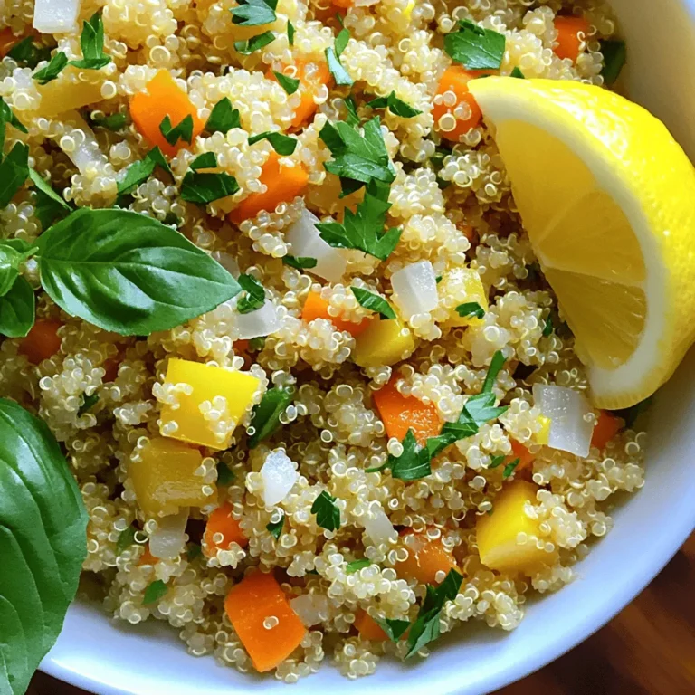 Um einen schmackhaften Herbed Lemon Quinoa Pilaf zuzubereiten, benötigen Sie folgende Zutaten: - 1 Tasse Quinoa, gründlich gewaschen - 2 Tassen Gemüsebrühe - 1 mittelgroße Zwiebel, fein gehackt - 2 Knoblauchzehen, zerdrückt - 1 Möhre, gewürfelt - 1 Paprika (beliebige Farbe), gewürfelt - 1 Teelöffel getrockneter Thymian - 1 Teelöffel getrockneter Oregano - 1 Zitrone (Schale und Saft) - 3 Esslöffel Olivenöl - Salz und Pfeffer nach Geschmack - 1/4 Tasse frische Petersilie, gehackt - 1/4 Tasse frisches Basilikum, gehackt Frische Zutaten machen einen großen Unterschied. Wählen Sie Quinoa, die klar und glänzend ist. Bei Gemüse sollten die Farben lebhaft sein. Achten Sie darauf, dass die Zwiebeln fest sind. Die Kräuter sollten grün und duftend sein. Verwenden Sie frische Zitrone für den besten Geschmack. Prüfen Sie die Schale; sie sollte glatt und ohne Flecken sein. Falls Sie eine glutenfreie Diät haben, ist Quinoa eine tolle Wahl. Für eine vegane Variante können Sie die Gemüsebrühe selbst machen oder eine pflanzliche Brühe verwenden. Wenn Sie keine Zwiebeln mögen, probieren Sie Lauch oder Frühlingszwiebeln. Für einen anderen Geschmack können Sie Erbsen oder Spargel hinzufügen. Diese Optionen machen das Gericht anpassbar und schmackhaft. Die vollständige Rezeptanleitung finden Sie im [Full Recipe]. Beginnen Sie mit der Quinoa. Bringen Sie in einem mittleren Topf die Gemüsebrühe zum Kochen. Fügen Sie die gründlich gewaschene Quinoa und eine Prise Salz hinzu. Reduzieren Sie die Hitze auf klein und decken Sie den Topf ab. Lassen Sie die Quinoa 15 Minuten kochen, bis die Flüssigkeit aufgenommen ist. Nach dem Kochen nehmen Sie den Topf vom Herd. Lassen Sie die Quinoa fünf Minuten abgedeckt stehen. Lockern Sie sie dann mit einer Gabel auf. Während die Quinoa kocht, erhitzen Sie das Olivenöl in einer großen Pfanne bei mittlerer Hitze. Fügen Sie die gehackte Zwiebel hinzu und braten Sie sie an, bis sie durchsichtig ist. Das dauert etwa drei bis fünf Minuten. Geben Sie den zerdrückten Knoblauch, die gewürfelte Möhre und die Paprika in die Pfanne. Braten Sie alles für weitere fünf bis sieben Minuten an, bis das Gemüse zart ist. Rühren Sie den getrockneten Thymian und Oregano in die Pfanne. Lassen Sie die Gewürze eine Minute anrösten. Geben Sie die gekochte Quinoa zusammen mit der Zitronenschale und dem Zitronensaft in die Pfanne. Vermengen Sie alles gut. Schmecken Sie das Gericht mit Salz und Pfeffer ab. Passen Sie die Würze nach Belieben an. Nehmen Sie die Pfanne vom Herd und heben Sie die frische Petersilie und das Basilikum unter. Servieren Sie das Gericht warm oder bei Zimmertemperatur. Für eine schöne Präsentation, garnieren Sie mit frischen Kräutern und einem Zitronenschnitz. Für die vollständige Anleitung schauen Sie sich das [Full Recipe] an. Um die Quinoa perfekt zuzubereiten, wasche sie gründlich. Dadurch entfernst du Bitterstoffe. Bring dann die Gemüsebrühe zum Kochen. Achte darauf, die Hitze zu reduzieren, wenn du die Quinoa hinzufügst. Lass sie 15 Minuten köcheln. Danach lass die Quinoa 5 Minuten abgedeckt stehen. Das macht sie fluffiger und lockerer. Du kannst die Gewürze ganz nach deinem Geschmack anpassen. Probiere verschiedene Kräuter wie Dill oder Rosmarin. Frische Kräuter geben zusätzlichen Geschmack. Zitronensaft ist wichtig für die Frische. Ein Spritzer mehr kann das Gericht lebendiger machen. Füge auch etwas Chili für Schärfe hinzu, wenn du es magst. Die Präsentation macht viel aus. Löffle den Pilaf in eine schöne Schüssel. Garniere ihn mit frischen Kräutern. Ein Zitronenschnitz an der Seite sieht toll aus. Du kannst auch einige geröstete Nüsse hinzufügen für Textur. Ein schöner Tisch macht das Essen noch besser. Wenn du Gäste hast, wird es sie beeindrucken. Für das vollständige Rezept, schau dir die [Full Recipe] an. {{image_4}} Kräuter-Zitronen-Quinoa-Pilaw ist von Natur aus vegan und vegetarisch. Um das Gericht noch vielseitiger zu machen, füge mehr Gemüse hinzu. Du kannst zum Beispiel Zucchini, Spinat oder Erbsen verwenden. Diese Zutaten bringen nicht nur Farbe, sondern auch Nährstoffe. Wenn du einen herzhaften Geschmack möchtest, probiere geröstete Nüsse oder Samen. Diese geben dir einen schönen Crunch und mehr Protein. Um den Geschmack zu intensivieren, kannst du verschiedene Zutaten hinzufügen. Füge zum Beispiel geröstete Pinienkerne oder Walnüsse hinzu. Diese sorgen für einen nussigen Geschmack. Du kannst auch Feta-Käse für eine salzige Note einarbeiten oder getrocknete Cranberries für eine süße Überraschung. Diese Kombinationen erhöhen den Geschmack und machen jede Portion besonders. Die Wahl der Zutaten kann je nach Saison variieren. Im Frühling sind frische Erbsen und Spargel eine tolle Wahl. Im Sommer kannst du Tomaten und Paprika nutzen. Im Herbst sind Kürbis und Süßkartoffeln perfekt. Im Winter kannst du Wurzelgemüse wie Karotten oder Rüben verwenden. Diese saisonalen Zutaten geben deinem Pilaw einen neuen Touch und machen es das ganze Jahr über spannend. Für das gesamte Rezept, schau dir [Full Recipe] an. Um den Herbed Lemon Quinoa Pilaf frisch zu halten, lagern Sie ihn in einem luftdichten Behälter. Lassen Sie das Gericht zuerst auf Raumtemperatur abkühlen. Nach dem Abkühlen decken Sie den Behälter gut ab. So bleibt der Geschmack erhalten. Lagern Sie ihn im Kühlschrank, wo er bis zu fünf Tage hält. Resteverwertung ist einfach und macht Spaß! Sie können den Pilaf in einen Wrap füllen oder mit gebratenem Hähnchen servieren. Auch als Füllung für Paprika eignet er sich gut. Fügen Sie ein paar Bohnen hinzu, um mehr Protein zu bekommen. Eine andere Idee ist, den Pilaf in eine Suppe zu geben. So wird die Suppe nahrhafter und schmackhafter. Der Pilaf hält sich im Kühlschrank bis zu fünf Tage. Wenn Sie ihn wieder aufwärmen, verwenden Sie eine Pfanne oder Mikrowelle. Fügen Sie etwas Wasser oder Brühe hinzu, um ihn nicht auszutrocknen. In der Mikrowelle erhitzen Sie ihn in kurzen Intervallen, um gleichmäßige Wärme zu erzielen. Achten Sie darauf, den Pilaf nicht zu lange zu erhitzen, damit er nicht matschig wird. Kräuter-Zitronen-Quinoa-Pilaw bleibt bis zu fünf Tage frisch. Bewahre ihn in einem luftdichten Behälter im Kühlschrank auf. Vor dem Servieren erhitze ihn leicht in der Mikrowelle oder in einer Pfanne. So bleibt der Geschmack lebendig und frisch. Ja, du kannst andere Gemüsesorten verwenden. Zucchini, Erbsen oder Spinat passen gut. Diese Gemüse fügen Farbe und Nährstoffe hinzu. Experimentiere mit dem, was du magst oder zur Hand hast. So bleibt das Rezept interessant und vielfältig. Kräuter-Zitronen-Quinoa-Pilaw passt gut zu gegrilltem Hühnchen oder gebratenem Fisch. Auch als Beilage zu einem frischen Salat schmeckt er hervorragend. Du kannst ihn auch allein genießen, denn er ist nahrhaft und lecker. Für die optimale Kombination, serviere ihn warm. Probiere auch die Full Recipe für mehr Ideen! Kräuter-Zitronen-Quinoa-Pilaw ist einfach zuzubereiten und gesund. Wir haben die besten Zutaten für frische Gerichte besprochen und Tipps zur Zubereitung gegeben. Ich habe verschiedene Variationen und Lagerungshinweise für dich zusammengetragen. Verwende das Rezept, um kreativ zu sein und deinen Tisch schön zu gestalten. Genieß die Vielfalt, die Quinoa bieten kann. Du kannst sicher sein, dass du mit diesem Rezept eine leckere Mahlzeit zauberst.