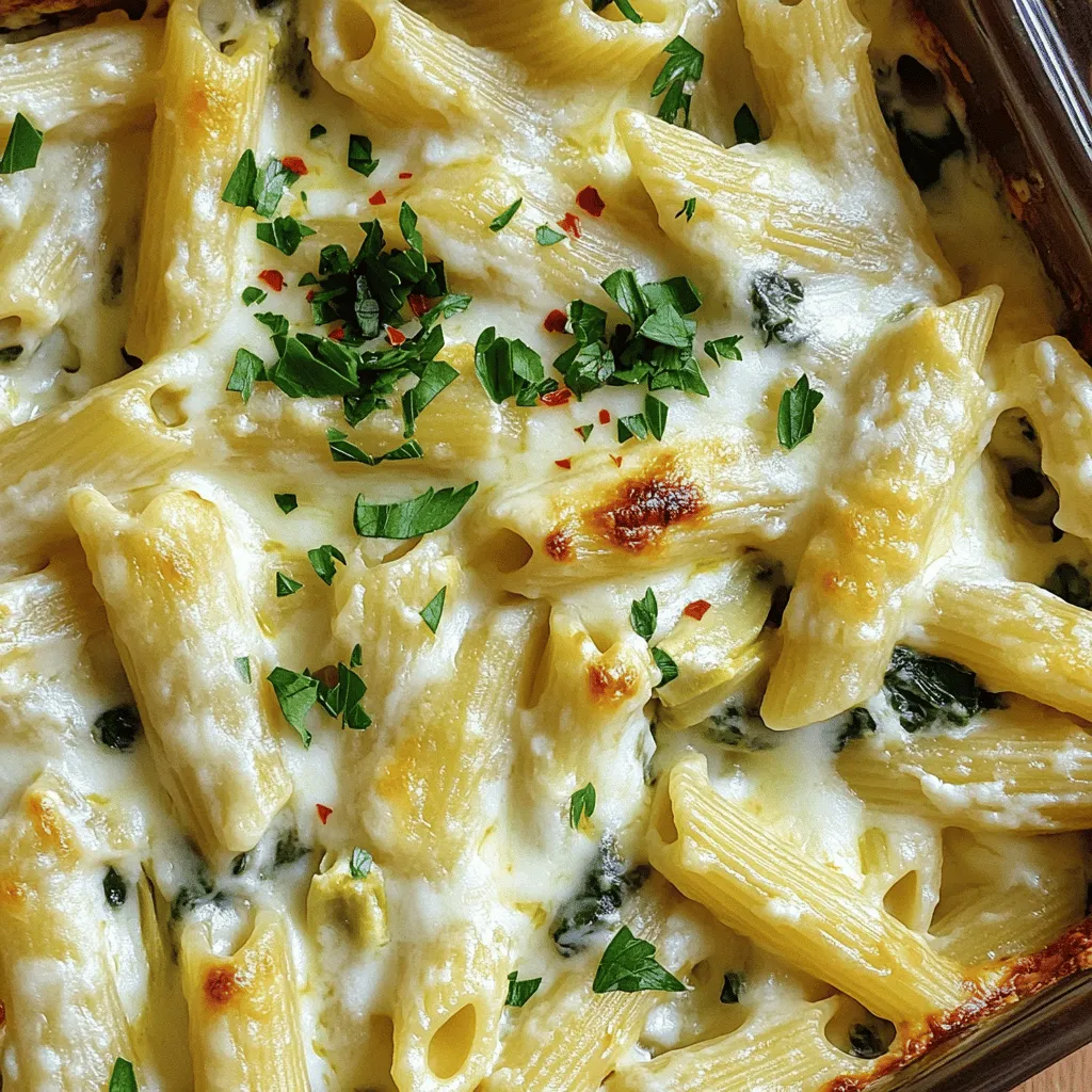 Für den Spinats-Artischocken-Pasta-Auflauf brauchst du folgende Zutaten: - 340 g Penne-Nudeln - 1 Dose (400 g) Artischockenherzen, abgetropft und gehackt - 4 Tassen frischer Spinat, grob gehackt - 240 g Ricotta-Käse - 240 g geriebener Mozzarella-Käse, geteilt - 50 g geriebener Parmesan-Käse - 2 Knoblauchzehen, fein gehackt - 1/2 Teelöffel rote Pfefferflocken - 1 Teelöffel italienische Gewürzmischung - 60 g Frischkäse, weich - Salz und Pfeffer nach Geschmack - Frische Petersilie, gehackt (zum Garnieren) Dieser Auflauf ist nicht nur lecker, sondern auch gesund. Spinat ist reich an Eisen und Vitaminen. Artischocken fördern die Verdauung und sind niedrig in Kalorien. Ricotta und Mozzarella liefern Protein und Calcium. Dies macht das Gericht zu einer guten Wahl für eine ausgewogene Mahlzeit. Die Kombination aus Käse und Gemüse sorgt für einen vollen Geschmack. - Pasta: Wähle hochwertige Penne-Nudeln aus Hartweizengrieß. Sie halten die Sauce gut. - Spinat: Achte auf frischen Spinat. Er sollte knackig und grün sein. - Artischocken: Verwende ganze Artischockenherzen. Diese sind oft frischer als in Dosen. - Käse: Greife nach frischem Ricotta und Mozzarella. Sie geben den besten Geschmack. - Gewürze: Nutze frische Kräuter, wenn möglich. Das hebt das Aroma. Mit diesen Tipps wird dein Spinats-Artischocken-Pasta-Auflauf noch besser. Du kannst alle Zutaten in der Full Recipe nachlesen, um die perfekte Mischung für deinen Auflauf zu finden. Die Vorbereitungszeit für diesen Auflauf beträgt nur 15 Minuten. Nach dem Vorbereiten backen wir ihn für 25 bis 30 Minuten. Die Gesamtzeit ist also 45 Minuten. In kürzester Zeit haben Sie ein leckeres Gericht auf dem Tisch. 1. Heizen Sie Ihren Ofen auf 190°C vor. Dies sorgt dafür, dass der Auflauf gleichmäßig gart. 2. Kochen Sie in einem großen Topf gesalzenes Wasser. Fügen Sie die Penne-Nudeln hinzu und kochen Sie sie al dente. Folgen Sie den Anweisungen auf der Verpackung. Gießen Sie die Nudeln ab und stellen Sie sie zur Seite. 3. Nehmen Sie eine große Rührschüssel. Vermengen Sie die gehackten Artischockenherzen, den frischen Spinat, den Ricotta-Käse, 180 g des Mozzarella-Käses, den Parmesan, den gehackten Knoblauch, die roten Pfefferflocken, die italienische Gewürzmischung sowie Salz und Pfeffer. Rühren Sie alles gut um. 4. Fügen Sie langsam die gekochten Penne-Nudeln in die Schüssel. Heben Sie sie vorsichtig unter die Käse- und Gemüse-Mischung. 5. Übertragen Sie alles in eine gefettete Auflaufform (24x33 cm). 6. Streuen Sie den restlichen 60 g Mozzarella-Käse gleichmäßig über den Auflauf. 7. Backen Sie den Auflauf im vorgeheizten Ofen für 25 bis 30 Minuten. Der Käse sollte sprudelnd und goldbraun sein. 8. Lassen Sie den Auflauf nach dem Backen 5 Minuten abkühlen. Garnieren Sie ihn vor dem Servieren mit frisch gehackter Petersilie. Achten Sie darauf, die Nudeln nicht zu lange zu kochen. Sie sollten al dente bleiben, um die beste Textur zu erzielen. Wenn Sie den Auflauf vorbereiten, können Sie die Zutaten nach Ihrem Geschmack anpassen. Fühlen Sie sich frei, mehr Gemüse oder Gewürze hinzuzufügen. Beim Backen ist es wichtig, den Auflauf im Auge zu behalten. Jeder Ofen kann anders sein, also schauen Sie nach, ob der Käse schön goldbraun wird. Mit diesen Schritten wird Ihr Spinach Artichoke Pasta Bake immer ein Hit! Um eine cremige Konsistenz zu erreichen, benutze frischen Spinat. Er sorgt für mehr Feuchtigkeit. Die Kombination von Ricotta und Frischkäse gibt dir die gewünschte Cremigkeit. Achte darauf, die Nudeln nicht zu lange zu kochen. Sie sollten al dente sein. So bleiben sie beim Backen in der perfekten Form. Der Käse macht den Auflauf besonders lecker. Nutze frischen Mozzarella für einen schmelzenden Effekt. Parmesan gibt einen tollen Geschmack. Du kannst auch Gouda verwenden, wenn du etwas mehr Würze magst. Misch die Käsesorten gut, um einen volleren Geschmack zu erzielen. Für eine glutenfreie Option, wähle glutenfreie Penne-Nudeln. Wenn du vegan bist, kannst du Ricotta durch einen Nusskäse ersetzen. Achte darauf, dass alle anderen Zutaten ebenfalls vegan sind. Bei Laktoseintoleranz sind laktosefreie Käsesorten eine gute Wahl. So kannst du den Auflauf genießen, ohne Sorgen zu haben. {{image_4}} Um diesen Auflauf vegan zu machen, ersetzen Sie den Käse durch pflanzliche Alternativen. Nutzen Sie Cashewkäse oder vegane Ricotta-Optionen. Für die glutenfreie Version wählen Sie glutenfreie Pasta. Achten Sie darauf, dass alle anderen Zutaten ebenfalls glutenfrei sind. So bleibt der Geschmack intensiv und lecker. Möchten Sie den Auflauf noch reichhaltiger? Fügen Sie in der Mischung einige getrocknete Tomaten oder Oliven hinzu. Diese geben einen tollen Geschmack. Auch gebratene Pilze passen gut. Wer es schärfer mag, kann Jalapenos oder Chilipulver nutzen. Seien Sie kreativ und passen Sie die Zutaten an Ihren Geschmack an. Der Auflauf ist perfekt für ein gemütliches Abendessen. Servieren Sie ihn mit einem frischen Beilagensalat. Ein einfaches Dressing aus Olivenöl und Balsamico passt gut dazu. Knoblauchbrot ist auch eine tolle Begleitung. Wer möchte, kann extra Parmesan bereitstellen, um die Portionen zu verfeinern. Ein Gläschen Weißwein macht das Essen noch besser. Wenn du Reste vom Spinats-Artischocken-Pasta-Auflauf hast, kannst du sie einfach aufbewahren. Lass den Auflauf zuerst auf Raumtemperatur abkühlen. Danach packe ihn in einen luftdichten Behälter. Du kannst ihn auch in Portionen aufteilen. So bleibt jeder Bissen frisch. Wenn du den Auflauf länger aufbewahren möchtest, friere ihn in einem gefrierfesten Behälter ein. Achte darauf, ihn gut abzudecken, damit er keinen Frostgeschmack annimmt. Im Kühlschrank hält sich der Auflauf etwa drei bis vier Tage. Stelle sicher, dass der Behälter gut verschlossen ist. So bleibt der Auflauf frisch und lecker. Wenn du nach ein paar Tagen Zweifel hast, schau auf das Aussehen und den Geruch. Wenn etwas nicht gut aussieht oder riecht, wirf es besser weg. Sicherheit geht vor. Um den Auflauf aufzuwärmen, heize deinen Ofen auf 180°C vor. Decke den Auflauf mit Alufolie ab, um ein Austrocknen zu vermeiden. Backe ihn für etwa 15 bis 20 Minuten. Wenn du möchtest, kannst du die Folie in den letzten Minuten abnehmen, damit der Käse wieder schön goldbraun wird. Alternativ kannst du auch die Mikrowelle verwenden. Stelle den Auflauf in eine mikrowellengeeignete Schüssel und erwärme ihn in kurzen Intervallen. Rühre zwischendurch um, damit er gleichmäßig warm wird. Für die besten Ergebnisse, genieße den Auflauf frisch. Aber die Reste sind immer noch eine tolle Wahl! Für das vollständige Rezept, besuche die [Full Recipe]. Du kannst den Auflauf ganz einfach im Voraus zubereiten. Bereite alle Zutaten wie in der Anleitung vor, aber backe den Auflauf nicht sofort. Stattdessen, decke die Auflaufform mit Folie ab und stelle sie in den Kühlschrank. Du kannst ihn bis zu 24 Stunden vorher zubereiten. Wenn du bereit bist, backe den Auflauf einfach direkt aus dem Kühlschrank. Möglicherweise musst du die Backzeit um 5 bis 10 Minuten verlängern. Penne ist eine tolle Wahl, aber du kannst auch andere Nudeln verwenden. Fusilli, Rigatoni oder sogar Spiralnudeln passen gut. Wenn du glutenfrei kochen möchtest, nimm glutenfreie Pasta. Du kannst auch Zucchini-Nudeln für eine leichtere Variante nutzen. Jede dieser Optionen bringt einen eigenen Geschmack und eine andere Textur. Der Auflauf ist sehr sättigend, also halte die Beilagen einfach. Ein frischer grüner Salat ist perfekt. Er bringt eine knusprige Textur und ergänzt die cremige Pasta. Knoblauchbrot ist eine weitere tolle Beilage. Es passt gut zur Käse-Sauce und sorgt für einen herzhaften Biss. Du kannst auch gedämpftes Gemüse wie Brokkoli oder grüne Bohnen servieren. Diese Optionen machen dein Essen noch bunter und gesünder. Für das vollständige Rezept, schau dir den Abschnitt "Spinats-Artischocken-Pasta-Auflauf" an. In diesem Blogbeitrag haben wir die besten Zutaten für unseren Spinats-Artischocken-Pasta-Auflauf durchgängig erläutert. Wir haben die Zubereitungsschritte klar vorgestellt und nützliche Tipps für die perfekte Konsistenz gegeben. Variationen und Anpassungen für besondere Bedürfnisse wurden ebenfalls behandelt. Abschließend solltest du immer die Tipps zur Lagerung und Haltbarkeit beachten, um den besten Genuss zu erzielen. Mit diesen Informationen hast du alles, was du brauchst, um eine köstliche Mahlzeit zuzubereiten. Viel Spaß beim Kochen!