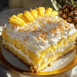 - Gelbe Kuchenmischung - Kokosmilch (aus der Dose) - Zerdrückte Ananas (abgetropft) Die Hauptzutaten für diesen Kuchen sind einfach. Die gelbe Kuchenmischung gibt dem Kuchen seine Basis. Sie ist leicht zu finden und macht das Backen schnell. Kokosmilch bringt den tropischen Geschmack. Sie macht den Kuchen auch feucht. Zerdrückte Ananas fügt Süße und Frische hinzu. Diese Mischung ist der Schlüssel zu einem fruchtigen Geschmack. - Gesüßte Kokosraspel - Schlagsahne - Gesüßte Kondensmilch Die Creme macht den Kuchen besonders lecker. Gesüßte Kokosraspel geben eine schöne Textur. Sie sind auch süß und passen gut zur Ananas. Schlagsahne macht die Creme leicht und luftig. Gesüßte Kondensmilch sorgt für einen reichen Geschmack. Diese Zutaten zusammen machen die Creme unwiderstehlich. - Geröstete Kokosflocken - Frische Ananasscheiben Die Dekoration ist wichtig für das Aussehen. Geröstete Kokosflocken geben einen knusprigen Biss. Sie fügen auch visuelle Schönheit hinzu. Frische Ananasscheiben machen den Kuchen noch frischer. Diese Garnierung macht den Kuchen perfekt für jede Feier. Wenn du den Kokosnuss-Ananas Poke Kuchen machst, denke an die Dekoration, um ihn schön zu präsentieren. Du kannst das Rezept im [Full Recipe] nachlesen. Heizen Sie Ihren Ofen auf 175°C vor. Dies ist wichtig, damit der Kuchen gleichmäßig backt. Bereiten Sie eine 23x33 cm Backform vor. Fetten Sie sie gut ein oder legen Sie sie mit Backpapier aus. So bleibt der Kuchen nicht kleben. In einer großen Schüssel vermengen Sie die gelbe Kuchenmischung, die Eier, die zerdrückte Ananas und die Kokosmilch. Rühren Sie vorsichtig, bis alles gut gemischt ist. Achten Sie darauf, nicht zu lange zu rühren. Der Teig sollte schön locker bleiben. Gießen Sie den Teig dann in die vorbereitete Backform und verteilen Sie ihn gleichmäßig. Backen Sie den Kuchen für 25-30 Minuten. Prüfen Sie mit einem Zahnstocher, ob er fertig ist. Wenn er sauber herauskommt, ist der Kuchen bereit. Lassen Sie den Kuchen etwa 10 Minuten in der Form abkühlen. Während er noch warm ist, stechen Sie mit dem Griff eines Holzlöffels Löcher in den Kuchen. Die Löcher sollten etwa 2,5 cm auseinander liegen. In einer kleinen Schüssel vermengen Sie die gesüßte Kondensmilch und die Schlagsahne, bis die Mischung glatt ist. Gießen Sie diese Creme gleichmäßig über den Kuchen. Lassen Sie den Kuchen dann vollständig auf Zimmertemperatur abkühlen und stellen Sie ihn für mindestens 2 Stunden in den Kühlschrank. - Teig nicht übermixen: Wenn Sie den Teig zu lange rühren, wird der Kuchen hart. Mischen Sie nur, bis alles gut vermischt ist. - Backzeit genau im Auge behalten: Jeder Ofen ist anders. Überprüfen Sie den Kuchen nach 25 Minuten. Ein Zahnstocher sollte sauber herauskommen. - Verwendung von frischen Zutaten: Frische Ananas bringt mehr Geschmack. Sie können auch Limettenschale für ein besonderes Aroma hinzufügen. - Anpassungen der Süße: Wenn Sie weniger süß mögen, reduzieren Sie die Kondensmilch. Oder verwenden Sie Honig oder Agavendicksaft. - Anrichten und Dekorieren des Kuchens: Schneiden Sie den Kuchen in gleichmäßige Stücke. Garnieren Sie mit gerösteten Kokosflocken und frischen Ananasscheiben für einen schönen Blick. - Ideen für zusätzliche Beilagen: Servieren Sie den Kuchen mit einer Kugel Vanilleeis oder einem Klecks Sahne. Das passt gut zu den fruchtigen Aromen und macht den Kuchen noch besser. Für das vollständige Rezept schauen Sie sich die [Full Recipe] an. {{image_4}} Eine tolle Möglichkeit, den Kokosnuss-Ananas Poke Kuchen zu variieren, ist das Hinzufügen von anderen tropischen Früchten. Mango oder Papaya geben dem Kuchen frische Aromen. Du kannst auch kleine Ananasstückchen im Teig verwenden. Das gibt zusätzliche Saftigkeit und einen intensiven Ananasgeschmack. Wenn du auf eine glutenfreie Ernährung achtest, kannst du eine glutenfreie Kuchenmischung verwenden. Diese ist leicht erhältlich und funktioniert gut. Für vegane Alternativen kannst du die Eier durch Apfelmus oder Leinsamen ersetzen. Das hält den Kuchen saftig und lecker. Die Jahreszeit kann auch die Fruchtwahl beeinflussen. Im Sommer sind frische Beeren oder Pfirsiche eine gute Wahl. Im Herbst passen Äpfel oder Birnen gut dazu. Der Kuchen bleibt so immer frisch und aufregend. Experimentiere mit verschiedenen Früchten für neue Geschmackserlebnisse! Für das vollständige Rezept, sieh dir den [Full Recipe] an. Bewahre den Kokosnuss-Ananas Poke Kuchen im Kühlschrank auf. Der Kühlschrank hilft, den Kuchen frisch zu halten. Du solltest den Kuchen in einer luftdichten Box aufbewahren. Das schützt ihn vor anderen Gerüchen im Kühlschrank. Wenn du den Kuchen abdeckst, bleibt er länger saftig und lecker. Der Kuchen bleibt bis zu fünf Tage frisch. Achte darauf, ihn gut abzudecken. So vermeidest du, dass er austrocknet. Wenn der Kuchen trocken wird, schmeckt er nicht mehr so gut. Ein kleiner Tipp: Wenn du den Kuchen in Scheiben schneidest, bleibt die restliche Fläche frisch. Du kannst den Kuchen auch einfrieren. Teile ihn in Stücke und lege sie in einen Gefrierbeutel. Achte darauf, die Luft aus dem Beutel zu drücken. So bleibt der Kuchen lecker. Zum Auftauen nimm einfach die Stücke aus dem Gefrierfach und lasse sie bei Zimmertemperatur stehen. Nach ein bis zwei Stunden kannst du sie servieren. Die Zubereitung des Kokosnuss-Ananas Poke Kuchens dauert etwa 20 Minuten. Dann backt der Kuchen für 25 bis 30 Minuten im Ofen. Nach dem Backen braucht der Kuchen eine Kühlzeit von mindestens 2 Stunden. Insgesamt sollten Sie also etwa 3 Stunden einplanen, um den Kuchen fertig zu machen und genießen zu können. Ja, Sie können andere Früchte verwenden. Mango ist eine tolle Wahl. Erdbeeren oder Kirschen bieten auch einen fruchtigen Geschmack. Wenn Sie Früchte im Teig verwenden, achten Sie darauf, die Flüssigkeit zu reduzieren. So bleibt der Kuchen nicht zu feucht. Experimentieren Sie mit Ihren Lieblingsfrüchten! Lagern Sie übrig gebliebenen Kuchen im Kühlschrank. Decken Sie den Kuchen gut ab, um ihn frisch zu halten. Verwenden Sie Frischhaltefolie oder eine Kuchenschachtel. So bleibt der Kuchen für bis zu fünf Tage genießbar. Wenn der Kuchen länger halten soll, fügen Sie ihn in den Gefrierschrank. Achten Sie darauf, ihn gut einzuwickeln. Ja, Sie können eine glutenfreie Kuchenmischung verwenden. Achten Sie darauf, dass alle anderen Zutaten glutenfrei sind. Dies sorgt dafür, dass auch glutenempfindliche Personen den Kuchen genießen können. Der Geschmack bleibt köstlich und die Textur bleibt fluffig. So hat jeder die Möglichkeit, diesen leckeren Kuchen zu genießen! Dekorieren Sie den Kuchen kreativ! Streuen Sie geröstete Kokosflocken über die Oberseite für einen knackigen Biss. Frische Ananasscheiben machen den Kuchen ansprechend. Sie können auch essbare Blumen oder bunte Früchte verwenden, um den Kuchen lebendiger zu gestalten. Lassen Sie Ihrer Kreativität freien Lauf und machen Sie den Kuchen einzigartig! Der Kokosnuss-Ananas Poke Kuchen ist einfach zuzubereiten und lecker. Wir haben die nötigen Zutaten aufgelistet und die Schritte zur Zubereitung klar erklärt. Mit Tipps und Tricks umgehen Sie häufige Fehler und bekommen die besten Ergebnisse. Sie können auch kreative Variationen hinzufügen, um den Kuchen Ihren Wünschen anzupassen. Lagern Sie Ihre Reste gut, um die Frische zu bewahren. Experimentieren Sie mit verschiedenen Früchten für mehr Vielfalt. Viel Spaß beim Backen und Genießen!