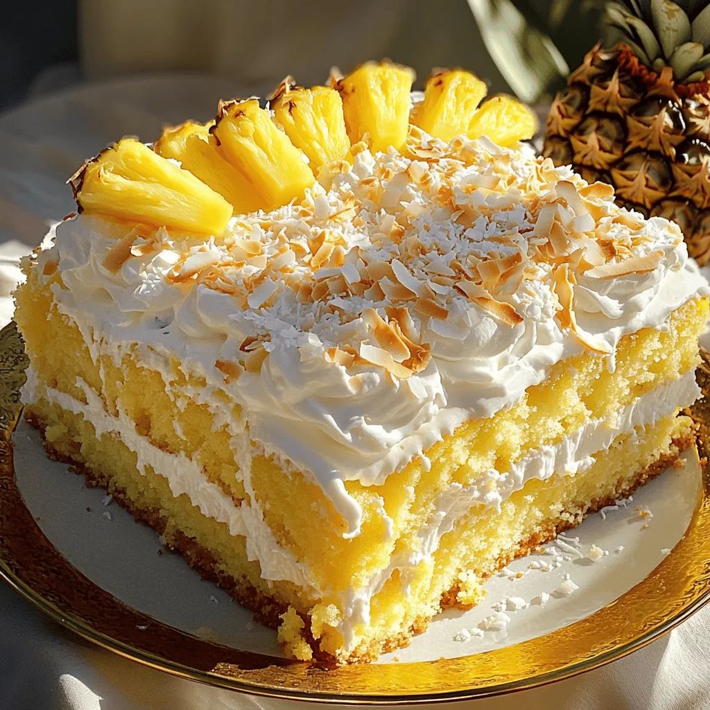 - Gelbe Kuchenmischung - Kokosmilch (aus der Dose) - Zerdrückte Ananas (abgetropft) Die Hauptzutaten für diesen Kuchen sind einfach. Die gelbe Kuchenmischung gibt dem Kuchen seine Basis. Sie ist leicht zu finden und macht das Backen schnell. Kokosmilch bringt den tropischen Geschmack. Sie macht den Kuchen auch feucht. Zerdrückte Ananas fügt Süße und Frische hinzu. Diese Mischung ist der Schlüssel zu einem fruchtigen Geschmack. - Gesüßte Kokosraspel - Schlagsahne - Gesüßte Kondensmilch Die Creme macht den Kuchen besonders lecker. Gesüßte Kokosraspel geben eine schöne Textur. Sie sind auch süß und passen gut zur Ananas. Schlagsahne macht die Creme leicht und luftig. Gesüßte Kondensmilch sorgt für einen reichen Geschmack. Diese Zutaten zusammen machen die Creme unwiderstehlich. - Geröstete Kokosflocken - Frische Ananasscheiben Die Dekoration ist wichtig für das Aussehen. Geröstete Kokosflocken geben einen knusprigen Biss. Sie fügen auch visuelle Schönheit hinzu. Frische Ananasscheiben machen den Kuchen noch frischer. Diese Garnierung macht den Kuchen perfekt für jede Feier. Wenn du den Kokosnuss-Ananas Poke Kuchen machst, denke an die Dekoration, um ihn schön zu präsentieren. Du kannst das Rezept im [Full Recipe] nachlesen. Heizen Sie Ihren Ofen auf 175°C vor. Dies ist wichtig, damit der Kuchen gleichmäßig backt. Bereiten Sie eine 23x33 cm Backform vor. Fetten Sie sie gut ein oder legen Sie sie mit Backpapier aus. So bleibt der Kuchen nicht kleben. In einer großen Schüssel vermengen Sie die gelbe Kuchenmischung, die Eier, die zerdrückte Ananas und die Kokosmilch. Rühren Sie vorsichtig, bis alles gut gemischt ist. Achten Sie darauf, nicht zu lange zu rühren. Der Teig sollte schön locker bleiben. Gießen Sie den Teig dann in die vorbereitete Backform und verteilen Sie ihn gleichmäßig. Backen Sie den Kuchen für 25-30 Minuten. Prüfen Sie mit einem Zahnstocher, ob er fertig ist. Wenn er sauber herauskommt, ist der Kuchen bereit. Lassen Sie den Kuchen etwa 10 Minuten in der Form abkühlen. Während er noch warm ist, stechen Sie mit dem Griff eines Holzlöffels Löcher in den Kuchen. Die Löcher sollten etwa 2,5 cm auseinander liegen. In einer kleinen Schüssel vermengen Sie die gesüßte Kondensmilch und die Schlagsahne, bis die Mischung glatt ist. Gießen Sie diese Creme gleichmäßig über den Kuchen. Lassen Sie den Kuchen dann vollständig auf Zimmertemperatur abkühlen und stellen Sie ihn für mindestens 2 Stunden in den Kühlschrank. - Teig nicht übermixen: Wenn Sie den Teig zu lange rühren, wird der Kuchen hart. Mischen Sie nur, bis alles gut vermischt ist. - Backzeit genau im Auge behalten: Jeder Ofen ist anders. Überprüfen Sie den Kuchen nach 25 Minuten. Ein Zahnstocher sollte sauber herauskommen. - Verwendung von frischen Zutaten: Frische Ananas bringt mehr Geschmack. Sie können auch Limettenschale für ein besonderes Aroma hinzufügen. - Anpassungen der Süße: Wenn Sie weniger süß mögen, reduzieren Sie die Kondensmilch. Oder verwenden Sie Honig oder Agavendicksaft. - Anrichten und Dekorieren des Kuchens: Schneiden Sie den Kuchen in gleichmäßige Stücke. Garnieren Sie mit gerösteten Kokosflocken und frischen Ananasscheiben für einen schönen Blick. - Ideen für zusätzliche Beilagen: Servieren Sie den Kuchen mit einer Kugel Vanilleeis oder einem Klecks Sahne. Das passt gut zu den fruchtigen Aromen und macht den Kuchen noch besser. Für das vollständige Rezept schauen Sie sich die [Full Recipe] an. {{image_4}} Eine tolle Möglichkeit, den Kokosnuss-Ananas Poke Kuchen zu variieren, ist das Hinzufügen von anderen tropischen Früchten. Mango oder Papaya geben dem Kuchen frische Aromen. Du kannst auch kleine Ananasstückchen im Teig verwenden. Das gibt zusätzliche Saftigkeit und einen intensiven Ananasgeschmack. Wenn du auf eine glutenfreie Ernährung achtest, kannst du eine glutenfreie Kuchenmischung verwenden. Diese ist leicht erhältlich und funktioniert gut. Für vegane Alternativen kannst du die Eier durch Apfelmus oder Leinsamen ersetzen. Das hält den Kuchen saftig und lecker. Die Jahreszeit kann auch die Fruchtwahl beeinflussen. Im Sommer sind frische Beeren oder Pfirsiche eine gute Wahl. Im Herbst passen Äpfel oder Birnen gut dazu. Der Kuchen bleibt so immer frisch und aufregend. Experimentiere mit verschiedenen Früchten für neue Geschmackserlebnisse! Für das vollständige Rezept, sieh dir den [Full Recipe] an. Bewahre den Kokosnuss-Ananas Poke Kuchen im Kühlschrank auf. Der Kühlschrank hilft, den Kuchen frisch zu halten. Du solltest den Kuchen in einer luftdichten Box aufbewahren. Das schützt ihn vor anderen Gerüchen im Kühlschrank. Wenn du den Kuchen abdeckst, bleibt er länger saftig und lecker. Der Kuchen bleibt bis zu fünf Tage frisch. Achte darauf, ihn gut abzudecken. So vermeidest du, dass er austrocknet. Wenn der Kuchen trocken wird, schmeckt er nicht mehr so gut. Ein kleiner Tipp: Wenn du den Kuchen in Scheiben schneidest, bleibt die restliche Fläche frisch. Du kannst den Kuchen auch einfrieren. Teile ihn in Stücke und lege sie in einen Gefrierbeutel. Achte darauf, die Luft aus dem Beutel zu drücken. So bleibt der Kuchen lecker. Zum Auftauen nimm einfach die Stücke aus dem Gefrierfach und lasse sie bei Zimmertemperatur stehen. Nach ein bis zwei Stunden kannst du sie servieren. Die Zubereitung des Kokosnuss-Ananas Poke Kuchens dauert etwa 20 Minuten. Dann backt der Kuchen für 25 bis 30 Minuten im Ofen. Nach dem Backen braucht der Kuchen eine Kühlzeit von mindestens 2 Stunden. Insgesamt sollten Sie also etwa 3 Stunden einplanen, um den Kuchen fertig zu machen und genießen zu können. Ja, Sie können andere Früchte verwenden. Mango ist eine tolle Wahl. Erdbeeren oder Kirschen bieten auch einen fruchtigen Geschmack. Wenn Sie Früchte im Teig verwenden, achten Sie darauf, die Flüssigkeit zu reduzieren. So bleibt der Kuchen nicht zu feucht. Experimentieren Sie mit Ihren Lieblingsfrüchten! Lagern Sie übrig gebliebenen Kuchen im Kühlschrank. Decken Sie den Kuchen gut ab, um ihn frisch zu halten. Verwenden Sie Frischhaltefolie oder eine Kuchenschachtel. So bleibt der Kuchen für bis zu fünf Tage genießbar. Wenn der Kuchen länger halten soll, fügen Sie ihn in den Gefrierschrank. Achten Sie darauf, ihn gut einzuwickeln. Ja, Sie können eine glutenfreie Kuchenmischung verwenden. Achten Sie darauf, dass alle anderen Zutaten glutenfrei sind. Dies sorgt dafür, dass auch glutenempfindliche Personen den Kuchen genießen können. Der Geschmack bleibt köstlich und die Textur bleibt fluffig. So hat jeder die Möglichkeit, diesen leckeren Kuchen zu genießen! Dekorieren Sie den Kuchen kreativ! Streuen Sie geröstete Kokosflocken über die Oberseite für einen knackigen Biss. Frische Ananasscheiben machen den Kuchen ansprechend. Sie können auch essbare Blumen oder bunte Früchte verwenden, um den Kuchen lebendiger zu gestalten. Lassen Sie Ihrer Kreativität freien Lauf und machen Sie den Kuchen einzigartig! Der Kokosnuss-Ananas Poke Kuchen ist einfach zuzubereiten und lecker. Wir haben die nötigen Zutaten aufgelistet und die Schritte zur Zubereitung klar erklärt. Mit Tipps und Tricks umgehen Sie häufige Fehler und bekommen die besten Ergebnisse. Sie können auch kreative Variationen hinzufügen, um den Kuchen Ihren Wünschen anzupassen. Lagern Sie Ihre Reste gut, um die Frische zu bewahren. Experimentieren Sie mit verschiedenen Früchten für mehr Vielfalt. Viel Spaß beim Backen und Genießen!