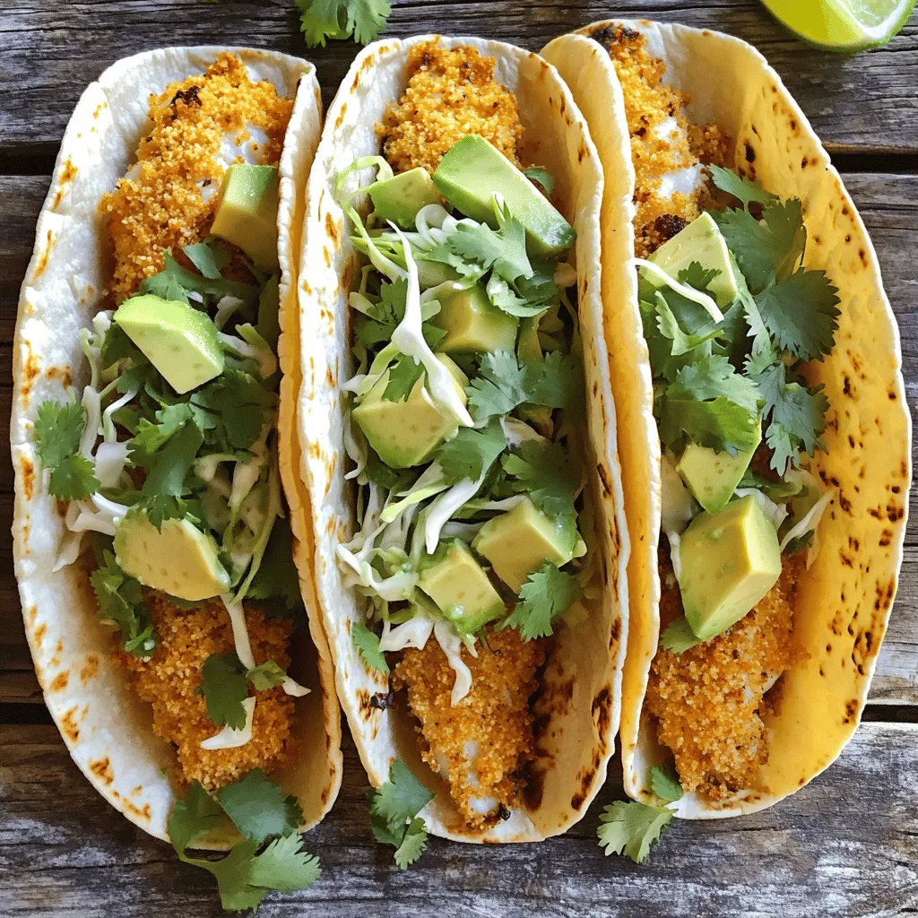 Die Basis für meine knusprigen Fisch-Tacos sind frische Fischfilets. Ich bevorzuge weiße Fische wie Kabeljau oder Tilapia. Du brauchst 450 g Fischfilets. Diese Fische haben einen milden Geschmack, der gut zu den anderen Zutaten passt. Die Maistortillas sind ein weiteres Hauptbestandteil. Du benötigst 8 kleine Tortillas. Sie sind perfekt, um den Fisch und die Beilagen zu halten. Für den perfekten Geschmack verwende ich eine Mischung aus Gewürzen. Hier sind die wichtigsten: - 1 Teelöffel Knoblauchpulver - 1 Teelöffel Paprika - 1/2 Teelöffel Kreuzkümmel - 1/2 Teelöffel Salz - 1/4 Teelöffel schwarzer Pfeffer Diese Gewürze verleihen dem Fisch eine leckere Note. Die Panierung ist ebenso wichtig. Ich benutze 100 g Panko-Brösel und 60 g Weizenmehl. Panko macht die Tacos besonders knusprig. Die Tacos bekommen noch mehr Geschmack durch frische Beilagen. Ich empfehle: - 100 g frischer Kohl, gehobelt - 1 Avocado, in Scheiben geschnitten - 1/2 Tasse frischer Koriander, gehackt - 1 Limette, in Spalten geschnitten - 120 g saure Sahne oder griechischer Joghurt (optional) Diese Zutaten machen die Tacos bunt und lecker. Sie sorgen für frische Aromen und eine tolle Textur. Du findest alle Schritte und Mengen im Full Recipe. Zuerst bereiten wir die Fischfilets vor. Ich empfehle, frischen Fisch wie Kabeljau oder Tilapia zu verwenden. Beginne mit 450 g Fischfilets. Tupfe diese mit Papiertüchern trocken, um die Feuchtigkeit zu beseitigen. Das hilft, die Kruste knusprig zu machen. Schneide die Filets in gleichmäßige Stücke von etwa 7-10 cm. Dies sorgt für gleichmäßiges Garen und macht das Essen einfacher. Jetzt kommt der spaßige Teil: das Panieren. Du brauchst drei Schüsseln. In die erste Schüssel gib das Weizenmehl, den Knoblauch, Paprika, Kreuzkümmel, Salz und Pfeffer. Mische alles gut. In die zweite Schüssel schlage zwei große Eier und verquirle sie. In die dritte Schüssel gib die Panko-Brösel. Nimm ein Fischstück und tauche es zuerst in die Mehlmischung. Klopfe überschüssiges Mehl ab. Danach tauche das Stück in die Eier. Schließlich wende es in den Panko-Bröseln. Die Panko-Brösel geben dem Fisch die knusprige Textur. Lege die panierten Stücke gleichmäßig auf ein mit Backpapier ausgelegtes Blech. Heize deinen Ofen auf 220°C vor. Backe den Fisch 15-20 Minuten lang. Wende die Stücke nach der Hälfte der Zeit, damit sie goldbraun werden. Während der Fisch backt, kannst du die Maistortillas vorbereiten. Röste sie in einer trockenen Pfanne für etwa 30 Sekunden pro Seite. Dies macht die Tortillas weich und warm. Wenn der Fisch fertig ist, ist es Zeit, die Tacos zusammenzustellen. Lege etwas gehobelten Kohl auf jede Tortilla. Füge 2-3 knusprige Fischstücke hinzu. Eine Scheibe Avocado und ein Hauch von Koriander runden das Ganze ab. Serviere die Tacos mit Limettenspalten und optional mit saurer Sahne oder griechischem Joghurt. Für das vollständige Rezept kannst du auf unseren [Full Recipe] Link klicken. Um die beste Panade zu erreichen, benutze Panko-Brösel. Diese machen den Fisch besonders knusprig. Achte darauf, dass die Fischstücke gut trocken sind. Das hilft der Panade, besser zu haften. Wenn du magst, füge etwas Parmesan zu den Panko-Bröseln hinzu. So wird der Geschmack intensiver. Heize deinen Ofen auf 220°C vor. Diese Temperatur sorgt dafür, dass der Fisch schön knusprig wird. Backe den Fisch 15 bis 20 Minuten lang. Wende die Stücke einmal in der Mitte der Garzeit. So werden alle Seiten gleichmäßig goldbraun. Überprüfe den Fisch, um sicherzustellen, dass er nicht zu trocken wird. Serviere die Tacos heiß. Beginne mit einer warmen Tortilla. Lege dann den gehobelten Kohl darauf. Füge 2 bis 3 Stücke knusprigen Fisch hinzu. Eine Scheibe Avocado macht die Tacos cremig. Vergiss nicht, etwas Koriander darüber zu streuen. Limettenspalten sind der perfekte Abschluss. Sie geben einen frischen Kick. Für extra Geschmack kannst du saure Sahne oder griechischen Joghurt dazu reichen. {{image_4}} Fisch-Tacos sind sehr vielseitig. Sie können verschiedene Fischsorten verwenden. Kabeljau und Tilapia sind klassische Optionen. Aber Sie können auch Lachs oder Forelle probieren. Diese Fische haben ihren eigenen Geschmack. Das macht die Tacos spannend. Experimentieren Sie mit der Zubereitung. Jedes Stück Fisch bringt eine neue Note. Für glutenfreie Tacos gibt es einfache Lösungen. Ersetzen Sie das Weizenmehl durch Reismehl oder Mandelmehl. Diese Mehle sind glutenfrei und leicht. Auch die Panko-Brösel können Sie durch glutenfreie Brösel ersetzen. So bleibt der knusprige Effekt erhalten. Achten Sie beim Kauf auf die Etiketten. Oft gibt es gute glutenfreie Alternativen in Geschäften. Wenn Sie vegane Tacos möchten, gibt es viele tolle Ideen. Anstelle von Fisch können Sie Tofu oder Jackfruit verwenden. Tofu nimmt viele Aromen gut auf. Marinieren Sie ihn vorher in Gewürzen. Jackfruit hat eine fleischige Textur. Das macht ihn zum perfekten Ersatz. Panieren Sie diese Alternativen wie im Rezept beschrieben. So erhalten Sie einen knusprigen, leckeren Biss. Wenn du Reste von deinen Crispy Baked Fish Tacos hast, bewahre sie in einem luftdichten Behälter auf. Achte darauf, dass die Tacos nicht zusammengepresst werden. Auf diese Weise bleiben die Fischstücke knusprig. Lege ein Blatt Küchenpapier unter die Tacos, um Feuchtigkeit aufzusaugen. So bleiben sie frisch und lecker. Um die Tacos wieder warm zu machen, benutze den Ofen. Heize ihn auf 180°C vor. Lege die Tacos auf ein Backblech und erwärme sie etwa 10-15 Minuten. So bleibt der Fisch knusprig. Du kannst auch eine Pfanne verwenden. Erwärme sie bei mittlerer Hitze und lege die Tacos hinein. Wende sie nach ein paar Minuten, damit sie gleichmäßig warm werden. Im Kühlschrank halten sich die Reste etwa 2-3 Tage. Stelle sicher, dass der Behälter gut verschlossen ist. Wenn du die Tacos länger aufbewahren möchtest, friere sie ein. In einem luftdichten Behälter oder einem Gefrierbeutel halten sie sich bis zu 2 Monate. Wenn du sie auftauen möchtest, lasse sie im Kühlschrank über Nacht. Erwärme sie dann wie oben beschrieben. Um die Tacos noch knuspriger zu machen, können Sie die Panko-Brösel anrösten. Erhitzen Sie sie in einer Pfanne ohne Öl, bis sie goldbraun sind. Dies gibt den Tacos mehr Crunch. Eine andere Idee ist, die Fischstücke vor dem Backen mit etwas Öl zu besprühen. Das Öl sorgt dafür, dass die Panade schön knusprig wird. Zu den Fisch-Tacos passen viele leckere Beilagen. Hier sind einige Vorschläge: - Schwarze Bohnen: Diese sind proteinreich und sättigend. - Reis: Ein einfacher weißer oder spanischer Reis passt gut. - Guacamole: Die cremige Avocado-Mischung ist ein Hit. - Pico de Gallo: Diese frische Salsa bringt Farbe und Geschmack. - Mango-Salsa: Süß und scharf, perfekt für einen fruchtigen Kick. Ja, Sie können die Fisch-Tacos im Voraus zubereiten. Sie können die Fischstücke panieren und im Kühlschrank aufbewahren. Backen Sie sie dann frisch, wenn Sie bereit sind zu essen. Die Tortillas können Sie auch vorher erwärmen. Halten Sie sie in einem sauberen Handtuch warm. So bleiben sie frisch und lecker. Fisch-Tacos sind einfach zuzubereiten und sehr lecker. Wir haben die wichtigsten Zutaten besprochen, von den Hauptbestandteilen bis zu tollen Toppings. In der Schritt-für-Schritt-Anleitung habe ich die Zubereitung erklärt, vom Panieren bis zum Backen. Tipps für die perfekte Panade helfen dir, knusprige Tacos zu machen. Ich habe auch Variationen vorgestellt, die du ausprobieren kannst. Denke daran, Reste richtig zu lagern und aufzuwärmen. Mit diesen einfachen Regeln gelingen deine Fisch-Tacos sicher und schmecken großartig!