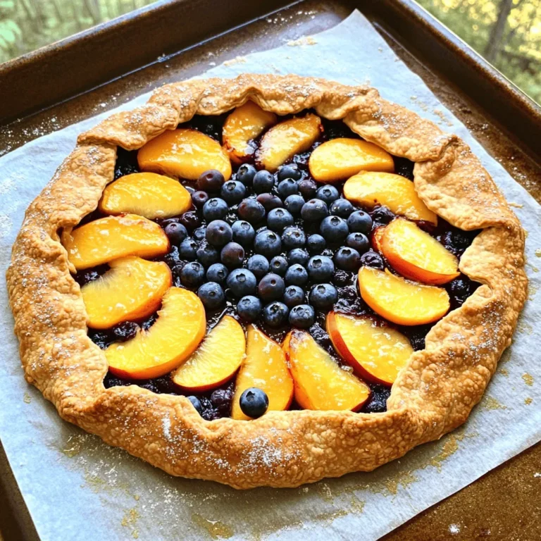 - 1 Portion hausgemachter oder gekaufter Mürbeteig (Durchmesser 23-25 cm) - 2 reife Pfirsiche, entsteint und in Scheiben geschnitten - 1 Tasse frische Blaubeeren - 60 g Zucker - 1 Esslöffel Zitronensaft - 1 Esslöffel Maisstärke - 1 Teelöffel Vanilleextrakt - 1/4 Teelöffel Zimt - 1 Ei (für die Eigelb-Wäsche) - 1 Esslöffel grober Zucker zum Bestreuen Wenn Sie keine Pfirsiche haben, nehmen Sie Äpfel oder Birnen. Diese Früchte bringen ebenfalls einen süßen Geschmack. Blaubeeren können durch Himbeeren oder Erdbeeren ersetzt werden. Für eine vegane Option verwenden Sie Apfelmus anstelle des Eis. Sie können auch Agavendicksaft statt Zucker nutzen. Wählen Sie reife Pfirsiche. Sie sollten weich sein, aber nicht überreif. Achten Sie auf die Farbe; sie sollte leuchtend sein. Für Blaubeeren suchen Sie nach festen und prallen Beeren. Vermeiden Sie welche mit Druckstellen. Frische Früchte ergeben den besten Geschmack. Wenn die Saison vorbei ist, können Sie auch gefrorene Früchte verwenden. Diese sind oft saftig und süß. Heize deinen Ofen auf 190°C vor. Nimm ein Backblech und lege es mit Backpapier aus. Das sorgt dafür, dass die Galette nicht kleben bleibt. Nimm eine Schüssel. Schneide die reifen Pfirsiche und gib sie in die Schüssel. Füge die Blaubeeren hinzu. Mische Zucker, Zitronensaft, Maisstärke, Vanilleextrakt und Zimt. Rühre alles sanft um. Lass die Mischung kurz stehen, damit die Säfte gut vermischt werden. Wenn du einen hausgemachten Teig hast, rolle ihn auf einer bemehlten Fläche aus. Der Teig sollte etwa 3 mm dick sein. Lege den Teig auf das Backblech. Jetzt kommt die Füllung. Löffle die Fruchtmischung in die Mitte des Teigs. Lass etwa 5 cm Rand. Falte die Teigränder über die Füllung. Überlappe die Stellen, um einen rustikalen Look zu schaffen. Schlage ein Ei in einer kleinen Schüssel auf. Bestreiche die Ränder des Teigs mit dem Ei. Das gibt eine goldene Farbe. Bestreue den Rand mit grobem Zucker für eine süße Note. Backe die Galette 35-40 Minuten. Sie sollte goldbraun sein und die Früchte blubbern. Nimm sie aus dem Ofen und lass sie kurz abkühlen. Jetzt ist sie bereit zum Servieren. Du kannst sie warm oder bei Zimmertemperatur genießen. Optional passt Vanilleeis oder Schlagsahne hervorragend dazu. Ein häufiger Fehler ist, die Früchte zu matschig zu machen. Verwende frische, feste Früchte. Achte auch darauf, die Maisstärke gut einzuarbeiten. Sie hilft, die Feuchtigkeit zu binden. Zu viel Zucker kann die Füllung wässrig machen. Halte dich an die Menge im Rezept. Auch beim Teig ist weniger mehr. Überarbeite den Teig nicht, sonst wird er zäh. Die Pfirsich-Blaubeer-Galette ist perfekt für viele Anlässe. Sie passt zu Sommerfesten, Grillpartys oder einfach als Dessert für Familie und Freunde. Du kannst sie warm servieren, oder bei Zimmertemperatur. Zudem ist sie ein echter Blickfang auf jedem Tisch. Um die Galette knusprig zu halten, backe sie auf einem vorgeheizten Blech. Das hilft, dass der Boden nicht durchweicht. Der grobe Zucker auf dem Rand sorgt für eine schöne Kruste. Lass die Galette nach dem Backen etwas abkühlen. Dies gibt der Füllung Zeit, sich zu setzen. So bleibt der Boden schön knusprig. Für mehr Details und die vollständige Zubereitung, schau dir das Full Recipe an. {{image_4}} Eine Pfirsich-Blaubeer-Galette ist lecker, aber du kannst auch andere Früchte verwenden. Zum Beispiel, Äpfel und Himbeeren passen gut zusammen. Wenn du eine Zitrusnote magst, probiere Pfirsiche mit Orangen. Birnen und Cranberries geben einen tollen Kontrast. Du kannst auch Mango mit Kokos verwenden, um einen tropischen Flair zu erhalten. Die Möglichkeiten sind endlos und machen das Rezept vielseitig. Wenn du eine glutenfreie Option brauchst, ist das ganz einfach. Du kannst glutenfreies Mehl verwenden, um den Teig zu machen. Achte darauf, dass das Mehl eine gute Bindung hat. Eine Mischung aus Reis- und Mandelmehl funktioniert gut. Du kannst auch fertigen glutenfreien Mürbeteig kaufen. So bleibt die Galette knusprig und lecker, auch ohne Gluten. Um der Galette eine besondere Note zu verleihen, füge kreative Füllungen hinzu. Nüsse wie Mandeln oder Walnüsse geben einen tollen Crunch. Auch Gewürze wie Kardamom oder Ingwer bringen neuen Geschmack. Wenn du Schokolade magst, kannst du kleine Stücke hinzufügen. Frischkäse oder Ricotta unter die Früchte mischen, macht die Füllung noch cremiger. Lass deiner Kreativität freien Lauf! Für das komplette Rezept, schau dir die Full Recipe an. Um die Pfirsich-Blaubeer-Galette frisch zu halten, lassen Sie sie zuerst abkühlen. Wickeln Sie die Galette dann in Frischhaltefolie oder Aluminiumfolie. Sie können sie auch in einem luftdichten Behälter aufbewahren. So bleibt der Teig knusprig und die Füllung saftig. Lagern Sie die Galette im Kühlschrank, wenn Sie sie länger als einen Tag aufbewahren. Im Kühlschrank hält die Galette etwa 3 bis 4 Tage. Wenn Sie die Galette länger aufbewahren möchten, können Sie sie einfrieren. Eingewickelt in Folie bleibt sie bis zu 2 Monate frisch. Denken Sie daran, die Galette vor dem Servieren aufzutauen. Um die Galette aufzuwärmen, setzen Sie den Ofen auf 180°C. Legen Sie die Galette auf ein Backblech und backen Sie sie für 10 bis 15 Minuten, bis sie warm ist. Servieren Sie sie warm mit einer Kugel Vanilleeis oder einem Klecks Schlagsahne. Diese Kombination bringt die Aromen der Früchte noch mehr zur Geltung. Probieren Sie es aus! Eine Galette ist ein rustikaler, offener Kuchen. Sie hat keinen festen Rand wie ein klassischer Kuchen. Stattdessen wird der Teig um die Füllung gefaltet. Diese Art von Gebäck ist einfach und schnell zu machen. Sie können verschiedene Früchte oder Füllungen verwenden. Die Galette ist perfekt für jeden Anlass und schmeckt frisch aus dem Ofen am besten. Ja, gefrorenes Obst ist eine tolle Option. Es ist praktisch und oft günstiger. Achten Sie darauf, das Obst vorher gut abzutropfen. So wird die Füllung nicht zu flüssig. Gefrorene Früchte verlieren oft etwas Textur, sind aber immer noch sehr lecker. Sie können gefrorene Blaubeeren oder Pfirsiche ohne Probleme verwenden. Um die Galette süßer zu machen, fügen Sie mehr Zucker hinzu. Sie können auch Honig oder Ahornsirup verwenden. Ein bisschen Zimt kann auch die Süße verstärken. Wenn Sie die Früchte süßer mögen, wählen Sie reife Pfirsiche. Diese sind von Natur aus süßer. Experimentieren Sie mit der Süße, um Ihren perfekten Geschmack zu finden. Für das vollständige Rezept, schauen Sie sich die [Full Recipe] an. In diesem Blogbeitrag haben wir die wichtigsten Schritte zur Zubereitung einer Pfirsich-Blaubeer-Galette besprochen. Wir haben die Zutatenliste durchgegangen und Tipps zur Auswahl der besten Früchte gegeben. Zudem gab es eine klare Schritt-für-Schritt-Anleitung und nützliche Tipps, um häufige Fehler zu vermeiden. Zum Schluss haben wir Variationen und Lagerungshinweise behandelt. Denke daran, beim Backen kreativ zu sein. Experimentiere mit verschiedenen Früchten und Füllungen. Auf diese Weise wird deine Galette immer lecker und besonders. Viel Spaß beim Backen!