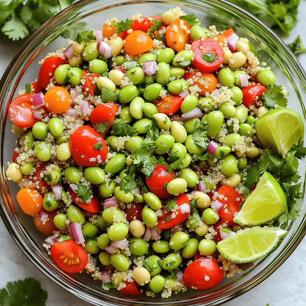 - Quinoa - Edamame - Gemüsebrühe Quinoa ist ein hervorragendes Getreide. Es hat viel Protein und Ballaststoffe. Edamame sind junge Sojabohnen. Sie sind reich an Vitaminen und Mineralstoffen. Gemüsebrühe gibt dem Gericht einen tollen Geschmack. Diese drei Hauptzutaten machen den Salat nahrhaft und lecker. - Paprika - Kirschtomaten - Rote Zwiebel Frisches Gemüse bringt Farbe und Geschmack. Die rote Paprika hat viel Vitamin C. Kirschtomaten sind süß und saftig. Sie sorgen für Frische im Salat. Rote Zwiebel gibt dem Gericht einen scharfen Kick. Diese Zutaten machen den Salat nicht nur gesünder, sondern auch schöner. - Olivenöl - Limettensaft - Honig oder Ahornsirup Das Dressing ist einfach und lecker. Olivenöl ist gesund und reich an einfach ungesättigten Fetten. Limettensaft bringt eine spritzige Note. Honig oder Ahornsirup fügt eine süße Komponente hinzu. Diese Aromen verbinden sich gut und machen den Salat besonders. Für das komplette Rezept verweis ich auf den Full Recipe. - Spülen und vorbereiten: Beginne mit einer Tasse Quinoa. Spüle sie gründlich unter kaltem Wasser. So entfernst du die Bitterkeit. Diese Schritte sind wichtig für den besten Geschmack. - Mit Gemüsebrühe zum Kochen bringen: Gib die gewaschene Quinoa in einen Topf. Füge zwei Tassen Gemüsebrühe hinzu. Erhitze die Mischung auf mittlerer bis hoher Hitze. Wenn das Wasser kocht, reduziere die Hitze. Decke den Topf ab und lasse die Quinoa etwa 15 Minuten köcheln. - Gedämpft oder gekocht: Du kannst frische oder gefrorene Edamame verwenden. Dämpfe sie für etwa 5 Minuten. Alternativ kannst du sie in heißem Wasser für 3-5 Minuten kochen. - Abtropfen lassen: Nach dem Kochen ist es wichtig, die Edamame gut abtropfen zu lassen. So bleibt der Salat schön knackig. - Zutaten in einer Schüssel kombinieren: In einer großen Schüssel kombinierst du die gekochte Quinoa, die Edamame, gewürfelte Paprika, halbierte Kirschtomaten, gehackte rote Zwiebel und frischen Koriander. - Dressing zubereiten und vermengen: In einer kleinen Schüssel vermischst du das Olivenöl, den Limettensaft, Honig oder Ahornsirup, Kreuzkümmel sowie Salz und Pfeffer. Gieße das Dressing über den Salat. Vermenge alles vorsichtig, damit die Zutaten gut durchmischt sind. Für die gesamte Anleitung schaue dir das [Full Recipe] an. Um Quinoa gut zuzubereiten, spüle sie sorgfältig unter kaltem Wasser. Dies entfernt Bitterstoffe. Achte darauf, dass du nicht zu wenig Wasser verwendest. Die richtige Menge ist wichtig. Koche die Quinoa bei mittlerer bis hoher Hitze. Sobald sie kocht, reduziere die Hitze. Lass sie dann 15 Minuten köcheln. So wird sie fluffig und perfekt. Beim Dressing kannst du kreativ sein. Verwende alternative Süßstoffe wie Agavensirup oder Zucker. Diese geben dem Salat eine besondere Note. Experimentiere auch mit verschiedenen Gewürzen. Zum Beispiel kannst du Chili oder Paprika hinzufügen. Das macht den Geschmack aufregender und interessanter. Serviere den Salat kalt oder bei Raumtemperatur. So schmeckt er am besten. Anrichten ist ebenfalls wichtig. Verwende eine große Schüssel oder individuelle Teller. Garniere mit frischem Koriander und Limettenvierteln. Das sieht nicht nur hübsch aus, sondern gibt auch einen frischen Geschmack. Für das vollständige Rezept, schau dir die Anleitung an. {{image_4}} Du kannst den Quinoa Edamame Salat mit zusätzlichen Zutaten aufpeppen. Eine tolle Ergänzung ist Avocado. Sie bringt eine cremige Textur und gesunde Fette in den Salat. Einfach eine reife Avocado würfeln und unter die anderen Zutaten mischen. Feta-Käse ist eine weitere leckere Option. Der salzige Geschmack des Feta ergänzt die anderen Aromen perfekt. Zerbrösele einfach etwas Feta und streue ihn über den Salat. So erhältst du eine noch reichhaltigere Geschmackskombination. Das Dressing spielt eine große Rolle im Geschmack. Balsamico-Dressing ist eine tolle Wahl. Es hat eine süß-saure Note, die gut mit dem Salat harmoniert. Du kannst es einfach selbst zubereiten, indem du Balsamico-Essig mit Olivenöl mischst. Ein weiteres leckeres Dressing ist das Tahini-Dressing. Es ist cremig und nussig. Mische Tahini mit Zitronensaft, Wasser und etwas Knoblauch für einen tollen Geschmack. Wenn du auf Gluten allergisch bist, ist dieser Salat perfekt für dich. Alle Zutaten sind von Natur aus glutenfrei. Achte darauf, dass du auch glutenfreie Brühe verwendest. Für Veganer ist der Salat ebenfalls eine gute Wahl. Alle Zutaten sind pflanzlich und gesund. Du kannst die Honig-Option einfach durch Ahornsirup ersetzen. So bleibt der Salat vegan und lecker. Für die vollständige Zubereitung, schau dir das [Full Recipe] an. Der Quinoa-Edamame-Salat hält sich frisch, wenn du ihn richtig lagerst. Du kannst ihn bis zu drei Tage im Kühlschrank aufbewahren. Stelle sicher, dass du ihn in einem luftdichten Behälter aufbewahrst. So bleibt der Salat knackig und lecker. Wenn du ihn in den Kühlschrank stellst, vermeide, ihn mit warmen Zutaten zu mischen. Kalte Speisen halten länger. Kann man Quinoa-Edamame-Salat einfrieren? Ja, das ist möglich, aber mit einigen Vorsichtsmaßnahmen. Der Salat kann seine Textur verlieren, wenn er wieder aufgetaut wird. Um das Beste daraus zu machen, bereite den Salat vor dem Einfrieren einfach ohne das Dressing zu. So bleiben die Zutaten frisch. Du kannst ihn dann in einem geeigneten Behälter oder Gefrierbeutel aufbewahren. Achte darauf, die Luft herauszudrücken. So bleibt er bis zu zwei Monate haltbar. Hast du Reste vom Salat? Das ist kein Problem! Du kannst die Reste in eine neue Mahlzeit verwandeln. Mische sie in einen Wrap oder mit gekochtem Hähnchen. Auch in einer Suppe macht sich der Salat gut. Sei kreativ und kombiniere die Reste mit anderen Gerichten. So vermeidest du Lebensmittelverschwendung und schaffst neue Geschmackserlebnisse. Um Quinoa Edamame Salad zu machen, spüle zuerst die Quinoa. Koche sie in Gemüsebrühe. Während die Quinoa kocht, bereite die Edamame vor. Mische dann alle Zutaten in einer großen Schüssel. Gieße das Dressing darüber und vermenge alles gut. Lass den Salat kurz ruhen, damit die Aromen sich entfalten. Ja, Quinoa Edamame Salad ist sehr gesund. Quinoa enthält viele Proteine und Ballaststoffe. Edamame ist reich an Vitaminen und Mineralstoffen. Beide Zutaten helfen beim Sattwerden und fördern die Gesundheit. Dieser Salat kann auch das Immunsystem stärken und den Körper mit wichtigen Nährstoffen versorgen. Ja, du kannst den Salat im Voraus machen. Bereite ihn bis zu zwei Tage vorher zu. Lagere ihn in einem luftdichten Behälter im Kühlschrank. Die Aromen werden sogar besser, wenn sie etwas ziehen. Achte darauf, das Dressing erst kurz vor dem Servieren hinzuzufügen. Du kannst Erbsen oder grüne Bohnen anstelle von Edamame verwenden. Auch Kichererbsen sind eine gute Wahl. Diese Optionen bieten ähnliche Nährstoffe und Geschmack. Experimentiere mit verschiedenen Zutaten für neue Geschmäcker. Füge Kräuter wie Basilikum oder Petersilie hinzu. Auch Gewürze wie Paprika oder Chili können helfen. Ein Spritzer mehr Limettensaft bringt Frische. Du kannst auch Feta-Käse oder Nüsse für zusätzlichen Geschmack verwenden. Frische Edamame findest du in gut sortierten Supermärkten. Sie sind oft in der Tiefkühlabteilung zu finden. Achte auf Bio-Qualität, wenn möglich. Manchmal erhältst du sie auch in asiatischen Lebensmittelgeschäften. Dieser Blogbeitrag hat Ihnen gezeigt, wie Sie einen köstlichen Quinoa-Edamame-Salat zubereiten können. Wir haben die Hauptzutaten, frische Zutaten und die Schritte zur Zubereitung besprochen. Außerdem gab es Tipps zum perfekten Dressing und zum Anpassen des Rezepts. Experimentieren Sie mit verschiedenen Zutaten und Variationen. So bleibt Ihr Salat spannend und lecker. Genießen Sie gesunde Mahlzeiten, die frisch und einfach zuzubereiten sind. Machen Sie das Beste aus Ihren Reste!
