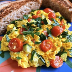 Für ein einfaches Veggie Egg Scramble brauchst du folgende Zutaten: - 4 große Eier - 1/4 Tasse Milch (oder pflanzliche Milch) - 1/2 Paprika (jede Farbe), gewürfelt - 1/2 kleine Zucchini, gewürfelt - 1/4 Tasse Cherrytomaten, halbiert - 1/4 Tasse Spinat, gehackt - 1/4 Tasse Zwiebel, fein gehackt - 1 Esslöffel Olivenöl - Salz und Pfeffer nach Geschmack - Optional: 1/4 Teelöffel Kurkuma für zusätzliche Farbe und Geschmack - Optional: Frische Kräuter (wie Petersilie oder Schnittlauch) zum Garnieren Frisches Gemüse macht das Gericht lebendig und gesund. Ich empfehle, saisonale Produkte zu verwenden. Frische Paprika und Zucchini bringen Knackigkeit. Cherrytomaten fügen eine süße Note hinzu. Spinat ist nährstoffreich und gibt Farbe. Du kannst auch Gemüse je nach Saison auswählen. Wenn du kein bestimmtes Gemüse hast, gibt es viele Alternativen. Brokkoli oder Mangold funktionieren gut. Statt Zucchini kannst du auch Kürbis verwenden. Statt frischer Kräuter kannst du getrocknete Gewürze benutzen. Sei kreativ – das Gericht passt sich leicht an. Achte darauf, die Mengen an die neuen Zutaten anzupassen. Wenn du die vollständige Rezeptur sehen möchtest, schau dir das [Full Recipe] an. Zuerst nimmst du eine große Rührschüssel. Schlage die Eier auf und füge die Milch hinzu. Verquirle alles gut mit einer Gabel. Jetzt kannst du Salz, Pfeffer und optional Kurkuma hinzufügen. Kurkuma gibt deinem Rührei eine schöne Farbe. Danach ist das Gemüse dran. Nimm die Paprika, Zucchini, Zwiebeln, Cherrytomaten und Spinat. Wasche das Gemüse gründlich. Schneide die Paprika und Zucchini in kleine Würfel. Halbiere die Cherrytomaten und hacke den Spinat. So hast du dein Gemüse bereit für das Rührei. Jetzt erhitzt du das Olivenöl in einer großen Pfanne. Stelle die Hitze auf mittel. Gib die gehackten Zwiebeln in die Pfanne. Brate sie etwa 2 Minuten an, bis sie weich sind. Füge dann die gewürfelte Paprika und Zucchini hinzu. Koche das Gemüse für 3-4 Minuten und rühre dabei gelegentlich um. Es soll zart werden. Jetzt kommen die halbierten Cherrytomaten und der Spinat dazu. Lasse das Ganze für 1-2 Minuten kochen, bis der Spinat zusammenfällt. Gieße die Eimischung über das angebratene Gemüse in der Pfanne. Lass es etwa 30 Sekunden ruhen. Dann rühre vorsichtig mit einem Spatel, um das Rührei zu formen. Gare die Eier unter gelegentlichem Rühren für 3-4 Minuten. Sie sollen leicht cremig sein. Wenn sie fertig sind, nimm die Pfanne vom Herd. Du kannst das Gericht mit frischen Kräutern garnieren. Für das vollständige Rezept schaue dir die [Full Recipe] an. Um das perfekte Rührei zu machen, achte auf die Temperatur. Halte die Hitze mittlerer Stufe. Zu hohe Hitze macht das Rührei gummiartig. Verquirle die Eier gut mit der Milch. Das sorgt für eine fluffige Textur. Lass die Eimischung kurz ruhen, bevor du sie in die Pfanne gibst. Rühre sanft, um die Eier gleichmäßig zu garen. Achte darauf, dass sie noch leicht cremig sind. Du kannst das Rezept ganz nach deinem Geschmack anpassen. Füge dein Lieblingsgemüse hinzu, wie Brokkoli oder Champignons. Für mehr Protein, gib etwas Käse oder gekochten Schinken dazu. Probiere auch verschiedene Gewürze aus. Paprika oder Kreuzkümmel sorgen für neuen Geschmack. Wenn du es schärfer magst, füge einen Hauch Chili hinzu. Das Rührei lässt sich gut mit vielen Beilagen kombinieren. Vollkornbrot oder Toast sind eine tolle Wahl. Du kannst auch frische Avocado oder einen grünen Salat servieren. Für einen süßen Touch, genieße es mit frischem Obst. Denke daran, das Gericht bunt zu präsentieren. Das macht es appetitlicher und schöner. {{image_4}} Für eine vegetarische Option kannst du die Eier durch Tofu ersetzen. Tofu hat viele Proteine und kann gut gewürzt werden. Mische Tofu mit etwas Kurkuma, um die schöne Farbe zu bekommen. Wenn du eine vegane Version machst, nimm pflanzliche Milch. Du kannst auch Kichererbsenmehl verwenden, um eine eiähnliche Konsistenz zu erzielen. Nutze Gemüse, das in deiner Region wächst. Zum Beispiel, wenn du in Deutschland bist, probiere frischen Spargel oder Kohl. Diese Gemüsesorten geben deinem Gericht einen besonderen Geschmack. Du kannst auch saisonale Zutaten verwenden, um das Rezept anzupassen. Frische, lokale Produkte sind oft geschmackvoller und gesünder. Gewürze bringen die Aromen zum Leben. Probiere verschiedene Kräuter wie Oregano oder Basilikum. Eine Prise Paprika kann ebenfalls für mehr Tiefe sorgen. Wenn du es schärfer magst, füge etwas Cayennepfeffer hinzu. Diese Variationen machen dein Gericht aufregend und einzigartig. Lass deiner Kreativität freien Lauf und finde deine Lieblingskombinationen. Wenn du Reste vom Veggie Egg Scramble hast, lagere sie in einem luftdichten Behälter. So bleiben sie frisch und lecker. Du kannst auch kleine Portionen in Beuteln einfrieren. Das hilft, Platz im Kühlschrank zu sparen. Um dein Rührei aufzuwärmen, nutze eine Pfanne. Erhitze die Pfanne bei mittlerer Hitze. Füge das Rührei hinzu und rühre es sanft, bis es warm ist. Du kannst auch die Mikrowelle nutzen. Stelle das Rührei in eine Schüssel und decke sie ab. Erhitze es in 30-Sekunden-Intervallen, bis es warm ist. Im Kühlschrank bleibt dein Rührei bis zu drei Tage frisch. Achte darauf, dass es gut verpackt ist. Im Gefrierfach kannst du es bis zu einem Monat aufbewahren. Achte darauf, es gut zu beschriften, damit du weißt, was drin ist. Wenn du es wieder aufwärmst, achte darauf, dass es gleichmäßig warm wird. Die Zubereitung des Easy Veggie Egg Scramble dauert nur 10 Minuten. Die Kochzeit beträgt etwa 5 Minuten. In nur 15 Minuten hast du ein leckeres Gericht. Es ist perfekt für ein schnelles Frühstück oder Mittagessen. Ja, du kannst das Rührei im Voraus zubereiten. Koche es einfach und lasse es abkühlen. Du kannst es dann in einem luftdichten Behälter im Kühlschrank aufbewahren. Es bleibt bis zu drei Tage frisch. Wenn du es essen möchtest, erwärme es schnell in der Pfanne oder Mikrowelle. Zu einem Gemüse-Ei-Rührei passen viele Beilagen gut. Hier sind einige Ideen: - Vollkornbrot oder Toast - Avocado-Scheiben - Frischer Obstsalat - Joghurt mit Honig und Nüssen - Ein gemischter Salat Diese Beilagen machen dein Gericht noch bunter und leckerer. Probiere sie aus! Für das gesamte Rezept schaue dir die [Full Recipe] an. In diesem Artikel habe ich die besten Zutaten und Tipps für ein leckeres Gemüse-Rührei geteilt. Ich habe dir eine Schritt-für-Schritt-Anleitung gegeben, um die Zubereitung zu erleichtern. Du hast auch erfahren, wie du Variationen und Beilagen hinzufügen kannst. Denke daran, frische Zutaten wählen, um den besten Geschmack zu erzielen. Mit diesen einfachen Hinweisen kannst du dein Rührei jederzeit perfekt machen. Guten Appetit!