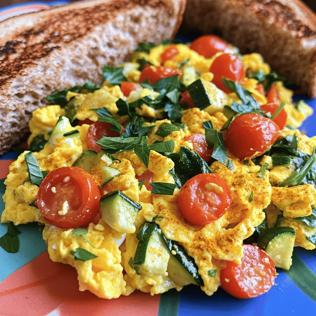 Für ein einfaches Veggie Egg Scramble brauchst du folgende Zutaten: - 4 große Eier - 1/4 Tasse Milch (oder pflanzliche Milch) - 1/2 Paprika (jede Farbe), gewürfelt - 1/2 kleine Zucchini, gewürfelt - 1/4 Tasse Cherrytomaten, halbiert - 1/4 Tasse Spinat, gehackt - 1/4 Tasse Zwiebel, fein gehackt - 1 Esslöffel Olivenöl - Salz und Pfeffer nach Geschmack - Optional: 1/4 Teelöffel Kurkuma für zusätzliche Farbe und Geschmack - Optional: Frische Kräuter (wie Petersilie oder Schnittlauch) zum Garnieren Frisches Gemüse macht das Gericht lebendig und gesund. Ich empfehle, saisonale Produkte zu verwenden. Frische Paprika und Zucchini bringen Knackigkeit. Cherrytomaten fügen eine süße Note hinzu. Spinat ist nährstoffreich und gibt Farbe. Du kannst auch Gemüse je nach Saison auswählen. Wenn du kein bestimmtes Gemüse hast, gibt es viele Alternativen. Brokkoli oder Mangold funktionieren gut. Statt Zucchini kannst du auch Kürbis verwenden. Statt frischer Kräuter kannst du getrocknete Gewürze benutzen. Sei kreativ – das Gericht passt sich leicht an. Achte darauf, die Mengen an die neuen Zutaten anzupassen. Wenn du die vollständige Rezeptur sehen möchtest, schau dir das [Full Recipe] an. Zuerst nimmst du eine große Rührschüssel. Schlage die Eier auf und füge die Milch hinzu. Verquirle alles gut mit einer Gabel. Jetzt kannst du Salz, Pfeffer und optional Kurkuma hinzufügen. Kurkuma gibt deinem Rührei eine schöne Farbe. Danach ist das Gemüse dran. Nimm die Paprika, Zucchini, Zwiebeln, Cherrytomaten und Spinat. Wasche das Gemüse gründlich. Schneide die Paprika und Zucchini in kleine Würfel. Halbiere die Cherrytomaten und hacke den Spinat. So hast du dein Gemüse bereit für das Rührei. Jetzt erhitzt du das Olivenöl in einer großen Pfanne. Stelle die Hitze auf mittel. Gib die gehackten Zwiebeln in die Pfanne. Brate sie etwa 2 Minuten an, bis sie weich sind. Füge dann die gewürfelte Paprika und Zucchini hinzu. Koche das Gemüse für 3-4 Minuten und rühre dabei gelegentlich um. Es soll zart werden. Jetzt kommen die halbierten Cherrytomaten und der Spinat dazu. Lasse das Ganze für 1-2 Minuten kochen, bis der Spinat zusammenfällt. Gieße die Eimischung über das angebratene Gemüse in der Pfanne. Lass es etwa 30 Sekunden ruhen. Dann rühre vorsichtig mit einem Spatel, um das Rührei zu formen. Gare die Eier unter gelegentlichem Rühren für 3-4 Minuten. Sie sollen leicht cremig sein. Wenn sie fertig sind, nimm die Pfanne vom Herd. Du kannst das Gericht mit frischen Kräutern garnieren. Für das vollständige Rezept schaue dir die [Full Recipe] an. Um das perfekte Rührei zu machen, achte auf die Temperatur. Halte die Hitze mittlerer Stufe. Zu hohe Hitze macht das Rührei gummiartig. Verquirle die Eier gut mit der Milch. Das sorgt für eine fluffige Textur. Lass die Eimischung kurz ruhen, bevor du sie in die Pfanne gibst. Rühre sanft, um die Eier gleichmäßig zu garen. Achte darauf, dass sie noch leicht cremig sind. Du kannst das Rezept ganz nach deinem Geschmack anpassen. Füge dein Lieblingsgemüse hinzu, wie Brokkoli oder Champignons. Für mehr Protein, gib etwas Käse oder gekochten Schinken dazu. Probiere auch verschiedene Gewürze aus. Paprika oder Kreuzkümmel sorgen für neuen Geschmack. Wenn du es schärfer magst, füge einen Hauch Chili hinzu. Das Rührei lässt sich gut mit vielen Beilagen kombinieren. Vollkornbrot oder Toast sind eine tolle Wahl. Du kannst auch frische Avocado oder einen grünen Salat servieren. Für einen süßen Touch, genieße es mit frischem Obst. Denke daran, das Gericht bunt zu präsentieren. Das macht es appetitlicher und schöner. {{image_4}} Für eine vegetarische Option kannst du die Eier durch Tofu ersetzen. Tofu hat viele Proteine und kann gut gewürzt werden. Mische Tofu mit etwas Kurkuma, um die schöne Farbe zu bekommen. Wenn du eine vegane Version machst, nimm pflanzliche Milch. Du kannst auch Kichererbsenmehl verwenden, um eine eiähnliche Konsistenz zu erzielen. Nutze Gemüse, das in deiner Region wächst. Zum Beispiel, wenn du in Deutschland bist, probiere frischen Spargel oder Kohl. Diese Gemüsesorten geben deinem Gericht einen besonderen Geschmack. Du kannst auch saisonale Zutaten verwenden, um das Rezept anzupassen. Frische, lokale Produkte sind oft geschmackvoller und gesünder. Gewürze bringen die Aromen zum Leben. Probiere verschiedene Kräuter wie Oregano oder Basilikum. Eine Prise Paprika kann ebenfalls für mehr Tiefe sorgen. Wenn du es schärfer magst, füge etwas Cayennepfeffer hinzu. Diese Variationen machen dein Gericht aufregend und einzigartig. Lass deiner Kreativität freien Lauf und finde deine Lieblingskombinationen. Wenn du Reste vom Veggie Egg Scramble hast, lagere sie in einem luftdichten Behälter. So bleiben sie frisch und lecker. Du kannst auch kleine Portionen in Beuteln einfrieren. Das hilft, Platz im Kühlschrank zu sparen. Um dein Rührei aufzuwärmen, nutze eine Pfanne. Erhitze die Pfanne bei mittlerer Hitze. Füge das Rührei hinzu und rühre es sanft, bis es warm ist. Du kannst auch die Mikrowelle nutzen. Stelle das Rührei in eine Schüssel und decke sie ab. Erhitze es in 30-Sekunden-Intervallen, bis es warm ist. Im Kühlschrank bleibt dein Rührei bis zu drei Tage frisch. Achte darauf, dass es gut verpackt ist. Im Gefrierfach kannst du es bis zu einem Monat aufbewahren. Achte darauf, es gut zu beschriften, damit du weißt, was drin ist. Wenn du es wieder aufwärmst, achte darauf, dass es gleichmäßig warm wird. Die Zubereitung des Easy Veggie Egg Scramble dauert nur 10 Minuten. Die Kochzeit beträgt etwa 5 Minuten. In nur 15 Minuten hast du ein leckeres Gericht. Es ist perfekt für ein schnelles Frühstück oder Mittagessen. Ja, du kannst das Rührei im Voraus zubereiten. Koche es einfach und lasse es abkühlen. Du kannst es dann in einem luftdichten Behälter im Kühlschrank aufbewahren. Es bleibt bis zu drei Tage frisch. Wenn du es essen möchtest, erwärme es schnell in der Pfanne oder Mikrowelle. Zu einem Gemüse-Ei-Rührei passen viele Beilagen gut. Hier sind einige Ideen: - Vollkornbrot oder Toast - Avocado-Scheiben - Frischer Obstsalat - Joghurt mit Honig und Nüssen - Ein gemischter Salat Diese Beilagen machen dein Gericht noch bunter und leckerer. Probiere sie aus! Für das gesamte Rezept schaue dir die [Full Recipe] an. In diesem Artikel habe ich die besten Zutaten und Tipps für ein leckeres Gemüse-Rührei geteilt. Ich habe dir eine Schritt-für-Schritt-Anleitung gegeben, um die Zubereitung zu erleichtern. Du hast auch erfahren, wie du Variationen und Beilagen hinzufügen kannst. Denke daran, frische Zutaten wählen, um den besten Geschmack zu erzielen. Mit diesen einfachen Hinweisen kannst du dein Rührei jederzeit perfekt machen. Guten Appetit!