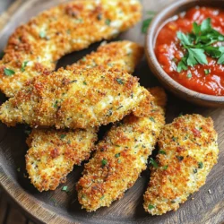 Um leckere Parmesan Crusted Chicken Tenders zu machen, benötigst du folgende Zutaten: - 450 g Hähnchenstreifen - 100 g geriebener Parmesan - 100 g Semmelbrösel (Panko ist ideal für extra Knusprigkeit) - 2 große Eier - 1 Esslöffel Knoblauchpulver - 1 Teelöffel Zwiebelpulver - 1 Teelöffel getrockneter Oregano - 1 Teelöffel Salz - ½ Teelöffel schwarzer Pfeffer - ½ Teelöffel Paprika - Kochspray oder Olivenöl zum Beträufeln Diese Zutaten sorgen für den perfekten Geschmack und eine schöne Kruste. Wenn du keine der Hauptzutaten hast, gibt es Alternativen. Verwende zum Beispiel: - Hähnchenbrust anstelle von Hähnchenstreifen. - Parmesan kann durch Pecorino ersetzt werden für einen salzigeren Geschmack. - Statt Semmelbrösel kannst du auch zerstoßene Cornflakes verwenden. - Du kannst die Gewürze nach deinem Geschmack anpassen. Diese Alternativen helfen, das Rezept noch besser an deinen Vorrat anzupassen. Wähle frische Hähnchenstreifen aus. Sie sollten rosa und fest sein. Achte auf hochwertigen Parmesan, idealerweise frisch gerieben. Das sorgt für mehr Geschmack. Nutze Panko für die Panade. Es macht die Hähnchenstreifen besonders knusprig. Wenn du Gewürze kaufst, achte auf das Haltbarkeitsdatum. Frische Gewürze geben mehr Aroma. Für das beste Ergebnis, investiere in gute Zutaten. Sie machen einen großen Unterschied in deinem Gericht. Für das vollständige Rezept schau dir die Full Recipe an. Zuerst heize deinen Ofen auf 200°C vor. Das sorgt dafür, dass das Hähnchen gleichmäßig gart. Lege ein Backblech mit Backpapier aus. Das macht die Reinigung einfach und die Streifen bleiben nicht kleben. Für die Panade nimm eine flache Schüssel. Mische darin 100 g geriebenen Parmesan, 100 g Semmelbrösel, 1 Esslöffel Knoblauchpulver, 1 Teelöffel Zwiebelpulver, 1 Teelöffel getrockneten Oregano, 1 Teelöffel Salz, ½ Teelöffel schwarzen Pfeffer und ½ Teelöffel Paprika. Achte darauf, dass alle Zutaten gut vermischt sind. Nimm eine andere flache Schüssel und schlage 2 große Eier auf. Verquirle sie gut. Tauche jeden Hähnchenstreifen zuerst in die Eier. Lass das überschüssige Ei abtropfen. Danach wälze den Streifen in der Parmesan-Semmelbrösel-Mischung. Drücke leicht, damit die Panade gut haftet. Lege jeden panierten Streifen auf das Backblech. Wiederhole das mit allen Hähnchenstreifen. Sprüh die panierten Streifen leicht mit Kochspray oder Beträufel sie mit Olivenöl. Das gibt eine goldbraune Farbe beim Backen. Backe die Hähnchenstreifen für 15-20 Minuten. Sie sind fertig, wenn sie durchgegart sind und eine Innentemperatur von 74°C erreicht haben. Optional kannst du die Streifen in den letzten 2-3 Minuten grillen, um die Knusprigkeit zu verstärken. Achte darauf, dass sie nicht verbrennen. Wenn sie fertig sind, lass sie kurz abkühlen, bevor du sie servierst. Ein häufiger Fehler ist, die Hähnchenstreifen nicht gut zu panieren. Achten Sie darauf, dass die Mischung aus Parmesan und Semmelbröseln gut an den Streifen haftet. Tauchen Sie die Streifen zuerst in die Eier und drücken Sie sie dann in die Panade. So bleibt mehr Kruste beim Backen dran. Ein weiterer Fehler ist, die Streifen nicht leicht zu besprühen. Ein wenig Öl hilft, die Kruste knusprig zu machen. Um die Knusprigkeit zu verbessern, verwenden Sie Panko-Semmelbrösel. Diese sind gröber und machen die Panade luftiger. Ein weiterer Tipp ist, die Hähnchenstreifen vor dem Backen im Kühlschrank ruhen zu lassen. Dadurch kann die Panade besser haften. Für extra Crunch können Sie die Streifen in den letzten Minuten grillen. Achten Sie darauf, regelmäßig nachzusehen, damit sie nicht verbrennen. Für mehr Geschmack können Sie die Panade mit zusätzlichen Gewürzen anpassen. Fügen Sie zum Beispiel etwas Cayennepfeffer für Schärfe hinzu. Für einen mediterranen Touch verwenden Sie italienische Kräuter wie Basilikum oder Thymian. Beim Servieren sind frische Kräuter wie Petersilie oder Schnittlauch eine schöne Garnitur. Servieren Sie die Hähnchenstreifen mit einer Seite von marinierter Tomatensoße oder Honigsenf. Diese Kombination macht das Gericht noch leckerer. Für das vollständige Rezept schauen Sie sich die [Full Recipe] an. {{image_4}} Ich liebe Parmesan, aber es gibt viele andere Käsesorten, die gut passen. Zum Beispiel können Sie Mozzarella verwenden. Er schmilzt schön und hat einen milden Geschmack. Cheddar bringt eine kräftigere Note in Ihr Gericht. Für einen würzigen Kick probieren Sie Feta oder Gouda. Jedes Mal wird Ihr Gericht anders und spannend. Für eine glutenfreie Version ersetzen Sie die Semmelbrösel durch glutenfreie Brösel. Diese sind in vielen Geschäften erhältlich. Oder verwenden Sie gemahlene Mandeln oder Maismehl. Beide Optionen bieten Knusprigkeit ohne Gluten. So können auch glutenempfindliche Menschen genießen. Wenn Sie Vegetarier sind, probieren Sie Tofu oder Gemüse anstelle von Hähnchen. Schneiden Sie den Tofu in Streifen und marinieren Sie ihn vorher. Gemüse wie Zucchini oder Aubergine sind ebenfalls toll. Panieren Sie die Stücke wie die Hähnchenstreifen. Diese Varianten sind lecker und gesund. Sie können das Rezept nach Belieben anpassen. Für die vollständige Anleitung schauen Sie sich das [Full Recipe] an. Um die Parmesan Crusted Chicken Tenders frisch zu halten, lagere sie in einem luftdichten Behälter. Du kannst sie auch in Alufolie wickeln. Stelle sicher, dass sie vollständig abgekühlt sind, bevor du sie lagerst. Zum Aufwärmen lege die Hähnchenstreifen auf ein Backblech und backe sie bei 180°C für etwa 10 Minuten. So bleiben sie knusprig. Im Kühlschrank halten die Hähnchenstreifen bis zu drei Tage. Wenn du sie längere Zeit aufbewahren möchtest, friere sie ein. Im Gefrierschrank sind sie bis zu drei Monate haltbar. Achte darauf, sie gut zu verpacken, um Gefrierbrand zu vermeiden. Du kannst die übrig gebliebenen Hähnchenstreifen in vielen Gerichten verwenden. Hier sind einige Ideen: - Schneide sie in Stücke und füge sie Salaten hinzu. - Mache ein Sandwich mit frischem Gemüse und Sauce. - Serviere sie mit Pasta und einer cremigen Sauce. - Verwende sie als Topping für Pizza. Diese Ideen machen die Reste spannend und lecker! Du kannst die Hähnchenstreifen auch in der Mikrowelle aufwärmen, aber sie werden vielleicht nicht so knusprig. Für das beste Ergebnis empfehle ich das Backen. Die Zubereitung von Parmesan Crusted Chicken Tenders dauert etwa 35 Minuten. Davon benötigen Sie 15 Minuten für die Vorbereitung und 20 Minuten zum Backen. Dies ist eine schnelle und einfache Mahlzeit, die ich oft zubereite, wenn ich wenig Zeit habe. Es ist perfekt, um hungrige Mägen schnell zu füllen. Ja, Sie können die Panade im Voraus zubereiten. Mischen Sie die trockenen Zutaten, wie Parmesan und Semmelbrösel, und bewahren Sie die Mischung in einem luftdichten Behälter auf. So sparen Sie Zeit, wenn es Zeit zum Kochen ist. Denken Sie daran, die Eier frisch zu verquirlen, wenn Sie bereit sind zu kochen. So bleibt die Panade frisch und knusprig. Zu Parmesan Crusted Chicken Tenders passen viele Beilagen. Ein einfacher gemischter Salat bringt Frische. Auch knusprige Pommes Frites oder gebackenes Gemüse sind großartige Optionen. Für einen zusätzlichen Kick können Sie die Hähnchenstreifen mit einer würzigen Dipsauce servieren. Ich liebe es, sie mit Honigsenf oder marinierter Tomatensoße zu kombinieren. Parmesan Crusted Chicken Tenders sind lecker und einfach zu machen. Wir haben die besten Zutaten und Alternativen besprochen sowie Tipps zur Zubereitung gegeben. Fehler zu vermeiden ist wichtig für knusprige Ergebnisse. Variationen wie glutenfreie Optionen oder vegetarische Alternativen bieten mehr Auswahl. Richtig lagern und aufwärmen sorgt dafür, dass die Reste gut bleiben. Kochen macht Spaß und mit diesen Ideen wirst du deine Gäste beeindrucken. Viel Freude beim Ausprobieren!