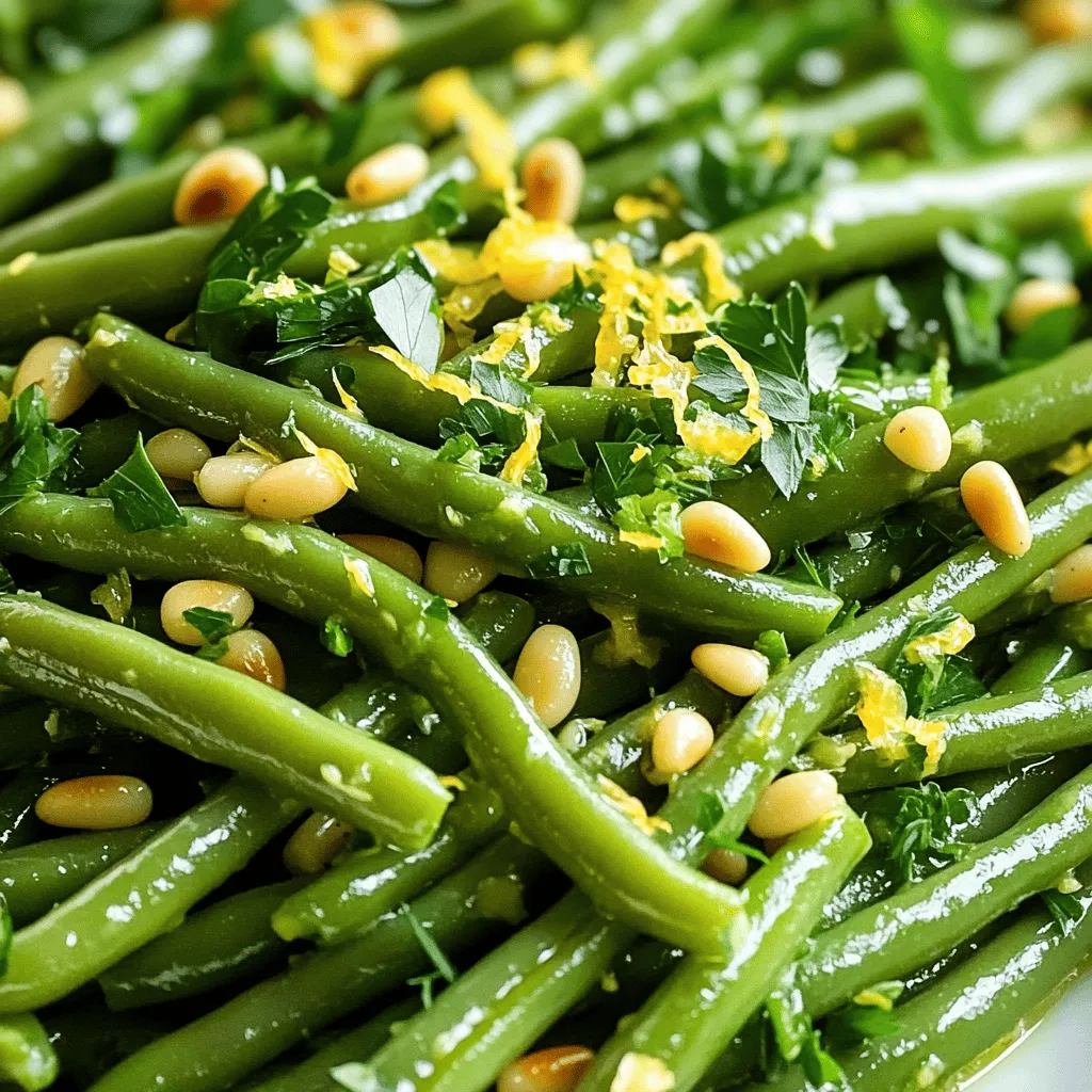 - 450 g frische grüne Bohnen, geputzt - 3 Esslöffel Olivenöl - 4 Zehen Knoblauch, fein gehackt - Schale von 1 Zitrone - Saft von 1 Zitrone Frische grüne Bohnen sind das Herz dieses Rezepts. Sie sind knackig und lecker. Ich mag es, sie vorher zu blanchieren. Das gibt ihnen die perfekte Textur. Olivenöl bringt einen schönen Geschmack. Es ist wichtig, gutes Öl zu wählen. Der Knoblauch gibt ein tolles Aroma ab. Ich hacke ihn fein, um den Geschmack zu intensivieren. Zitronen bringen Frische. Wir nutzen sowohl die Schale als auch den Saft. So wird das Gericht lebendig und spritzig. - 1 Teelöffel rote Pfefferflocken (optional) - Salz und Pfeffer nach Geschmack - 2 Esslöffel geröstete Pinienkerne (zur Garnierung) - Frische Petersilie, gehackt (zur Garnierung) Die Gewürze sind einfach, aber wirkungsvoll. Salz und Pfeffer sind immer wichtig. Sie heben die Aromen hervor. Rote Pfefferflocken geben einen kleinen Kick. Ich benutze sie manchmal für mehr Würze. Geröstete Pinienkerne sind eine tolle Garnierung. Sie bringen einen nussigen Geschmack und Crunch. Frische Petersilie sieht nicht nur schön aus, sie bringt auch Farbe ins Gericht. Diese Zutaten machen die Zitronen-Knoblauch-Grüne Bohnen besonders. Es ist ein einfaches Rezept, das viel Freude bringt. Für die genaue Zubereitung schaue dir das Full Recipe an. - Bohnen blanchieren: Beginne damit, einen großen Topf mit gesalzenem Wasser zum Kochen zu bringen. Gib die frischen, geputzten grünen Bohnen hinein. Blanchiere sie für 3-4 Minuten. Die Bohnen sollten zart, aber knackig bleiben. - Eisbad vorbereiten: Während die Bohnen kochen, bereite ein Eisbad vor. Fülle eine große Schüssel mit kaltem Wasser und Eiswürfeln. Dieses Eisbad stoppt den Garprozess. - Knoblauch anbraten: Erhitze in einer großen Pfanne 3 Esslöffel Olivenöl bei mittlerer Hitze. Füge 4 fein gehackte Knoblauchzehen hinzu. Brate den Knoblauch 1-2 Minuten an, bis er duftet, aber nicht braun ist. - Grüne Bohnen hinzufügen und garen: Nimm die blanchierten Bohnen aus dem Eisbad und lasse sie abtropfen. Gib sie in die Pfanne mit dem Knoblauch. Wende die Bohnen 2-3 Minuten, damit sie gleichmäßig garen und den Knoblauch aufnehmen. - Zitronenabrieb und -saft hinzufügen: Streue die Schale von 1 Zitrone und den Saft einer Zitrone über die Bohnen. Füge nach Belieben 1 Teelöffel rote Pfefferflocken, Salz und Pfeffer hinzu. Mische alles gut und erwärme es eine weitere Minute. - Garnieren und Anrichten: Nimm die Pfanne vom Herd. Überführe die Bohnen auf eine Servierplatte. Garniere sie mit 2 Esslöffeln gerösteten Pinienkernen und frischer, gehackter Petersilie. Mit dieser Schritt-für-Schritt-Anleitung zauberst du schnell und einfach köstliche Zitronen-Knoblauch-Grüne Bohnen. Sie sind frisch, gesund und perfekt als Beilage. Für das vollständige Rezept, schau dir die [Full Recipe] an. Um die Bohnen perfekt zu blanchieren, bringe zuerst einen großen Topf mit gesalzenem Wasser zum Kochen. Die Bohnen sollten 3-4 Minuten kochen. So bleiben sie knackig und hellgrün. Danach sofort in ein Eisbad geben. Das stoppt den Garprozess und bewahrt die Farbe. Diese Technik sorgt dafür, dass die Bohnen frisch aussehen und lecker schmecken. Knoblauch kann schnell verbrennen. Um dies zu vermeiden, erhitze das Olivenöl bei mittlerer Hitze und füge den gehackten Knoblauch hinzu. Brate ihn 1-2 Minuten lang, bis er duftet, aber nicht braun wird. Das bringt den vollen Geschmack des Knoblauchs hervor, ohne ihn bitter zu machen. So bleibt der Geschmack mild und köstlich. Für mehr Geschmack kannst du verschiedene Zutaten hinzufügen. Probiere zum Beispiel, geröstete Pinienkerne oder frische Petersilie zu verwenden. Diese Zutaten geben den grünen Bohnen eine schöne Textur und zusätzlichen Geschmack. Auch andere Gemüsesorten passen gut dazu. Möhren oder Paprika bringen Farbe und frische Aromen in dein Gericht. Das Rezept für die Zitronen-Knoblauch-Grüne Bohnen findest du in [Full Recipe]. {{image_4}} Um deine Zitronen-Knoblauch-Grünen Bohnen zu erweitern, füge mehr Gemüse hinzu. Du kannst Karotten, Paprika oder Zucchini verwenden. Diese Gemüsesorten bringen Farbe und zusätzliche Nährstoffe. Schneide das Gemüse in kleine Stücke, damit es gleichmäßig gart. Blanchiere sie zusammen mit den Bohnen für ein paar Minuten. So bleiben sie knackig und frisch. Nüsse und Samen geben deinen Bohnen mehr Textur und Geschmack. Probiere Mandeln, Walnüsse oder sogar Haselnüsse. Röste die Nüsse leicht in der Pfanne, um ihren Geschmack zu intensivieren. Du kannst auch Kürbiskerne oder Sonnenblumenkerne hinzufügen. Diese machen die Mahlzeit noch nahrhafter und schmackhafter. Spiele mit Gewürzen, um den Geschmack deiner Bohnen zu ändern. Du kannst Thymian, Rosmarin oder Oregano verwenden. Diese Kräuter bringen ein neues Aroma. Wenn du es schärfer magst, füge mehr rote Pfefferflocken hinzu. Für eine süßere Note probiere einen Hauch Honig oder Ahornsirup. Experimentiere und finde deine Lieblingskombination! Für das vollständige Rezept, siehe [Full Recipe]. Wie lange sind die Bohnen haltbar? Zitronen-Knoblauch-Bohnen halten sich gut im Kühlschrank. Sie sind 3 bis 5 Tage frisch. Lege die Reste in einen luftdichten Behälter. Das bewahrt den Geschmack und die Textur. Vor dem Kühlen lasse die Bohnen auf Raumtemperatur abkühlen. So vermeidest du Kondenswasser im Behälter. Beste Methoden zum Aufwärmen Um die Bohnen wieder frisch zu machen, benutze die Pfanne oder die Mikrowelle. In der Pfanne erwärmst du sie bei mittlerer Hitze. Füge etwas Olivenöl hinzu, um die Bohnen feucht zu halten. Rühre sie ständig um, bis sie heiß sind. In der Mikrowelle lege die Bohnen in eine Schüssel. Decke sie mit einem feuchten Papiertuch ab und erhitze sie in kurzen Intervallen. Tipps zum Einfrieren für später Wenn du die Bohnen einfrieren willst, lasse sie zuerst ganz abkühlen. Lege sie in einen Gefrierbeutel und drücke die Luft heraus. So bleiben sie bis zu 3 Monate frisch. Zum Auftauen lege die Bohnen über Nacht in den Kühlschrank. Du kannst sie auch direkt in der Pfanne erwärmen. Dies hilft, die Textur zu erhalten und macht sie schnell wieder lecker. Um die besten Zitronen-Knoblauch-Grüne Bohnen zu machen, achte auf frische Zutaten. Wähle knackige grüne Bohnen und frischen Knoblauch. Blanchiere die Bohnen nur kurz, damit sie knackig bleiben. Der Schlüssel ist, den Knoblauch nicht zu verbrennen. Koche ihn bei mittlerer Hitze, bis er duftet. Das gibt deinem Gericht den besten Geschmack. Du kannst auch eine Prise Zitronenschale für mehr Frische hinzufügen. Experimentiere mit den roten Pfefferflocken, um die Schärfe anzupassen. Ja, du kannst die Bohnen im Voraus zubereiten. Blanchiere die Bohnen und lege sie dann in ein Eisbad. So bleiben sie frisch und knackig. Du kannst sie gut abgedeckt im Kühlschrank aufbewahren. Bereite das Knoblauchöl einfach frisch zu, wenn du bereit bist, zu servieren. So bleibt der Geschmack intensiv und frisch. Achte darauf, die Bohnen nicht zu lange im Kühlschrank zu lassen. Sie sind am besten innerhalb von 2-3 Tagen. Zitronen-Knoblauch-Grüne Bohnen passen gut zu vielen Gerichten. Sie ergänzen gegrilltes Hähnchen oder Fisch perfekt. Auch zu einer herzhaften Quiche oder einem frischen Salat passen sie toll. Du kannst sie als Beilage zu einem Steak servieren. Probiere sie auch zu Reis oder Quinoa für ein gesundes Gericht. Die frische Zitrone bringt Geschmack und Farbe auf den Teller. Die Zubereitungszeit für Zitronen-Knoblauch-Grüne Bohnen beträgt etwa 20 Minuten. Die Vorbereitungszeit ist etwa 10 Minuten, und die Kochzeit liegt bei 10 Minuten. Dieses Rezept reicht für 4 Portionen. Du kannst die Portionen leicht anpassen, je nach Bedarf. Wenn du mehr Gäste hast, verdopple einfach die Zutaten aus dem Full Recipe. So hast du schnell eine leckere Beilage für alle. Die Zitronen-Knoblauch-Grünen Bohnen sind einfach zuzubereiten und schmecken frisch. Wir haben die besten Zutaten wie grüne Bohnen, Knoblauch und Zitronen betrachtet. Die Schritt-für-Schritt-Anleitung macht den Kochprozess leicht. Ich habe auch Tipps gegeben, um die Bohnen perfekt zu blanchieren und den Knoblauch richtig zu braten. Variationen mit anderen Gemüsesorten oder Nüssen bringen neuen Geschmack. Wenn Sie Reste haben, wissen Sie jetzt, wie Sie diese aufbewahren können. Genießen Sie die Bohnen mit Ihren Lieblingsgerichten!