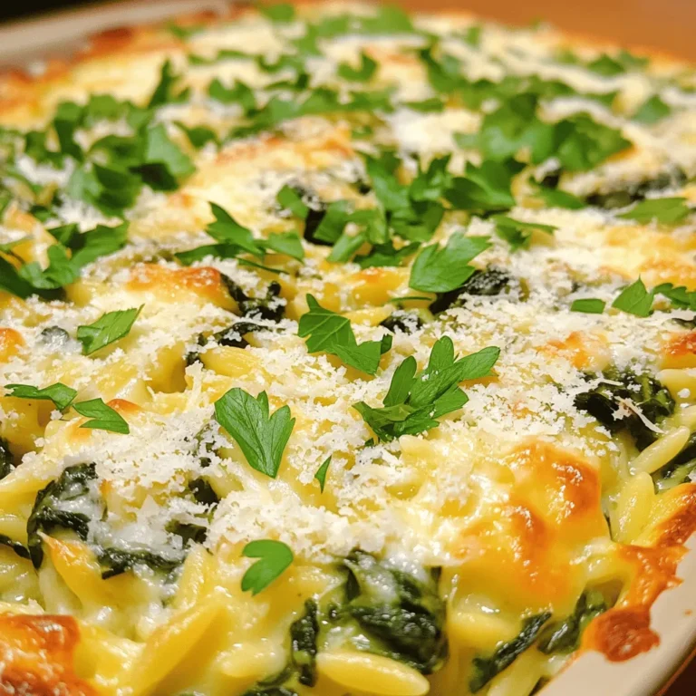 - 1 Tasse Orzo-Nudeln - 2 Tassen frischer Spinat, grob gehackt - 1 Tasse Ricotta-Käse Die Hauptzutaten sind einfach und lecker. Orzo-Nudeln sind kleine, reisförmige Teigwaren. Sie nehmen Aromen gut auf. Frischer Spinat bringt Farbe und Nährstoffe. Ricotta-Käse gibt die Cremigkeit. Kombiniere diese Zutaten für das beste Ergebnis. - 1 Tasse Mozzarella-Käse, gerieben - 1/2 Tasse Parmesan-Käse, gerieben Die Käseauswahl macht das Gericht besonders. Mozzarella schmilzt schön und gibt eine tolle Textur. Parmesan hat einen starken Geschmack und rundet alles ab. Verwende diese Käsesorten für den perfekten Biss. - 1 Knoblauchzehe, fein gehackt - 2 Tassen Gemüsebrühe - 1/2 Teelöffel Zwiebelpulver - 1/2 Teelöffel getrocknete italienische Kräuter (Basilikum, Oregano) Die Gewürze und Brühe sind wichtig für den Geschmack. Knoblauch bringt ein tolles Aroma. Gemüsebrühe gibt Tiefe und macht das Gericht herzhaft. Zwiebelpulver und italienische Kräuter sorgen für die richtige Würze. Diese Zutaten helfen, das Gericht besonders schmackhaft zu machen. Du findest die vollständige Anleitung in dem [Full Recipe]. - Temperatur einstellen: Heize deinen Ofen auf 190°C vor. Das hilft, den Auflauf gleichmäßig zu garen. - Auflaufform vorbereiten: Nimm eine gefettete Auflaufform. Dies verhindert, dass der Auflauf kleben bleibt. - Olivenöl erhitzen: Erhitze in einem mittleren Topf einen Esslöffel Olivenöl bei mittlerer Hitze. Füge dann eine fein gehackte Knoblauchzehe hinzu. Brate sie für etwa eine Minute. - Gemüsebrühe hinzufügen: Gib die Orzo-Nudeln in den Topf. Rühre sie mit dem Knoblauch um. Füge danach zwei Tassen Gemüsebrühe hinzu und bringe alles zum Kochen. Lass die Nudeln etwa zehn Minuten köcheln, bis sie al dente sind. - Spinat und Käsesorten einrühren: Nimm den Topf vom Herd. Füge zwei Tassen grob gehackten Spinat, eine Tasse Ricotta-Käse und die Hälfte des geriebenen Mozzarella-Käses hinzu. Rühre alles gut um. - Abgeschmecken und übertragen: Schmecke die Mischung mit Salz, Pfeffer, Zwiebelpulver und italienischen Kräutern ab. Übertrage die fertige Mischung in die Auflaufform. Bestreue die Oberfläche mit dem restlichen Mozzarella-Käse und einer halben Tasse Parmesan-Käse. Für das gesamte Rezept kannst du die [Full Recipe] einsehen. - Al dente Orzo: Kochen Sie die Orzo-Nudeln nur bis sie al dente sind. So bleiben sie bissfest. Achten Sie darauf, die Nudeln nicht zu lange zu kochen. - Käsevariationen: Experimentieren Sie mit verschiedenen Käsesorten. Feta kann dem Gericht eine salzige Note verleihen. Gouda sorgt für eine cremige Konsistenz. - Beilagenvorschläge: Servieren Sie den Auflauf mit einem frischen Salat. Ein einfacher grüner Salat passt gut dazu. Sie können auch knuspriges Brot anbieten. - Garnierungen und Präsentation: Frische Petersilie macht das Gericht lebendig. Ein Spritzer Zitronensaft bringt frische Aromen. - Überkochen des Orzo: Vermeiden Sie es, die Nudeln zu lange zu kochen. Überkochen führt zu einem matschigen Ergebnis. - Zu viel oder zu wenig Käse verwenden: Messen Sie den Käse genau ab. Zu viel Käse macht das Gericht schwer. Zu wenig Käse lässt es fade schmecken. Für mehr Details folgen Sie dem Full Recipe. {{image_4}} Um deinen cremigen Spinach Orzo Bake zu verbessern, kannst du Fleisch hinzufügen. Hähnchen oder Schinken harmonieren perfekt mit der cremigen Mischung. Sie bringen zusätzlichen Geschmack und Proteine. Wenn du vegetarisch bleiben möchtest, probiere Zucchini oder Paprika aus. Diese Gemüse sind frisch und bringen Farbe ins Spiel. Du kannst sie leicht anbraten, bevor du sie zur Orzo-Mischung gibst. Die Käsesorten in diesem Gericht sind wichtig. Du kannst Feta oder Gouda verwenden, um eine neue Note zu erreichen. Feta sorgt für einen salzigen Geschmack, während Gouda einen milden, cremigen Charakter hinzufügt. Wenn du eine vegane Option suchst, gibt es tolle Ersatzstoffe wie veganen Mozzarella. Diese schmelzen gut und bieten eine ähnliche Konsistenz. Wenn du es schärfer magst, füge Chiliflocken hinzu. Ein Hauch von Schärfe macht das Gericht aufregender. Auch andere Kräuter sind eine gute Idee. Thymian oder Rosmarin geben dem Auflauf eine neue Dimension. Experimentiere mit verschiedenen Gewürzen, um dein perfektes Rezept zu finden. Für alle Details und die genauen Schritte schau dir das [Full Recipe] an. Um Reste von cremigem Spinach Orzo Bake gut zu lagern, müssen Sie sie zuerst abkühlen lassen. Nach dem Abkühlen bewahre ich die Reste in einem luftdichten Behälter im Kühlschrank auf. So bleiben sie frisch. Alternativ können Sie auch Portionsgrößen in kleinen Behältern einfrieren. So haben Sie immer eine schnelle Mahlzeit zur Hand. Um den Auflauf aufzuwärmen, kann die Mikrowelle eine gute Wahl sein. Stellen Sie sicher, dass Sie ihn in einer mikrowellengeeigneten Schüssel erhitzen. Fügen Sie ein wenig Wasser hinzu, um die Feuchtigkeit zu halten. Wenn Sie den Ofen verwenden, heizen Sie ihn auf 175°C vor und geben Sie den Auflauf in eine Auflaufform. Decken Sie ihn mit Aluminiumfolie ab, um die Textur zu bewahren. So bleibt der Käse schön cremig und schmilzt gleichmäßig. Im Kühlschrank bleibt der cremige Spinach Orzo Bake bis zu drei Tage frisch. Achten Sie darauf, ihn gut abzudecken. Wenn Sie ihn einfrieren, hält er bis zu drei Monate. Stellen Sie sicher, dass er gut verpackt ist, um Gefrierbrand zu vermeiden. Ich empfehle, ihn in Portionen einzufrieren, damit Sie nur das auftauen, was Sie brauchen. - Die Vorbereitungszeit beträgt etwa 15 Minuten. - Die Garzeit liegt bei 20 bis 25 Minuten. - Insgesamt brauchen Sie also rund 45 Minuten bis zum Servieren. - Ja, Sie können die Mischung vorbereiten und im Kühlschrank aufbewahren. - Lagern Sie den Auflauf in einem luftdichten Behälter. - Er kann bis zu zwei Tage im Kühlschrank bleiben. - Sie können ihn auch einfrieren für bis zu drei Monate. - Servieren Sie frische Salate als Beilage. - Ein grüner Salat mit Vinaigrette ist eine tolle Wahl. - Sie können auch knuspriges Brot dazu reichen. - Für Getränke passen Weißwein oder ein spritziger Apfelsaft gut. Der cremige Spinach-Orzo-Auflauf vereint einfache Zutaten wie Orzo, Spinat und Ricotta. Wir haben die besten Käsesorten sowie Gewürze und Brühe besprochen, um den Geschmack zu heben. Mit klaren Schritten zur Zubereitung und nützlichen Tipps vermeiden Sie gängige Fehler. Variationen und Lagerinformationen runden das Rezept ab. Experimentieren Sie mit Zutaten, um Ihre perfekte Version zu finden! Genießen Sie die Vielfalt und die einfachen Möglichkeiten, dieses Gericht zu personalisieren.