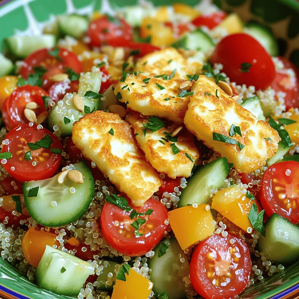 Für den Crispy Halloumi Quinoa Salad benötigst du folgende Zutaten: - 1 Tasse Quinoa, gründlich gewaschen - 2 Tassen Gemüsebrühe (oder Wasser) - 200 g Halloumi-Käse, in 1,5 cm dicke Scheiben geschnitten - 1 Esslöffel Olivenöl - 1 Tasse Kirschtomaten, halbiert - 1 Gurke, gewürfelt - 1 rote Paprika, gewürfelt - ½ Tasse frische Petersilie, grob gehackt - Saft von 1 Zitrone - Salz und Pfeffer nach Geschmack - 2 Esslöffel Kürbiskerne (optional) Halloumi ist der Star dieses Salats. Er bringt einen tollen Geschmack und eine knusprige Textur. Quinoa liefert Proteine und Ballaststoffe. Das macht den Salat sättigend und gesund. Kirschtomaten und Gurken fügen Frische hinzu. Die Paprika bringt eine süße Note. Petersilie sorgt für einen frischen Kick. Olivenöl gibt Geschmack und hilft, die Aromen zu verbinden. Wähle frische, knackige Gemüse für den besten Geschmack. Achte darauf, dass die Kirschtomaten leuchtend rot sind und fest anfühlen. Die Gurke sollte glatt und ohne Druckstellen sein. Für den Halloumi, suche nach einer frischen Verpackung ohne Beschädigungen. Frische Petersilie sieht lebendig und grün aus. All diese kleinen Details machen einen großen Unterschied im Endergebnis. Für das gesamte Rezept schau dir die [Full Recipe] an. Um die Quinoa zu kochen, bringen Sie zuerst 2 Tassen Gemüsebrühe zum Kochen. Verwenden Sie einen mittelgroßen Topf. Fügen Sie dann 1 Tasse gewaschene Quinoa hinzu. Reduzieren Sie die Hitze auf niedrig und decken Sie den Topf ab. Lassen Sie die Quinoa etwa 15 Minuten köcheln. Sie sollte dann leicht aufgeplustert und die Flüssigkeit aufgesogen sein. Nehmen Sie den Topf vom Herd und lassen Sie die Quinoa ein paar Minuten abkühlen. Erhitzen Sie eine beschichtete Pfanne bei mittelhoher Temperatur. Geben Sie 1 Esslöffel Olivenöl in die Pfanne. Wenn das Öl heiß ist, legen Sie die Halloumi-Scheiben vorsichtig hinein. Braten Sie jede Seite für etwa 2–3 Minuten, bis sie goldbraun und knusprig ist. Nehmen Sie den Halloumi aus der Pfanne und halten Sie ihn warm. In einer großen Schüssel vermengen Sie die gekochte Quinoa, 1 Tasse halbierte Kirschtomaten, 1 gewürfelte Gurke, 1 gewürfelte rote Paprika und ½ Tasse grob gehackte Petersilie. Pressen Sie den Saft von 1 Zitrone über den Salat. Würzen Sie mit Salz und Pfeffer nach Geschmack. Rühren Sie alles vorsichtig um, damit sich die Zutaten gut vermischen. Legen Sie die knusprigen Halloumi-Scheiben auf den Salat. Optional können Sie 2 Esslöffel Kürbiskerne darüber streuen, um einen zusätzlichen Crunch zu geben. Servieren Sie den Salat sofort oder kühlen Sie ihn für 30 Minuten, um ihn erfrischend zu genießen. Für die vollständige Zubereitung, schauen Sie sich das Rezept unter Full Recipe an. Um den Halloumi richtig knusprig zu bekommen, gibt es einige Tricks. Erstens, schneide den Käse in gleichmäßige Scheiben. Dickere Stücke brauchen länger zum Braten. Zweitens, stelle sicher, dass die Pfanne heiß ist, bevor du den Käse hinzufügst. Ein heißes Öl sorgt für eine schöne Kruste. Drittens, verwende etwas mehr Olivenöl. Das hilft, den Käse gleichmäßig zu bräunen. Viertens, lasse den Käse nach dem Braten kurz ruhen. So bleibt er knusprig. Ein häufiger Fehler ist, den Halloumi zu früh zu wenden. Warte, bis die Unterseite goldbraun ist, bevor du wendest. Ein weiterer Fehler ist, den Käse zu überfüllen. Brate nur so viel Halloumi, wie in die Pfanne passt, damit er gleichmäßig brät. Achte auch darauf, die Quinoa nicht zu überkochen. Sie sollte locker und fluffig sein. Überprüfe die Kochzeit, um eine perfekte Textur zu erreichen. Ein frisches Zitronen-Dressing passt perfekt zu diesem Salat. Mixe einfach Zitronensaft, Olivenöl, Salz und Pfeffer. Du kannst auch Joghurt oder einen Balsamico-Essig verwenden. Für mehr Crunch empfehle ich Kürbiskerne oder geröstete Nüsse. Diese geben dem Salat einen tollen Biss. Frische Kräuter wie Basilikum oder Minze sorgen für zusätzlichen Geschmack. Du kannst auch Avocado oder Oliven hinzufügen, um die Aromen zu variieren. Vergiss nicht, das Rezept für den Crispy Halloumi Quinoa Salad auszuprobieren! {{image_4}} Wenn du eine vegetarische oder vegane Option wünschst, ersetze den Halloumi-Käse. Tofu ist eine gute Wahl. Marinier ihn in Zitronensaft und Gewürzen. Brate ihn dann knusprig. Auch gebratene Auberginen oder Zucchini sind lecker. Sie bringen viel Geschmack und Textur in deinen Salat. Du kannst den Salat leicht aufpeppen. Füge Avocado für Cremigkeit hinzu. Gehackte Oliven bringen einen salzigen Kick. Wenn du es scharf magst, probiere Jalapeños oder Chili-Flocken. Auch geröstete Nüsse oder Samen sind toll für den Crunch. Sie geben dem Salat mehr Spannung und Abwechslung. Dieser Salat passt gut zu vielen Gerichten. Gegrilltes Gemüse ist eine tolle Beilage. Auch frisches Brot oder Pita ist ideal. Wenn du etwas Süßes möchtest, serviere frische Früchte oder einen Obstsalat. Das bringt einen tollen Kontrast zu dem herzhaften Salat. Für das vollständige Rezept schau dir den [Full Recipe] an. Um den Crispy Halloumi Quinoa Salad frisch zu halten, bewahre ihn im Kühlschrank auf. Er bleibt dort bis zu drei Tage gut. Achte darauf, den Salat in einem luftdichten Behälter zu lagern. So bleibt der Halloumi knusprig, und die anderen Zutaten behalten ihren Geschmack. Wenn du den Salat später essen möchtest, kannst du ihn leicht aufwärmen. Verwende eine Pfanne ohne Öl und erhitze den Salat bei niedriger Hitze. Achte darauf, die Quinoa nicht zu lange zu erwärmen, damit sie nicht matschig wird. Alternativ schmeckt der Salat auch kalt sehr gut, besonders an heißen Tagen. Für die Lagerung empfehle ich Glasbehälter mit Deckel. Sie sind umweltfreundlich und halten den Salat frisch. Du kannst auch Plastikkontainer verwenden, aber achte darauf, dass sie BPA-frei sind. Das hilft, die Aromen und die Textur des Salats zu bewahren. Du kannst den Salat bis zu drei Tage im Kühlschrank aufbewahren. Achte darauf, ihn in einem luftdichten Behälter zu lagern. So bleibt er frisch. Die Quinoa und das Gemüse halten sich gut. Der Halloumi kann jedoch weich werden. Um den besten Geschmack zu genießen, iss den Salat frisch. Ja, du kannst anderen Käse verwenden. Feta-Käse ist eine gute Wahl. Er hat einen ähnlichen Geschmack, aber er ist etwas bröckeliger. Mozzarella kann ebenfalls gut passen. Er wird jedoch nicht knusprig wie Halloumi. Denke daran, den Käse nach deinem Geschmack anzupassen. Zu diesem Salat passen viele Beilagen. Gegrilltes Gemüse ist eine tolle Wahl. Auch Brot, wie Focaccia, ergänzt den Salat gut. Wenn du etwas Herzhaftes möchtest, probiere Hummus oder Tzatziki. Diese Dips bringen frische Aromen und machen das Essen noch leckerer. Wir haben die besten Zutaten für unseren Salat besprochen und alles Schritt für Schritt zubereitet. Du hast gelernt, wie du Halloumi perfekt brätst und wie du frische Zutaten auswählst. Zudem haben wir viele Tipps gefolgt, um häufige Fehler zu vermeiden und wie du Variationen ausprobieren kannst. Achte auf die Lagerung, damit dein Salat frisch bleibt. Cooking macht Spaß und dieser Salat ist einfach zu machen. Probiere verschiedene Optionen aus, um deinen eigenen perfekten crispy Halloumi Quinoa Salad zu kreieren!