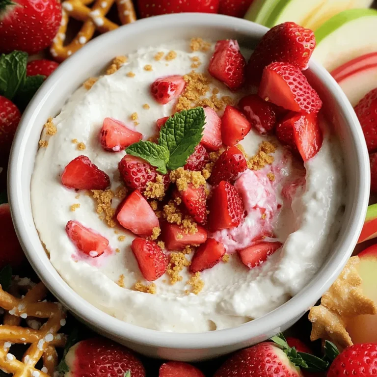 Für meinen Erdbeer-Käsekuchen-Dip brauchst du folgende Zutaten: - 225 g Frischkäse, weich und cremig - 60 g Puderzucker - 1 TL Vanilleextrakt - 120 ml Schlagsahne - 150 g Erdbeeren, fein gehackt (plus zusätzliche zum Garnieren) - 30 g Graham-Cracker-Brösel (plus zusätzlich zum Bestreuen) - Frische Minzblätter zur Dekoration (optional) Die Mengen sind für etwa 4-6 Portionen. Wenn du mehr Gäste hast, verdopple die Zutaten einfach. Du kannst den Frischkäse auch durch Mascarpone ersetzen. Das gibt einen etwas anderen, aber leckeren Geschmack. Wenn du keinen Puderzucker hast, nimm normalen Zucker und mahle ihn fein. Du benötigst einige einfache Küchengeräte: - Eine Rührschüssel - Einen Handmixer oder einen Schneebesen - Ein scharfes Messer zum Hacken der Erdbeeren - Eine Servierschüssel für den Dip Diese Geräte helfen dir, den Dip schnell und einfach zuzubereiten. Wenn du alles bereit hast, kannst du gleich mit dem Mixen beginnen! Um den Erdbeer-Käsekuchen-Dip zu machen, brauchst du einige einfache Zutaten. Hier sind die Schritte, die du befolgen solltest. 1. Stelle alle Zutaten bereit. Du benötigst Frischkäse, Puderzucker, Vanilleextrakt, Schlagsahne, Erdbeeren und Graham-Cracker-Brösel. 2. Sorge dafür, dass dein Frischkäse weich ist. Lass ihn 30 Minuten bei Raumtemperatur stehen, wenn er direkt aus dem Kühlschrank kommt. Jetzt kommen wir zur Zubereitung des Dips. 1. Nimm eine große Rührschüssel. Schlage den soften Frischkäse mit einem Handmixer oder einem Schneebesen glatt. 2. Streue langsam den Puderzucker ein und mixe weiter. Mische, bis alles gut verbunden ist. 3. Gib den Vanilleextrakt hinzu. Mische gut, bis er gleichmäßig verteilt ist. 4. Nun kommt die Schlagsahne. Hebe sie vorsichtig unter die Mischung. So bleibt der Dip leicht und fluffig. 5. Füge die fein gehackten Erdbeeren und die Graham-Cracker-Brösel hinzu. Hebe sie behutsam unter, um die Luftigkeit zu bewahren. 6. Gib den Dip in eine Servierschüssel. Glätte die Oberfläche mit einem Löffel. 7. Dekoriere den Dip mit zusätzlichen Erdbeeren und einem Hauch Graham-Cracker-Bröseln. 8. Wenn du magst, füge einige frische Minzblätter hinzu. Sie geben einen schönen Farbkontrast. Um den Dip leicht und fluffig zu halten, achte auf folgende Punkte: - Schlage die Schlagsahne nicht zu lange. Sie sollte weich bleiben. - Hebe die Schlagsahne sanft unter die Frischkäsemischung. Vermeide zu kräftiges Rühren. - Verwende frische Erdbeeren. Reife Erdbeeren geben mehr Geschmack und Feuchtigkeit. Mit diesen Tipps wird dein Erdbeer-Käsekuchen-Dip immer perfekt. Du kannst die genaue Zubereitung im Full Recipe nachlesen. Um den perfekten Erdbeer-Käsekuchen-Dip zu machen, achte auf die Zutaten. Verwende frischen Frischkäse. Er sollte weich und cremig sein. Du kannst auch einen Marken-Frischkäse wählen, den du magst. Achte darauf, dass die Erdbeeren reif sind. Sie bringen viel Geschmack. Mische die Sahne vorsichtig unter. So bleibt der Dip leicht und fluffig. Ein häufiger Fehler ist, den Puderzucker zu schnell hinzuzufügen. Das kann den Frischkäse klumpig machen. Füge den Zucker langsam hinzu und mixe gut. Ein weiterer Fehler ist, die Erdbeeren zu grob zu hacken. Das kann die Textur stören. Hacke sie fein, damit sie gut im Dip verteilt sind. Zu viel Schlagsahne kann den Dip schwer machen. Halte dich an die Menge im Full Recipe. Präsentiere den Dip schön, um ihn ansprechend zu machen. Nutze eine große Schüssel. Garniere die Oberfläche mit Erdbeeren und Graham-Cracker-Bröseln. Das sieht toll aus und macht Lust auf mehr. Stelle den Dip mit verschiedenen Dippers bereit. Brezeln, Graham-Cracker und Apfelscheiben sind perfekt. Arrangiere sie kunstvoll um den Dip. Das sorgt für einen festlichen Look. {{image_4}} Erdbeer-Käsekuchen-Dip ist vielseitig. Du kannst verschiedene Früchte verwenden. Probiere Himbeeren oder Blaubeeren. Diese Früchte bringen andere Geschmäcker mit. Füge auch etwas Schokolade hinzu. Schokolade ergänzt die Süße der Früchte. Wenn du keinen Frischkäse magst, probiere griechischen Joghurt. Er gibt einen tollen Geschmack. Du kannst auch Quark verwenden. Für einen würzigeren Dip, füge etwas Zimt hinzu. Das bringt eine neue Dimension. Du kannst auch andere Süßstoffe nutzen, wie Honig oder Agavensirup. Im Winter sind Orangenschalen eine tolle Ergänzung. Sie geben einen frischen Geschmack. Im Herbst kannst du Karamell hinzufügen. Es passt gut zu den warmen Aromen der Saison. Zu besonderen Anlässen, wie Partys, serviere den Dip in einer schönen Schüssel. Füge frische Minze für die Dekoration hinzu. So sieht der Dip noch leckerer aus. Um deinen Erdbeer-Käsekuchen-Dip frisch zu halten, lagere ihn in einem luftdichten Behälter. Dies schützt ihn vor Luft und Gerüchen. Stelle sicher, dass der Dip vollständig abgekühlt ist, bevor du ihn verschließt. Lagere ihn im Kühlschrank, um die beste Frische zu bewahren. Im Kühlschrank bleibt der Dip für etwa 3 bis 5 Tage gut. Du kannst ihn auch einfrieren, wenn du Reste hast. Fülle ihn in einen gefrierfesten Behälter und decke ihn gut ab. Der Dip bleibt bis zu 2 Monate eingefroren genießbar. Achte darauf, ihn über Nacht im Kühlschrank aufzutauen, bevor du ihn servierst. Reste sind eine tolle Chance, kreativ zu sein! Verwende den Dip als Füllung für Pfannkuchen oder Waffeln. Du kannst ihn auch zu einem Kuchen oder Muffins hinzufügen. Eine weitere Idee ist, ihn als Topping für Eiscreme zu verwenden. So machst du aus Resten eine neue, leckere Speise! Sie können den Dip bis zu zwei Tage im Voraus machen. Lagern Sie ihn in einem luftdichten Behälter im Kühlschrank. So bleibt er frisch und lecker. Wenn Sie ihn servieren, rühren Sie ihn kurz um. Die Textur wird so schön gleichmäßig. Ja, Sie können viele Früchte verwenden! Himbeeren, Blaubeeren oder Pfirsiche passen gut. Schneiden Sie die Früchte klein, damit sie sich gut im Dip vermischen. Experimentieren Sie mit verschiedenen Geschmäckern, um Ihren Favoriten zu finden. Dieser Dip ist nicht von Natur aus glutenfrei. Sie können jedoch glutenfreie Graham-Cracker verwenden. Für eine vegane Version ersetzen Sie den Frischkäse durch pflanzlichen Frischkäse und die Sahne durch Kokoscreme. So genießen auch Veganer diesen tollen Dip! Für das vollständige Rezept schauen Sie sich bitte die [Full Recipe] an. In diesem Artikel haben wir alles über den Erdbeer-Käsekuchen-Dip besprochen. Wir haben die Zutaten, die Zubereitung und hilfreiche Tipps geteilt. Ich habe auch Variationen und Lagerungshinweise erklärt. Denke immer daran, kreativ zu sein und Spaß beim Zubereiten zu haben. Mit unseren Tipps gelingt dir der Dip sicher. Jetzt liegt es an dir, diese leckere Speise auszuprobieren und deine Gäste zu begeistern!
