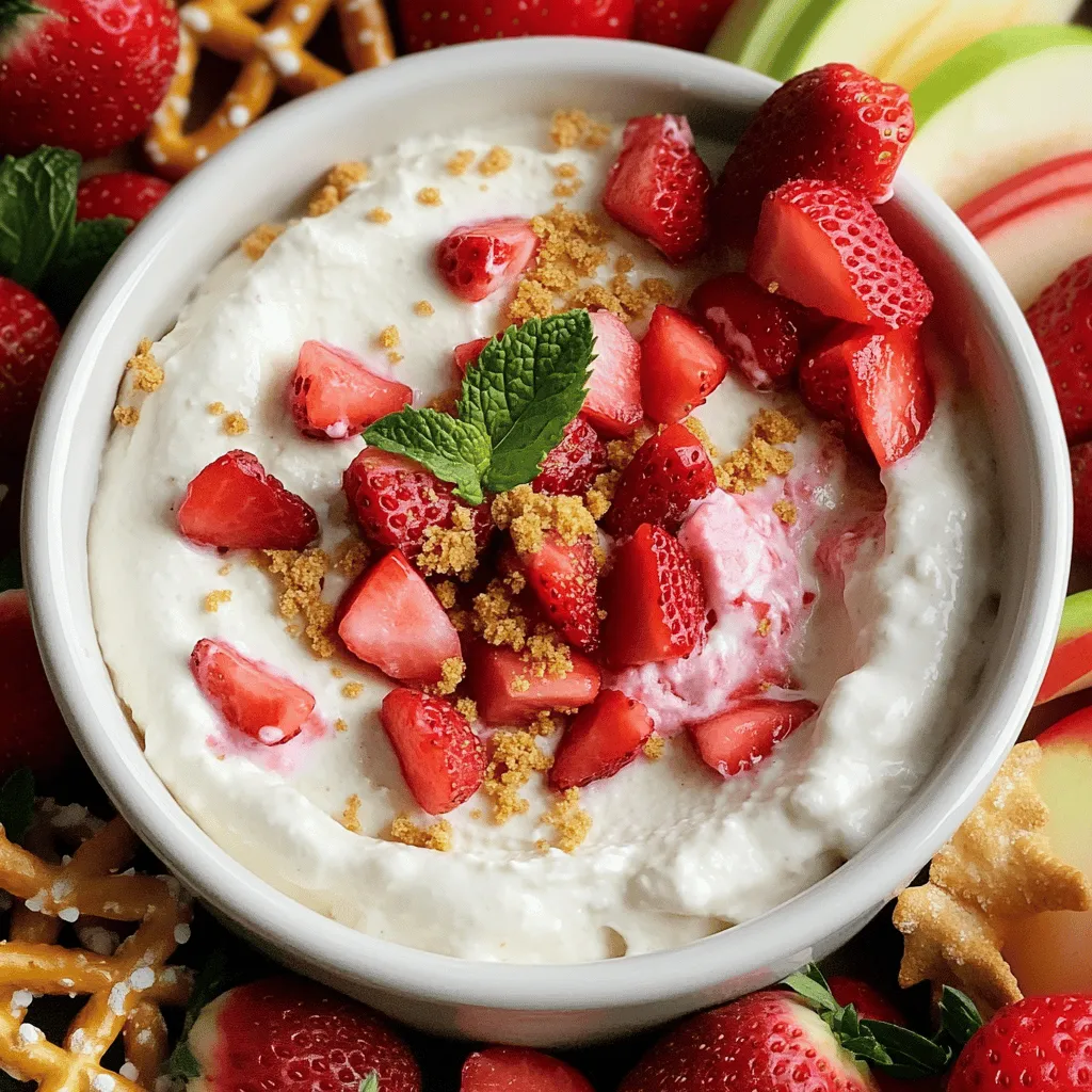 Für meinen Erdbeer-Käsekuchen-Dip brauchst du folgende Zutaten: - 225 g Frischkäse, weich und cremig - 60 g Puderzucker - 1 TL Vanilleextrakt - 120 ml Schlagsahne - 150 g Erdbeeren, fein gehackt (plus zusätzliche zum Garnieren) - 30 g Graham-Cracker-Brösel (plus zusätzlich zum Bestreuen) - Frische Minzblätter zur Dekoration (optional) Die Mengen sind für etwa 4-6 Portionen. Wenn du mehr Gäste hast, verdopple die Zutaten einfach. Du kannst den Frischkäse auch durch Mascarpone ersetzen. Das gibt einen etwas anderen, aber leckeren Geschmack. Wenn du keinen Puderzucker hast, nimm normalen Zucker und mahle ihn fein. Du benötigst einige einfache Küchengeräte: - Eine Rührschüssel - Einen Handmixer oder einen Schneebesen - Ein scharfes Messer zum Hacken der Erdbeeren - Eine Servierschüssel für den Dip Diese Geräte helfen dir, den Dip schnell und einfach zuzubereiten. Wenn du alles bereit hast, kannst du gleich mit dem Mixen beginnen! Um den Erdbeer-Käsekuchen-Dip zu machen, brauchst du einige einfache Zutaten. Hier sind die Schritte, die du befolgen solltest. 1. Stelle alle Zutaten bereit. Du benötigst Frischkäse, Puderzucker, Vanilleextrakt, Schlagsahne, Erdbeeren und Graham-Cracker-Brösel. 2. Sorge dafür, dass dein Frischkäse weich ist. Lass ihn 30 Minuten bei Raumtemperatur stehen, wenn er direkt aus dem Kühlschrank kommt. Jetzt kommen wir zur Zubereitung des Dips. 1. Nimm eine große Rührschüssel. Schlage den soften Frischkäse mit einem Handmixer oder einem Schneebesen glatt. 2. Streue langsam den Puderzucker ein und mixe weiter. Mische, bis alles gut verbunden ist. 3. Gib den Vanilleextrakt hinzu. Mische gut, bis er gleichmäßig verteilt ist. 4. Nun kommt die Schlagsahne. Hebe sie vorsichtig unter die Mischung. So bleibt der Dip leicht und fluffig. 5. Füge die fein gehackten Erdbeeren und die Graham-Cracker-Brösel hinzu. Hebe sie behutsam unter, um die Luftigkeit zu bewahren. 6. Gib den Dip in eine Servierschüssel. Glätte die Oberfläche mit einem Löffel. 7. Dekoriere den Dip mit zusätzlichen Erdbeeren und einem Hauch Graham-Cracker-Bröseln. 8. Wenn du magst, füge einige frische Minzblätter hinzu. Sie geben einen schönen Farbkontrast. Um den Dip leicht und fluffig zu halten, achte auf folgende Punkte: - Schlage die Schlagsahne nicht zu lange. Sie sollte weich bleiben. - Hebe die Schlagsahne sanft unter die Frischkäsemischung. Vermeide zu kräftiges Rühren. - Verwende frische Erdbeeren. Reife Erdbeeren geben mehr Geschmack und Feuchtigkeit. Mit diesen Tipps wird dein Erdbeer-Käsekuchen-Dip immer perfekt. Du kannst die genaue Zubereitung im Full Recipe nachlesen. Um den perfekten Erdbeer-Käsekuchen-Dip zu machen, achte auf die Zutaten. Verwende frischen Frischkäse. Er sollte weich und cremig sein. Du kannst auch einen Marken-Frischkäse wählen, den du magst. Achte darauf, dass die Erdbeeren reif sind. Sie bringen viel Geschmack. Mische die Sahne vorsichtig unter. So bleibt der Dip leicht und fluffig. Ein häufiger Fehler ist, den Puderzucker zu schnell hinzuzufügen. Das kann den Frischkäse klumpig machen. Füge den Zucker langsam hinzu und mixe gut. Ein weiterer Fehler ist, die Erdbeeren zu grob zu hacken. Das kann die Textur stören. Hacke sie fein, damit sie gut im Dip verteilt sind. Zu viel Schlagsahne kann den Dip schwer machen. Halte dich an die Menge im Full Recipe. Präsentiere den Dip schön, um ihn ansprechend zu machen. Nutze eine große Schüssel. Garniere die Oberfläche mit Erdbeeren und Graham-Cracker-Bröseln. Das sieht toll aus und macht Lust auf mehr. Stelle den Dip mit verschiedenen Dippers bereit. Brezeln, Graham-Cracker und Apfelscheiben sind perfekt. Arrangiere sie kunstvoll um den Dip. Das sorgt für einen festlichen Look. {{image_4}} Erdbeer-Käsekuchen-Dip ist vielseitig. Du kannst verschiedene Früchte verwenden. Probiere Himbeeren oder Blaubeeren. Diese Früchte bringen andere Geschmäcker mit. Füge auch etwas Schokolade hinzu. Schokolade ergänzt die Süße der Früchte. Wenn du keinen Frischkäse magst, probiere griechischen Joghurt. Er gibt einen tollen Geschmack. Du kannst auch Quark verwenden. Für einen würzigeren Dip, füge etwas Zimt hinzu. Das bringt eine neue Dimension. Du kannst auch andere Süßstoffe nutzen, wie Honig oder Agavensirup. Im Winter sind Orangenschalen eine tolle Ergänzung. Sie geben einen frischen Geschmack. Im Herbst kannst du Karamell hinzufügen. Es passt gut zu den warmen Aromen der Saison. Zu besonderen Anlässen, wie Partys, serviere den Dip in einer schönen Schüssel. Füge frische Minze für die Dekoration hinzu. So sieht der Dip noch leckerer aus. Um deinen Erdbeer-Käsekuchen-Dip frisch zu halten, lagere ihn in einem luftdichten Behälter. Dies schützt ihn vor Luft und Gerüchen. Stelle sicher, dass der Dip vollständig abgekühlt ist, bevor du ihn verschließt. Lagere ihn im Kühlschrank, um die beste Frische zu bewahren. Im Kühlschrank bleibt der Dip für etwa 3 bis 5 Tage gut. Du kannst ihn auch einfrieren, wenn du Reste hast. Fülle ihn in einen gefrierfesten Behälter und decke ihn gut ab. Der Dip bleibt bis zu 2 Monate eingefroren genießbar. Achte darauf, ihn über Nacht im Kühlschrank aufzutauen, bevor du ihn servierst. Reste sind eine tolle Chance, kreativ zu sein! Verwende den Dip als Füllung für Pfannkuchen oder Waffeln. Du kannst ihn auch zu einem Kuchen oder Muffins hinzufügen. Eine weitere Idee ist, ihn als Topping für Eiscreme zu verwenden. So machst du aus Resten eine neue, leckere Speise! Sie können den Dip bis zu zwei Tage im Voraus machen. Lagern Sie ihn in einem luftdichten Behälter im Kühlschrank. So bleibt er frisch und lecker. Wenn Sie ihn servieren, rühren Sie ihn kurz um. Die Textur wird so schön gleichmäßig. Ja, Sie können viele Früchte verwenden! Himbeeren, Blaubeeren oder Pfirsiche passen gut. Schneiden Sie die Früchte klein, damit sie sich gut im Dip vermischen. Experimentieren Sie mit verschiedenen Geschmäckern, um Ihren Favoriten zu finden. Dieser Dip ist nicht von Natur aus glutenfrei. Sie können jedoch glutenfreie Graham-Cracker verwenden. Für eine vegane Version ersetzen Sie den Frischkäse durch pflanzlichen Frischkäse und die Sahne durch Kokoscreme. So genießen auch Veganer diesen tollen Dip! Für das vollständige Rezept schauen Sie sich bitte die [Full Recipe] an. In diesem Artikel haben wir alles über den Erdbeer-Käsekuchen-Dip besprochen. Wir haben die Zutaten, die Zubereitung und hilfreiche Tipps geteilt. Ich habe auch Variationen und Lagerungshinweise erklärt. Denke immer daran, kreativ zu sein und Spaß beim Zubereiten zu haben. Mit unseren Tipps gelingt dir der Dip sicher. Jetzt liegt es an dir, diese leckere Speise auszuprobieren und deine Gäste zu begeistern!