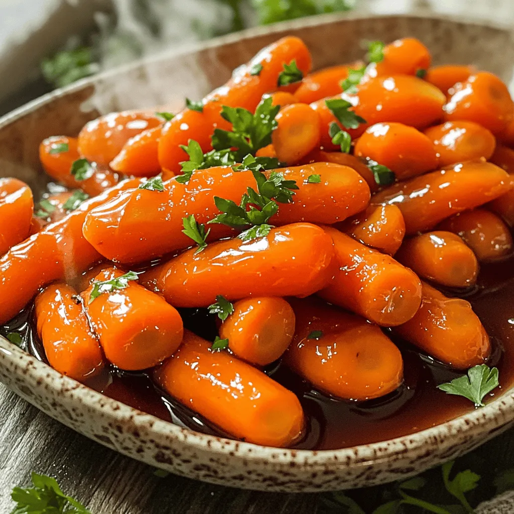 - 450 g Babykarotten - 60 ml reiner Ahornsirup - 30 g ungesalzene Butter Für dieses Rezept benötige ich frische Babykarotten. Diese kleinen Karotten sind süß und knackig. Wenn Sie keine Babykarotten haben, können Sie normale Karotten verwenden und sie in Scheiben schneiden. Der nächste wichtige Bestandteil ist reiner Ahornsirup. Er gibt den Karotten eine köstliche Süße. Achten Sie darauf, keinen künstlichen Sirup zu verwenden. Ungesalzene Butter sorgt für eine schöne, cremige Textur. Diese Zutaten sind die Basis für das Gericht. - 1 Teelöffel Zimt - 1/2 Teelöffel Muskatnuss - Frische Petersilie (zum Garnieren) Gewürze machen das Gericht besonders. Zimt bringt Wärme und Tiefe. Muskatnuss fügt einen Hauch von Süße hinzu. Diese Gewürze harmonieren perfekt mit den Karotten. Für die Garnitur verwende ich frische Petersilie. Diese bringt Farbe und frischen Geschmack. - Salz nach Geschmack - Ersatzstoffe (z.B. Honig, Margarine) Ich füge manchmal eine Prise Salz hinzu. Das hebt den Geschmack der Karotten hervor. Wenn Sie keinen Ahornsirup haben, können Sie Honig nutzen. Auch Margarine ist ein guter Ersatz für Butter. Diese Optionen machen das Rezept flexibel. - Karotten waschen und schneiden Beginnen Sie mit dem Waschen der Karotten. Wenn Sie normale Karotten verwenden, schälen Sie sie und schneiden sie in gleichmäßige Stücke. Babykarotten müssen nur gründlich abgewaschen werden. - Kochen der Karotten Legen Sie die Karotten in einen großen Topf. Fügen Sie genügend Wasser hinzu, um sie zu bedecken. Stellen Sie den Herd auf mittlere bis hohe Hitze. Sobald das Wasser kocht, reduzieren Sie die Hitze und lassen Sie die Karotten 5-7 Minuten köcheln. Sie sollten zart, aber noch knackig sein. Gießen Sie die Karotten gut ab. - Butter schmelzen und Gewürze hinzufügen Stellen Sie den gleichen Topf wieder auf die Herdplatte. Schmelzen Sie die Butter bei mittlerer Hitze. Fügen Sie den Ahornsirup, Zimt, Muskatnuss und eine Prise Salz hinzu. - Mischung gut verrühren Rühren Sie alles gut durch, bis eine homogene Mischung entsteht. Der Duft wird Ihnen das Wasser im Mund zusammenlaufen lassen. - Karotten in die Glasur geben Geben Sie die abgetropften Karotten zurück in den Topf mit der Ahornmischung. Wenden Sie die Karotten vorsichtig, damit sie gleichmäßig mit der Glasur überzogen sind. - Kochen bis die Glasur eindickt Lassen Sie die Karotten weitere 3-5 Minuten bei gelegentlichem Rühren köcheln. Die Glasur sollte leicht eindicken und die Karotten vollständig überziehen. Nehmen Sie den Topf vom Herd und transferieren Sie die Karotten auf eine Servierplatte. Garnieren Sie das Gericht mit frisch gehackter Petersilie. Für das vollständige Rezept und weitere Details schauen Sie sich die [Full Recipe] an. Um die besten Karotten zu kochen, achte auf die Garzeit. Babykarotten brauchen nur 5-7 Minuten. Wenn du normale Karotten verwendest, schneide sie in gleichmäßige Stücke. So garen sie gleichmäßig und werden zart. Um Matsche zu vermeiden, überprüfe regelmäßig die Konsistenz. Die Karotten sollten weich, aber noch knackig sein. Die Dicke der Glasur ist wichtig. Sie sollte dick genug sein, um die Karotten zu umhüllen, aber nicht zu dick. Wenn die Glasur zu dünn ist, füge einen kleinen Spritzer mehr Ahornsirup hinzu. Das bringt zusätzlichen Geschmack. Achte darauf, die Karotten in der Glasur gut zu wenden. So nehmen sie die süße Note perfekt auf. Für die beste Servieroption kannst du eine große, flache Schüssel nutzen. So kommen die Farben schön zur Geltung. Füge frische Petersilie obenauf hinzu. Dadurch erhält das Gericht einen schönen Farbkontrast. Du kannst auch Sesam oder geröstete Nüsse für zusätzliche Textur streuen. Diese kleinen Akzente machen das Gericht ansprechend und lecker. {{image_4}} Sie können die Glasur auch für andere Gemüsesorten nutzen. Zum Beispiel schmecken glasierte Süßkartoffeln wunderbar. Die Süße der Süßkartoffeln passt perfekt zu Ahornsirup. Einfach die Süßkartoffeln schälen und in Stücke schneiden. Kochen Sie sie wie die Karotten und folgen Sie dem gleichen Rezept. Grüne Bohnen ergänzen die Karotten gut. Sie bringen Farbe und Crunch auf den Tisch. Blanchieren Sie die Bohnen kurz, bevor Sie sie in die Glasur geben. Diese Kombination sieht nicht nur gut aus, sondern schmeckt auch herrlich. Für eine schärfere Note können Sie frischen Ingwer hinzufügen. Reiben Sie etwas Ingwer und geben Sie es zur Glasur. Es gibt den Karotten einen tollen Kick. Wenn Sie den Geschmack von Honig mögen, können Sie den Ahornsirup durch Honig ersetzen. Honig hat eine ähnliche Süße und verändert den Geschmack leicht. Für eine vegane Version nutzen Sie pflanzliche Butter. Diese Butter schmilzt gut und gibt den Karotten Geschmack. Sie können auch andere Süßungsmittel verwenden. Kokosnusszucker oder Agavendicksaft sind tolle Alternativen. Diese Varianten machen das Gericht für alle zugänglich und lecker. Ich empfehle, mit verschiedenen Zutaten zu experimentieren. So finden Sie Ihre perfekte Kombination. Das macht das Kochen spannend und kreativ! Um die Reste der Ahornsirup-glasierten Karotten zu lagern, lege sie in einen luftdichten Behälter. Stelle sicher, dass die Karotten gut abgekühlt sind, bevor du sie in den Kühlschrank stellst. So bewahrst du ihren Geschmack und die Frische. Vermeide es, die Karotten in einer großen Menge Wasser zu lagern. Dies kann die Textur und den Geschmack beeinträchtigen. Der beste Weg, um die Karotten aufzuwärmen, ist auf dem Herd. Erhitze sie in einer Pfanne bei mittlerer Hitze. Füge einen kleinen Spritzer Wasser oder etwas Butter hinzu, um ein Ankleben zu verhindern. Rühre die Karotten vorsichtig um, bis sie warm sind. Die Mikrowelle ist eine schnelle Option, aber sie kann die Karotten matschig machen. Wenn du die Mikrowelle verwendest, lege die Karotten in eine mikrowellengeeignete Schüssel. Decke sie ab und erhitze sie in kurzen Intervallen. Überprüfe oft, damit sie nicht überhitzen. Die Reste halten sich im Kühlschrank etwa 3 bis 5 Tage. Achte darauf, sie gut verschlossen zu lagern. Wenn die Karotten einen seltsamen Geruch oder eine schleimige Textur haben, sind sie wahrscheinlich verdorben. Werfe sie dann weg. Wenn du die Karotten länger aufbewahren möchtest, kannst du sie auch einfrieren. Sie halten sich im Gefrierfach bis zu 3 Monate. Achte darauf, sie in einem geeigneten Behälter einzufrieren, um Gefrierbrand zu vermeiden. Um die Karotten süßer zu machen, können Sie einige einfache Tipps nutzen: - Fügen Sie mehr Ahornsirup hinzu. - Verwenden Sie Honig als zusätzlichen Süßstoff. - Geben Sie eine Prise Zucker oder braunen Zucker dazu. - Kochen Sie die Karotten länger, damit sie mehr natürlichen Zucker freisetzen. Diese Methoden helfen, die Süße zu verstärken und den Geschmack zu verbessern. Ahornsirup-glasierte Karotten passen gut zu vielen Gerichten. Hier sind einige Ideen: - Servieren Sie sie mit gebratenem Hähnchen oder Pute. - Kombinieren Sie sie mit Lamm oder Rindfleisch. - Sie sind auch köstlich zu gegrilltem Fisch. - Eine Quinoa- oder Reisbeilage ergänzt die Karotten gut. Diese Kombinationen bieten ein ausgewogenes und schmackhaftes Essen. Ja, Sie können die Vorbereitung im Voraus machen. Hier sind einige Schritte: - Kochen Sie die Karotten und lassen Sie sie abkühlen. - Bewahren Sie sie in einem luftdichten Behälter im Kühlschrank auf. - Sie können die Glasur ebenfalls separat vorbereiten. - Vor dem Servieren einfach alles zusammen erhitzen. So sparen Sie Zeit und erhalten dennoch frische, leckere Karotten. Ahornsirup-glasierte Karotten sind eine leckere und einfache Beilage. Wir haben die besten Zutaten und eine klare Anleitung betrachtet. Ihr lernt, wie man die perfekte Glasur zubereitet und die Karotten richtig kocht. Denkt daran, mit Gewürzen zu experimentieren und verschiedene Gemüsesorten auszuprobieren. Die Lagerung ist ebenfalls wichtig, um den Geschmack zu erhalten. Insgesamt sind diese Karotten eine großartige Ergänzung für jedes Gericht. Jetzt seid ihr bereit, eure eigenen leckeren Karotten zu zaubern!