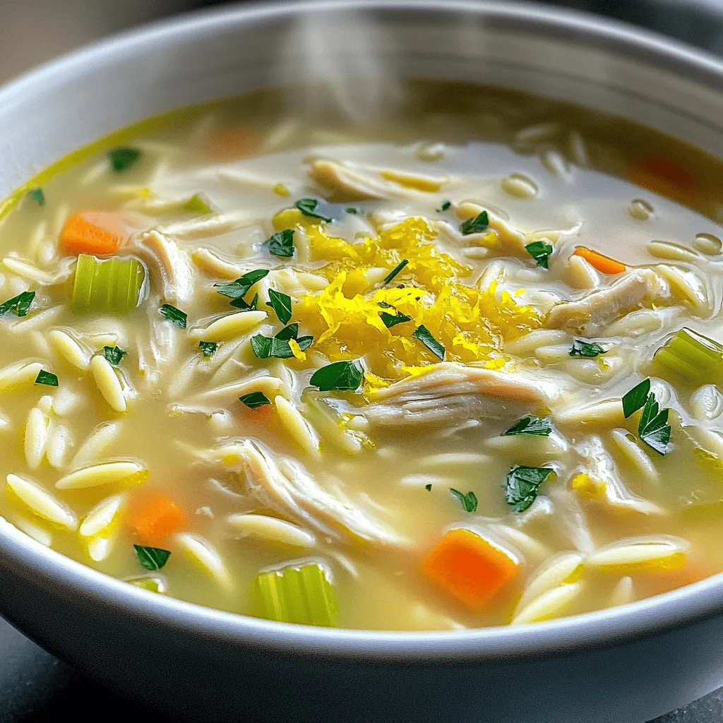 - Hähnchenbrustfilets - Orzo-Nudeln - Gemüse und Gewürze - Hühnerbrühe und Sahne - Zitronen Für die cremige Zitronen-Hühnchen-Orzo-Suppe braucht man einfache, frische Zutaten. Beginnen wir mit den Hähnchenbrustfilets. Diese geben der Suppe ihr herzhaftes Aroma. Ich bevorzuge, die Filets ohne Haut und Knochen zu verwenden. Orzo-Nudeln sind der nächste Hauptbestandteil. Diese kleinen Nudeln sind perfekt für Suppen. Sie nehmen die Flüssigkeit gut auf und machen die Suppe sättigend. Dann kommen die Gemüse und Gewürze ins Spiel. Eine Zwiebel, zwei Knoblauchzehen, drei Karotten und zwei Selleriestangen sorgen für einen tollen Geschmack. Diese Zutaten bringen Frische und Buntheit in die Schüssel. Hühnerbrühe ist unerlässlich. Sie bildet die Basis der Suppe. Ich empfehle, eine hochwertige Brühe zu verwenden. Sahne macht die Suppe schön cremig. Last but not least, die Zitronen! Sie bringen einen spritzigen Geschmack und machen die Suppe lebendig. Die Schale und der Saft sind wichtig für das beste Ergebnis. Wenn du alle Zutaten bereit hast, kannst du mit dem Kochen beginnen. Du findest das vollständige Rezept für die cremige Zitronen-Hühnchen-Orzo-Suppe hier: [Full Recipe]. Zuerst erhitzen Sie in einem großen Topf das Olivenöl. Fügen Sie dann die gewürfelte Zwiebel, Karotten und Sellerie hinzu. Braten Sie die Mischung etwa 5 Minuten lang an. Das Gemüse wird weich und duftet gut. Danach geben Sie den fein gehackten Knoblauch dazu. Rühren Sie diesen unter, um ihn nicht anbrennen zu lassen, und braten Sie ihn für eine weitere Minute. Legen Sie nun die Hähnchenbrustfilets in den Topf. Würzen Sie sie mit Salz und Pfeffer. Gießen Sie die Hühnerbrühe darüber. Bringen Sie alles zum Kochen. Reduzieren Sie dann die Hitze auf niedrig. Decken Sie den Topf ab und lassen Sie die Suppe etwa 15-20 Minuten köcheln. So garen wir das Hähnchen perfekt. Nehmen Sie das Hähnchen nach dem Garen aus dem Topf. Geben Sie die Orzo-Nudeln in die Brühe und kochen Sie sie gemäß den Packungsanweisungen. Normalerweise dauert das etwa 8-10 Minuten. Zerreißen Sie das Hähnchen mit zwei Gabeln in kleine Stücke. Wenn die Orzo fertig ist, fügen Sie die Sahne, Zitronenschale und den Zitronensaft hinzu. Rühren Sie alles gut um. Geben Sie die zerkleinerten Hähnchenstücke zurück in den Topf. Probieren Sie die Suppe und passen Sie die Würze mit Salz und Pfeffer an. Lassen Sie die Suppe 2-3 Minuten köcheln, um sie durchzuwärmen. Servieren Sie die Suppe heiß und garnieren Sie sie mit gehackter frischer Petersilie. Für das vollständige Rezept, schauen Sie bitte auf die Full Recipe. - Orzo richtig kochen: Kochen Sie die Orzo nach Anleitung auf der Packung. Achten Sie darauf, sie nicht zu lange zu lassen. Sie sollte al dente sein, damit sie in der Suppe nicht matschig wird. - Sahne gleichmäßig einrühren: Geben Sie die Sahne langsam hinzu. Rühren Sie gut um, damit sie sich gleichmäßig verteilt. So bleibt die Suppe cremig und lecker. - Geschmack optimieren mit Kräutern: Frische Kräuter wie Petersilie oder Dill bringen zusätzlichen Geschmack. Fügen Sie sie am Ende der Kochzeit hinzu, damit sie frisch bleiben. - Verwendung von zusätzlichen Gewürzen: Nutzen Sie Gewürze wie Thymian oder Paprika, um die Tiefe der Aromen zu verstärken. Ein Hauch von Zitrone gibt der Suppe eine frische Note. Mit diesen Tipps wird Ihre cremige Zitronen-Hühnchen-Orzo-Suppe noch besser. Schauen Sie sich das [Full Recipe] an, um alle Details zu sehen! {{image_4}} Wenn du eine vegetarische Version der cremigen Zitronen-Hühnchen-Orzo-Suppe möchtest, kannst du das Hähnchen ganz einfach ersetzen. Statt Hähnchenbrustfilets kannst du Tofu oder Kichererbsen verwenden. Diese Optionen sind reich an Proteinen und sorgen für eine tolle Textur. Verwende außerdem pflanzliche Brühe anstelle von Hühnerbrühe. So bleibt der Geschmack voll. Diese Brühe gibt der Suppe Tiefe und ist perfekt für die vegetarische Variante. Um die Suppe noch bunter zu machen, kannst du einige Gemüseoptionen hinzufügen. Zum Beispiel passen Erbsen, Spinat oder Paprika sehr gut. Diese Zutaten bringen Farbe und Nährstoffe in die Suppe. Zudem kannst du Gewürzvariationen ausprobieren. Ein Hauch von Paprika oder Kurkuma kann den Geschmack aufpeppen. Auch frische Kräuter wie Basilikum oder Dill bieten sich an. Diese kleinen Anpassungen machen die Suppe einzigartig und lecker. Für die vollständige Rezeptanleitung schau dir das [Full Recipe] an. - Kühlschranklagerung: Bewahre die Suppe in einem luftdichten Behälter auf. So bleibt sie drei bis vier Tage frisch. Lass die Suppe vor dem Einfüllen auf Raumtemperatur abkühlen. - Gefrieroptionen: Du kannst die Suppe auch einfrieren. Verwende einen gefrierfesten Behälter. Die Suppe hält sich bis zu drei Monate im Gefrierfach. Achte darauf, etwas Platz für die Ausdehnung zu lassen. - Methoden zum Aufwärmen: Erwärme die Suppe auf dem Herd bei mittlerer Hitze. Rühre sie häufig um, damit sie gleichmäßig warm wird. Du kannst die Suppe auch in der Mikrowelle aufwärmen. Stelle sicher, dass du sie in einem mikrowellengeeigneten Behälter hast. - Hinweise zur Konsistenz beim Aufwärmen: Die Orzo-Nudeln können beim Aufwärmen weich werden. Füge etwas Brühe oder Wasser hinzu, um die Konsistenz anzupassen. So bleibt die Suppe cremig und lecker. Die Suppe hält sich gut im Kühlschrank für etwa 3 bis 4 Tage. Lagern Sie sie in einem luftdichten Behälter. Für längere Aufbewahrung können Sie die Suppe einfrieren. Im Gefrierfach bleibt sie bis zu 3 Monate frisch. Achten Sie darauf, die Suppe vor dem Einfrieren abzukühlen. Ja, Sie können sowohl frisches als auch gefrorenes Hähnchen verwenden. Wenn Sie gefrorenes Hähnchen nehmen, tauen Sie es zuerst auf. Es ist wichtig, das Hähnchen vollständig zu garen. Achten Sie darauf, dass die Innentemperatur mindestens 75 Grad Celsius erreicht. Ja, es gibt einige gesündere Optionen. Sie können fettarme Sahne oder pflanzliche Sahne verwenden. Statt Orzo können Sie Quinoa oder Vollkornnudeln nehmen. Für glutenfreie Varianten nutzen Sie glutenfreie Pasta. Auch frisches Gemüse ist eine tolle Ergänzung. Um die Suppe würziger zu gestalten, fügen Sie mehr Gewürze hinzu. Zum Beispiel Paprika oder Cayennepfeffer. Frische Kräuter wie Thymian oder Basilikum bringen zusätzlichen Geschmack. Eine Prise Zitronenschale verstärkt den Zitronengeschmack. Experimentieren Sie, um den perfekten Geschmack zu finden. Diese Suppe ist einfach zuzubereiten und lecker. Wir haben die Zutaten durchgehechelt, von Hähnchen bis Gemüse. Ich zeige dir, wie du sie in wenigen Schritten perfekt kochst. Mit meinen Tipps sorgst du für die ideale Konsistenz und einen tollen Geschmack. Denk daran, Variationen ausprobieren macht Spaß. Du kannst die Suppe gut lagern und einfach wieder aufwärmen. Mach dich bereit, diese schmackhafte Suppe immer wieder zu genießen!