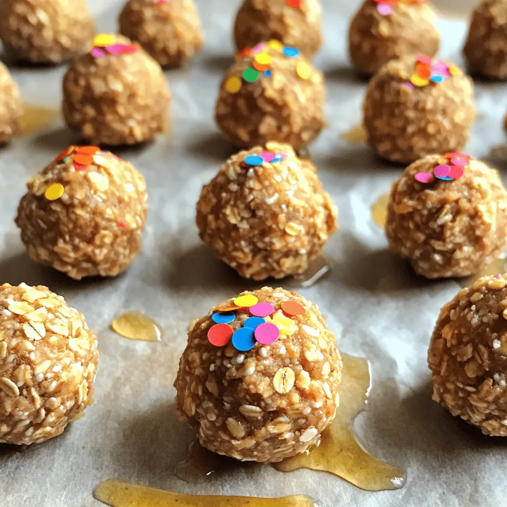 Die Zutaten für diese leckeren Proteinbällchen sind einfach und gesund. Sie benötigen: - 1 Tasse Haferflocken (gerollt) - 1/2 Tasse Vanille-Protein-Pulver - 1/4 Tasse Mandelmehl - 1/4 Tasse Mandelbutter (oder eine andere Nuss-/Samenbutter) - 1/4 Tasse Honig oder Ahornsirup - 1/4 Tasse ungesüßtes Apfelmus - 1 Teelöffel Vanilleextrakt - 1/2 Teelöffel Streusel (plus extra zum Garnieren) - Eine Prise Salz Diese Zutaten sorgen für einen tollen Geschmack und eine gute Konsistenz. Haferflocken liefern Ballaststoffe, während das Proteinpulver den Bällchen einen hohen Proteingehalt verleiht. Wenn Sie einige Zutaten ersetzen möchten, gibt es viele Optionen. Zum Beispiel können Sie Erdnussbutter anstelle von Mandelbutter verwenden. Es gibt auch veganen Honig, wenn Sie die Bällchen vegan halten wollen. Statt Apfelmus können Sie auch Bananenpüree benutzen. Das gibt den Bällchen einen süßen Geschmack. Um den Bällchen mehr Geschmack zu geben, können Sie Zimt oder Kakaopulver hinzufügen. Diese Zutaten machen die Bällchen noch interessanter. Chia- oder Leinsamen geben einen zusätzlichen Crunch und mehr Nährstoffe. Sie können auch getrocknete Früchte oder Nüsse hinzufügen, um die Textur zu verbessern. Die Auswahl an Zutaten macht diese Proteinbällchen sehr flexibel. So können Sie sie leicht an Ihren Geschmack anpassen. Zuerst sammeln wir die trockenen Zutaten. Du benötigst: - 1 Tasse Haferflocken (gerollt) - 1/2 Tasse Vanille-Protein-Pulver - 1/4 Tasse Mandelmehl - Eine Prise Salz Gib die Haferflocken, das Protein-Pulver, das Mandelmehl und das Salz in eine große Schüssel. Mische alles gut durch, bis die Zutaten gleichmäßig verteilt sind. Dies ist der erste Schritt zu leckeren Proteinbällchen. Jetzt kommen die feuchten Zutaten. Du brauchst: - 1/4 Tasse Mandelbutter (oder eine andere Nuss-/Samenbutter) - 1/4 Tasse Honig oder Ahornsirup - 1/4 Tasse ungesüßtes Apfelmus - 1 Teelöffel Vanilleextrakt In einer separaten Schüssel verrührst du die Mandelbutter, den Honig, das Apfelmus und den Vanilleextrakt. Rühre alles glatt und cremig. Diese Mischung bringt Süße und Feuchtigkeit in unsere Bällchen. Jetzt kombinieren wir die Zutaten. Gieße die feuchten Zutaten in die Schüssel mit den trockenen. Rühre sie gut um. Die Mischung sollte klebrig sein. Falls sie zu trocken ist, füge einen Löffel mehr Apfelmus oder Honig hinzu. Jetzt kommen die Streusel dazu. Füge 1/2 Teelöffel Streusel hinzu und hebe sie vorsichtig unter. Danach forme kleine Bällchen mit einem Durchmesser von etwa 2,5 cm. Lege sie auf ein mit Backpapier ausgelegtes Blech. Lass die Bällchen für etwa 30 Minuten im Gefrierfach. So werden sie fest. Nach dem Kühlen kannst du sie in einen luftdichten Behälter umfüllen. Bewahre sie im Kühlschrank bis zu einer Woche auf. Wenn du sie länger lagern möchtest, lege sie in den Gefrierschrank. Diese Proteinbällchen sind perfekt für Geburtstagsfeiern oder als gesunde Snacks! Um die perfekte Konsistenz für deine Proteinbällchen zu bekommen, achte auf die Mischung. Die Mischung sollte klebrig, aber nicht zu nass sein. Wenn sie zu trocken ist, füge mehr Apfelmus oder Honig hinzu. Achte darauf, die Zutaten gut zu vermengen. So bekommen die Bällchen die richtige Textur. Du kannst die Zutaten leicht anpassen. Wenn du glutenfrei bist, benutze glutenfreie Haferflocken. Für eine nussfreie Option kannst du Sonnenblumenkernbutter anstelle von Mandelbutter wählen. Wenn du Zucker reduzierst, ersetze Honig durch eine Zuckeralternative. So bleibt der Geschmack toll und die Bällchen passen zu deinem Diätplan. Um die Frische zu bewahren, lagere die Proteinbällchen in einem luftdichten Behälter. Im Kühlschrank bleiben sie bis zu einer Woche gut. Für längere Haltbarkeit lege sie in den Gefrierschrank. So kannst du sie jederzeit genießen, ohne dass sie schlecht werden. {{image_4}} Ich liebe es, Schokoladengeschmack hinzuzufügen. Um schokoladige Proteinbällchen zu machen, benutze einfach Kakaopulver. Füge 2 bis 3 Esslöffel ungesüßtes Kakaopulver zu den trockenen Zutaten hinzu. Das gibt den Bällchen eine tolle Schokoladennote. Du kannst auch Schokoladenstückchen hinzufügen, um den Bällchen mehr Textur und Geschmack zu geben. Für eine vegane Version tausche das Vanille-Protein-Pulver gegen ein pflanzliches Protein-Pulver aus. Verwende Agavendicksaft anstelle von Honig. Achte darauf, dass auch die Nussbutter vegan ist. Diese Änderungen machen die Bällchen für alle zugänglich und lecker. Sie sind perfekt, um sie mit Freunden zu teilen, die vegan leben. Du kannst die Geschmäcker nach deinem Wunsch anpassen. Füge Zimt für einen warmen Geschmack hinzu oder experimentiere mit Kokosnussflocken. Fruchtige Aromen wie pürierte Banane oder Beeren sind ebenfalls eine tolle Idee. Diese Variationen machen die Proteinbällchen spannend und geben dir viele Optionen für jeden Anlass. Du kannst deine High-Protein-Geburtstagskuchen Proteinbällchen einfach aufbewahren. Lege sie nach dem Formen in den Gefrierschrank. So bleiben sie frisch und lecker. Nach 30 Minuten kannst du sie in einen luftdichten Behälter umfüllen. Bewahre sie im Kühlschrank für bis zu einer Woche auf. Für längere Haltbarkeit lege sie einfach in den Gefrierschrank. So hast du immer einen tollen Snack zur Hand. Die Proteinbällchen sind im Kühlschrank etwa eine Woche haltbar. Wenn du sie gefrierst hast, bleiben sie mehrere Monate frisch. Achte darauf, dass du sie gut verpackst, damit sie nicht austrocknen. Wenn du die Bällchen aufgetaut hast, esse sie am besten innerhalb von drei Tagen. So schmecken sie am besten. Falls du Reste hast, sei kreativ! Du kannst die Bällchen als Topping für Joghurt oder Haferbrei verwenden. Sie passen auch gut zu Smoothies. Einfach ein paar Bällchen in den Mixer geben und pürieren. Du kannst sie auch als gesunden Snack für unterwegs mitnehmen. So hast du immer etwas Leckeres dabei. Eine Portion enthält 2 bis 3 Proteinbällchen. Diese Menge reicht für einen kleinen Snack. Du kannst die Portion nach deinem Hunger anpassen. Ja, du kannst die Proteinbällchen im Voraus machen. Sie bleiben bis zu einer Woche im Kühlschrank frisch. Für längere Haltbarkeit kannst du sie einfrieren. So hast du immer einen gesunden Snack bereit. Ja, die Proteinbällchen sind kinderfreundlich. Sie enthalten gesunde Zutaten wie Hafer und Mandelbutter. Die süße Note von Honig oder Ahornsirup macht sie lecker. Achte darauf, die Portionen klein zu halten. Um einen gesunden und leckeren High-Protein-Geburtstagskuchen zu kreieren, sind die Zutaten entscheidend. Wir haben die besten Hauptzutaten und nahrhaften Alternativen betrachtet. Schritt für Schritt haben wir die Zubereitung der Proteinbällchen erklärt, mit Tipps für Konsistenz und Lagerung. Variationen wie schokoladige und vegane Optionen bieten Vielfalt. Die richtige Lagerung verlängert die Haltbarkeit. Diese Proteinbällchen sind einfach, lecker und vielseitig. Probiere sie aus und genieße den perfekten Snack!