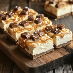 Für diese leckeren Bars braucht ihr: - 1 ½ Tassen Graham-Cracker-Brösel - ½ Tasse ungesalzene Butter, geschmolzen - 8 oz Frischkäse, weich - ½ Tasse Puderzucker - 1 Teelöffel Vanilleextrakt - 1 Tasse Schlagsahne - 2 mittelgroße Snickers-Riegel, gehackt Diese Zutaten bilden die Basis für die Bars. Die Graham-Cracker-Brösel geben der Kruste einen tollen Crunch. Die geschmolzene Butter sorgt dafür, dass alles gut zusammenhält. Frischkäse macht die Füllung cremig und reichhaltig. Puderzucker und Vanilleextrakt bringen Süße und Geschmack. Die Schlagsahne macht die Mischung leicht und luftig, während die gehackten Snickers für den Schokoladengeschmack sorgen. Für die Dekoration benötigt ihr: - ½ Tasse Karamellsauce - ½ Tasse Schokoladensauce - Eine Prise Meersalz (optional) Die Karamell- und Schokoladensauce bringen zusätzlichen Geschmack und machen die Bars besonders. Ein Hauch von Meersalz hebt den süßen Geschmack hervor und sorgt für einen tollen Kontrast. Wählt frische Zutaten für den besten Geschmack. Nehmt echten Frischkäse statt einer Lite-Version. Das gibt mehr Geschmack und eine bessere Konsistenz. Bei den Snickers-Riegeln, wählt die klassische Variante für den besten Karamellgeschmack. Nutzt hochwertige Schokoladensauce für einen reichen Schokoladengeschmack. Wenn ihr die Karamellsauce selbst macht, könnt ihr sie anpassen und weniger Zucker verwenden. So sorgt ihr für einen gesunden Genuss. Zuerst nimmst du eine mittelgroße Schüssel. Dort vermengst du 1 ½ Tassen Graham-Cracker-Brösel mit ½ Tasse geschmolzener Butter. Rühre, bis die Mischung krümelig wird. Jetzt drückst du die Krumen gleichmäßig und fest auf den Boden einer gefetteten 23x23 cm Backform. Diese Kruste ist die Basis für deine Cheesecake Bars. In einer großen Schüssel schlägst du 8 oz weichen Frischkäse mit einem Handmixer. Mische, bis die Masse glatt und fluffig ist. Füge dann ½ Tasse Puderzucker und 1 Teelöffel Vanilleextrakt hinzu. Mische weiter, bis alles gut vermengt ist. Jetzt hebst du 1 Tasse Schlagsahne vorsichtig unter die Frischkäse-Mischung. Rühre bis keine Klumpen mehr sichtbar sind. Danach kommen 2 gehackte Snickers-Riegel in die Mischung. Behalte etwas für die Dekoration zurück. Verteile die Frischkäse-Mischung gleichmäßig auf der Graham-Cracker-Kruste. Träufle ½ Tasse Karamellsauce und ½ Tasse Schokoladensauce darüber. Verwende einen Zahnstocher, um einen marmorierten Effekt zu erzielen. Streue die reservierten Snickers-Stücke darüber. Decke die Form mit Frischhaltefolie ab und kühle sie für mindestens 4 Stunden. Wenn die Masse fest ist, hebe die Cheesecake-Stücke aus der Form. Schneide sie in Bars und serviere sie kalt. Um die perfekte Cheesecake-Konsistenz zu erreichen, ist es wichtig, die Zutaten richtig zu mischen. Beginne mit weichem Frischkäse. Kalter Frischkäse kann Klumpen bilden. Schlage den Frischkäse zuerst allein, bis er glatt ist. Füge dann den Puderzucker und Vanille hinzu. Mixe alles gut, bevor du die Schlagsahne hinzufügst. Achte darauf, die Schlagsahne vorsichtig unterzuheben. So bleibt die Füllung luftig und cremig. Ein häufiger Fehler ist, die Schlagsahne zu stark zu schlagen. Dies kann die Füllung schwer machen. Achte auch darauf, die Kruste gut zu drücken. Wenn die Kruste nicht fest ist, zerbricht sie beim Schneiden der Bars. Ein weiterer Fehler ist, die Bars nicht lange genug zu kühlen. Lasse sie mindestens vier Stunden im Kühlschrank. So wird die Füllung fest und lässt sich gut schneiden. Wenn du die Kühlzeit verkürzen möchtest, verwende eine flachere Form. Dadurch verteilt sich die Füllung gleichmäßiger und kühlt schneller. Du kannst auch einen Gefrierschrank nutzen. Stelle die Bars für 1-2 Stunden in den Gefrierschrank. Achte darauf, sie rechtzeitig herauszunehmen, bevor sie zu hart werden. So hast du schneller leckere Cheesecake Bars zum Genießen! {{image_4}} Wenn du keine Snickers-Riegel magst, gibt es viele Alternativen. Du kannst andere Schokoladenriegel verwenden, wie Twix oder Mars. Diese Riegel haben ähnliche Texturen und Aromen. Du kannst auch Nüsse oder Karamellbonbons hinzufügen. Sei kreativ mit deinem Rezept! Die Cheesecake-Füllung kann viele Geschmäcker haben. Du kannst Frischkäse mit Schokolade oder Erdnussbutter mischen. Für Fruchtgeschmack füge pürierte Erdbeeren oder Himbeeren hinzu. Diese Variationen machen das Dessert noch interessanter. Experimentiere mit verschiedenen Geschmäckern, um deinen Favoriten zu finden. Für glutenfreie Cheesecake-Bars benutze glutenfreie Graham-Cracker. Diese sind in vielen Läden erhältlich. Für vegane Optionen verwende pflanzlichen Frischkäse und Kokoscreme anstelle von Schlagsahne. Achte darauf, dass auch die Schokoladen- und Karamellsauce vegan sind. So kannst du alle genießen! Um deine No-Bake Snickers Cheesecake Bars frisch zu halten, lege sie in einen luftdichten Behälter. So bleiben sie lecker und feucht. Achte darauf, dass die Bars gut abgedeckt sind, um eine Austrocknung zu vermeiden. Wenn du sie in der Backform aufbewahrst, decke die Form mit Frischhaltefolie ab. So kannst du sie schnell wieder genießen. Im Kühlschrank halten die Bars bis zu einer Woche. Sie schmecken am besten, wenn du sie gut gekühlt servierst. Überprüfe vor dem Verzehr, ob sie noch frisch sind. Wenn sie einen komischen Geruch haben, ist es besser, sie wegzuwerfen. Wenn du die Bars länger aufbewahren möchtest, friere sie ein. Schneide die Bars in Stücke und lege sie auf ein Backblech. Stelle sicher, dass sie sich nicht berühren. Friere sie für etwa zwei Stunden ein, bis sie fest sind. Danach kannst du sie in einen luftdichten Behälter oder einen Gefrierbeutel legen. So bleiben sie bis zu drei Monate frisch. Wenn du sie essen möchtest, lasse sie einfach im Kühlschrank auftauen. Ja, du kannst diese Riegel vegan oder glutenfrei machen. Für die glutenfreie Option, verwende glutenfreie Graham-Cracker oder zermahle glutenfreie Kekse. Achte darauf, dass die Schokoladensauce und die Karamellsauce ebenfalls glutenfrei sind. Für die vegane Variante, ersetze den Frischkäse durch vegane Frischkäse-Alternativen und die Schlagsahne durch pflanzliche Sahne. Dies macht die Riegel ebenso lecker und für jeden genießbar. Wenn die Füllung nicht fest wird, kann das mehrere Gründe haben. Ein häufiger Grund ist, dass die Schlagsahne nicht genug steif geschlagen wurde. Stelle sicher, dass du die Schlagsahne bis zu festen Spitzen schlägst, bevor du sie unter die Frischkäse-Mischung hebst. Eine andere Möglichkeit ist, die Riegel länger im Kühlschrank zu lassen. Manchmal braucht die Füllung einfach mehr Zeit, um fest zu werden. Die No-Bake Snickers Cheesecake Bars sind im Kühlschrank bis zu einer Woche haltbar. Achte darauf, sie in einem luftdichten Behälter aufzubewahren. Wenn du sie länger aufbewahren möchtest, kannst du sie einfrieren. Im Gefrierschrank halten sie bis zu drei Monate. Lass sie einfach im Kühlschrank auftauen, bevor du sie servierst. Du hast nun erfahren, wie man No-Bake Snickers Cheesecake Bars zubereitet. Wir haben die besten Zutaten besprochen und Tipps zur Zubereitung gegeben. Zudem gibt es viele Variationen und Tipps zur Aufbewahrung. Diese Bars sind einfach und lecker. Probiere sie aus und finde deinen Lieblingsgeschmack. Viel Spaß beim Backen und Genießen!