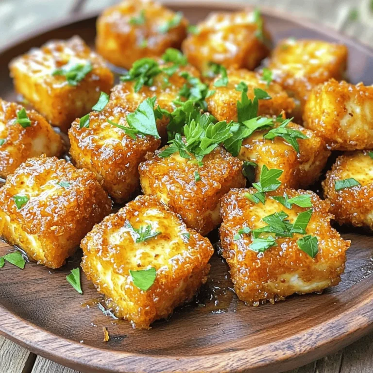 Die Wahl des richtigen Tofus ist wichtig. Ich empfehle, festen Tofu zu benutzen. Er hat die beste Textur. Drücke den Tofu für 15-20 Minuten, um das Wasser zu entfernen. Dies hilft, die Nuggets knusprig zu machen. Schneide den Tofu dann in gleichmäßige Würfel. So garen sie gleichmäßig und gut. Für die Panade brauchst du einige einfache Zutaten. Mische Allzweckmehl und Speisestärke in einer Schüssel. Füge dann Knoblauchpulver, Zwiebelpulver und geräuchertes Paprikapulver hinzu. Diese Gewürze bringen tollen Geschmack. Vergiss nicht, Salz und schwarzen Pfeffer nach Geschmack hinzuzufügen. Diese Mischung macht die Tofu-Nuggets knusprig und würzig. Die Knoblauchbutter ist das Herzstück dieses Rezepts. Du brauchst ungesalzene Butter und frischen Knoblauch. Schmelze die Butter in einem kleinen Topf. Achte darauf, den Knoblauch nicht zu verbrennen. Das Aroma wird deine Küche füllen. Zum Garnieren verwende frische Petersilie. Sie bringt Farbe und zusätzlichen Geschmack. Zuerst bereiten Sie den Tofu vor. Nehmen Sie einen Block festen Tofu. Drücken Sie ihn für 15 bis 20 Minuten. So entfernen Sie die überschüssige Feuchtigkeit. Dies macht den Tofu fester und knuspriger. Schneiden Sie den Tofu in mundgerechte Würfel. Halten Sie die Stücke gleichmäßig, um die Garzeit zu vereinheitlichen. Jetzt kommen wir zur Panade. Nehmen Sie eine Rührschüssel. Fügen Sie 120 ml Allzweckmehl und 120 ml Speisestärke hinzu. Geben Sie 1 Teelöffel Knoblauchpulver, 1 Teelöffel Zwiebelpulver und 1/2 Teelöffel geräuchertes Paprikapulver dazu. Würzen Sie die Mischung mit Salz und schwarzem Pfeffer. Mischen Sie alles gut. Wenden Sie die Tofu-Würfel in der Mischung, bis sie gleichmäßig bedeckt sind. Stellen Sie die Nuggets zur Seite. Erhitzen Sie eine große Pfanne mit Pflanzenöl. Das Öl sollte den Boden der Pfanne bedecken. Warten Sie, bis das Öl heiß ist. Legen Sie die panierten Tofu-Nuggets in einer einzigen Schicht in die Pfanne. Braten Sie sie etwa 3 bis 4 Minuten auf jeder Seite. Sie sollten goldbraun und knusprig sein. Nehmen Sie die Nuggets aus der Pfanne und lassen Sie sie auf einem Küchentuch abtropfen. Nun bereiten Sie die Knoblauchbutter vor. Schmelzen Sie 60 g Butter in einem kleinen Topf. Fügen Sie 4 gehackte Knoblauchzehen hinzu. Braten Sie den Knoblauch für etwa 1 Minute. Achten Sie darauf, dass er nicht verbrennt. Gießen Sie die Knoblauchbutter über die Tofu-Nuggets. Wenden Sie die Nuggets sanft, um sie gleichmäßig zu bedecken. Garnieren Sie die Nuggets mit frischer Petersilie. Servieren Sie sie heiß und genießen Sie den köstlichen Geschmack! Um die Tofu-Nuggets knusprig zu machen, ist die richtige Panade wichtig. Mixe das Mehl und die Speisestärke gut. Diese Mischung hilft, die Tofu-Stücke gleichmäßig zu bedecken. Drücke die Panade gut an. So bleibt sie beim Braten haften. Brate die Nuggets in heißem Öl. So werden sie goldbraun und knusprig. Ein weiterer Tipp ist, die Nuggets nicht zu überfüllen. Brate sie in kleinen Gruppen. So haben sie genug Platz, um knusprig zu werden. Das richtige Öl macht einen großen Unterschied. Pflanzenöl wie Sonnenblumen- oder Erdnussöl eignet sich gut. Diese Öle haben einen hohen Rauchpunkt. Das bedeutet, sie brennen nicht schnell an. Du kannst auch Rapsöl verwenden. Es hat einen neutralen Geschmack und lässt die Aromen des Knoblauchs durch. Vermeide Öle mit starkem Geschmack, wie Olivenöl. Diese können den zarten Geschmack der Nuggets überdecken. Ein häufiger Fehler ist, den Tofu nicht genug zu pressen. Wenn der Tofu zu viel Wasser hat, wird er nicht knusprig. Achte darauf, alle Flüssigkeit zu entfernen. Ein weiterer Fehler ist, die Nuggets zu früh aus der Pfanne zu nehmen. Lass sie goldbraun braten, um die beste Textur zu erreichen. Auch das Wenden der Nuggets vor dem richtigen Zeitpunkt kann sie zerbrechen. Lass sie in Ruhe, bis sie bereit sind, gewendet zu werden. {{image_4}} Ich liebe es, die Knoblauchbutter vegan zu machen. Verwenden Sie einfach vegane Butter. Diese Option ist leicht und macht die Nuggets für alle zugänglich. Ein weiterer Tipp ist, Kokosöl zu verwenden. Es gibt einen tollen Geschmack, der gut passt. Die Gewürze machen einen großen Unterschied. Probieren Sie verschiedene Kombinationen aus! Fügen Sie etwas Chili-Pulver für Schärfe hinzu. Oder nutzen Sie italienische Kräuter wie Oregano und Basilikum. Das bringt eine frische Note. Die Nuggets sind vielseitig. Servieren Sie sie mit süß-saurer Sauce oder Sojasauce. Beide passen perfekt! Für Beilagen sind Gemüse-Sticks oder Salat ideal. Sie machen das Gericht noch gesünder. Probieren Sie auch Reis oder Quinoa als Beilage. Sie sind nahrhaft und lecker. Um die Knusprigkeit der Nuggets zu bewahren, lege sie in einen luftdichten Behälter. Platziere ein Papiertuch am Boden des Behälters. Das hilft, Feuchtigkeit aufzusaugen. Lagere die Nuggets im Kühlschrank. Sie bleiben so bis zu drei Tage frisch. Um die Nuggets wieder knusprig zu machen, benutze eine Pfanne. Erhitze etwas Pflanzenöl bei mittlerer Hitze. Lege die Nuggets in die Pfanne und brate sie für etwa 2-3 Minuten auf jeder Seite. So bleiben sie draußen knusprig, innen weich. Du kannst auch einen Toaster oder einen Ofen nutzen. Stelle den Ofen auf 180 Grad Celsius und backe die Nuggets für 10-15 Minuten. Wenn du viele Nuggets hast, friere sie ein. Lege die kalten Nuggets in einen Gefrierbeutel. Drücke die Luft heraus und verschließe den Beutel gut. So bleiben sie bis zu drei Monate haltbar. Wenn du sie essen möchtest, tau sie im Kühlschrank auf. Danach erwärmst du sie wie oben beschrieben. So genießt du deine Nuggets jederzeit! Die Zubereitung der Crispy Garlic Butter Tofu Nuggets dauert insgesamt etwa 40 Minuten. - Vorbereitungszeit: 20 Minuten. - Kochzeit: 20 Minuten. In dieser Zeit presse ich den Tofu, bereite die Panade vor und brate die Nuggets knusprig. Es ist einfach und schnell. Ja, du kannst die Nuggets im Air Fryer zubereiten! - Temperatur: Stelle den Air Fryer auf 200 °C ein. - Kochzeit: Brate die Nuggets für 10-12 Minuten. Das macht sie besonders knusprig und reduziert das Öl. Achte darauf, sie in einer Schicht zu legen, damit sie gleichmäßig garen. Es gibt viele leckere Dip-Saucen, die gut zu den Nuggets passen. - Süß-saure Sauce: Für etwas Süße und Säure. - Sojasauce: Für einen salzigen, umami Geschmack. - Sriracha: Wenn du es scharf magst. Probiere verschiedene Saucen aus, um deinen Favoriten zu finden! In diesem Artikel haben wir alles über die Zubereitung von knusprigen Knoblauch-Butter-Tofu-Nuggets besprochen. Wir haben die Auswahl der Zutaten, die Zubereitungsschritte und verschiedene Tipps behandelt. Auch verschiedene Variationen und Aufbewahrungshinweise wurden gegeben. Tofu kann lecker und knusprig sein, wenn du die richtigen Schritte befolgst. Jetzt liegt es an dir, deine eigene Version auszuprobieren. Lass es dir schmecken und teile die Nuggets mit Freunden!