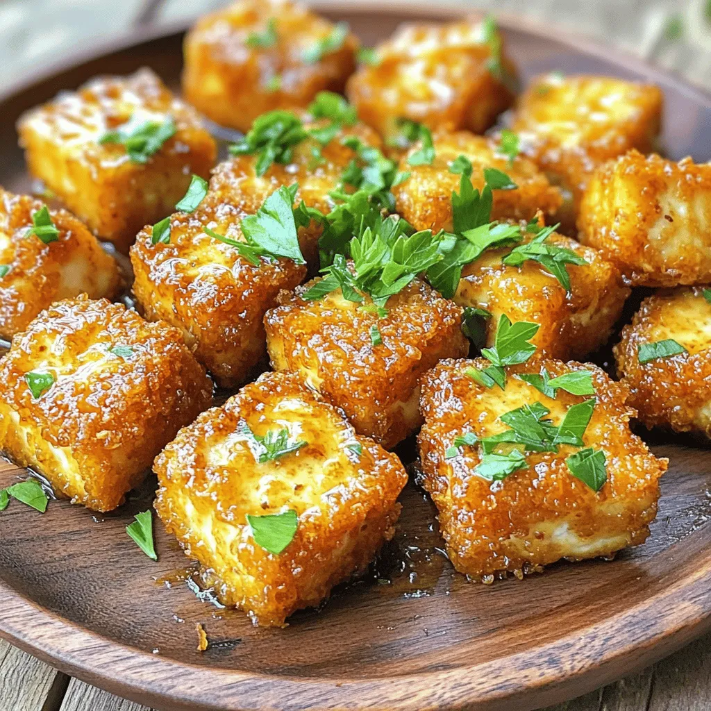 Die Wahl des richtigen Tofus ist wichtig. Ich empfehle, festen Tofu zu benutzen. Er hat die beste Textur. Drücke den Tofu für 15-20 Minuten, um das Wasser zu entfernen. Dies hilft, die Nuggets knusprig zu machen. Schneide den Tofu dann in gleichmäßige Würfel. So garen sie gleichmäßig und gut. Für die Panade brauchst du einige einfache Zutaten. Mische Allzweckmehl und Speisestärke in einer Schüssel. Füge dann Knoblauchpulver, Zwiebelpulver und geräuchertes Paprikapulver hinzu. Diese Gewürze bringen tollen Geschmack. Vergiss nicht, Salz und schwarzen Pfeffer nach Geschmack hinzuzufügen. Diese Mischung macht die Tofu-Nuggets knusprig und würzig. Die Knoblauchbutter ist das Herzstück dieses Rezepts. Du brauchst ungesalzene Butter und frischen Knoblauch. Schmelze die Butter in einem kleinen Topf. Achte darauf, den Knoblauch nicht zu verbrennen. Das Aroma wird deine Küche füllen. Zum Garnieren verwende frische Petersilie. Sie bringt Farbe und zusätzlichen Geschmack. Zuerst bereiten Sie den Tofu vor. Nehmen Sie einen Block festen Tofu. Drücken Sie ihn für 15 bis 20 Minuten. So entfernen Sie die überschüssige Feuchtigkeit. Dies macht den Tofu fester und knuspriger. Schneiden Sie den Tofu in mundgerechte Würfel. Halten Sie die Stücke gleichmäßig, um die Garzeit zu vereinheitlichen. Jetzt kommen wir zur Panade. Nehmen Sie eine Rührschüssel. Fügen Sie 120 ml Allzweckmehl und 120 ml Speisestärke hinzu. Geben Sie 1 Teelöffel Knoblauchpulver, 1 Teelöffel Zwiebelpulver und 1/2 Teelöffel geräuchertes Paprikapulver dazu. Würzen Sie die Mischung mit Salz und schwarzem Pfeffer. Mischen Sie alles gut. Wenden Sie die Tofu-Würfel in der Mischung, bis sie gleichmäßig bedeckt sind. Stellen Sie die Nuggets zur Seite. Erhitzen Sie eine große Pfanne mit Pflanzenöl. Das Öl sollte den Boden der Pfanne bedecken. Warten Sie, bis das Öl heiß ist. Legen Sie die panierten Tofu-Nuggets in einer einzigen Schicht in die Pfanne. Braten Sie sie etwa 3 bis 4 Minuten auf jeder Seite. Sie sollten goldbraun und knusprig sein. Nehmen Sie die Nuggets aus der Pfanne und lassen Sie sie auf einem Küchentuch abtropfen. Nun bereiten Sie die Knoblauchbutter vor. Schmelzen Sie 60 g Butter in einem kleinen Topf. Fügen Sie 4 gehackte Knoblauchzehen hinzu. Braten Sie den Knoblauch für etwa 1 Minute. Achten Sie darauf, dass er nicht verbrennt. Gießen Sie die Knoblauchbutter über die Tofu-Nuggets. Wenden Sie die Nuggets sanft, um sie gleichmäßig zu bedecken. Garnieren Sie die Nuggets mit frischer Petersilie. Servieren Sie sie heiß und genießen Sie den köstlichen Geschmack! Um die Tofu-Nuggets knusprig zu machen, ist die richtige Panade wichtig. Mixe das Mehl und die Speisestärke gut. Diese Mischung hilft, die Tofu-Stücke gleichmäßig zu bedecken. Drücke die Panade gut an. So bleibt sie beim Braten haften. Brate die Nuggets in heißem Öl. So werden sie goldbraun und knusprig. Ein weiterer Tipp ist, die Nuggets nicht zu überfüllen. Brate sie in kleinen Gruppen. So haben sie genug Platz, um knusprig zu werden. Das richtige Öl macht einen großen Unterschied. Pflanzenöl wie Sonnenblumen- oder Erdnussöl eignet sich gut. Diese Öle haben einen hohen Rauchpunkt. Das bedeutet, sie brennen nicht schnell an. Du kannst auch Rapsöl verwenden. Es hat einen neutralen Geschmack und lässt die Aromen des Knoblauchs durch. Vermeide Öle mit starkem Geschmack, wie Olivenöl. Diese können den zarten Geschmack der Nuggets überdecken. Ein häufiger Fehler ist, den Tofu nicht genug zu pressen. Wenn der Tofu zu viel Wasser hat, wird er nicht knusprig. Achte darauf, alle Flüssigkeit zu entfernen. Ein weiterer Fehler ist, die Nuggets zu früh aus der Pfanne zu nehmen. Lass sie goldbraun braten, um die beste Textur zu erreichen. Auch das Wenden der Nuggets vor dem richtigen Zeitpunkt kann sie zerbrechen. Lass sie in Ruhe, bis sie bereit sind, gewendet zu werden. {{image_4}} Ich liebe es, die Knoblauchbutter vegan zu machen. Verwenden Sie einfach vegane Butter. Diese Option ist leicht und macht die Nuggets für alle zugänglich. Ein weiterer Tipp ist, Kokosöl zu verwenden. Es gibt einen tollen Geschmack, der gut passt. Die Gewürze machen einen großen Unterschied. Probieren Sie verschiedene Kombinationen aus! Fügen Sie etwas Chili-Pulver für Schärfe hinzu. Oder nutzen Sie italienische Kräuter wie Oregano und Basilikum. Das bringt eine frische Note. Die Nuggets sind vielseitig. Servieren Sie sie mit süß-saurer Sauce oder Sojasauce. Beide passen perfekt! Für Beilagen sind Gemüse-Sticks oder Salat ideal. Sie machen das Gericht noch gesünder. Probieren Sie auch Reis oder Quinoa als Beilage. Sie sind nahrhaft und lecker. Um die Knusprigkeit der Nuggets zu bewahren, lege sie in einen luftdichten Behälter. Platziere ein Papiertuch am Boden des Behälters. Das hilft, Feuchtigkeit aufzusaugen. Lagere die Nuggets im Kühlschrank. Sie bleiben so bis zu drei Tage frisch. Um die Nuggets wieder knusprig zu machen, benutze eine Pfanne. Erhitze etwas Pflanzenöl bei mittlerer Hitze. Lege die Nuggets in die Pfanne und brate sie für etwa 2-3 Minuten auf jeder Seite. So bleiben sie draußen knusprig, innen weich. Du kannst auch einen Toaster oder einen Ofen nutzen. Stelle den Ofen auf 180 Grad Celsius und backe die Nuggets für 10-15 Minuten. Wenn du viele Nuggets hast, friere sie ein. Lege die kalten Nuggets in einen Gefrierbeutel. Drücke die Luft heraus und verschließe den Beutel gut. So bleiben sie bis zu drei Monate haltbar. Wenn du sie essen möchtest, tau sie im Kühlschrank auf. Danach erwärmst du sie wie oben beschrieben. So genießt du deine Nuggets jederzeit! Die Zubereitung der Crispy Garlic Butter Tofu Nuggets dauert insgesamt etwa 40 Minuten. - Vorbereitungszeit: 20 Minuten. - Kochzeit: 20 Minuten. In dieser Zeit presse ich den Tofu, bereite die Panade vor und brate die Nuggets knusprig. Es ist einfach und schnell. Ja, du kannst die Nuggets im Air Fryer zubereiten! - Temperatur: Stelle den Air Fryer auf 200 °C ein. - Kochzeit: Brate die Nuggets für 10-12 Minuten. Das macht sie besonders knusprig und reduziert das Öl. Achte darauf, sie in einer Schicht zu legen, damit sie gleichmäßig garen. Es gibt viele leckere Dip-Saucen, die gut zu den Nuggets passen. - Süß-saure Sauce: Für etwas Süße und Säure. - Sojasauce: Für einen salzigen, umami Geschmack. - Sriracha: Wenn du es scharf magst. Probiere verschiedene Saucen aus, um deinen Favoriten zu finden! In diesem Artikel haben wir alles über die Zubereitung von knusprigen Knoblauch-Butter-Tofu-Nuggets besprochen. Wir haben die Auswahl der Zutaten, die Zubereitungsschritte und verschiedene Tipps behandelt. Auch verschiedene Variationen und Aufbewahrungshinweise wurden gegeben. Tofu kann lecker und knusprig sein, wenn du die richtigen Schritte befolgst. Jetzt liegt es an dir, deine eigene Version auszuprobieren. Lass es dir schmecken und teile die Nuggets mit Freunden!