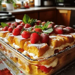 Für diesen leckeren Erdbeer-Cheesecake French Toast Auflauf benötigst du folgende Hauptzutaten: - 1 Laib Briochebrot, in 2,5 cm große Würfel geschnitten - 225 g Frischkäse, weich gemacht - 250 g Erdbeeren, geputzt und in Scheiben geschnitten - 4 große Eier - 240 ml Milch - 100 g Zucker - 1 Teelöffel Vanilleextrakt - 1 Teelöffel Zimt - 30 g Puderzucker (zum Bestäuben) - Frische Minzblätter (zur Garnitur, optional) Diese Zutaten schaffen die perfekte Basis für deinen Auflauf. Die Kombination aus Briochebrot und Frischkäse sorgt für eine weiche und cremige Textur. Frische Erdbeeren fügen eine fruchtige Note hinzu, die wir alle lieben. Um den Auflauf richtig zuzubereiten, brauchst du einige Küchenutensilien: - Eine große Rührschüssel - Eine zweite Schüssel für die Eiermischung - Eine 23x33 cm große Auflaufform - Ein Schneebesen oder eine Gabel - Ein Messer zum Schneiden der Erdbeeren - Ein Löffel zum Schichten der Zutaten Diese Utensilien helfen dir, den Prozess einfach und schnell zu gestalten. Achte darauf, alles bereit zu haben, bevor du anfängst. Frische Erdbeeren sind der Schlüssel zu diesem Rezept. Hier sind einige Tipps, um die besten Erdbeeren auszuwählen: - Suche nach festen, leuchtend roten Erdbeeren ohne dunkle Stellen. - Achte darauf, dass die Blätter grün und frisch aussehen. - Kaufe Erdbeeren, die in einem gut belüfteten Behälter sind, um Druckstellen zu vermeiden. Mit frischen Erdbeeren wird dein Auflauf nicht nur besser schmecken, sondern auch schöner aussehen. Sie bringen Farbe und Süße in dein Gericht. Heizen Sie Ihren Ofen auf 175 °C vor. Fetten Sie eine 23x33 cm große Auflaufform leicht ein. So bleibt der Auflauf beim Backen nicht kleben. Schneiden Sie das Briochebrot in 2,5 cm große Würfel. Legen Sie die Brotwürfel in eine große Rührschüssel. In einer anderen Schüssel vermengen Sie den weichen Frischkäse mit der Hälfte der Erdbeeren. Rühren Sie, bis die Mischung glatt ist. Löffeln Sie diese Mischung über die ersten Brotwürfel. Legen Sie die restlichen Brotwürfel obenauf. In einer separaten Schüssel verquirlen Sie die Eier, Milch, Zucker, Vanilleextrakt und Zimt. Rühren Sie, bis die Mischung gleichmäßig ist. Gießen Sie diese Mischung über die Brotschichten. Achten Sie darauf, dass jedes Stück gut durchtränkt ist. Verteilen Sie die restlichen Erdbeeren gleichmäßig auf der Oberseite. Drücken Sie sie sanft in die Brotmischung. So geben Sie dem Auflauf mehr Geschmack und Frische. Decken Sie die Auflaufform mit Aluminiumfolie ab. Backen Sie den Auflauf 25 Minuten lang. Entfernen Sie dann die Folie und backen Sie weitere 15-20 Minuten. Achten Sie darauf, dass die Oberseite goldbraun wird und der Custard fest ist. Nehmen Sie den Auflauf aus dem Ofen. Lassen Sie ihn 5-10 Minuten abkühlen. Bestäuben Sie ihn leicht mit Puderzucker. Garnieren Sie nach Belieben mit frischen Minzblättern, bevor Sie ihn servieren. Um die beste Textur für deinen Erdbeer-Cheesecake French Toast Bake zu erzielen, achte darauf, dass das Briochebrot frisch ist. Altes Brot kann zu trocken werden. Schneide das Brot in gleichmäßige Würfel von etwa 2,5 cm. Dadurch saugt es die Eiermischung gut auf. Lass den Auflauf nach dem Backen für 5-10 Minuten ruhen. So kann sich die Textur setzen und alles wird schön saftig. Die Süße ist wichtig. Du kannst den Zucker anpassen, je nach deinem Geschmack. Wenn du es weniger süß magst, verwende 75 g Zucker statt 100 g. Du kannst auch Honig oder Ahornsirup verwenden. Diese Alternativen bringen einen anderen Geschmack. Probiere es aus und finde deine perfekte Süße. Wenn du kein Briochebrot hast, ist das in Ordnung. Du kannst auch andere Brotsorten verwenden. Weißbrot oder Vollkornbrot funktionieren gut. Auch Bagels können eine interessante Textur bringen. Achte darauf, dass das Brot weich genug ist, um die Eiermischung gut aufzunehmen. {{image_4}} Für eine vegetarische Version können Sie das Briochebrot durch ein anderes Brot ersetzen. Ein einfaches Weißbrot oder ein Vollkornbrot funktioniert gut. Achten Sie darauf, dass das Brot frisch ist. So bleibt der Auflauf saftig und lecker. Auch der Frischkäse kann durch pflanzliche Alternativen ersetzt werden. Produkte aus Cashew oder Soja bieten einen tollen Geschmack. Erdbeeren sind großartig, aber andere Beeren können ebenfalls verwendet werden. Himbeeren, Blaubeeren oder Brombeeren sind tolle Optionen. Sie geben dem Auflauf eine andere Note. Mischen Sie die Beeren für einen bunten Effekt. Denken Sie daran, die Menge der Früchte anzupassen. So bleibt der Auflauf schön ausgewogen. Wenn Sie Schokolade lieben, fügen Sie Schokoladenstückchen hinzu. Diese können über die Brotschichten gestreut werden. Sie schmelzen beim Backen und geben einen reichen Geschmack. Nüsse sind eine weitere großartige Ergänzung. Walnüsse oder Mandeln bringen Crunch und Nährstoffe. Mischen Sie die Nüsse mit den Beeren oder streuen Sie sie oben auf. Nach dem Backen lasse ich den Auflauf zuerst abkühlen. Danach decke ich die Form mit Frischhaltefolie ab. So bleibt der Erdbeer-Cheesecake French Toast Auflauf frisch. Im Kühlschrank hält er sich bis zu drei Tage. Wenn du den Auflauf länger aufbewahren möchtest, friere ihn ein. Ich schneide ihn in Portionen und packe diese in luftdichte Behälter. So bleibt die Frische erhalten. Du kannst die Portionen bis zu drei Monate im Gefrierfach lagern. Um den Auflauf aufzuwärmen, heize den Ofen auf 175 °C vor. Lege die Portionen in eine Auflaufform und decke sie mit Aluminiumfolie ab. So wird der Auflauf gleichmäßig warm. Backe ihn für etwa 15 bis 20 Minuten. Überprüfe die Temperatur, bevor du ihn servierst. Ja, du kannst den Auflauf am Vortag zubereiten. Schichte das Brot und die Füllung wie beschrieben. Decke die Form ab und stelle sie in den Kühlschrank. Am nächsten Tag musst du nur noch den Auflauf backen. Dies spart Zeit und macht das Frühstück noch einfacher. Ja, du kannst andere Käsesorten verwenden. Ricotta oder Mascarpone sind tolle Alternativen. Diese Käsesorten sorgen für einen ähnlichen Geschmack und eine cremige Textur. Experimentiere mit verschiedenen Käsesorten, um deinen perfekten Auflauf zu finden. Wenn du kein Briochebrot hast, nutze einfach ein anderes weiches Brot. Weißbrot oder Challah sind ebenfalls gute Optionen. Diese Brote nehmen die Eimischung gut auf und sorgen für einen leckeren Auflauf. Achte darauf, dass das Brot frisch ist. Der Auflauf bleibt im Kühlschrank etwa drei Tage frisch. Stelle sicher, dass er gut abgedeckt ist. Wenn du ihn länger aufbewahren willst, friere ihn ein. So bleibt er bis zu drei Monate haltbar. Der Erdbeer-Cheesecake French Toast Auflauf ist einfach zuzubereiten. Wir haben die Hauptzutaten, Küchenutensilien und Tipps für frische Erdbeeren besprochen. Auch die Schritt-für-Schritt-Anleitung zeigt, wie man diesen leckeren Auflauf backt. Es gab wertvolle Tipps zur richtigen Textur und Möglichkeiten zur Variation. Zum Schluss klärten wir Lagerungshinweise und gaben Antworten auf häufige Fragen. Versuche, deinen persönlichen Twist hinzuzufügen und genieße jede Biss.