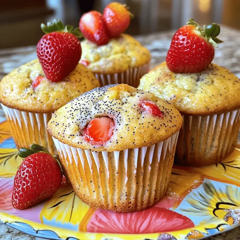 Die Hauptzutaten sind wichtig für den Geschmack und die Textur dieser Muffins. Hier sind die Zutaten, die du brauchst: - 1 Tasse frische Erdbeeren, klein gewürfelt - 2 Esslöffel Zitronenschale (von etwa 1 Zitrone) - 1/4 Tasse Mohnsamen - 1 1/2 Tassen Weizenmehl - 1/2 Tasse Zucker - 2 Teelöffel Backpulver - 1/2 Teelöffel Natron - 1/4 Teelöffel Salz - 1/2 Tasse ungesalzene Butter, geschmolzen - 1 großes Ei - 1/2 Tasse Milch (dairy oder pflanzlich) - 1 Teelöffel Vanilleextrakt - 2 Esslöffel frischer Zitronensaft Diese Zutaten sorgen für einen leckeren Geschmack und eine schöne Textur. Frische Zutaten bringen Geschmack und Aroma. Zum Beispiel machen frische Erdbeeren die Muffins saftig und süß. Zitronenschale und Zitronensaft geben einen frischen, spritzigen Geschmack. Mohnsamen fügen eine nussige Note hinzu. Die Kombination dieser frischen Zutaten macht deine Muffins besonders. Es gibt Alternativen, die du verwenden kannst. Wenn du keine Erdbeeren hast, probiere Blaubeeren oder Himbeeren. Du kannst auch die Milch durch pflanzliche Milch ersetzen, wie Mandeln oder Hafer. Wenn du keinen Mohn magst, lasse ihn einfach weg oder ersetze ihn durch gehackte Nüsse. Diese Optionen helfen, das Rezept deinen Vorlieben anzupassen. Heize den Ofen auf 190°C vor. Das ist wichtig, damit die Muffins gleichmäßig backen. Nimm ein Muffinblech und lege es mit Papierförmchen aus oder fette es gut ein. So bleiben die Muffins nicht kleben. In einer mittelgroßen Schüssel mische die trockenen Zutaten. Nimm 1 1/2 Tassen Weizenmehl, 1/2 Tasse Zucker, 2 Teelöffel Backpulver, 1/2 Teelöffel Natron, 1/4 Teelöffel Salz und 1/4 Tasse Mohnsamen. Rühre alles gut um. Dies sorgt für einen gleichmäßigen Geschmack. In einer anderen Schüssel vermenge die feuchten Zutaten. Nimm 1/2 Tasse geschmolzene Butter, 1 großes Ei, 1/2 Tasse Milch, 1 Teelöffel Vanilleextrakt, 2 Esslöffel frischen Zitronensaft und 2 Esslöffel Zitronenschale. Rühre alles gut mit einem Schneebesen. Dann falte die feuchten Zutaten vorsichtig in die trockenen Zutaten. Mische nur so lange, bis alles gerade vermischt ist. Übermixen könnte die Muffins hart machen. Füge zuletzt die klein gewürfelten Erdbeeren hinzu und falte sie vorsichtig in den Teig. Um die besten Erdbeer-Zitronen-Mohn-Muffins zu backen, achte auf diese Tipps: - Zutaten Zimmertemperatur: Lass Ei, Milch und Butter vorher etwas wärmer werden. - Mischen: Rühre die trockenen Zutaten gut, aber mische die feuchten Zutaten nur kurz. So bleiben die Muffins fluffig. - Erdbeeren falten: Falte die Erdbeeren sanft unter den Teig. So zerkleinerst du sie nicht. Viele Fehler können den Muffins schaden. Hier sind die häufigsten: - Übermixen: Zu viel Rühren macht die Muffins hart. Rühre nur bis alles vermischt ist. - Falsche Backzeit: Überprüfe die Muffins nach 18 Minuten mit einem Zahnstocher. Sie sind fertig, wenn der Zahnstocher sauber herauskommt. - Verwendung kalter Zutaten: Kalte Zutaten können das Aufgehen der Muffins verhindern. So bleiben deine Muffins frisch und lecker: - Kühler Ort: Lagere die Muffins in einem luftdichten Behälter bei Zimmertemperatur. - Einfrieren: Du kannst sie auch einfrieren. Wickel sie in Frischhaltefolie und lege sie in einen Gefrierbeutel. - Aufwärmen: Zum Aufwärmen einfach kurz in die Mikrowelle legen oder im Ofen bei 150°C für ein paar Minuten backen. Mit diesen Tipps wirst du die besten Erdbeer-Zitronen-Mohn-Muffins zaubern! {{image_4}} Wenn Sie glutenfrei backen möchten, ist das einfach. Verwenden Sie glutenfreies Mehl, das 1:1 einfach austauschbar ist. Dieses Mehl sorgt für eine ähnliche Textur. Achten Sie darauf, dass es auch Mohnsamen gibt, die glutenfrei sind. Setzen Sie die anderen Zutaten wie gewohnt ein, und Sie haben köstliche Muffins. Erdbeeren sind großartig, aber andere Früchte passen auch gut dazu. Probieren Sie Himbeeren oder Blaubeeren. Diese Früchte bringen eine neue Note in Ihren Muffin. Wenn Sie saisonale Früchte verwenden, bleibt Ihr Rezept frisch und spannend. Mischen Sie die Früchte vorsichtig unter den Teig, um ein gleichmäßiges Ergebnis zu erzielen. Um diese Muffins vegan zu machen, tauschen Sie das Ei gegen ein Apfelmus oder ein Leinsamen-Ei aus. Verwenden Sie pflanzliche Butter und pflanzliche Milch. Diese Zutaten geben den Muffins einen tollen Geschmack. Es ist wichtig, die Textur im Auge zu behalten, also testen Sie den Teig. So können Sie sicherstellen, dass alles gut gelingt. Um Ihre Erdbeer-Zitronen-Mohn-Muffins frisch zu halten, lagern Sie sie an einem kühlen, trockenen Ort. Eine luftdichte Box ist ideal. So bleibt die Feuchtigkeit im Muffin. Vermeiden Sie den Kühlschrank, da er die Muffins trocken macht. Eine spezielle Muffinbox oder ein einfacher Behälter sind perfekt. Wenn Sie Muffins aufbewahren möchten, können Sie sie leicht einfrieren. Lassen Sie die Muffins zuerst vollständig abkühlen. Wickeln Sie sie dann einzeln in Frischhaltefolie ein. Legen Sie sie in einen Gefrierbeutel. So bleiben sie bis zu drei Monate frisch. Zum Auftauen legen Sie die Muffins einfach bei Raumtemperatur für ein paar Stunden auf den Tisch. Sie können sie auch kurz in die Mikrowelle legen, um sie warm zu genießen. Erdbeer-Zitronen-Mohn-Muffins halten sich bei Raumtemperatur etwa drei Tage. In einer luftdichten Box bleiben sie frisch. Wenn Sie sie im Kühlschrank aufbewahren, sind sie bis zu einer Woche haltbar. Achten Sie darauf, Muffins mit Schimmel oder unangenehmen Gerüchen zu entsorgen. Die Muffins sollten 18 bis 22 Minuten gebacken werden. Sie sind fertig, wenn ein Zahnstocher sauber herauskommt. Achten Sie darauf, die Muffins nicht zu lange zu backen, um Trockenheit zu vermeiden. Ja, Sie können gefrorene Erdbeeren verwenden. Lassen Sie sie vorher auftauen und gut abtropfen. So bleibt der Teig nicht zu feucht. Frische Erdbeeren sind jedoch besser für den Geschmack. Wenn der Teig zu trocken ist, fügen Sie einen Esslöffel Milch hinzu. Mischen Sie vorsichtig, bis der Teig die richtige Konsistenz hat. Achten Sie darauf, nicht zu viel zu mischen, um die Muffins fluffig zu halten. Erdbeer-Zitronen-Mohn-Muffins sind einfach und lecker. Wir haben die Hauptzutaten besprochen und die Wichtigkeit frischer Zutaten betont. Ich teile Tipps, um die besten Muffins zu backen und häufige Fehler zu vermeiden. Variationen wie glutenfreie oder vegane Optionen machen das Rezept vielseitig. Lagertipps halten die Muffins frisch, und die FAQs bieten schnelle Hilfe. Nutze diese Tipps, um deine Muffins perfekt zu machen. Auf geht's, backe und genieße!