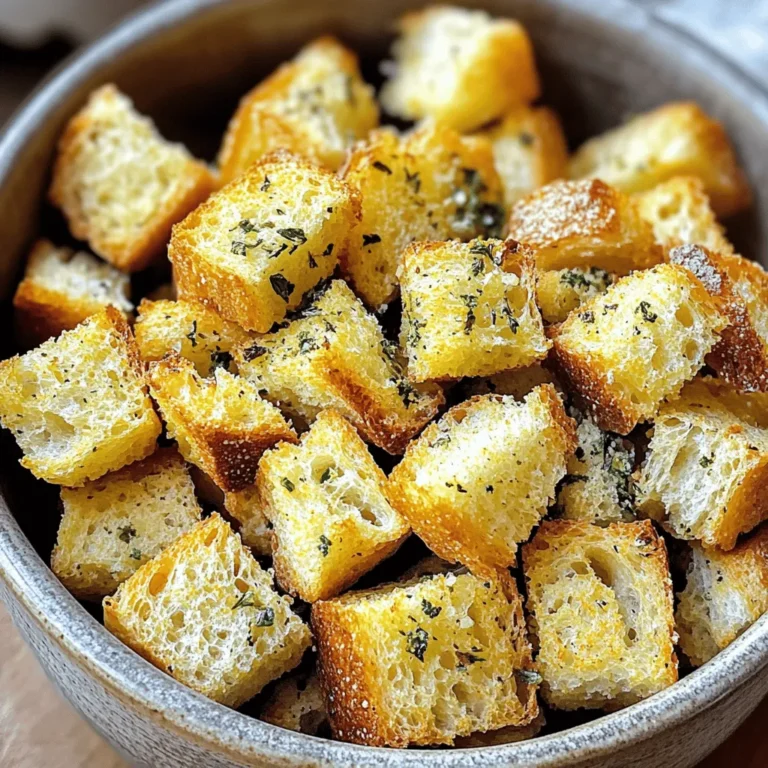 - 4 Tassen altbackenes Brot, gewürfelt - 1/4 Tasse Olivenöl - 4 Knoblauchzehen, fein gehackt - 1 Esslöffel getrocknete italienische Kräuter Die Hauptzutaten sind einfach und leicht zu finden. Altbackenes Brot gibt den besten Geschmack. Französisches oder italienisches Brot eignet sich am besten. Olivenöl sorgt für die nötige Knusprigkeit. Der Knoblauch bringt einen starken, würzigen Geschmack. Die italienischen Kräuter fügen frische Aromen hinzu. - Salz und schwarzer Pfeffer nach Geschmack - 1 Esslöffel frisch geriebener Parmesan (optional) Die Gewürze sind wichtig für den perfekten Geschmack. Salz und Pfeffer bringen die Aromen zusammen. Parmesan gibt den Croutons einen extra Kick, ist aber optional. Du kannst die Kruste nach deinem Geschmack anpassen. Mit diesen Zutaten bist du bereit, köstliche Croutons zu machen. Sie sind perfekt für Salate oder Suppe. Heizen Sie Ihre Heißluftfritteuse auf 175°C (350°F) vor. Dies ist wichtig, um die Croutons gleichmäßig knusprig zu machen. Die richtige Temperatur sorgt für die perfekte Bräunung. Nehmen Sie 4 Tassen altbackenes Brot und würfeln Sie es in kleine Stücke. Geben Sie die gewürfelten Brote in eine große Schüssel. Träufeln Sie 1/4 Tasse Olivenöl darüber. Mischen Sie alles gut, sodass jeder Würfel mit Öl bedeckt ist. Dies hilft, die Aromen gut einzuschließen. Fügen Sie 4 fein gehackte Knoblauchzehen und 1 Esslöffel getrocknete italienische Kräuter hinzu. Streuen Sie auch Salz und schwarzen Pfeffer nach Geschmack hinein. Mischen Sie alles erneut, bis die Gewürze gut verteilt sind. Wenn Sie möchten, fügen Sie 1 Esslöffel frisch geriebenen Parmesan hinzu. Platzieren Sie die Brotwürfel in der Heißluftfritteuse. Achten Sie darauf, dass sie in einer einzigen Schicht liegen. Überfüllen Sie den Korb nicht, damit die Croutons gleichmäßig garen. Frittieren Sie die Croutons für 5-7 Minuten. Schütteln Sie den Korb zur Hälfte der Zeit, damit sie gleichmäßig bräunen. Behalten Sie die Croutons im Auge, um ein Verbrennen zu vermeiden. Sie sollten goldbraun und knusprig sein. Nehmen Sie die Croutons aus der Heißluftfritteuse und lassen Sie sie abkühlen. Sie können sie in einem luftdichten Behälter bis zu einer Woche aufbewahren. Um perfekte Croutons zu machen, achte auf die gleichmäßige Garung. Die Brotwürfel sollten nicht übereinander liegen. So wird jede Seite knusprig. Verschiedene Brotsorten bringen unterschiedliche Geschmäcker. Baguette oder Ciabatta sind ideal. Diese Brote halten die Würze gut und geben einen tollen Biss. Ein häufiger Fehler ist, zu viele Brotwürfel gleichzeitig zu frittieren. Das führt dazu, dass sie nicht gleichmäßig garen. Es ist besser, in kleinen Mengen zu arbeiten. Achte darauf, die Kochzeit zu überwachen. Schüttle den Korb zur Hälfte der Zeit. So bräunen die Croutons gleichmäßig und werden perfekt knusprig. {{image_4}} Um deine Croutons aufzupeppen, probiere verschiedene Geschmäcker aus. - Würzige Croutons mit Chili: Füge einen Teelöffel rote Chiliflocken zu deinem Öl hinzu. Das gibt den Croutons einen tollen Kick. - Kräuter-Croutons mit frischen Kräutern: Nutze frische Kräuter wie Rosmarin oder Thymian. Hacke sie fein und mische sie unter die Brotwürfel. Dies bringt einen frischen Geschmack. Es gibt viele tolle Alternativen, wenn du spezielle Diäten beachtest. - Alternativen für glutenfreies Brot: Verwende glutenfreies Brot wie Reis- oder Maisbrot. Achte darauf, das Brot gut zu würfeln, damit die Croutons knusprig werden. - Vegane Optionen ohne Parmesan: Lass den Parmesan einfach weg oder nutze Hefeflocken. Diese geben einen käsigen Geschmack, ohne tierische Produkte zu verwenden. Experimentiere mit diesen Variationen, um deine perfekten knusprigen Croutons zu finden! Um die Croutons frisch und knusprig zu halten, benutze einen luftdichten Behälter. Ein Glas oder eine Plastikbox funktioniert gut. Stelle sicher, dass die Croutons vollständig abgekühlt sind, bevor du sie verstaut. So vermeidest du Feuchtigkeit, die die Croutons weich machen kann. Du kannst die Croutons bis zu einer Woche aufbewahren. Lagere sie an einem kühlen, trockenen Ort. Vermeide die Nähe von Wärmequellen. So bleiben sie länger frisch und lecker. Croutons sind sehr vielseitig. Du kannst sie in Salaten verwenden, um einen schönen Crunch hinzuzufügen. Sie sind perfekt in einer Caesar-Salat oder einem einfachen grünen Salat. In Suppen bringen sie zusätzlichen Geschmack und Textur. Streue sie über deine Lieblingssuppe, um die Mahlzeit aufzuwerten. Du kannst sie auch als Snack genießen. Einfach so essen oder mit Dips kombinieren. Es gibt viele Möglichkeiten, diese köstlichen Croutons zu verwenden! Krosse Croutons halten sich bis zu einer Woche. Lagern Sie sie in einem luftdichten Behälter. Die Croutons bleiben knusprig, wenn Sie die Luft gut abschließen. Stellen Sie den Behälter an einen kühlen, trockenen Ort. Vermeiden Sie Feuchtigkeit, da dies die Croutons weich macht. Ja, Sie können frisches Brot verwenden. Schneiden Sie das Brot in kleine Würfel. Lassen Sie die Würfel für ein paar Stunden trocknen. Dies hilft, die Croutons knusprig zu machen. Alternativ können Sie das frische Brot leicht toasten, bevor Sie es würfeln. So kommt der Geschmack von Knoblauch und Kräutern besser zur Geltung. Um weiche Croutons wieder knusprig zu machen, heizen Sie Ihre Heißluftfritteuse auf 160°C (320°F) vor. Legen Sie die Croutons in den Korb. Frittieren Sie sie für 2-3 Minuten. Überprüfen Sie regelmäßig, damit sie nicht verbrennen. Diese Methode bringt die Croutons zurück zu ihrer perfekten Knusprigkeit. Die Zubereitung von Croutons ist einfach und macht Spaß. Du hast gelernt, welche Zutaten du brauchst, und wie man sie in der Heißluftfritteuse perfekt zubereitet. Wir haben wichtige Tipps behandelt, um gleichmäßige Garung zu sichern und häufige Fehler zu vermeiden. Variationen und Lagerungshinweise zeigen dir, wie vielseitig Croutons sein können. Experimentiere gerne mit Geschmacksrichtungen und genieße deine selbstgemachten Croutons zu Salaten oder Suppen. Mit diesen Einblicken bist du gut gerüstet, um köstliche Croutons zu kreieren.