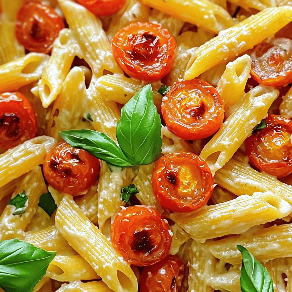 Für die cremige Rösttomaten-Pasta benötigst du einige frische Zutaten. Hier sind die Hauptzutaten: - 2 Tassen Kirschtomaten, halbiert - 3 Zehen Knoblauch, fein gehackt - 3 Esslöffel Olivenöl - 1 Tasse Schlagsahne - 1 Tasse geriebener Parmesan - 340 g Pasta nach Wahl (Penne oder Fettuccine empfohlen) Diese Zutaten bilden die Basis für dein leckeres Gericht. Die Kirschtomaten bringen Süße und Frische, während der Parmesan für Cremigkeit sorgt. Die Gewürze und Öle sind wichtig für den Geschmack. Sie verleihen der Pasta das besondere Etwas. Du brauchst: - Salz und Pfeffer nach Geschmack - 1 Teelöffel getrockneter Oregano - 1/4 Teelöffel rote Pfefferflocken (optional) Das Olivenöl hilft, die Aromen zu verbinden und die Tomaten beim Rösten zu karamellisieren. Oregano bringt einen tollen Kräutergeschmack. Um deine Pasta noch schöner zu machen, kannst du frische Basilikumblätter verwenden. Sie bringen Farbe und einen frischen Geschmack. Wenn du magst, kannst du auch etwas mehr Parmesan darüber streuen. Das verleiht der Pasta eine schöne, cremige Note. Zuerst heize den Ofen auf 200°C vor. Halbiere die Kirschtomaten. Hacke den Knoblauch fein. Nimm ein Backblech und verteile die Tomaten und den Knoblauch gleichmäßig darauf. Füge 2 Esslöffel Olivenöl hinzu. Würze mit Salz, Pfeffer und Oregano. Wenn du es scharf magst, füge auch rote Pfefferflocken hinzu. Mische alles gut. Jetzt kommen die Tomaten in den Ofen. Röste sie für etwa 25 bis 30 Minuten. Sie sollen weich und leicht karamellisiert sein. Der Geruch wird herrlich sein! Die Röstaromen geben der Pasta einen tollen Geschmack. In der Zwischenzeit bringe einen großen Topf mit Salzwasser zum Kochen. Füge die Pasta hinzu und koche sie nach Packungsanweisung al dente. Wenn die Pasta fertig ist, gieße sie ab. Bewahre dabei 1 Tasse Nudelwasser auf. Nimm eine große Pfanne und füge 1 Esslöffel Olivenöl hinzu. Gib die gerösteten Tomaten mit den Säfte aus dem Backblech dazu. Reduziere die Hitze und füge die Schlagsahne hinzu. Rühre gut um und lasse die Mischung einige Minuten köcheln. Jetzt ist es Zeit für den Parmesan. Füge nach und nach den Käse hinzu und rühre weiter. Wenn die Sauce zu dick ist, nutze das Nudelwasser, um die Konsistenz anzupassen. Schließlich gib die gekochte Pasta in die Sauce. Mische alles gut, damit die Pasta die Sauce aufnimmt. Lass es für 2 bis 3 Minuten kochen. Serviere die Pasta sofort und garniere sie mit frischen Basilikumblättern. Um die perfekte Konsistenz der Sauce zu erreichen, achten Sie auf die Menge der Schlagsahne. Beginnen Sie mit einer Tasse und rühren Sie gut um. Falls die Sauce zu dick wird, fügen Sie nach und nach etwas Nudelwasser hinzu. Dieses Wasser enthält Stärke, die hilft, die Sauce zu binden und sie cremiger zu machen. Achten Sie darauf, die Sauce bei niedriger Hitze köcheln zu lassen. So bleibt sie geschmeidig und wird nicht zu fest. Wenn Sie keinen Parmesan verwenden möchten, gibt es viele Alternativen. Für einen milderen Geschmack nutzen Sie Pecorino oder Grana Padano. Für eine vegane Option können Sie Hefeflocken verwenden. Diese geben umami und sind nussig im Geschmack. Cashewkäse ist auch eine tolle Wahl für Cremigkeit. Experimentieren Sie mit verschiedenen Käsesorten, um die für Sie beste Kombination zu finden. Um die Mengen für verschiedene Portionen anzupassen, können Sie leicht rechnen. Für zwei Portionen nutzen Sie einfach die Hälfte der Zutaten. Wenn Sie für mehr als vier Personen kochen, verdoppeln Sie die Zutaten. Achten Sie darauf, die Garzeiten entsprechend anzupassen. Die Pasta sollte immer al dente sein. So bleibt die Textur gut, egal wie viele Portionen Sie zubereiten. {{image_4}} Für eine vegane Version dieser cremigen Rösttomaten-Pasta, ersetzen Sie die Schlagsahne. Sie können Kokosmilch oder Cashewcreme nutzen. Beide Optionen geben dem Gericht eine tolle Cremigkeit. Verwenden Sie auch einen veganen Käse. So bleibt der Geschmack voll und reichhaltig. Sie können das Rezept mit mehr Gemüse anpassen. Zucchini, Spinat oder Paprika passen gut dazu. Einfach das Gemüse klein schneiden und während des Röstens zusammen mit den Tomaten in den Ofen geben. Das fügt Farbe und Nährstoffe hinzu. Sie werden den zusätzlichen Geschmack lieben! Experimentieren Sie mit verschiedenen Pasta-Sorten. Penne und Fettuccine sind großartig, aber auch Spaghetti oder Rigatoni funktionieren gut. Achten Sie darauf, die Kochzeit entsprechend anzupassen. So sorgt jede Pasta für ein anderes Mundgefühl. Probieren Sie aus, was Ihnen am besten gefällt! Wenn du Reste von der cremigen Rösttomaten-Pasta hast, kannst du sie einfach aufbewahren. Lass die Pasta zuerst abkühlen. Verwende dann einen luftdichten Behälter, um die Reste zu lagern. So bleiben sie frisch. Die Reste halten sich im Kühlschrank bis zu drei Tage. Achte darauf, die Reste nicht länger stehenzulassen, damit sie nicht verderben. Du kannst die Pasta auch einfrieren. Das ist eine tolle Option, wenn du mehr zubereitet hast. Lass die Pasta vollständig abkühlen, bevor du sie in einem gefrierfesten Behälter verpackst. Stelle sicher, dass du die Luft so gut wie möglich herausdrückst. So bleibt der Geschmack erhalten. Im Gefrierfach hält sie bis zu drei Monate. Um die Pasta wieder aufzuwärmen, gehe wie folgt vor. Nimm die gewünschte Menge aus dem Kühlschrank oder Gefrierfach. Wenn sie gefroren ist, lasse sie zuerst im Kühlschrank auftauen. Erhitze die Pasta dann in einer Pfanne bei mittlerer Hitze. Füge etwas Wasser oder Brühe hinzu, um die Sauce wieder cremig zu machen. Rühre gut um, bis sie warm ist. So schmeckt die Pasta fast wie frisch zubereitet! Du kannst die Reste der cremigen Rösttomaten-Pasta in einem luftdichten Behälter im Kühlschrank für bis zu drei Tage aufbewahren. Achte darauf, die Pasta gut abzukühlen, bevor du sie in den Kühlschrank stellst. So bleibt der Geschmack frisch und lecker. Wenn du die Reste länger aufbewahren möchtest, empfehle ich, sie einzufrieren. Ja, du kannst frische Tomaten verwenden, aber die Konsistenz ändert sich. Kirschtomaten sind süßer und rösten besser. Wenn du frische Tomaten nimmst, wähle reife Sorten wie Roma oder Fleischtomaten. Schneide sie in größere Stücke, damit sie beim Rösten nicht zerfallen. Um die Pasta schärfer zu machen, füge rote Pfefferflocken hinzu. Diese kommen in der Rezeptur als optionale Zutat vor. Du kannst auch frischen Chili oder scharfe Soßen verwenden. Fange mit einer kleinen Menge an und taste dich langsam vor. So kannst du die Schärfe perfekt an deinen Geschmack anpassen. Wir haben die wichtigsten Zutaten für leckere Pasta besprochen. Du hast gelernt, wie man die Sauce perfekt macht und welchen Mehrwert verschiedene Toppings bieten. Die Schritt-für-Schritt-Anleitung hilft dir, jedes Mal erfolgreich zu kochen. Nutze die Tipps, um die Konsistenz genau richtig hinzubekommen. Denke auch an Variationen für unterschiedliche Vorlieben. Vergiss nicht, Reste clever zu lagern. Koche einfach und habe Spaß dabei! Deine Pasta wird so immer ein Hit.