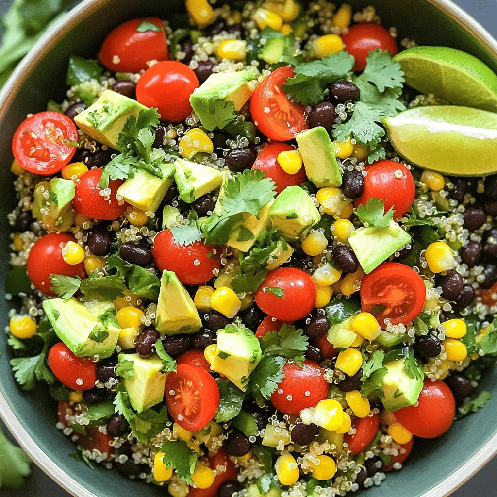 - 1 Tasse Quinoa, gründlich gewaschen - 2 Tassen Gemüsebrühe oder Wasser - 1 Tasse Kirschtomaten, halbiert - 1 Tasse schwarze Bohnen, abgetropft und gespült - 1/2 Tasse rote Paprika, gewürfelt - 1/2 Tasse Maiskörner (frisch, gefroren oder aus der Dose) - 1/4 Tasse rote Zwiebel, fein gehackt - 1/2 Tasse frischer Koriander, gehackt - Saft von 2 Limetten - 3 Esslöffel Olivenöl - 1 Teelöffel Kreuzkümmel - Salz und Pfeffer nach Geschmack Die Quinoa ist die Basis des Salats. Sie ist nahrhaft und gibt einen tollen Biss. Ich koche die Quinoa in Gemüsebrühe, um mehr Geschmack zu bekommen. Das Gemüse, wie Kirschtomaten und Paprika, bringt Frische und Farbe. Schwarze Bohnen fügen Proteine hinzu. - 1 Avocado, gewürfelt - Weitere frische Kräuter wie Petersilie oder Dill - Alternative Dressing-Optionen, wie Joghurt oder Tahini - Zusätzliche Toppings, wie geröstete Nüsse oder Samen Die Avocado bringt Cremigkeit in den Salat. Ich füge sie kurz vor dem Servieren hinzu. Frische Kräuter können den Geschmack verstärken. Alternative Dressings bieten neue Geschmackserlebnisse. Toppings wie Nüsse oder Samen geben Crunch und Nährstoffe. Dieser Salat ist nicht nur lecker, sondern auch sehr gesund. Er ist perfekt für ein leichtes Mittagessen oder als Beilage. Zuerst waschen Sie die Quinoa. Spülen Sie sie in einem feinen Sieb ab. Dies entfernt Bitterstoffe. Danach geben Sie die gewaschene Quinoa in einen Topf. Fügen Sie zwei Tassen Gemüsebrühe oder Wasser hinzu. Bringen Sie die Mischung bei mittlerer Hitze zum Kochen. Reduzieren Sie dann die Hitze und decken Sie den Topf ab. Lassen Sie die Quinoa etwa 15 Minuten kochen. Sie sollte fluffig sein und die Flüssigkeit ganz aufnehmen. Nach dem Kochen nehmen Sie den Topf vom Herd und lassen die Quinoa abkühlen. Jetzt bereiten Sie die Gemüsemischung vor. Nehmen Sie eine große Schüssel. Geben Sie die halbierten Kirschtomaten, die abgetropften schwarzen Bohnen, die gewürfelte rote Paprika, den Mais, die rote Zwiebel und den gehackten Koriander in die Schüssel. Mischen Sie alles gut. Diese frischen Zutaten bringen viele Farben und Nährstoffe in den Salat. Sobald die Quinoa abgekühlt ist, fügen Sie sie zur Gemüsemischung hinzu. Mischen Sie alles vorsichtig, damit die Zutaten nicht zerdrückt werden. Für das Dressing nehmen Sie eine kleine Schüssel. Geben Sie den Saft von zwei Limetten, das Olivenöl, den Kreuzkümmel, Salz und Pfeffer hinein. Verquirlen Sie alles gut, bis die Mischung gleichmäßig ist. Gießen Sie das Dressing über den Quinoa-Salat. Vermengen Sie alles vorsichtig, damit jede Zutat gut bedeckt ist. Kurz vor dem Servieren fügen Sie die gewürfelte Avocado hinzu. So bleibt sie schön und ganz. Schmecken Sie den Salat ab und passen Sie die Gewürze nach Ihrem Geschmack an. - Verwendung von frischen Zutaten: Frische Zutaten machen den Salat lebendig. Wählen Sie reife Kirschtomaten. Frischer Koriander sorgt für Geschmack. Verwenden Sie süßen, knackigen Mais. Frische rote Paprika gibt Farbe und Biss. - Perfekte Gewürzverhältnisse: Die Balance der Gewürze ist wichtig. Beginnen Sie mit einem Teelöffel Kreuzkümmel. Probieren Sie das Dressing nach dem Mischen. Fügen Sie nach Geschmack Salz und Pfeffer hinzu. So schmeckt der Salat noch besser. - Überkochen der Quinoa: Achten Sie auf die Quinoa beim Kochen. Sie sollte fluffig, nicht matschig sein. Kochen Sie sie nur 15 Minuten. Lassen Sie die Hitze nach dem Kochen vollständig entweichen. - Zu viel oder zu wenig Dressing: Das richtige Dressing ist entscheidend. Zu viel Dressing macht den Salat schwer. Zu wenig Dressing lässt ihn trocken wirken. Gießen Sie das Dressing langsam hinzu und mischen Sie gut. So bleibt der Salat frisch und lecker. {{image_4}} Für eine bunte Variation kannst du andere Gemüse verwenden. Zucchini, Gurken oder Karotten passen gut. Diese Gemüse bringen frische und Knackigkeit. Du kannst auch Proteinzusätze einfügen. Kichererbsen sind eine tolle Option. Sie bieten viel Protein und Ballaststoffe. Auch Tofu oder Tempeh sind gute Alternativen. Im Frühling und Sommer sind leichte Salate ideal. Füge frische Beeren oder Radieschen hinzu. Diese geben dem Salat eine süße und saftige Note. Im Herbst kannst du einen twist hinzufügen. Geröstete Kürbiswürfel oder Äpfel passen gut. Sie bringen Wärme und süßen Geschmack. Das macht den Salat perfekt für kühle Tage. Um den Cilantro Lime Quinoa Salad frisch zu halten, lege ihn in einen luftdichten Behälter. Stelle den Behälter in den Kühlschrank. So bleibt der Salat knackig und lecker. Der Salat hält sich dort etwa 3 bis 5 Tage. Achte darauf, dass du den Salat vor dem Servieren gut umrührst. So vermischt sich alles wieder gut. Ja, du kannst diesen Salat auch einfrieren! Achte darauf, den Salat in kleine Portionen zu teilen. So kannst du nur das auftauen, was du brauchst. Verwende einen gefrierfesten Behälter oder spezielle Beutel. Lasse dabei etwas Platz, da der Salat beim Gefrieren etwas expandieren kann. Wenn du den Salat später genießen möchtest, tau ihn über Nacht im Kühlschrank auf. Du kannst ihn auch in der Mikrowelle auftauen. Nach dem Auftauen schmeckt der Salat am besten, wenn du frische Zutaten wie Avocado oder Koriander hinzufügst. Diese Zutaten machen den Salat wieder frisch und lecker. Der Cilantro Lime Quinoa Salad hält sich gut. Wenn Sie ihn im Kühlschrank aufbewahren, bleibt er frisch für etwa 3 bis 5 Tage. Achten Sie darauf, ihn in einem gut verschlossenen Behälter zu lagern. So bleibt der Geschmack und die Frische länger erhalten. Wenn Sie ihn länger aufbewahren möchten, können Sie ihn auch einfrieren. Aber denken Sie daran, die Avocado erst kurz vor dem Servieren hinzuzufügen, da sie schnell braun wird. Ja, Sie können Quinoa mit Wasser statt Gemüsebrühe kochen. Der Unterschied ist jedoch der Geschmack. Gemüsebrühe gibt der Quinoa einen herzhaften, würzigen Geschmack. Wasser führt zu einem neutraleren Geschmack. Wenn Sie mehr Nährstoffe möchten, ist Gemüsebrühe die bessere Wahl. Sie können auch eine Mischung aus beidem verwenden, um das Beste aus beiden Welten zu bekommen. Ja, es gibt viele Alternativen zum frischen Koriander. Petersilie ist eine beliebte Wahl. Sie hat einen milden Geschmack und passt gut zu den anderen Zutaten. Auch Minze kann eine interessante Note hinzufügen. Wenn Sie etwas Würziges möchten, probieren Sie Basilikum oder Dill. Seien Sie kreativ und finden Sie heraus, was Ihnen am besten schmeckt! Der Cilantro Lime Quinoa Salad ist frisch, gesund und einfach zuzubereiten. Wir haben die Hauptzutaten, die Zubereitungsschritte und Tipps für den besten Geschmack behandelt. Vergessen Sie nicht, mit frischen Zutaten zu arbeiten und kreative Variationen auszuprobieren. Richtig gelagert bleibt Ihr Salat lange frisch. Genießen Sie jede Bissen! So wird Ihr Essen nicht nur köstlich, sondern auch nahrhaft. Probieren Sie es aus und erwecken Sie die Freude an gesundem Essen!