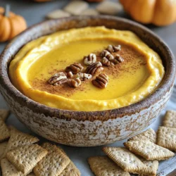 - 225 g Frischkäse, weich gemacht - 125 g Puderzucker - 240 g Kürbispüree Diese Hauptzutaten bilden die Basis für deinen köstlichen Kürbisgewürz Cheesecake Dip. Der Frischkäse sorgt für eine cremige Textur und einen reichhaltigen Geschmack. Der Puderzucker bringt die nötige Süße, während das Kürbispüree für den typischen Herbstgeschmack sorgt. - 1 Teelöffel Vanilleextrakt - 1 Teelöffel Kürbiskuchengewürz - 1/2 Teelöffel Zimt Die Gewürze und Extrakte verleihen deinem Dip das besondere Aroma. Vanilleextrakt ergänzt die Süße und sorgt für Tiefe. Das Kürbiskuchengewürz bringt eine Mischung aus Zimt, Muskatnuss und Ingwer. Diese Gewürze runden den Geschmack perfekt ab und machen jeden Bissen zum Genuss. - Gingersnap-Kekse oder Graham-Cracker - Gehackte Pekannüsse oder Walnüsse Für das Servieren empfehle ich Gingersnap-Kekse oder Graham-Cracker. Diese knusprigen Snacks passen wunderbar zu dem cremigen Dip. Wenn du etwas Crunch hinzufügen möchtest, streue gehackte Pekannüsse oder Walnüsse darüber. So wird dein Dip nicht nur geschmacklich, sondern auch optisch aufgewertet. - Vermenge zuerst den weichen Frischkäse mit dem Puderzucker in einer großen Schüssel. - Rühre mit einem Handmixer oder Standmixer, bis die Mischung glatt und cremig ist. - Füge nun das Kürbispüree, den Vanilleextrakt, das Kürbiskuchengewürz und den Zimt hinzu. - Schlage weiter, bis alles gut vermischt ist und keine Klumpen mehr vorhanden sind. - Hebe vorsichtig die Schlagsahne unter die Mischung. Achte darauf, die Luftigkeit zu bewahren. - Gib den Dip in eine schöne Servierschüssel. - Optional kannst du gehackte Pekannüsse oder Walnüsse obenauf streuen. - Die Vorbereitungszeit beträgt nur 15 Minuten. - Die Gesamtdauer für die Zubereitung ist ebenfalls 15 Minuten. - Das Rezept ergibt etwa 8 Portionen. - Luftigkeit der Schlagsahne bewahren: Schlage die Schlagsahne nur bis sie steif ist. So bleibt der Dip leicht und luftig. - Gut vermischen ohne Klumpen: Achte darauf, den Frischkäse und den Puderzucker gut zu vermengen. Ein glatter Mix sorgt für eine tolle Konsistenz. - Festliche Präsentation: Verwende eine schöne Schüssel. Stelle Gingersnap-Kekse oder Graham-Cracker kreisförmig um den Dip. - Kombinationsmöglichkeiten mit Snacks: Dieser Dip passt hervorragend zu Äpfeln oder Bananen. Probiere auch, ihn mit Brezeln zu servieren. - Zuckermenge variieren: Du kannst die Menge an Puderzucker nach deinem Geschmack anpassen. Weniger Zucker macht den Dip weniger süß. - Alternativen zu Puderzucker: Wenn du keinen Puderzucker hast, kannst du auch Honig oder Agavensirup verwenden. {{image_4}} Du kannst deinem Dip einen besonderen Dreh geben. Füge etwas Kaffee hinzu. Der Geschmack wird reicher und wärmer. Alternativ kannst du Schokolade einrühren. Schokoladenstückchen bringen eine süße Überraschung. Ein weiterer Ansatz ist, andere Gewürze zu nutzen. Probiere Muskatnuss oder Ingwer aus. Diese Gewürze passen gut zu Kürbis. Sie bringen neue Aromen, die deine Gäste begeistern werden. Wenn du auf die Kalorien achtest, gibt es Alternativen. Nutze Karotten oder Süßkartoffeln statt Kürbispüree. Diese Optionen sind süß und gesund. Sie bieten einen tollen Geschmack ohne zusätzliche Kalorien. Für eine low-carb oder vegane Version kannst du Frischkäse ersetzen. Verwende stattdessen veganen Frischkäse. Auch die Schlagsahne kann durch Kokoscreme ersetzt werden. So bleibt der Dip lecker und gesund. Im Herbst gibt es viele Möglichkeiten, den Dip anzupassen. Du kannst die Aromen verstärken. Füge mehr Zimt oder Muskatnuss hinzu. So wird der Geschmack intensiver und herbstlicher. Für festliche Dekorationen kannst du den Dip hübsch anrichten. Eine Zimtstange macht sich gut als Garnitur. Ein Hauch von Kürbiskuchengewürz obenauf sieht toll aus. Diese kleinen Details machen deinen Dip besonders und einladend. Lagere den Kürbisgewürz Cheesecake Dip im Kühlschrank. Deck die Schüssel gut ab. So bleibt der Dip frisch. Er bleibt bis zu fünf Tage haltbar. Achte darauf, die Temperatur im Kühlschrank bei etwa 4 Grad Celsius zu halten. Du kannst den Dip auch einfrieren. Fülle ihn in einen luftdichten Behälter. Achte darauf, etwas Platz zu lassen, da sich der Dip beim Gefrieren ausdehnt. So bleibt der Geschmack erhalten. Um den Dip wiederzuverwenden, hole ihn einen Tag vor dem Servieren aus dem Gefrierfach. Lass ihn im Kühlschrank auftauen. Rühre den Dip nach dem Auftauen gut durch. So wird die Konsistenz wieder cremig und lecker. Hast du Reste? Nutze sie für andere Rezepte. Du kannst den Dip in Keksen oder Muffins einfüllen. Auch als Topping für Pfannkuchen ist er super. Sei kreativ und probiere neue Wege, um den Dip zu genießen. Du kannst ihn auch als Füllung für eine herbstliche Torte nutzen. So wird jede Mahlzeit zum Fest! Der Dip bleibt im Kühlschrank bis zu fünf Tage frisch. Achte darauf, ihn in einem luftdichten Behälter aufzubewahren. So bleibt er lecker und cremig. Wenn du ihn länger aufbewahren möchtest, kannst du ihn auch einfrieren. Vor dem Servieren einfach auftauen und gut umrühren. Ja, du kannst den Dip auch vegan machen. Statt Frischkäse kannst du eine vegane Frischkäse-Alternative verwenden. Für die Schlagsahne nimmst du einfach Kokoscreme oder eine pflanzliche Sahne. Achte darauf, dass dein Puderzucker auch vegan ist. So hast du einen tollen, veganen Dip. Der Dip sieht toll aus, wenn du ihn in einer schönen Schüssel anrichtest. Stelle Gingersnap-Kekse oder Graham-Cracker darum. Das gibt Gästen eine einfache Möglichkeit, hineinzutunken. Für einen festlichen Look kannst du eine Zimtstange oder etwas Kürbiskuchengewürz darauf streuen. Dieser Blogbeitrag zeigt, wie man einen leckeren Kürbis-Dip zubereitet. Du braucht frischen Frischkäse, Puderzucker und Kürbispüree, gewürzt mit Vanille, Zimt und Kürbiskuchengewürz. Du kannst den Dip mit Keksen oder Nüssen servieren. Ich habe dir auch Tipps zur Textur, Variationen und zur Aufbewahrung gegeben. Der Dip ist einfach und wird Gäste begeistern. Experimentiere mit Aromen und genieße ihn in dieser Saison. Happy dipping!
