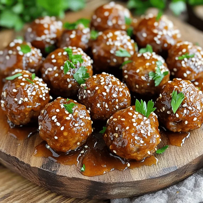 - 450 g gemahlenes Rindfleisch (oder Pute) - 120 g Semmelbrösel - 30 g geriebener Parmesan - 60 g frisch gehackte Petersilie - 1 Teelöffel Knoblauchpulver - 1 Teelöffel Zwiebelpulver - 1/2 Teelöffel Salz - 1/4 Teelöffel schwarzer Pfeffer - 1 Ei, verquirlt Für die Fleischbällchen brauche ich frisches Fleisch. Rind oder Pute ist gut. Semmelbrösel geben den Bällchen Struktur und Parmesan macht sie würziger. Petersilie bringt Farbe und frischen Geschmack. Die Gewürze wie Knoblauch- und Zwiebelpulver sorgen für Tiefe. - 120 g Honig - 60 ml Sojasauce - 2 Knoblauchzehen, fein gehackt - 1 Esslöffel Apfelessig - 1 Teelöffel Sesamöl (optional) Die Glasur ist das Highlight. Honig sorgt für Süße und eine schöne Glasur. Sojasauce bringt Umami, während frischer Knoblauch für einen tollen Geschmack sorgt. Apfelessig fügt Säure hinzu und das Sesamöl gibt einen nussigen Touch. Ich kann das Rindfleisch durch gemahlenen Truthahn ersetzen. Für eine glutenfreie Option nutze glutenfreie Semmelbrösel. Wenn kein Parmesan da ist, probiere einen anderen Hartkäse. Wenn du keinen Honig magst, verwende Ahornsirup. Diese Anpassungen machen das Rezept flexibel und passend für viele Diäten. Heize deinen Ofen auf 200 °C vor. Lege ein Backblech mit Backpapier aus. Das Backpapier hilft, die Bällchen nicht haften zu lassen. So sparst du dir das Putzen nach dem Backen. Nimm eine große Schüssel und gib die folgenden Zutaten hinein: - 450 g gemahlenes Rindfleisch (oder Pute) - 120 g Semmelbrösel - 30 g geriebener Parmesan - 60 g frisch gehackte Petersilie - 1 Teelöffel Knoblauchpulver - 1 Teelöffel Zwiebelpulver - 1/2 Teelöffel Salz - 1/4 Teelöffel schwarzer Pfeffer - 1 Ei, verquirlt Mische alles gut, bis es gleichmäßig ist. Du willst eine klebrige Masse, die gut zusammenhält. Nimm etwas von der Mischung und forme mit deinen Händen gleichmäßige Bällchen. Jedes Bällchen sollte etwa 2,5 cm groß sein. Lege die Bällchen auf das Backblech. Achte darauf, genügend Platz zwischen ihnen zu lassen. Backe die Bällchen im vorgeheizten Ofen für 15-20 Minuten. Sie sind fertig, wenn sie durchgegart und außen schön gebräunt sind. Um die perfekte Konsistenz zu erreichen, ist die Mischung der Zutaten entscheidend. Achte darauf, das Rindfleisch gut mit den Semmelbröseln zu vermengen. Das Hinzufügen von geriebenem Parmesan hilft, die Bällchen saftig zu machen. Verquirle das Ei gut, bevor du es hinzufügst. Das Ei bindet alles zusammen. Formen die Bällchen gleichmäßig, etwa 2,5 cm groß. So garen sie gleichmäßig. Die Glasur ist der Star dieses Rezepts. Wenn du die Süße reduzieren möchtest, verwende weniger Honig. Für mehr Geschmack kannst du Ingwer oder Chili hinzufügen. Auch eine Prise Limettensaft gibt der Glasur eine frische Note. Experimentiere mit verschiedenen Ketchup-Sorten oder BBQ-Saucen für eine persönliche Note. Jeder kann die Glasur nach seinem Geschmack anpassen. Serviere die Fleischbällchen auf einer schönen Platte. Beträufle sie mit der restlichen Glasur für mehr Geschmack. Streue Sesamsamen und gehackte Petersilie darüber. Diese Farben machen das Gericht ansprechend. Du kannst sie als Vorspeise oder Hauptgericht servieren. Sie passen gut zu Reis oder einem frischen Salat. So wird jede Mahlzeit zu einem Fest! {{image_4}} Wenn du nach einer veganen Option suchst, probiere Kichererbsen oder Linsen. Diese Hülsenfrüchte sind nahrhaft und lecker. Du kannst sie mit Haferflocken und Gewürzen mischen. Das gibt dir eine tolle Konsistenz. Auch gemahlene Nüsse oder Tofu sind gute Alternativen. Sie bringen Geschmack und Textur in deine Fleischbällchen. Um deinen Fleischbällchen mehr Geschmack zu verleihen, füge geriebenen Käse hinzu. Parmesan macht die Bällchen würziger. Auch frische Kräuter sind eine gute Wahl. Petersilie, Basilikum oder Oregano passen gut. Du kannst auch etwas scharfen Senf in die Mischung geben. Das sorgt für einen tollen Kick. Die Honig-Knoblauch-Glasur ist klassisch, aber du kannst sie anpassen. Füge etwas Chili oder Paprika hinzu, wenn du es schärfer magst. Für eine süßere Note kannst du Zimt oder Muskatnuss verwenden. Diese Gewürze bringen eine neue Dimension. Experimentiere mit verschiedenen Sojasaucen. Dunkle oder süße Sojasauce gibt einen anderen Geschmack. So wird deine Glasur immer spannend und neu. Um die Fleischbällchen frisch zu halten, lasse sie zuerst abkühlen. Lege sie dann in einen luftdichten Behälter. So bleiben sie saftig und lecker. Du kannst sie bis zu drei Tage im Kühlschrank aufbewahren. Achte darauf, dass der Behälter gut verschlossen ist. Das hilft, Gerüche zu vermeiden. Für die Glasur benutze einen kleinen Behälter. Lass die Glasur abkühlen und fülle sie hinein. Sie hält sich im Kühlschrank bis zu zwei Wochen. Wenn du die Glasur verwendest, erwärme sie leicht. Das macht sie wieder flüssig und einfach zu verwenden. Zum Erwärmen der Fleischbällchen gibt es einen einfachen Trick. Lege sie auf ein Backblech und erhitze sie im Ofen. Stelle den Ofen auf 180 °C und backe sie für etwa 10 Minuten. So bleiben sie warm und knusprig. Du kannst auch die Mikrowelle nutzen. Erhitze sie dort in kurzen Intervallen. Achte darauf, sie nicht zu überhitzen, damit sie nicht trocken werden. Um die Fleischbällchen saftiger zu machen, empfehle ich, etwas Milch oder Sahne hinzuzufügen. Auch ein extra Ei kann helfen. Wenn du das Fleisch nicht zu lange knetest, bleibt die Mischung locker und saftig. Verwende frische Zutaten, um den besten Geschmack zu erzielen. Ja, du kannst die Sojasauce ersetzen. Verwende Tamari für eine glutenfreie Option. Du kannst auch Kokosnuss-Aminos probieren, wenn du einen milderen Geschmack möchtest. Achte darauf, den Salzgehalt anzupassen, da diese Alternativen weniger salzig sind. Die Fleischbällchen halten im Kühlschrank etwa drei bis vier Tage. Stelle sicher, dass du sie in einem luftdichten Behälter aufbewahrst. Wenn du sie länger aufbewahren möchtest, friere sie ein. So bleiben sie bis zu drei Monate frisch und lecker. In diesem Artikel haben wir die Hauptzutaten für leckere Fleischbällchen und ihre Glasur behandelt. Ich habe auch gezeigt, wie Sie die Bällchen zubereiten und variieren können. Denken Sie an die Lagerung und Aufbewahrung, damit nichts verschwendet wird. Probieren Sie verschiedene Variationen aus, um neue Geschmackserlebnisse zu finden. Sei kreativ und passen Sie das Rezept Ihrem Stil an. Genießen Sie Ihre selbstgemachten Fleischbällchen!