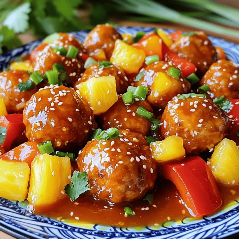 - 450 g Hackhähnchen - 120 g Semmelbrösel - 30 g geriebener Parmesan Die Hauptzutaten sind einfach und leicht zu finden. Hackhähnchen gibt den Fleischbällchen ihren herzhaften Geschmack. Semmelbrösel helfen, die Bällchen zusammenzuhalten und geben ihnen eine gute Textur. Parmesan bringt einen salzigen und nussigen Geschmack, der alles abrundet. - 2 Knoblauchzehen, fein gehackt - 1 Teelöffel Ingwer, fein gehackt - 1 Esslöffel Olivenöl Knoblauch und Ingwer bringen ein tolles Aroma. Diese Gewürze machen die Fleischbällchen lebendig. Olivenöl ist perfekt, um die Paprika in der Pfanne zu braten und sorgt für einen gesunden Fettanteil. - 60 ml Sojasauce - 60 ml Honig - 150 g Ananasstücke - 1 Paprika, gewürfelt (jede Farbe) Die Soße ist der Star des Gerichts. Sojasauce gibt eine salzige Note, während Honig Süße hinzufügt. Ananas bringt Frische und eine süß-saure Note, die jeder liebt. Die Paprika sorgt für Farbe und Crunch in der Pfanne. Diese Zutaten machen das Gericht einfach und lecker. Sie sind vielseitig und passen gut zusammen. - Vermenge in einer großen Schüssel: - 450 g Hackhähnchen - 120 g Semmelbrösel - 30 g geriebener Parmesan - 1 großes Ei - 2 fein gehackte Knoblauchzehen - 1 Teelöffel fein gehackten Ingwer - Salz und Pfeffer nach Geschmack Mische alles gut, bis die Zutaten verbunden sind. Es sollte eine homogene Masse entstehen. - Forme aus der Mischung kleine Fleischbällchen. Die Bällchen sollten etwa 2,5 cm groß sein. Lege sie auf ein Backblech mit Backpapier. - Heize den Ofen auf 200 °C vor. - Backe die Fleischbällchen für etwa 20 Minuten. Sie sind fertig, wenn sie gar und leicht goldbraun sind. - Erhitze 1 Esslöffel Olivenöl in einer großen Pfanne bei mittlerer Hitze. - Füge die gewürfelte Paprika hinzu und brate sie 3-4 Minuten an, bis sie leicht weich ist. - Gib 150 g Ananasstücke in die Pfanne und brate sie für weitere 2 Minuten mit. - In einer kleinen Schüssel vermische: - 60 ml Sojasauce - 60 ml Honig - 30 ml Reisessig - 1 Esslöffel Speisestärke mit 2 Esslöffeln Wasser Gieße diese Mischung über die Paprika und Ananas. Rühre, bis die Sauce andickt, etwa 2-3 Minuten. - Sobald die Fleischbällchen gebacken sind, gib sie in die Pfanne. Wälze sie in der süß-sauren Sauce, bis sie gut überzogen sind. Serviere die süß-sauren Hähnchenfleischbällchen warm über Reis oder Nudeln. Um die Textur der Fleischbällchen zu verbessern, achte darauf, die Zutaten gut zu vermengen. Das Hackhähnchen und die Semmelbrösel sollten gleichmäßig verteilt sein. Du kannst auch etwas mehr Parmesan hinzufügen, um den Bällchen mehr Geschmack zu geben. Würze die Mischung nach deinem Geschmack. Ein wenig mehr Salz oder Pfeffer kann viel ausmachen. Die süß-saure Soße ist flexibel. Du kannst die Süße nach deinem Wunsch anpassen. Wenn du es süßer magst, füge mehr Honig hinzu. Möchtest du es schärfer? Probiere etwas Chili oder Paprika. Du kannst auch zusätzliche Gewürze wie Knoblauchpulver oder frische Kräuter hinzufügen. Diese geben der Soße mehr Tiefe und Aroma. Die Fleischbällchen passen gut zu vielen Beilagen. Gekochter Reis oder Nudeln sind immer eine gute Wahl. Du kannst auch Gemüse wie Brokkoli oder Zucchini dazu servieren. Für die Garnierung sind Sesam und gehackte Frühlingszwiebeln perfekt. Sie bringen frische Farben und einen tollen Geschmack. {{image_4}} - Alternativen zur Paprika: Du kannst auch Zucchini oder Karotten verwenden. Beides gibt einen tollen Geschmack und eine schöne Farbe. - Weitere Obstoptionen: Mango oder Pfirsiche passen gut zur süß-sauren Sauce. Sie bringen Frische und Süße. - Verwendung von anderem Hackfleisch: Rind oder Pute sind ebenfalls gute Optionen. Das gibt deinem Gericht einen neuen Twist. - Vegetarische Optionen: Verwende pflanzliche Hackfleischalternativen. Sie sind lecker und gesund. - Glutenfreie Semmelbrösel: Du kannst glutenfreie Brösel verwenden. Diese sind in vielen Geschäften erhältlich. - Alternativen zur Sojasauce: Kokosnussaminos sind eine tolle glutenfreie Option. Sie schmecken ähnlich und sind gesund. - Kühlschrank: Du kannst die übrig gebliebenen Fleischbällchen in einem luftdichten Behälter aufbewahren. Sie bleiben bis zu drei Tage frisch. Stelle sicher, dass sie gut abgekühlt sind, bevor du sie in den Kühlschrank stellst. - Gefrierfach: Für eine längere Lagerung friere die Fleischbällchen ein. Lege sie auf ein Backblech, bis sie gefroren sind. Dann packe sie in einen gefrierfesten Beutel. Sie halten sich bis zu drei Monate im Gefrierfach. - Mikrowelle oder Ofen?: Die Mikrowelle ist schnell, aber die Ofenwärme macht die Fleischbällchen knuspriger. Wenn du die Zeit hast, benutze den Ofen. Heize ihn auf 180 °C vor. Lege die Fleischbällchen auf ein Backblech und erwärme sie für etwa 10-15 Minuten. In der Mikrowelle dauert es nur 2-3 Minuten, aber die Textur kann weich werden. - Tipps zur Frische: Achte auf Geruch und Farbe. Wenn die Fleischbällchen sauer riechen oder eine ungewollte Farbe haben, wirf sie weg. Frische Zutaten sind wichtig. Bereite die Fleischbällchen immer frisch zu, um den besten Geschmack zu haben. Die Zubereitung benötigt etwa 15 Minuten. Das Kochen dauert zusätzliche 20 Minuten. Insgesamt sind es also 40 Minuten. Diese Zeit ist perfekt für ein schnelles Abendessen. Ja, du kannst die Fleischbällchen im Voraus machen. Bereite sie einfach vor und kühle sie. Du kannst sie auch einfrieren. Das macht das Abendessen noch einfacher. Bei Bedarf kannst du sie dann einfach wieder aufwärmen. Um die Sauce dicker zu machen, benutze Speisestärke. Mische sie mit Wasser, bevor du sie zur Sauce gibst. Rühre die Mischung gut ein. Lasse sie kurz köcheln, bis sie eindickt. Eine andere Möglichkeit ist, die Sauce länger zu kochen, damit mehr Wasser verdampft. Die Zubereitung süß-saurer Hähnchenfleischbällchen ist simpel und lecker. Wir haben die Hauptzutaten, die Zubereitungsschritte und zahlreiche Tipps besprochen. Du kannst die Gewürze nach deinem Geschmack anpassen und verschiedene Variationen ausprobieren. Denke daran, wie wichtig die Lagerung für die Frische ist. Ob im Kühlschrank oder Gefrierfach, du kannst deine Fleischbällchen lange genießen. Mit etwas Kreativität machst du aus diesem Gericht einen großen Hit. So bleibt es einfach und spannend!