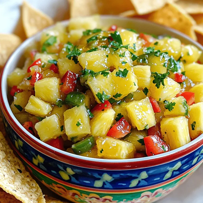 Für die perfekte süße und würzige Ananas Salsa brauchen wir einige Hauptzutaten. Diese Zutaten erweitern den Geschmack und die Textur der Salsa: - 1 reife Ananas, geschält, entkernt und gewürfelt - 1 rote Paprika, fein gehackt - 1 kleine rote Zwiebel, fein gehackt - 1-2 Jalapeños, entkernt und fein gewürfelt (je nach Schärfewunsch anpassen) - 1/4 Tasse frischer Koriander, gehackt - Saft von 2 Limetten Die gewürfelte Ananas bringt die süße Note. Die rote Paprika sorgt für Farbe und Crunch. Zwiebeln fügen einen scharfen, aber süßen Geschmack hinzu. Jalapeños bringen die gewünschte Schärfe. Für die richtige Balance in der Salsa sind auch Gewürze und Süßungsmittel wichtig: - 1 Esslöffel Honig oder Agavensirup - Salz und Pfeffer nach Geschmack Honig oder Agavensirup gibt der Salsa eine zusätzliche Süße. Salz und Pfeffer helfen, die Aromen zu verstärken und harmonisch zu verbinden. Frische Zutaten bringen Leben in die Salsa. Dazu gehören: - Koriander Frischer Koriander ergänzt die anderen Zutaten perfekt. Sein Aroma ist frisch und leicht zitrusartig. Er macht die Salsa lebendig und aromatisch. Wenn Sie Koriander mögen, verwenden Sie ruhig mehr. Zuerst nehmen Sie die reife Ananas. Entfernen Sie die Schale und die Kerne. Schneiden Sie die Ananas in kleine Würfel. Legen Sie die gewürfelte Ananas in eine große Rührschüssel. Jetzt nehmen Sie die rote Paprika. Hacken Sie sie fein und fügen Sie sie zur Ananas hinzu. Nehmen Sie dann die rote Zwiebel. Hacken Sie sie ebenfalls fein und geben Sie sie in die Schüssel. Jetzt kommen die Jalapeños. Entfernen Sie die Kerne und schneiden Sie sie in kleine Stücke. Je nach Wunsch können Sie ein oder zwei verwenden. Mischen Sie alles gut zusammen. So entsteht eine bunte Mischung, die frisch und einladend aussieht. Nun fügen Sie den frisch gehackten Koriander hinzu. Er bringt viel Aroma in die Salsa. Pressen Sie den Saft von zwei Limetten über die Mischung. Die Limetten sorgen für einen tollen, frischen Geschmack. Geben Sie einen Esslöffel Honig oder Agavensirup dazu. Dies fügt eine süße Note hinzu und balanciert die Schärfe aus. Jetzt ist es Zeit, alles mit Salz und Pfeffer abzuschmecken. Mischen Sie alles gründlich. So verbinden sich die Aromen wunderbar. Lassen Sie die Salsa mindestens 15 Minuten bei Raumtemperatur stehen. Dies ist wichtig, damit die Aromen gut durchziehen. Je länger sie stehen bleibt, desto besser wird der Geschmack. Nach dieser Zeit ist Ihre süße und würzige Ananas Salsa bereit zum Genießen! Sie passt perfekt zu Tortilla-Chips oder gegrilltem Fisch. Die Schärfe der Salsa hängt von den Jalapeños ab. Wenn du es mild magst, wähle einen Jalapeño. Für mehr Schärfe nimm zwei. Du kannst auch die Samen entfernen. Die Samen sind der schärfste Teil. Bei der Zubereitung kannst du auch andere Peperoni verwenden. Probiere zum Beispiel Serrano oder Fresno. Diese Peperoni bieten unterschiedliche Geschmäcker und Schärfen. Bewahre die Salsa in einem luftdichten Behälter auf. So bleibt sie frisch. Im Kühlschrank hält sie sich bis zu drei Tage. Du solltest die Salsa vor dem Servieren umrühren. Dadurch verteilen sich die Aromen gut. Wenn du sie ein paar Stunden stehen lässt, verbessert sich der Geschmack. Präsentiere die Salsa in einer bunten Schüssel. Eine helle Schüssel macht die Farben schön sichtbar. Du kannst die Salsa mit einem Zweig frischem Koriander garnieren. Das sieht toll aus und gibt zusätzlichen Geschmack. Diese Salsa passt gut zu Tortilla-Chips oder gegrilltem Fisch. Sie bringt frische Aromen auf den Tisch. {{image_4}} Manchmal möchte ich etwas Neues ausprobieren. Ananas ist toll, aber andere Früchte sind auch lecker. Mango gibt der Salsa einen süßen, tropischen Geschmack. Papaya bringt eine sanfte, cremige Textur. Wenn Sie es fruchtig mögen, probieren Sie auch Kiwi oder Pfirsiche. Diese Früchte machen die Salsa frisch und spannend. Für Menschen mit speziellen Diäten gibt es viele Optionen. Wenn Sie weniger Zucker wollen, verwenden Sie weniger Honig oder Agavensirup. Stattdessen können Sie auch Stevia oder Erythrit verwenden. Diese Süßstoffe sind kalorienarm und helfen, den Geschmack zu erhalten. Wenn Sie glutenfrei leben, sind alle Zutaten sicher. Diese Salsa ist eine großartige Ergänzung zu vielen Gerichten. Koriander ist mein Favorit, aber Sie können auch andere Kräuter verwenden. Frische Minze bringt einen neuen Geschmack. Petersilie ist eine milde Alternative, wenn Sie Koriander nicht mögen. Für einen würzigen Kick können Sie etwas Kreuzkümmel hinzufügen. Diese kleinen Anpassungen machen die Salsa einzigartig. Experimentieren Sie, um die perfekte Mischung zu finden! Die süße und würzige Ananas Salsa bleibt im Kühlschrank bis zu fünf Tage frisch. Achte darauf, sie in einem gut verschlossenen Behälter aufzubewahren. Wenn du die Salsa länger aufbewahren möchtest, kannst du sie auch einfrieren. Im Gefrierschrank hält sie sich etwa drei Monate. Für die beste Lagerung solltest du die Salsa in einem luftdichten Behälter aufbewahren. So bleibt die Frische erhalten. Stelle sicher, dass du den Behälter vor dem Schließen gut verschließt. Verwende einen Behälter aus Glas oder BPA-freiem Kunststoff. Diese Materialien helfen, die Aromen zu bewahren. Wenn du Reste hast, gibt es viele tolle Möglichkeiten, sie zu nutzen. Du kannst die Salsa als Topping für gegrilltes Hähnchen oder Fisch verwenden. Sie passt auch gut zu Tacos oder Burritos. Wenn du etwas anderes ausprobieren möchtest, mische die Salsa in einen Salat. So erhältst du einen frischen und fruchtigen Geschmack. Um die Salsa schärfer zu machen, füge mehr Jalapeños hinzu. Du kannst auch Serrano-Chilis verwenden. Diese Chilis haben eine höhere Schärfe. Entferne die Kerne, um die Schärfe zu reduzieren. Probiere es aus, bis du den gewünschten Geschmack hast. Schärfe ist eine Frage des persönlichen Geschmacks. Ja, du kannst die Salsa im Voraus zubereiten. Mache sie bis zu einem Tag vorher. Lagere sie in einem luftdichten Behälter im Kühlschrank. So können die Aromen besser miteinander verschmelzen. Rühre die Salsa gut um, bevor du sie servierst. So bleibt sie frisch und lecker. Süße und würzige Ananas Salsa passt gut zu vielen Gerichten. Sie ist ein toller Begleiter zu Tortilla-Chips. Du kannst sie auch mit gegrilltem Fisch oder Hähnchen servieren. Diese Salsa bringt Frische zu Tacos und Burritos. Probiere sie auch mit Reis oder als Beilage zu BBQ-Gerichten. Zusammenfassend haben wir die Hauptzutaten für eine leckere Salsa untersucht. Ich habe auch eine einfache Schritt-für-Schritt-Anleitung gegeben, um sie zuzubereiten. Tipps zur Anpassung der Schärfe und zur Lagerung helfen Ihnen, die Salsa frisch zu halten. Variationen ermöglichen es Ihnen, kreativ zu sein und andere Zutaten zu verwenden. Schließlich klären wir häufige Fragen zur Zubereitung und Verwendung. Bereiten Sie die Salsa selbst zu und genießen Sie den frischen Geschmack in verschiedenen Gerichten!