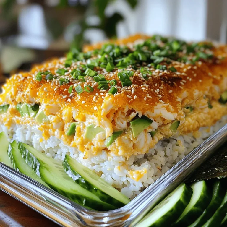 Um einen köstlichen Sushi Bake zuzubereiten, benötigst du folgende Hauptzutaten: - 2 Tassen Sushi-Reis - 2 1/2 Tassen Wasser - 1/4 Tasse Reisessig - 2 Esslöffel Zucker - 1 Teelöffel Salz - 450 Gramm Nachahmungskrabbenfleisch, zerrupft - 1/2 Tasse Frischkäse, weich - 1/4 Tasse Mayonnaise (vorzugsweise Kewpie) - 2 Frühlingszwiebeln, fein gehackt - 1 Esslöffel Sriracha (nach gewünschtem Schärfegrad anpassen) - Nori-Blätter (Seekraut) zum Servieren Diese Zutaten bilden die Basis für dein leckeres Gericht. Der Sushi-Reis gibt die Textur und das Aroma, die du benötigst. Das Nachahmungskrabbenfleisch sorgt für den typischen Geschmack von Sushi. Zusätzlich kannst du noch einige einfache Gewürze und Zutaten hinzufügen: - 1 Teelöffel Sesamsamen zum Garnieren - Optional: geschnittene Gurke oder Avocado für frische Beläge Der Reisessig, Zucker und Salz machen deinen Reis besonders lecker. Sriracha bringt einen leichten Kick, je nach deinem Geschmack. Zu deinem Sushi Bake passen einige tolle Beilagen: - Frische Gurkenscheiben - Avocadoscheiben - Ein einfacher grüner Salat Du kannst auch Sojasauce und Wasabi bereitstellen. Diese Beilagen fügen frische Aromen hinzu und machen das Gericht noch besser. Probiere es aus und finde deine liebsten Kombinationen! Koch den Sushi-Reis zuerst gut. Spüle den Reis unter kaltem Wasser. Mach das, bis das Wasser klar wird. Gib den Reis und 2 1/2 Tassen Wasser in einen Reiskocher. Koche den Reis wie in der Anleitung beschrieben. Lass den Reis nach dem Kochen etwa 10 Minuten ruhen. Das macht den Reis perfekt klebrig für deinen Sushi Bake. Jetzt kommt das Würzen. Nimm einen kleinen Topf. Vermische 1/4 Tasse Reisessig, 2 Esslöffel Zucker und 1 Teelöffel Salz. Erhitze die Mischung bei niedriger Hitze. Rühre, bis sich Zucker und Salz auflösen. Mische das Gewürz dann vorsichtig in den gekochten Reis. Lass den Reis ein wenig abkühlen. So bekommt dein Sushi Bake den richtigen Geschmack. In einer großen Schüssel machst du die Krabbenmischung. Nimm 450 Gramm zerrupftes Nachahmungskrabbenfleisch. Füge 1/2 Tasse weichen Frischkäse, 1/4 Tasse Mayonnaise und 2 fein gehackte Frühlingszwiebeln hinzu. Dazu kommt 1 Esslöffel Sriracha, je nach Wunsch mehr oder weniger. Mische alles gut. Diese Mischung gibt deinem Sushi Bake einen tollen Geschmack. Heize deinen Ofen auf 175 °C vor. In einer gefetteten Auflaufform verteilst du den gewürzten Sushi-Reis gleichmäßig. Jetzt kommt die Krabbenmischung oben drauf. Streiche sie glatt mit einem Spatel. So wird alles gleichmäßig gebacken. Stell die Auflaufform in den Ofen. Backe den Sushi Bake für 15-20 Minuten. Achte darauf, bis die Oberfläche goldbraun ist. Nimm ihn dann aus dem Ofen und lass ihn kurz abkühlen. Bestreue ihn mit Sesamsamen. Du kannst auch geschnittene Gurken oder Avocado darauflegen. Serviere den Sushi Bake mit Nori-Blättern. So macht das Essen Spaß und jeder kann sich seine Portion selbst nehmen. Bevor du mit dem Sushi Bake startest, gibt es ein paar häufige Fehler. - Reis nicht richtig spülen: Stelle sicher, dass du den Reis gründlich spülst. Das klärt das Wasser und entfernt überschüssige Stärke. - Falsches Verhältnis von Wasser und Reis: Achte darauf, die richtige Menge Wasser zu verwenden. Zu viel Wasser macht den Reis matschig. - Mischung nicht gut umrühren: Mische die Krabbenmischung gut. So verteilst du die Aromen gleichmäßig. Du kannst dein Sushi Bake leicht anpassen. - Vegetarisch: Ersetze das Krabbenfleisch durch zerrissenen Tofu oder gebratene Champignons. - Zusätzliche Zutaten: Füge geschnittene Avocados oder Mango für eine fruchtige Note hinzu. - Scharfer Kick: Erhöhe die Sriracha-Menge, um mehr Schärfe zu erzielen. Hier sind einige Geheimtipps, um dein Sushi Bake noch besser zu machen. - Gerösteter Sesam: Streue gerösteten Sesam über dein Gericht für einen nussigen Geschmack. - Frische Kräuter: Frische Koriander- oder Petersilienblätter geben extra Frische. - Zitronensaft: Ein Spritzer Zitronensaft hebt die Aromen und bringt Frische. Diese Tipps helfen dir, dein Sushi Bake noch besser zu machen. Wenn du diese einfachen Tricks befolgst, wird dein Gericht ein Hit! {{image_4}} Wenn du eine vegetarische Option wünschst, kannst du das Nachahmungskrabbenfleisch durch gewürfelte, gebratene Tofu-Würfel ersetzen. Tofu nimmt gut den Geschmack der Gewürze auf. Du kannst auch Avocado oder Gurken hinzugefügt, um eine frische Note zu bieten. Diese Zutaten machen dein Sushi Bake lecker und gesund. Das Schöne an Sushi Bake ist die Flexibilität. Du kannst die Mayonnaise durch griechischen Joghurt ersetzen, um es etwas leichter zu machen. Statt Sriracha kannst du auch eine süße Chili-Sauce verwenden. Wenn du keinen Reisessig hast, funktioniert auch Apfelessig. Und vergiss nicht, mit verschiedenen Kräutern und Gewürzen zu experimentieren. Für die Schärfefans: Füge mehr Sriracha hinzu, um das Gericht aufzupeppen. Du kannst auch frische Chilis oder Chiliflocken verwenden. Achte darauf, die Schärfe nach deinem Geschmack anzupassen. So schmeckt dein Sushi Bake noch aufregender! Um Reste von Sushi Bake frisch zu halten, lege sie in einen luftdichten Behälter. Lass das Gericht zuerst auf Raumtemperatur abkühlen. Dann deckst du den Behälter gut ab. So bleibt der Geschmack erhalten. Du kannst die Reste bis zu drei Tage im Kühlschrank aufbewahren. Vermeide, den Sushi Bake längere Zeit bei Raumtemperatur zu lassen. Um die Reste wieder aufzuwärmen, heize den Ofen auf 175 °C vor. Lege die Portionen in eine Auflaufform. Bedecke sie mit Folie, um ein Austrocknen zu verhindern. Backe sie etwa 10 bis 15 Minuten, bis sie heiß sind. Du kannst auch die Mikrowelle verwenden. Erwärme die Portionen in kurzen Intervallen, bis sie warm sind. Achte darauf, sie nicht zu lange zu erhitzen, sonst werden sie trocken. Sushi Bake bleibt im Kühlschrank bis zu drei Tage sicher. Achte darauf, die Reste gut zu lagern. Wenn du unsicher bist, rieche daran oder prüfe das Aussehen. Wenn etwas ungewöhnlich aussieht oder riecht, wirf es weg. Es ist besser, auf Nummer sicher zu gehen. Wenn du den Sushi Bake länger aufbewahren möchtest, friere ihn ein. So bleibt er bis zu drei Monate frisch. Die Zubereitungszeit für Sushi Bake beträgt etwa 20 Minuten. Die Gesamtzeit, einschließlich Backen, ist etwa 40 Minuten. Der Sushi-Reis braucht die meiste Zeit. Nach dem Kochen lassen Sie ihn ruhen, um perfekt zu werden. Ja, Sie können frisches Sushi verwenden, um Ihren Sushi Bake zu machen. Achten Sie darauf, das Sushi in kleine Stücke zu schneiden. Fügen Sie es dann in die Krabbenmischung hinzu. So erhalten Sie einen frischen Geschmack. Sushi Bake kann glutenfrei sein. Verwenden Sie glutenfreien Reis und Mayonnaise. Achten Sie auch darauf, dass die Nori-Blätter glutenfrei sind. So können auch glutenempfindliche Menschen genießen. Es gibt viele Alternativen, wenn Sie kein Nachahmungskrabbenfleisch verwenden möchten. Sie können Hähnchen oder Tofu nehmen. Auch Garnelen sind eine gute Wahl. Für eine vegetarische Option verwenden Sie Avocado oder Gemüse. Sushi Bake ist einfach und macht Spaß zu machen. Wir haben die Hauptzutaten und passende Beilagen besprochen. Die Schritt-für-Schritt-Anleitung zeigt dir, wie du leckeren Sushi-Reis kochst und die perfekte Krabbenmischung zubereitest. Wir gaben auch Tipps, um Fehler zu vermeiden. Du lernst, wie du Variationen und Aufbewahrungshinweise umsetzt. Zusammengefasst, Sushi Bake ist vielseitig und für jeden geeignet. Probiere es aus!