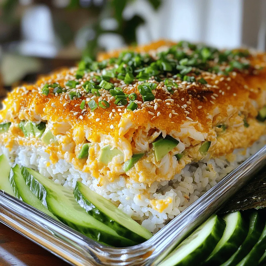 Um einen köstlichen Sushi Bake zuzubereiten, benötigst du folgende Hauptzutaten: - 2 Tassen Sushi-Reis - 2 1/2 Tassen Wasser - 1/4 Tasse Reisessig - 2 Esslöffel Zucker - 1 Teelöffel Salz - 450 Gramm Nachahmungskrabbenfleisch, zerrupft - 1/2 Tasse Frischkäse, weich - 1/4 Tasse Mayonnaise (vorzugsweise Kewpie) - 2 Frühlingszwiebeln, fein gehackt - 1 Esslöffel Sriracha (nach gewünschtem Schärfegrad anpassen) - Nori-Blätter (Seekraut) zum Servieren Diese Zutaten bilden die Basis für dein leckeres Gericht. Der Sushi-Reis gibt die Textur und das Aroma, die du benötigst. Das Nachahmungskrabbenfleisch sorgt für den typischen Geschmack von Sushi. Zusätzlich kannst du noch einige einfache Gewürze und Zutaten hinzufügen: - 1 Teelöffel Sesamsamen zum Garnieren - Optional: geschnittene Gurke oder Avocado für frische Beläge Der Reisessig, Zucker und Salz machen deinen Reis besonders lecker. Sriracha bringt einen leichten Kick, je nach deinem Geschmack. Zu deinem Sushi Bake passen einige tolle Beilagen: - Frische Gurkenscheiben - Avocadoscheiben - Ein einfacher grüner Salat Du kannst auch Sojasauce und Wasabi bereitstellen. Diese Beilagen fügen frische Aromen hinzu und machen das Gericht noch besser. Probiere es aus und finde deine liebsten Kombinationen! Koch den Sushi-Reis zuerst gut. Spüle den Reis unter kaltem Wasser. Mach das, bis das Wasser klar wird. Gib den Reis und 2 1/2 Tassen Wasser in einen Reiskocher. Koche den Reis wie in der Anleitung beschrieben. Lass den Reis nach dem Kochen etwa 10 Minuten ruhen. Das macht den Reis perfekt klebrig für deinen Sushi Bake. Jetzt kommt das Würzen. Nimm einen kleinen Topf. Vermische 1/4 Tasse Reisessig, 2 Esslöffel Zucker und 1 Teelöffel Salz. Erhitze die Mischung bei niedriger Hitze. Rühre, bis sich Zucker und Salz auflösen. Mische das Gewürz dann vorsichtig in den gekochten Reis. Lass den Reis ein wenig abkühlen. So bekommt dein Sushi Bake den richtigen Geschmack. In einer großen Schüssel machst du die Krabbenmischung. Nimm 450 Gramm zerrupftes Nachahmungskrabbenfleisch. Füge 1/2 Tasse weichen Frischkäse, 1/4 Tasse Mayonnaise und 2 fein gehackte Frühlingszwiebeln hinzu. Dazu kommt 1 Esslöffel Sriracha, je nach Wunsch mehr oder weniger. Mische alles gut. Diese Mischung gibt deinem Sushi Bake einen tollen Geschmack. Heize deinen Ofen auf 175 °C vor. In einer gefetteten Auflaufform verteilst du den gewürzten Sushi-Reis gleichmäßig. Jetzt kommt die Krabbenmischung oben drauf. Streiche sie glatt mit einem Spatel. So wird alles gleichmäßig gebacken. Stell die Auflaufform in den Ofen. Backe den Sushi Bake für 15-20 Minuten. Achte darauf, bis die Oberfläche goldbraun ist. Nimm ihn dann aus dem Ofen und lass ihn kurz abkühlen. Bestreue ihn mit Sesamsamen. Du kannst auch geschnittene Gurken oder Avocado darauflegen. Serviere den Sushi Bake mit Nori-Blättern. So macht das Essen Spaß und jeder kann sich seine Portion selbst nehmen. Bevor du mit dem Sushi Bake startest, gibt es ein paar häufige Fehler. - Reis nicht richtig spülen: Stelle sicher, dass du den Reis gründlich spülst. Das klärt das Wasser und entfernt überschüssige Stärke. - Falsches Verhältnis von Wasser und Reis: Achte darauf, die richtige Menge Wasser zu verwenden. Zu viel Wasser macht den Reis matschig. - Mischung nicht gut umrühren: Mische die Krabbenmischung gut. So verteilst du die Aromen gleichmäßig. Du kannst dein Sushi Bake leicht anpassen. - Vegetarisch: Ersetze das Krabbenfleisch durch zerrissenen Tofu oder gebratene Champignons. - Zusätzliche Zutaten: Füge geschnittene Avocados oder Mango für eine fruchtige Note hinzu. - Scharfer Kick: Erhöhe die Sriracha-Menge, um mehr Schärfe zu erzielen. Hier sind einige Geheimtipps, um dein Sushi Bake noch besser zu machen. - Gerösteter Sesam: Streue gerösteten Sesam über dein Gericht für einen nussigen Geschmack. - Frische Kräuter: Frische Koriander- oder Petersilienblätter geben extra Frische. - Zitronensaft: Ein Spritzer Zitronensaft hebt die Aromen und bringt Frische. Diese Tipps helfen dir, dein Sushi Bake noch besser zu machen. Wenn du diese einfachen Tricks befolgst, wird dein Gericht ein Hit! {{image_4}} Wenn du eine vegetarische Option wünschst, kannst du das Nachahmungskrabbenfleisch durch gewürfelte, gebratene Tofu-Würfel ersetzen. Tofu nimmt gut den Geschmack der Gewürze auf. Du kannst auch Avocado oder Gurken hinzugefügt, um eine frische Note zu bieten. Diese Zutaten machen dein Sushi Bake lecker und gesund. Das Schöne an Sushi Bake ist die Flexibilität. Du kannst die Mayonnaise durch griechischen Joghurt ersetzen, um es etwas leichter zu machen. Statt Sriracha kannst du auch eine süße Chili-Sauce verwenden. Wenn du keinen Reisessig hast, funktioniert auch Apfelessig. Und vergiss nicht, mit verschiedenen Kräutern und Gewürzen zu experimentieren. Für die Schärfefans: Füge mehr Sriracha hinzu, um das Gericht aufzupeppen. Du kannst auch frische Chilis oder Chiliflocken verwenden. Achte darauf, die Schärfe nach deinem Geschmack anzupassen. So schmeckt dein Sushi Bake noch aufregender! Um Reste von Sushi Bake frisch zu halten, lege sie in einen luftdichten Behälter. Lass das Gericht zuerst auf Raumtemperatur abkühlen. Dann deckst du den Behälter gut ab. So bleibt der Geschmack erhalten. Du kannst die Reste bis zu drei Tage im Kühlschrank aufbewahren. Vermeide, den Sushi Bake längere Zeit bei Raumtemperatur zu lassen. Um die Reste wieder aufzuwärmen, heize den Ofen auf 175 °C vor. Lege die Portionen in eine Auflaufform. Bedecke sie mit Folie, um ein Austrocknen zu verhindern. Backe sie etwa 10 bis 15 Minuten, bis sie heiß sind. Du kannst auch die Mikrowelle verwenden. Erwärme die Portionen in kurzen Intervallen, bis sie warm sind. Achte darauf, sie nicht zu lange zu erhitzen, sonst werden sie trocken. Sushi Bake bleibt im Kühlschrank bis zu drei Tage sicher. Achte darauf, die Reste gut zu lagern. Wenn du unsicher bist, rieche daran oder prüfe das Aussehen. Wenn etwas ungewöhnlich aussieht oder riecht, wirf es weg. Es ist besser, auf Nummer sicher zu gehen. Wenn du den Sushi Bake länger aufbewahren möchtest, friere ihn ein. So bleibt er bis zu drei Monate frisch. Die Zubereitungszeit für Sushi Bake beträgt etwa 20 Minuten. Die Gesamtzeit, einschließlich Backen, ist etwa 40 Minuten. Der Sushi-Reis braucht die meiste Zeit. Nach dem Kochen lassen Sie ihn ruhen, um perfekt zu werden. Ja, Sie können frisches Sushi verwenden, um Ihren Sushi Bake zu machen. Achten Sie darauf, das Sushi in kleine Stücke zu schneiden. Fügen Sie es dann in die Krabbenmischung hinzu. So erhalten Sie einen frischen Geschmack. Sushi Bake kann glutenfrei sein. Verwenden Sie glutenfreien Reis und Mayonnaise. Achten Sie auch darauf, dass die Nori-Blätter glutenfrei sind. So können auch glutenempfindliche Menschen genießen. Es gibt viele Alternativen, wenn Sie kein Nachahmungskrabbenfleisch verwenden möchten. Sie können Hähnchen oder Tofu nehmen. Auch Garnelen sind eine gute Wahl. Für eine vegetarische Option verwenden Sie Avocado oder Gemüse. Sushi Bake ist einfach und macht Spaß zu machen. Wir haben die Hauptzutaten und passende Beilagen besprochen. Die Schritt-für-Schritt-Anleitung zeigt dir, wie du leckeren Sushi-Reis kochst und die perfekte Krabbenmischung zubereitest. Wir gaben auch Tipps, um Fehler zu vermeiden. Du lernst, wie du Variationen und Aufbewahrungshinweise umsetzt. Zusammengefasst, Sushi Bake ist vielseitig und für jeden geeignet. Probiere es aus!