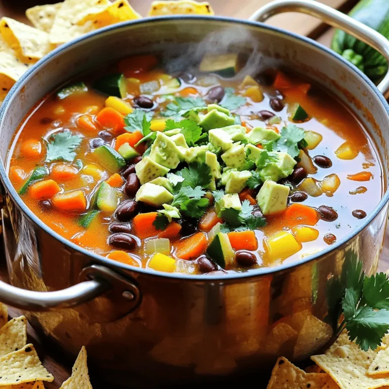 Für eine leckere veggie beladene Taco-Suppe brauchst du: - 1 Esslöffel Olivenöl - 1 Zwiebel, gehackt - 3 Knoblauchzehen, fein gehackt - 1 Paprika, gewürfelt - 2 Karotten, gewürfelt - 1 Zucchini, gewürfelt - 1 Dose schwarze Bohnen, abgetropft und abgespült - 1 Dose Kidneybohnen, abgetropft und abgespült - 1 Dose Mais, abgetropft - 1 Dose gewürfelte Tomaten, mit Saft Diese Zutaten geben deiner Suppe die frische und den Geschmack, den du suchst. Um die Suppe zu würzen, verwende: - 1 Esslöffel Chili-Pulver - 1 Teelöffel gemahlener Kreuzkümmel - 1 Teelöffel geräuchertes Paprika-Pulver - 1 Liter Gemüsebrühe - Salz und Pfeffer nach Geschmack Diese Gewürze verleihen der Suppe einen tollen Kick. Für die Garnierung empfehle ich: - Frischer Koriander, gehackt - Avocado, gewürfelt - Tortilla-Chips Diese Toppings bringen die Suppe auf ein neues Level. Sie sorgen für Textur und frischen Geschmack. Zuerst schneiden Sie die Zwiebel, den Knoblauch und das Gemüse. Nehmen Sie eine Zwiebel und hacken Sie sie fein. Danach nehmen Sie drei Knoblauchzehen und hacken diese ebenfalls klein. Für das Gemüse würfeln Sie eine Paprika in Ihrer Lieblingsfarbe, zwei Karotten und eine Zucchini. Achten Sie darauf, dass alle Stücke gleich groß sind, damit sie gleichmäßig garen. Jetzt erhitzen Sie einen großen Topf bei mittlerer Hitze. Geben Sie einen Esslöffel Olivenöl in den Topf. Fügen Sie die gehackte Zwiebel hinzu und braten Sie sie drei bis vier Minuten an, bis sie glasig ist. Geben Sie dann den fein gehackten Knoblauch und die gewürfelte Paprika dazu. Lassen Sie alles für zwei Minuten weiter garen. Jetzt kommt das Gemüse: Fügen Sie die gewürfelten Karotten und Zucchini hinzu. Rühren Sie alles gut um und lassen Sie es fünf Minuten garen, bis das Gemüse etwas weicher wird. Danach geben Sie die schwarzen Bohnen, Kidneybohnen, den abgetropften Mais und die gewürfelten Tomaten in den Topf. Vermischen Sie alles gut. Gießen Sie einen Liter Gemüsebrühe in den Topf. Würzen Sie mit einem Esslöffel Chili-Pulver, einem Teelöffel gemahlenem Kreuzkümmel, einem Teelöffel geräuchertem Paprika-Pulver, Salz und Pfeffer. Rühren Sie alles einmal durch und bringen Sie die Suppe zum Kochen. Sobald die Suppe kocht, reduzieren Sie die Hitze und lassen sie 20 bis 25 Minuten ohne Deckel köcheln. Vergessen Sie nicht, die Suppe vor dem Servieren abzuschmecken und die Gewürze nach Bedarf anzupassen. Servieren Sie die Suppe heiß, garniert mit frisch gehacktem Koriander, gewürfelter Avocado und einer Handvoll Tortilla-Chips. Diese Garnierungen bringen zusätzlichen Geschmack und Textur. Genießen Sie Ihre leckere veggie-beladene Taco-Suppe! Um die besten Aromen zu erzielen, kontrolliere die Temperatur beim Anbraten. Erhitze das Olivenöl in einem großen Topf auf mittlerer Hitze. Füge dann die Zwiebeln hinzu. Brate sie drei bis vier Minuten, bis sie glasig sind. So bleiben sie knackig und süß. Würze während des Kochens! Füge die Gewürze nacheinander hinzu. So entfalten sie ihren vollen Geschmack. Beginne mit dem Chili-Pulver und dem Kreuzkümmel. Mische sie gut mit den anderen Zutaten. Du kannst die Suppe leicht anpassen. Für vegetarische Optionen kannst du einfach die Brühe verwenden. Wenn du es vegan magst, verwende Gemüsebrühe und lasse die Avocado weg. Für mehr Protein füge zusätzliche Bohnen oder sogar Quinoa hinzu. Auch gewürfeltes Tofu passt gut. Serviere die Suppe heiß. Garniere sie mit Koriander und gewürfelter Avocado. Tortilla-Chips bringen einen tollen Crunch. Dazu passt ein frischer Limettensaft. Ein kaltes Getränk wie Limonade oder Mineralwasser rundet das Gericht ab. {{image_4}} Veggie Loaded Taco Soup ist vielseitig. Du kannst sie für verschiedene Diäten anpassen. - Glutenfrei: Achte darauf, dass die Brühe glutenfrei ist. Verwende glutenfreie Tortilla-Chips. - Vegan: Diese Suppe ist bereits vegan, da sie keine tierischen Produkte enthält. - Ketogen: Ersetze die Bohnen durch mehr Gemüse wie Blumenkohl oder Brokkoli. So reduzierst du die Kohlenhydrate. Du kannst viele andere Gemüsesorten hinzufügen. Das macht die Suppe bunter und gesünder. - Blumenkohl: In kleine Röschen schneiden und mit den anderen Gemüsen kochen. - Spinat: Füge frischen Spinat in den letzten fünf Minuten hinzu. Er wird weich und behält seine Farbe. - Süßkartoffeln: Würfel sie klein und koche sie mit der Brühe. Sie bringen eine süße Note. Die Aromen machen den Unterschied. Experimentiere mit verschiedenen Gewürzen. - Koriander: Frischer Koriander hebt den Geschmack. Füge ihn am Ende hinzu. - Limettensaft: Ein Spritzer Limettensaft bringt Frische. - Chili: Wenn du es scharf magst, füge frische oder getrocknete Chilis hinzu. Mit diesen Variationen kannst du die Suppe nach deinem Geschmack anpassen. Probiere verschiedene Kombinationen aus und finde deine Lieblingsversion! Um die Suppe richtig zu lagern, lasse sie zuerst abkühlen. Fülle die Suppe dann in luftdichte Behälter. Du kannst die Suppe für bis zu fünf Tage im Kühlschrank aufbewahren. Wenn du die Suppe länger lagern möchtest, friere sie ein. Verwende gefrierfeste Behälter oder Beutel. So bleibt die Suppe bis zu drei Monate frisch. Im Kühlschrank hält die Suppe fünf Tage gut. Achte darauf, den Behälter gut zu verschließen. Wenn die Suppe schlecht riecht oder sich die Farbe ändert, wirf sie weg. Das ist ein Zeichen, dass sie nicht mehr gut ist. Überprüfe immer die Haltbarkeit, bevor du die Suppe isst. Um die Suppe aufzuwärmen, stelle sie in einen Topf auf mittlere Hitze. Rühre die Suppe regelmäßig um, damit sie gleichmäßig heiß wird. Du kannst auch die Mikrowelle nutzen. Erwärme die Suppe in kurzen Intervallen, damit sie nicht überkocht. Füge etwas Wasser oder Brühe hinzu, wenn die Suppe zu dick wird. So bleibt der Geschmack frisch und lecker. Die Zubereitung der Gemüsebeladenen Taco-Suppe dauert insgesamt etwa 40 Minuten. Die Vorbereitungszeit beträgt ungefähr 15 Minuten. In diesen 15 Minuten schneidest du das Gemüse und bereitest die Zutaten vor. Dann kochst du die Suppe für etwa 25 Minuten. So kannst du schnell eine warme, köstliche Mahlzeit genießen. Ja, du kannst die Suppe im Voraus zubereiten. Du kannst sie bis zu drei Tage im Kühlschrank aufbewahren. Mach die Suppe einfach und lagere sie in einem luftdichten Behälter. Wenn du sie aufwärmst, gib etwas Wasser hinzu, um die Konsistenz zu verbessern. So bleibt die Suppe frisch und lecker. Wenn du keine Bohnen magst oder allergisch bist, gibt es gute Alternativen. Du kannst Kichererbsen oder Linsen verwenden. Diese Optionen bieten einen ähnlichen Nährstoffgehalt. Auch gewürfeltes Hähnchen oder Tofu sind tolle Alternativen. So kannst du die Suppe an deine Vorlieben oder Bedürfnisse anpassen. Wir haben die Zutaten für eine leckere Gemüse-belegte Taco-Suppe betrachtet. Du hast gelernt, wie man die Zutaten vorbereitet und die Suppe köcheln lässt. Auch wichtige Tipps zur optimalen Zubereitung und Variationen für verschiedene Diäten wurden geteilt. Die richtigen Techniken helfen dir, den vollen Geschmack zu entfalten. Ob du sie frisch genießt oder aufbewahrst, die Suppe bleibt köstlich. Experimentiere gerne mit neuen Zutaten. Deine nächsten Kochabenteuer warten!