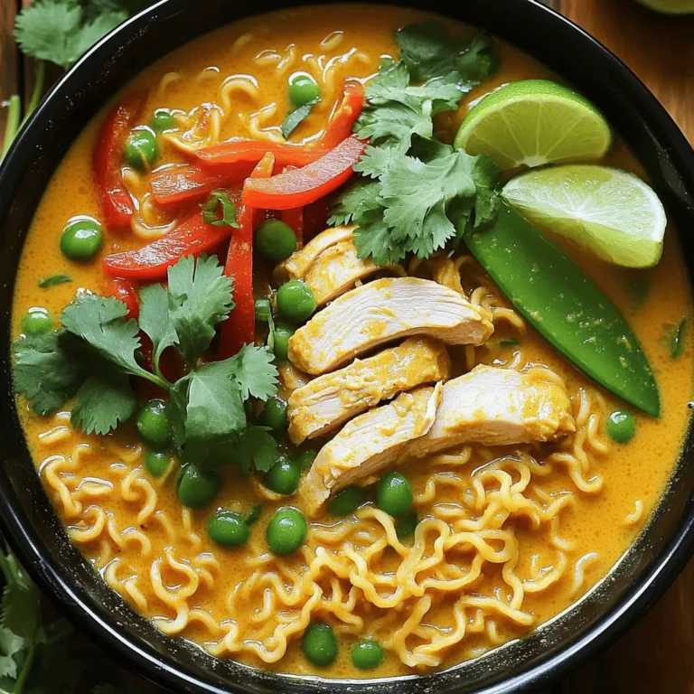 Um ein köstliches Kokos-Curry-Hühnchen-Ramen zuzubereiten, benötigst du einige Hauptzutaten. Diese Zutaten verleihen dem Gericht seinen besonderen Geschmack und die richtige Konsistenz. Hier sind die wichtigsten Zutaten: - 2 Hähnchenbrustfilets ohne Haut und Knochen, dünn geschnitten - 1 Esslöffel Kokosnussöl - 1 Esslöffel frischer Ingwer, gerieben - 3 Knoblauchzehen, fein gehackt - 2 Esslöffel rote Currypaste - 1 Dose (400 ml) Kokosmilch - 1 Liter Hühnerbrühe - 2 Esslöffel Sojasauce - 1 Esslöffel Limettensaft - 200 g Ramen-Nudeln - 1 Tasse Zuckerschoten - 1 rote Paprika, dünn geschnitten - 2 Frühlingszwiebeln, gehackt (zum Garnieren) - Frischer Koriander (zum Garnieren) - Limettenviertel (zum Servieren) Diese Zutaten sind die Basis für einen tollen Geschmack. Die Gewürze und zusätzlichen Zutaten sind wichtig für den vollen Geschmack. Du verwendest: - Rote Currypaste für Schärfe und Tiefe. - Sojasauce bringt Umami in die Brühe. - Limettensaft fügt eine frische Note hinzu. Mit diesen Gewürzen wird dein Ramen besonders lecker. Achte darauf, die Currypaste gut mit dem Hähnchen und den anderen Zutaten zu vermischen. Frische Zutaten machen einen großen Unterschied. Suche nach: - Hähnchenbrustfilets, die rosa und fest sind. - Kokosmilch in Dosen, die gut verschlossen sind. - Gemüse wie Paprika und Zuckerschoten, die knackig und leuchtend sind. Frische Zutaten sorgen für einen besseren Geschmack und eine schönere Farbe. Wenn du frische Zutaten wählst, wird dein Kokos-Curry-Hühnchen-Ramen ein Hit! Um das beste Ergebnis zu erzielen, beginne mit der Vorbereitung deiner Zutaten. Du brauchst: - 2 Hähnchenbrustfilets ohne Haut und Knochen, dünn geschnitten - 1 Esslöffel Kokosnussöl - 1 Esslöffel frischer Ingwer, gerieben - 3 Knoblauchzehen, fein gehackt - 2 Esslöffel rote Currypaste - 1 Dose (400 ml) Kokosmilch - 1 Liter Hühnerbrühe - 2 Esslöffel Sojasauce - 1 Esslöffel Limettensaft - 200 g Ramen-Nudeln - 1 Tasse Zuckerschoten - 1 rote Paprika, dünn geschnitten - 2 Frühlingszwiebeln, gehackt (zum Garnieren) - Frischer Koriander (zum Garnieren) - Limettenviertel (zum Servieren) Sorge dafür, dass alles bereit ist. Schneide das Hähnchen und das Gemüse vor. So bleibt der Kochprozess schnell und einfach. Starte mit einem großen Topf und erhitze das Kokosnussöl bei mittlerer Hitze. Füge den geriebenen Ingwer und den gehackten Knoblauch hinzu. Brate sie etwa 1 Minute lang, bis sie duften. Dann kommen die geschnittenen Hähnchenbrustfilets in den Topf. Brate sie an, bis sie nicht mehr rosa sind. Das dauert etwa 5 bis 7 Minuten. Jetzt ist es Zeit für die rote Currypaste. Rühre die Paste ein und lasse sie für weitere 2 Minuten braten. So verbinden sich die Aromen gut. Gieße dann die Kokosmilch und die Hühnerbrühe dazu. Rühre alles gut um und lasse die Mischung sanft köcheln. Füge die Sojasauce und den Limettensaft hinzu. Rühre nochmals um, um die Geschmäcker zu vereinen. Jetzt kommen die Ramen-Nudeln in den Topf. Koche sie gemäß der Packungsanleitung, meist 3 bis 4 Minuten. In der letzten Minute füge die Zuckerschoten und die geschnittene rote Paprika hinzu. Koche sie nur kurz, damit sie zart und farbenfroh bleiben. Schmecke die Brühe ab. Passe die Gewürze nach deinem Geschmack an, bevor du den Topf vom Herd nimmst. Zum Servieren schöpfe die Suppe in Schüsseln und garniere sie mit Frühlingszwiebeln und frischem Koriander. Reiche Limettenviertel dazu, um den Geschmack zu verstärken. Ein häufiger Fehler ist, das Hähnchen zu lange zu braten. Es sollte nur 5-7 Minuten garen. Wenn du es zu lange kochst, wird es trocken. Achte auch darauf, die Brühe nicht zu stark zu würzen, bevor du die Nudeln hinzugefügt hast. So kannst du den Geschmack besser kontrollieren. Das Gleichgewicht der Aromen ist entscheidend. Die Süße der Kokosmilch sollte die Schärfe der Currypaste ausgleichen. Wenn es zu scharf ist, füge einen Spritzer mehr Kokosmilch hinzu. Limettensaft bringt Frische. Ein Spritzer mehr kann helfen, die Aromen zu heben. Probiere es aus, bis du die perfekte Mischung findest. Ein großer Topf ist wichtig für dieses Rezept. Du brauchst auch ein scharfes Messer, um das Hähnchen und das Gemüse gut zu schneiden. Eine Reibe hilft, den Ingwer schnell vorzubereiten. Eine Schöpfkelle ist nützlich, um die Suppe in die Schalen zu füllen. Halte alles bereit, um den Kochprozess einfach und schnell zu gestalten. {{image_4}} Eine tolle Option ist das Gemüse-Curry-Ramen. Du kannst das Hähnchen einfach weglassen und stattdessen frisches Gemüse verwenden. Gute Wahl sind: - Brokkoli - Karotten - Paprika - Zucchini Brate das Gemüse in Kokosnussöl an, bevor du die Currypaste hinzufügst. Die Kokosmilch bleibt gleich. So erhältst du eine leckere, fleischlose Variante! Wenn du es scharf magst, füge mehr Gewürze hinzu. Chili-Flocken sind eine gute Wahl. Du kannst auch frische Chilis verwenden. Gib sie zusammen mit dem Ingwer und dem Knoblauch in den Topf. So bekommst du das richtige Feuer in deinem Curry-Ramen! Für glutenfreie Diäten kannst du glutenfreie Ramen-Nudeln verwenden. Diese sind in vielen Geschäften erhältlich. Wenn du eine low-carb Diät machst, kannst du die Nudeln durch Zucchini-Nudeln ersetzen. Sie sind leicht und passen gut zum Curry. Egal, für welche Variante du dich entscheidest, du wirst ein köstliches Gericht kreieren! Um deine Ramen-Reste frisch zu halten, verwende einen luftdichten Behälter. Fülle die Suppe und die Nudeln getrennt, wenn möglich. So bleiben die Nudeln nicht matschig. Lasse die Ramen auf Raumtemperatur abkühlen, bevor du sie in den Kühlschrank stellst. Für die Wiedererwärmung gibt es einfache Wege. Du kannst die Ramen in einem Topf bei mittlerer Hitze erwärmen. Füge etwas Wasser oder Brühe hinzu, damit die Nudeln nicht austrocknen. Alternativ kannst du auch die Mikrowelle nutzen. Erhitze die Ramen in einem mikrowellengeeigneten Behälter. Decke sie ab, um das Wasser zu halten. Im Kühlschrank sind die Ramen bis zu drei Tage haltbar. Achte darauf, sie gut abzudecken. Im Gefrierschrank halten sie bis zu zwei Monate. Du kannst die Suppe und die Nudeln auch getrennt einfrieren. So bleibt der Geschmack und die Textur besser erhalten. Du kannst Tofu oder Tempeh anstelle von Hähnchen verwenden. Diese Optionen sind perfekt für Vegetarier. Wenn du etwas mehr Geschmack möchtest, probiere marinierte Pilze. Sie geben der Brühe ein tolles Aroma. Die Kochzeiten können unterschiedlich sein. Zum Beispiel, Glasnudeln kochen schneller, etwa 2-3 Minuten. Eiernudeln brauchen etwa 5-6 Minuten. Achte darauf, die Packungsanleitung zu lesen. So bleibt dein Gericht immer lecker. Ja, du kannst das Rezept glutenfrei machen. Verwende glutenfreie Sojasauce und Ramen-Nudeln. Viele Marken bieten diese Optionen an. So kannst du den vollen Geschmack genießen, ohne Gluten. Das Kokos-Curry-Hühnchen-Ramen-Rezept ist einfach und lecker. Du hast die Hauptzutaten und Gewürze gelernt und wie man frische Zutaten auswählt. Die Schritt-für-Schritt-Anleitung hilft dir beim Kochen. Denk daran, häufige Fehler zu vermeiden und das Gleichgewicht der Aromen zu finden. Du kannst auch Variationen ausprobieren, wie die vegetarische oder scharfe Version. Vergiss nicht, die Reste richtig zu lagern. Mit diesen Tipps wirst du köstliche Ramen zaubern. Viel Spaß beim Kochen!