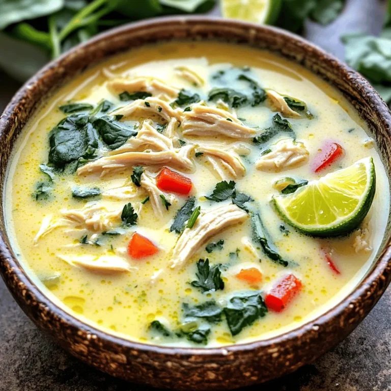 Um eine schmackhafte cremige Kokos-Limetten-Hühnchen-Suppe zu machen, brauchst du: - 2 Hähnchenbrustfilets ohne Haut und Knochen - 1 Esslöffel Olivenöl - 1 Zwiebel, gewürfelt - 3 Knoblauchzehen, fein gehackt - 1 Teelöffel frischer Ingwer, gerieben - 1 rote Paprika, gewürfelt - 1 Dose (400ml) Kokosmilch - 2 Tassen Hühnerbrühe - Saft und Schale von 2 Limetten - 1 Esslöffel Fischsauce (oder Sojasauce) - 1 Teelöffel gemahlener Kreuzkümmel - Salz und Pfeffer nach Geschmack - 1 Tasse frischer Spinat oder Grünkohl, grob gehackt - Frischer Koriander zum Garnieren - Limettenscheiben zum Servieren Manchmal hast du nicht alle Zutaten zur Hand. Hier sind einige Ersatzstoffe: - Hähnchenbrust: Du kannst auch Hähnchenschenkel verwenden. Sie sind saftiger. - Kokosmilch: Mandelmilch oder Sojamilch sind gute Alternativen, aber der Geschmack ändert sich. - Fischsauce: Sojasauce oder Tamari sind vegane Optionen. - Zwiebel: Schalotten oder Lauch können auch funktionieren. Frische Zutaten bringen mehr Geschmack. Zum Beispiel, frischer Ingwer hat ein besseres Aroma als das getrocknete Pulver. - Frisches Gemüse: Verwende frisches Gemüse, wenn möglich. Es bleibt knackig und hat mehr Nährstoffe. - Konservierte Kokosmilch: Diese ist praktisch und hat oft einen guten Geschmack. Achte auf die Qualität. Wenn du frische und konservierte Zutaten kombinierst, kannst du das Beste aus beiden Welten nutzen. Beginne damit, das Olivenöl in einem großen Topf bei mittlerer Hitze zu erhitzen. Füge die gewürfelte Zwiebel hinzu und brate sie etwa 5 Minuten lang, bis sie glasig ist. Dann gebe den gehackten Knoblauch und den geriebenen Ingwer dazu. Rühre beides gut um und brate es eine weitere Minute. Dies gibt der Suppe einen tollen Geschmack. Jetzt ist es Zeit, die gewürfelte rote Paprika hinzuzufügen. Lasse sie für 3-4 Minuten garen, bis sie weich wird. Würze das Gemisch mit Kreuzkümmel, Salz und Pfeffer. Rühre alles gut um, damit sich die Aromen verbinden. Lege die Hähnchenbrustfilets in den Topf. Gieße die Hühnerbrühe und die Kokosmilch darüber. Bringe die Mischung zum sanften Köcheln. Lasse das Hähnchen etwa 15-20 Minuten garen, bis es zart und durchgegart ist. Nehme die Hähnchenbrustfilets heraus und lasse sie kurz abkühlen. Währenddessen kannst du die nächsten Schritte vorbereiten. Füge den Limettensaft, die Limettenschale und die Fischsauce in die Suppe ein. Zerkleinere das gekochte Hähnchen und gebe es zurück in den Topf. Jetzt kommt der letzte Schliff: Füge den gehackten Spinat oder Grünkohl hinzu und rühre gut um. Lass die Blätter für 2-3 Minuten in der heißen Suppe verwelken. Schmecke die Suppe ab und passe das Aroma mit zusätzlichem Salz und Pfeffer nach Belieben an. Jetzt ist deine cremige Kokos-Limetten-Hühnchen-Suppe bereit, serviert zu werden! Um die Suppe noch cremiger zu machen, füge mehr Kokosmilch hinzu. Du kannst auch einen Schuss Sahne verwenden. Eine weitere Möglichkeit ist, eine kleine Menge Maisstärke in Wasser aufzulösen. Rühre dies in die Suppe, während sie köchelt. Dadurch wird die Konsistenz dicker und samtiger. Die richtige Gewürzmischung macht einen großen Unterschied. Neben Kreuzkümmel kann auch Koriander gut passen. Ein Hauch von Paprika bringt zusätzliche Farbe und Geschmack. Für einen interessanten Twist könntest du auch Curry-Pulver oder frischen Thymian hinzufügen. Jeder dieser Gewürze bringt die Aromen der Suppe stärker zur Geltung. Frische Kräuter sind ein Muss. Sie bringen Frische und Lebendigkeit. Du kannst frischen Koriander oder Basilikum verwenden. Hacke die Kräuter grob und füge sie kurz vor dem Servieren hinzu. Dadurch bleiben die Aromen erhalten. Auch frischer Spinat oder Grünkohl sind tolle Optionen. Sie fügen Farbe und Nährstoffe hinzu. {{image_4}} Wenn du eine vegetarische oder vegane Variante der cremigen Kokos-Limetten-Hühnchen-Suppe suchst, kannst du das Hähnchen einfach weglassen. Ersetze die Hähnchenbrust durch Tofuwürfel oder Kichererbsen. Diese geben der Suppe Protein und eine tolle Textur. Du kannst auch Gemüsebrühe anstelle von Hühnerbrühe verwenden. Das sorgt für einen leckeren, vollmundigen Geschmack. Saisonales Gemüse bringt frische Aromen in die Suppe. Du kannst zum Beispiel Karotten, Zucchini oder Erbsen hinzufügen. Diese Gemüsearten sind einfach zu finden und geben der Suppe Farbe und Nährstoffe. Schneide das Gemüse in kleine Stücke und brate es zusammen mit der Zwiebel und dem Knoblauch an. So entfalten sich die Geschmäcker perfekt. Wenn du es gerne scharf magst, füge Chili oder Sriracha hinzu. Ein kleiner Teelöffel Sriracha kann einen tollen Kick geben. Du kannst frische Chili in Scheiben schneiden und mit der roten Paprika anbraten. Achte darauf, die Menge nach deinem Geschmack anzupassen. So wird die Suppe nach deinem Wunsch würzig und spannend. Um die cremige Kokos-Limetten-Hühnchen-Suppe frisch zu halten, bewahre sie in einem luftdichten Behälter auf. Lass die Suppe auf Raumtemperatur abkühlen, bevor du sie in den Kühlschrank stellst. So bleibt der Geschmack besser erhalten. Im Kühlschrank kann die Suppe bis zu 3 Tage haltbar sein. Achte darauf, sie vor dem Servieren gut durchzurühren. Wenn du eine größere Menge gemacht hast, kannst du die Suppe auch einfrieren. Fülle die abgekühlte Suppe in Gefrierbeutel oder -behälter. Lass etwas Platz, damit die Suppe beim Einfrieren expandieren kann. Sie bleibt im Gefrierfach bis zu 3 Monate haltbar. Zum Auftauen lege die Suppe über Nacht in den Kühlschrank oder erwärme sie vorsichtig in einem Topf. Um die Reste aufzuwärmen, gib die Suppe in einen Topf und erhitze sie bei mittlerer Hitze. Rühre gelegentlich um, damit sie gleichmäßig warm wird. Füge bei Bedarf etwas Brühe oder Wasser hinzu, um die Konsistenz anzupassen. Du kannst auch frischen Spinat oder Koriander hinzufügen, um den Geschmack aufzufrischen. Du kannst die cremige Kokos-Limetten-Hühnchen-Suppe bis zu 4 Tage im Kühlschrank aufbewahren. Stelle sicher, dass du sie in einem luftdichten Behälter lagerst. Vor dem Servieren erhitze die Suppe gut, um sie frisch und lecker zu halten. Ja, du kannst gefrorenes Hähnchen verwenden. Achte darauf, das Hähnchen vorher vollständig aufzutauen. Es ist wichtig, die Hähnchenbrust bei mittlerer Hitze zu garen, damit sie zart bleibt. Folge einfach dem Rezept, um die Suppe perfekt zuzubereiten. Ja, diese Suppe ist glutenfrei. Die Hauptzutaten sind Hähnchen, Gemüse und Kokosmilch. Wenn du Fischsauce verwendest, prüfe die Marke, da einige Varianten Gluten enthalten können. Du kannst auch Sojasauce verwenden, die glutenfrei ist, um sicher zu gehen. Diese Suppe ist einfach zuzubereiten und sehr anpassbar. Wir haben die Zutaten und Möglichkeiten besprochen. Von frischen und konservierten Zutaten bis zu nahrhaften Variationen ist alles wichtig. Ich hoffe, die Tipps helfen dir, deine eigene perfekte Suppe zu kreieren. Denke auch an die richtige Lagerung, damit die Suppe frisch bleibt. Nutze die FAQs für weitere Fragen. Probiere verschiedene Wege aus, um dein Rezept zu personalisieren. Viel Spaß beim Kochen und Genießen!