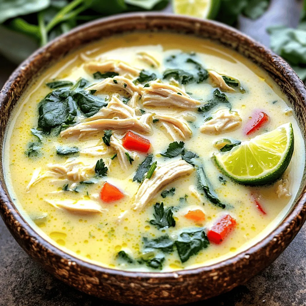 Um eine schmackhafte cremige Kokos-Limetten-Hühnchen-Suppe zu machen, brauchst du: - 2 Hähnchenbrustfilets ohne Haut und Knochen - 1 Esslöffel Olivenöl - 1 Zwiebel, gewürfelt - 3 Knoblauchzehen, fein gehackt - 1 Teelöffel frischer Ingwer, gerieben - 1 rote Paprika, gewürfelt - 1 Dose (400ml) Kokosmilch - 2 Tassen Hühnerbrühe - Saft und Schale von 2 Limetten - 1 Esslöffel Fischsauce (oder Sojasauce) - 1 Teelöffel gemahlener Kreuzkümmel - Salz und Pfeffer nach Geschmack - 1 Tasse frischer Spinat oder Grünkohl, grob gehackt - Frischer Koriander zum Garnieren - Limettenscheiben zum Servieren Manchmal hast du nicht alle Zutaten zur Hand. Hier sind einige Ersatzstoffe: - Hähnchenbrust: Du kannst auch Hähnchenschenkel verwenden. Sie sind saftiger. - Kokosmilch: Mandelmilch oder Sojamilch sind gute Alternativen, aber der Geschmack ändert sich. - Fischsauce: Sojasauce oder Tamari sind vegane Optionen. - Zwiebel: Schalotten oder Lauch können auch funktionieren. Frische Zutaten bringen mehr Geschmack. Zum Beispiel, frischer Ingwer hat ein besseres Aroma als das getrocknete Pulver. - Frisches Gemüse: Verwende frisches Gemüse, wenn möglich. Es bleibt knackig und hat mehr Nährstoffe. - Konservierte Kokosmilch: Diese ist praktisch und hat oft einen guten Geschmack. Achte auf die Qualität. Wenn du frische und konservierte Zutaten kombinierst, kannst du das Beste aus beiden Welten nutzen. Beginne damit, das Olivenöl in einem großen Topf bei mittlerer Hitze zu erhitzen. Füge die gewürfelte Zwiebel hinzu und brate sie etwa 5 Minuten lang, bis sie glasig ist. Dann gebe den gehackten Knoblauch und den geriebenen Ingwer dazu. Rühre beides gut um und brate es eine weitere Minute. Dies gibt der Suppe einen tollen Geschmack. Jetzt ist es Zeit, die gewürfelte rote Paprika hinzuzufügen. Lasse sie für 3-4 Minuten garen, bis sie weich wird. Würze das Gemisch mit Kreuzkümmel, Salz und Pfeffer. Rühre alles gut um, damit sich die Aromen verbinden. Lege die Hähnchenbrustfilets in den Topf. Gieße die Hühnerbrühe und die Kokosmilch darüber. Bringe die Mischung zum sanften Köcheln. Lasse das Hähnchen etwa 15-20 Minuten garen, bis es zart und durchgegart ist. Nehme die Hähnchenbrustfilets heraus und lasse sie kurz abkühlen. Währenddessen kannst du die nächsten Schritte vorbereiten. Füge den Limettensaft, die Limettenschale und die Fischsauce in die Suppe ein. Zerkleinere das gekochte Hähnchen und gebe es zurück in den Topf. Jetzt kommt der letzte Schliff: Füge den gehackten Spinat oder Grünkohl hinzu und rühre gut um. Lass die Blätter für 2-3 Minuten in der heißen Suppe verwelken. Schmecke die Suppe ab und passe das Aroma mit zusätzlichem Salz und Pfeffer nach Belieben an. Jetzt ist deine cremige Kokos-Limetten-Hühnchen-Suppe bereit, serviert zu werden! Um die Suppe noch cremiger zu machen, füge mehr Kokosmilch hinzu. Du kannst auch einen Schuss Sahne verwenden. Eine weitere Möglichkeit ist, eine kleine Menge Maisstärke in Wasser aufzulösen. Rühre dies in die Suppe, während sie köchelt. Dadurch wird die Konsistenz dicker und samtiger. Die richtige Gewürzmischung macht einen großen Unterschied. Neben Kreuzkümmel kann auch Koriander gut passen. Ein Hauch von Paprika bringt zusätzliche Farbe und Geschmack. Für einen interessanten Twist könntest du auch Curry-Pulver oder frischen Thymian hinzufügen. Jeder dieser Gewürze bringt die Aromen der Suppe stärker zur Geltung. Frische Kräuter sind ein Muss. Sie bringen Frische und Lebendigkeit. Du kannst frischen Koriander oder Basilikum verwenden. Hacke die Kräuter grob und füge sie kurz vor dem Servieren hinzu. Dadurch bleiben die Aromen erhalten. Auch frischer Spinat oder Grünkohl sind tolle Optionen. Sie fügen Farbe und Nährstoffe hinzu. {{image_4}} Wenn du eine vegetarische oder vegane Variante der cremigen Kokos-Limetten-Hühnchen-Suppe suchst, kannst du das Hähnchen einfach weglassen. Ersetze die Hähnchenbrust durch Tofuwürfel oder Kichererbsen. Diese geben der Suppe Protein und eine tolle Textur. Du kannst auch Gemüsebrühe anstelle von Hühnerbrühe verwenden. Das sorgt für einen leckeren, vollmundigen Geschmack. Saisonales Gemüse bringt frische Aromen in die Suppe. Du kannst zum Beispiel Karotten, Zucchini oder Erbsen hinzufügen. Diese Gemüsearten sind einfach zu finden und geben der Suppe Farbe und Nährstoffe. Schneide das Gemüse in kleine Stücke und brate es zusammen mit der Zwiebel und dem Knoblauch an. So entfalten sich die Geschmäcker perfekt. Wenn du es gerne scharf magst, füge Chili oder Sriracha hinzu. Ein kleiner Teelöffel Sriracha kann einen tollen Kick geben. Du kannst frische Chili in Scheiben schneiden und mit der roten Paprika anbraten. Achte darauf, die Menge nach deinem Geschmack anzupassen. So wird die Suppe nach deinem Wunsch würzig und spannend. Um die cremige Kokos-Limetten-Hühnchen-Suppe frisch zu halten, bewahre sie in einem luftdichten Behälter auf. Lass die Suppe auf Raumtemperatur abkühlen, bevor du sie in den Kühlschrank stellst. So bleibt der Geschmack besser erhalten. Im Kühlschrank kann die Suppe bis zu 3 Tage haltbar sein. Achte darauf, sie vor dem Servieren gut durchzurühren. Wenn du eine größere Menge gemacht hast, kannst du die Suppe auch einfrieren. Fülle die abgekühlte Suppe in Gefrierbeutel oder -behälter. Lass etwas Platz, damit die Suppe beim Einfrieren expandieren kann. Sie bleibt im Gefrierfach bis zu 3 Monate haltbar. Zum Auftauen lege die Suppe über Nacht in den Kühlschrank oder erwärme sie vorsichtig in einem Topf. Um die Reste aufzuwärmen, gib die Suppe in einen Topf und erhitze sie bei mittlerer Hitze. Rühre gelegentlich um, damit sie gleichmäßig warm wird. Füge bei Bedarf etwas Brühe oder Wasser hinzu, um die Konsistenz anzupassen. Du kannst auch frischen Spinat oder Koriander hinzufügen, um den Geschmack aufzufrischen. Du kannst die cremige Kokos-Limetten-Hühnchen-Suppe bis zu 4 Tage im Kühlschrank aufbewahren. Stelle sicher, dass du sie in einem luftdichten Behälter lagerst. Vor dem Servieren erhitze die Suppe gut, um sie frisch und lecker zu halten. Ja, du kannst gefrorenes Hähnchen verwenden. Achte darauf, das Hähnchen vorher vollständig aufzutauen. Es ist wichtig, die Hähnchenbrust bei mittlerer Hitze zu garen, damit sie zart bleibt. Folge einfach dem Rezept, um die Suppe perfekt zuzubereiten. Ja, diese Suppe ist glutenfrei. Die Hauptzutaten sind Hähnchen, Gemüse und Kokosmilch. Wenn du Fischsauce verwendest, prüfe die Marke, da einige Varianten Gluten enthalten können. Du kannst auch Sojasauce verwenden, die glutenfrei ist, um sicher zu gehen. Diese Suppe ist einfach zuzubereiten und sehr anpassbar. Wir haben die Zutaten und Möglichkeiten besprochen. Von frischen und konservierten Zutaten bis zu nahrhaften Variationen ist alles wichtig. Ich hoffe, die Tipps helfen dir, deine eigene perfekte Suppe zu kreieren. Denke auch an die richtige Lagerung, damit die Suppe frisch bleibt. Nutze die FAQs für weitere Fragen. Probiere verschiedene Wege aus, um dein Rezept zu personalisieren. Viel Spaß beim Kochen und Genießen!